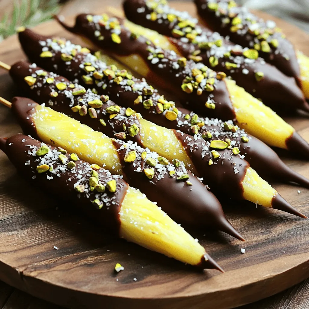 Für dieses einfache Rezept brauchst du folgende Hauptzutaten: - 1 frische Ananas, geschält und in Spieße oder Ringe geschnitten - 1 Tasse Zartbitter-Schokoladenstückchen (oder Milchschokoladenstückchen nach Wunsch) - 1 Esslöffel Kokosöl (optional für eine geschmeidigere Schokolade) Die Ananas ist frisch und saftig. Sie gibt dem Dessert einen tollen Geschmack. Die Schokolade bringt Süße und einen Hauch von Bitterkeit. Wenn du Kokosöl hinzufügst, wird die Schokolade schön glänzend und glatt. Du kannst dein Dessert mit einigen zusätzlichen Zutaten aufpeppen. Diese sind: - 1/4 Tasse ungesüßte Kokosraspeln - 1/4 Tasse zerstoßene Nüsse (wie Pistazien oder Mandeln) - Meersalz zum Bestreuen Die Kokosraspeln geben einen tropischen Geschmack. Die Nüsse fügen Knusprigkeit hinzu. Ein Hauch von Meersalz sorgt für einen tollen Kontrast zur Süße der Schokolade. Die Wahl der Schokolade ist wichtig. Zartbitter ist intensiver und hat weniger Zucker. Das macht den Geschmack reicher. Vollmilch ist süßer und cremiger. Du kannst je nach deinem Geschmack wählen. Beide Sorten passen gut zur Ananas. Wenn du die Schokolade magst, dann probiere beide aus. So findest du deinen Favoriten. Wenn du mehr über das Rezept erfahren möchtest, schau dir die Full Recipe an. Um die Ananas vorzubereiten, schälen Sie sie zuerst. Schneiden Sie sie dann in Spieße oder Ringe. Diese Formen sind sehr praktisch. Tupfen Sie die Stücke mit einem Papiertuch trocken. So bleibt die Schokolade besser haften. Jetzt kommt der spannende Teil: die Schokolade schmelzen. Nehmen Sie eine mikrowellengeeignete Schüssel. Geben Sie die Schokoladenstückchen hinein. Fügen Sie das Kokosöl hinzu, wenn Sie möchten. Erwärmen Sie die Mischung in der Mikrowelle. Machen Sie das in 30-Sekunden-Intervallen. Rühren Sie sie zwischendurch um. So wird die Schokolade glatt und cremig. Nehmen Sie ein Stück Ananas. Tauchen Sie es bis zur Hälfte in die geschmolzene Schokolade. Lassen Sie die überschüssige Schokolade zurück in die Schüssel tropfen. Streuen Sie sofort die Kokosraspeln oder zerstoßenen Nüsse darüber. Machen Sie das, solange die Schokolade noch feucht ist. Das gibt zusätzlichen Crunch. Legen Sie die schokoladenüberzogene Ananas auf ein mit Backpapier ausgelegtes Blech. Bestreuen Sie sie leicht mit Meersalz. Das gibt einen tollen Geschmack. Kühlen Sie das Blech für 15 bis 20 Minuten im Kühlschrank. Warten Sie, bis die Schokolade fest wird. Nach dem Kühlen können Sie die Ananas servieren. Sie sind perfekt als Dessert oder Snack. Für das komplette Rezept schauen Sie sich die [Full Recipe] an. Für schokoladenüberzogene Ananas empfehle ich Zartbitter- oder Milchschokolade. Zartbitter verleiht einen starken Geschmack. Milchschokolade ist süßer und cremiger. Beide Sorten schmecken toll. Ich mag es, Zartbitter mit Kokosöl zu mischen. Das macht die Schokolade glatter und einfacher zum Eintauchen. Frische Ananas bleibt am besten im Kühlschrank. Wickeln Sie die Ananas in ein feuchtes Tuch. So bleibt sie länger frisch. Geschnittene Ananas sollte in einem luftdichten Behälter aufbewahrt werden. So bleibt der Geschmack und die Feuchtigkeit erhalten. Verwenden Sie die Ananas innerhalb von drei bis fünf Tagen. Haben Sie nach dem Eintauchen noch Schokolade übrig? Gießen Sie sie in eine Form. Lassen Sie die Schokolade fest werden und genießen Sie sie später. Sie können auch Obst oder Nüsse in der Schokolade eintauchen. Das sind tolle Snacks! Wenn Sie Reste von geschmolzener Schokolade haben, bewahren Sie sie im Kühlschrank auf. So können Sie sie für Ihr nächstes Rezept verwenden. Diese Tipps machen das Erstellen von schokoladenüberzogener Ananas einfach und lecker. Probieren Sie die besten Schokoladen und lagern Sie die Ananas richtig! {{image_4}} Wenn du eine vegane Version von schokoladenüberzogener Ananas machen möchtest, gibt es tolle Optionen. Verwende dunkle Schokolade, die keine Milch enthält. Diese Schokolade hat oft einen starken Geschmack. Du kannst auch Kakaomasse mit Kokosöl mischen. Das ergibt eine glatte und leckere Schokolade. Achte darauf, dass die Schokolade vegan ist. So kannst du alle genießen! Du kannst deine schokoladenüberzogene Ananas ganz nach deinem Geschmack anpassen. Probiere verschiedene Toppings aus, um Abwechslung zu schaffen: - Kokosraspeln: Sie geben ein tropisches Flair. - Nüsse: Pistazien, Mandeln oder Walnüsse bieten einen knackigen Biss. - Früchte: Getrocknete Beeren oder gehackte Datteln fügen Süße hinzu. - Gewürze: Ein Hauch von Zimt oder Chili kann spannend sein. Jedes Topping bringt neuen Geschmack. Experimentiere und finde deine Lieblingskombination! Du kannst auch andere Früchte für dieses Rezept verwenden. Beeren wie Erdbeeren oder Himbeeren sind ideal. Bananen sind ebenfalls eine tolle Wahl. Diese Früchte nehmen die Schokolade gut auf. Denke daran, die Früchte gut zu waschen und trocken zu tupfen. So bleibt die Schokolade haften. Das Ergebnis ist immer lecker und macht Spaß! Schokoladenüberzogene Ananas bleibt frisch, wenn Sie sie richtig lagern. Bewahren Sie die Stücke in einem luftdichten Behälter auf. Dies schützt sie vor Feuchtigkeit und anderen Gerüchen im Kühlschrank. Legen Sie ein Stück Backpapier zwischen die Schichten, um ein Ankleben zu vermeiden. So bleibt die Schokolade schön und knusprig. Die Haltbarkeit von schokoladenüberzogenen Ananas beträgt etwa 3 bis 5 Tage im Kühlschrank. Achten Sie darauf, die Ananas vor dem Eintauchen gut abzutrocknen. Das verhindert, dass sich Wasser in der Schokolade bildet. Wenn die Schokolade trüb oder klebrig wird, ist das ein Zeichen, dass sie nicht mehr frisch ist. Einfrieren von schokoladenüberzogenen Ananas ist möglich, aber es gibt einige Dinge zu beachten. Wenn Sie die Ananas einfrieren, kann die Textur der Frucht leiden. Die Schokolade kann auch brüchig werden. Wenn Sie dennoch einfrieren möchten, legen Sie die Ananas auf ein Backblech und frieren Sie sie zuerst ein. Danach können Sie die gefrorenen Stücke in einen luftdichten Behälter geben. So bleiben sie etwa 2 Monate haltbar. Schokoladenüberzogene Ananas bleibt frisch im Kühlschrank. Sie können sie bis zu fünf Tage lagern. Achten Sie darauf, sie in einem luftdichten Behälter aufzubewahren. So bleibt die Schokolade knusprig und die Ananas saftig. Schokoladenüberzogene Ananas hat gesunde Aspekte. Ananas liefert Vitamine und Mineralien. Sie enthält auch Ballaststoffe, die gut für die Verdauung sind. Die Schokolade hat Antioxidantien, besonders Zartbitter-Schokolade. Genießen Sie sie in Maßen, um die Kalorien im Blick zu behalten. Fertige schokoladenüberzogene Ananas finden Sie in vielen Geschäften. Supermärkte und Feinkostläden bieten sie oft an. Auch Online-Shops haben eine gute Auswahl. Achten Sie darauf, die Zutatenliste zu prüfen, um die Qualität sicherzustellen. Ananas ist nicht nur lecker, sondern auch gesund. Sie enthält Vitamin C, das das Immunsystem stärkt. Außerdem hilft sie bei der Verdauung durch das Enzym Bromelain. Ananas hat auch entzündungshemmende Eigenschaften. Diese tollen Vorteile machen sie zu einer großartigen Wahl für Snacks und Desserts. Schokoladenüberzogene Ananas sind eine köstliche und einfache Leckerei. Wir haben die Zutaten, die Schritte und effektive Tipps behandelt. Vergessen Sie nicht, Ihre Ananas gut vorzubereiten und die Schokolade sorgfältig auszuwählen. Es gibt viele Varianten, die Sie ausprobieren können, von veganen Optionen bis zu verschiedenen Früchten. Lagern Sie die Ananas richtig, um ihre Frische zu bewahren. Mit diesen Tipps werden Sie sicher viel Freude am Zubereiten und Genießen haben. Probieren Sie es aus!