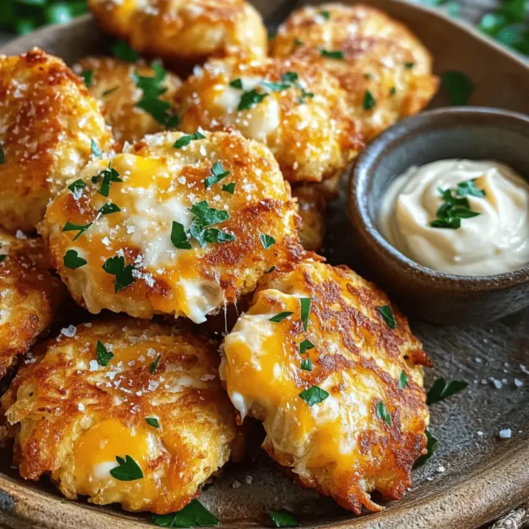 - 2 Tassen gekochtes Hühnchen, zerrupft - 1 Tasse geriebener Mozzarella - 1/2 Tasse geriebener Parmesan - 1/2 Tasse Semmelbrösel - 2 Eier, verquirlt - 1 Teelöffel Knoblauchpulver - 1 Teelöffel Zwiebelpulver - 1/2 Teelöffel schwarzer Pfeffer - 1/2 Teelöffel Salz - 2 Esslöffel frische Petersilie, gehackt - Öl zum Braten Die Mischung aus Käse und Hühnchen macht die Fritter besonders lecker. Mozzarella sorgt für eine sanfte Textur. Parmesan gibt einen kräftigen Geschmack. Diese Kombination bringt Freude in jedes Gericht. - 1/2 Tasse Mayonnaise - 2 Knoblauchzehen, gehackt - 1 Esslöffel Zitronensaft - Salz und Pfeffer nach Geschmack Die Knoblauch-Aioli ist einfach und schmeckt frisch. Die Mayonnaise macht sie cremig. Der Zitronensaft fügt eine spritzige Note hinzu. Diese Sauce passt perfekt zu den Frittern. Wenn du kein Hühnchen hast, kannst du auch Truthahn verwenden. Für eine vegetarische Option nimm Kichererbsen oder Quinoa. Anstelle von Mozzarella kannst du auch Gouda oder Cheddar verwenden. Für die Aioli kannst du vegane Mayonnaise benutzen. So findest du immer eine passende Lösung. Für das vollständige Rezept schaue dir die Anleitung an. Zuerst musst du das Hühnchen zubereiten. Nimm 2 Tassen gekochtes Hühnchen und zerrupfe es in kleine Stücke. Dann nimm eine große Schüssel. Füge das zerkleinerte Hühnchen, 1 Tasse geriebenen Mozzarella und 1/2 Tasse geriebenen Parmesan hinzu. Jetzt kommen die Semmelbrösel, 2 verquirlte Eier, 1 Teelöffel Knoblauchpulver, 1 Teelöffel Zwiebelpulver, 1/2 Teelöffel schwarzen Pfeffer und 1/2 Teelöffel Salz dazu. Vergiss die 2 Esslöffel frische gehackte Petersilie nicht. Rühre alles gut um. Du willst eine gleichmäßige Masse, die gut zusammenhält. Jetzt ist es Zeit, die Fritter zu formen. Nimm etwa eine Handvoll der Mischung. Rolle sie in eine Kugel und drücke sie dann leicht flach. Du solltest kleine Patties von etwa 5-7 cm Durchmesser erhalten. Achte darauf, dass sie gleichmäßig sind, damit sie gleichmäßig garen. Lege die Patties auf einen Teller, während du den Rest formst. Erhitze eine große Pfanne bei mittlerer Hitze. Gib genug Öl hinein, um den Boden leicht zu bedecken. Wenn das Öl heiß ist, lege vorsichtig die Fritter in die Pfanne. Überfülle die Pfanne nicht, damit sie gut braten können. Brate die Fritter etwa 4-5 Minuten pro Seite. Sie sollten goldbraun und durchgegart sein. Wenn sie fertig sind, nimm sie aus der Pfanne und lege sie auf einen mit Küchenpapier ausgelegten Teller. Das saugt das überschüssige Öl auf. Währenddessen kannst du die Knoblauch-Aioli zubereiten. Mische dafür Mayonnaise, gehackten Knoblauch, Zitronensaft, Salz und Pfeffer in einer kleinen Schüssel. Rühre gut um. Jetzt sind deine Käse-Hähnchen-Fritter bereit. Du kannst das vollständige Rezept hier finden: [Full Recipe]. Um die besten Käse-Hähnchen-Fritter zu machen, achte auf die Mischung. Die Konsistenz sollte fest, aber nicht trocken sein. Zu viel Semmelbrösel macht sie bröckelig. Wenn die Mischung zu feucht ist, füge mehr Semmelbrösel hinzu. Wenn sie zu trocken ist, kannst du einen weiteren verquirlten Ei hinzufügen. Die Käse-Mischung ist auch wichtig. Der Mozzarella sorgt für die Dehnbarkeit, während Parmesan den Frittern Geschmack verleiht. Du kannst die Fritter-Mischung einen Tag im Voraus zubereiten. Stelle sie einfach in den Kühlschrank. So ziehen die Aromen besser ein. Achte darauf, die Fritter erst kurz vor dem Braten zu formen. Das hält sie frisch und saftig. Wenn du die Fritter im Voraus braten möchtest, lasse sie abkühlen und bewahre sie in einem luftdichten Behälter im Kühlschrank auf. Serviere die Käse-Hähnchen-Fritter warm. Sie passen perfekt zu der Knoblauch-Aioli. Wenn du Gäste hast, richte die Fritter auf einem großen Teller an. Du kannst auch frische Petersilie darüber streuen. Das sieht schön aus und gibt einen frischen Geschmack. Biete einige Gemüse-Sticks oder Brot als Beilage an. So wird das Essen noch bunter und abwechslungsreicher. {{image_4}} Käse-Hähnchen-Fritter sind sehr flexibel. Du kannst verschiedene Käsesorten verwenden, um deinen Frittern einen neuen Geschmack zu geben. Mozzarella ist mild und schmelzend. Parmesan bringt einen würzigen Kick. Du kannst auch Cheddar für mehr Geschmack oder Feta für einen salzigen Hauch ausprobieren. Jedes Käse gibt den Frittern einen eigenen Charakter. Die Gewürze und Kräuter in diesem Rezept sind nur Vorschläge. Du kannst kreativ sein! Probiere Paprika für eine süße Note oder Cayennepfeffer für etwas Schärfe. Frische Kräuter wie Schnittlauch oder Basilikum können ebenfalls einen frischen Geschmack hinzufügen. Experimentiere mit deinen Lieblingsgewürzen, um die Fritter nach deinem Geschmack anzupassen. Falls du eine vegetarische Option suchst, ersetze das Hühnchen durch zerrupfte, gekochte Zucchini oder Blumenkohl. Diese Alternativen sind leicht und lecker. Achte darauf, die restlichen Zutaten, wie Käse und Eier, gleich zu belassen. Damit erhältst du immer noch die tolle Textur und den Geschmack der Fritter. Wenn du vegan bist, kannst du die Eier durch Leinsamen oder Apfelmus ersetzen. Möchtest du mehr über die Zubereitung erfahren? Schau dir das Full Recipe an! Wenn Sie Fritters übrig haben, ist die richtige Lagerung wichtig. Lassen Sie die Fritters zuerst auf Zimmertemperatur abkühlen. Legen Sie sie dann in einen luftdichten Behälter. Trennen Sie die Schichten mit einem Stück Backpapier, um ein Verkleben zu vermeiden. So bleiben sie frisch. Sie können sie bis zu drei Tage im Kühlschrank aufbewahren. Um Fritters länger zu lagern, können Sie sie einfrieren. Kühlen Sie die Fritters zuerst vollständig ab. Legen Sie sie in eine einzelne Schicht auf ein Backblech und frieren Sie sie ein. Sobald sie fest sind, packen Sie die Fritters in Gefrierbeutel. Vergessen Sie nicht, das Datum daraufzuschreiben. So können Sie sie bis zu drei Monate aufbewahren. Im Kühlschrank bleiben die Fritters frisch für etwa drei Tage. Achten Sie darauf, sie gut verpackt zu halten. Wenn sie länger stehen, verlieren sie ihren Geschmack und ihre Textur. Vor dem Essen sollten Sie sie wieder aufwärmen. Braten Sie sie kurz in der Pfanne oder im Ofen, um sie knusprig zu machen. So schmecken sie fast wie frisch zubereitet. Die Käse-Hähnchen-Fritter bleiben im Kühlschrank bis zu drei Tage frisch. Lagern Sie sie in einem luftdichten Behälter. So bleibt der Geschmack erhalten. Wenn Sie die Fritter aufwärmen, nutzen Sie eine Pfanne oder den Ofen. So werden sie wieder knusprig. Ja, die Fritter können im Air Fryer zubereitet werden. Heizen Sie den Air Fryer auf 180 Grad vor. Legen Sie die Fritter in den Korb. Braten Sie sie 10 bis 12 Minuten lang, bis sie goldbraun sind. Dies ist eine gesunde Methode, die weniger Öl benötigt. Um die Knoblauch-Aioli vegan zu machen, ersetzen Sie die Mayonnaise durch pflanzliche Mayo. Diese ist oft auf Basis von Soja oder Erbsen. Fügen Sie den gehackten Knoblauch und den Zitronensaft hinzu. Rühren Sie alles gut um. So erhalten Sie eine leckere vegane Aioli. In diesem Artikel haben wir die Zutaten für Käse-Hähnchen-Fritter besprochen. Ich gab dir eine Schritt-für-Schritt-Anleitung zum Zubereiten, Braten und Servieren. Wir schauten uns auch Tipps für die perfekte Konsistenz und verschiedene Variationen an. Schließlich erklärte ich die besten Lagerungshinweise und beantwortete häufige Fragen. Käse-Hähnchen-Fritter sind einfach zuzubereiten und vielseitig. Probiere verschiedene Käsesorten und Gewürze aus, um dein Gericht zu personalisieren. So schmeckt es immer lecker und frisch!