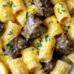 Knoblauchbutter Steak Tips mit Käse-Rigatoni Genuss