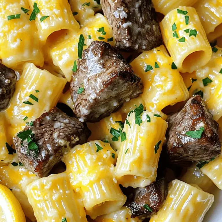 - 450 g Sirloin Steak, in mundgerechte Würfel geschnitten - 60 g ungesalzene Butter, aufgeteilt - 4 Knoblauchzehen, fein gehackt - 1 Teelöffel frischer Rosmarin, gehackt - 1 Teelöffel frischer Thymian, gehackt - 225 g Rigatoni Pasta - 240 ml Sahne - 100 g geriebener Cheddar Käse - 50 g geriebener Parmesan Käse - 1/4 Tasse frische Petersilie, gehackt - Salz und Pfeffer nach Geschmack - Zitronenschnitze zum Servieren Ich liebe die Kombination von Steak und Käse-Rigatoni. Diese Zutaten machen das Gericht so lecker. Das Sirloin Steak bringt tollen Geschmack. Es hat die perfekte Textur und zartes Fleisch. Die ungesalzene Butter sorgt für eine reichhaltige Grundlage. Der Knoblauch gibt dem Gericht eine aromatische Note. Rosmarin und Thymian fügen schöne Kräuteraromen hinzu. Die Rigatoni Pasta ist ideal für die cremige Käsesauce. Sie hält die Sauce gut fest. Die Sahne macht die Sauce reichhaltig und cremig. Cheddar und Parmesan Käse bringen die nötige Würze. Die frische Petersilie sorgt für einen frischen Farbtupfer. Um das Gericht abzurunden, brauchen wir noch Salz und Pfeffer. Zitronenschnitze geben einen spritzigen Kick beim Servieren. Das sind die Hauptzutaten für Knoblauchbutter Steak Tips mit Käse-Rigatoni. Wenn du die Schritte nach dem [Full Recipe] befolgst, wird es ein Hit! - Bringen Sie gesalzenes Wasser zum Kochen. - Kochen Sie die Rigatoni al dente. Um die perfekte Pasta zu machen, füllen Sie einen großen Topf mit Wasser. Fügen Sie eine großzügige Menge Salz hinzu. Das hilft, die Pasta zu würzen. Lassen Sie das Wasser sprudelnd kochen. Dann geben Sie die Rigatoni hinein. Rühren Sie die Pasta gut um. So kleben die Stücke nicht zusammen. Kochen Sie die Rigatoni für etwa 10 Minuten, bis sie al dente sind. Das bedeutet, dass die Pasta innen noch etwas Biss hat. Gießen Sie die Rigatoni ab, aber bewahren Sie etwas Nudelwasser auf. Dies hilft später, die Sauce zu verdünnen. - Würzen und anbraten bis medium-rare. - Steak aus der Pfanne nehmen. Jetzt kommt das Steak. Nehmen Sie 450 g Sirloin Steak und schneiden Sie es in kleine Würfel. Würzen Sie die Stücke mit Salz und Pfeffer. Erhitzen Sie in einer großen Pfanne 30 g Butter bei mittlerer Hitze. Wenn die Butter schäumt, legen Sie die Steakwürfel hinein. Braten Sie das Steak für 3 bis 4 Minuten auf jeder Seite. So wird es schön medium-rare. Nutzen Sie ein Fleischthermometer, um die Temperatur zu prüfen. Nehmen Sie das Steak aus der Pfanne und stellen Sie es beiseite. - Butter schmelzen und Gewürze hinzufügen. - Aromatisieren und vorbereiten. In der gleichen Pfanne, wo das Steak war, schmelzen Sie die restlichen 30 g Butter. Reduzieren Sie die Hitze auf mittel. Fügen Sie 4 fein gehackte Knoblauchzehen, 1 Teelöffel frischen Rosmarin und 1 Teelöffel frischen Thymian hinzu. Sautieren Sie die Mischung etwa 1 Minute lang. So entfalten sich die Aromen gut. - Sahne hinzufügen und zum Köcheln bringen. - Käsesorten einrühren. Gießen Sie 240 ml Sahne in die Pfanne. Lassen Sie die Mischung leicht köcheln. Fügen Sie 100 g geriebenen Cheddar und 50 g Parmesan hinzu. Rühren Sie die Käsesorten gut ein, bis sie schmelzen. Wenn die Sauce zu dick wird, geben Sie etwas vom Nudelwasser dazu. So wird die Sauce schön cremig. - Rigatoni und Steak in die Käsesauce geben. - Gut durchmischen und abschmecken. Jetzt ist es Zeit, alles zu kombinieren. Geben Sie die abgetropften Rigatoni und das Steak in die Käsesauce. Mischen Sie alles gut durch. So wird die Pasta gleichmäßig mit der Sauce bedeckt. Probieren Sie die Mischung und passen Sie die Würze nach Geschmack an. - Auf Teller anrichten und garnieren. - Mit Zitronenschnitzen servieren. Legen Sie die Steak- und Käsesauce-Rigatoni auf Teller. Bestreuen Sie das Gericht mit 1/4 Tasse gehackter Petersilie. Servieren Sie Zitronenschnitze dazu. Der Zitronensaft gibt einen frischen Kick und passt gut zum Gericht. Wenn Sie die Schritte befolgen, haben Sie ein leckeres Essen. Für die komplette Zubereitung, schauen Sie sich das [Full Recipe] an. - Wählen Sie die richtige Garstufe. Medium-rare gibt den besten Geschmack. - Lassen Sie das Steak nach dem Anbraten ruhen. Das macht es zart und saftig. - Regulieren Sie die Konsistenz mit dem Nudelwasser. So bleibt die Sauce cremig. - Probieren Sie verschiedene Käsevarianten aus. Gouda oder Mozzarella geben neue Aromen. - Richten Sie das Gericht schön an. Ein ansprechendes Design macht Freude beim Essen. - Fügen Sie Garnierungen hinzu. Frische Petersilie bringt Farbe und Geschmack. Für das volle Rezept, schauen Sie sich die vollständige Anleitung an: [Full Recipe]. {{image_4}} Für die vegetarische Version können Sie das Steak durch Pilze ersetzen. Champignons oder Portobello eignen sich gut. Sie haben einen tollen Geschmack und eine schöne Textur. Um die Käse-Rigatoni rein vegetarisch zu machen, verwenden Sie einfach Gemüsebrühe anstelle von Fleischbrühe in der Käsesauce. Fügen Sie auch Gemüse wie Spinat oder Zucchini hinzu, um mehr Farbe und Nährstoffe zu bekommen. Um zusätzliche Aromen hinzuzufügen, probieren Sie frischen Basilikum oder Oregano aus. Diese Kräuter bringen einen neuen Geschmack in die Sauce. Mögen Sie es scharf? Fügen Sie ein paar Chiliflocken oder eine Prise Cayennepfeffer hinzu. Das gibt dem Gericht einen heißen Kick und macht es noch interessanter. Ein frischer Salat passt gut zu diesem Gericht. Ein einfacher grüner Salat mit einem leichten Dressing ist ideal. Gebratenes Gemüse, wie Brokkoli oder Karotten, sind auch tolle Beilagen. Wenn Sie Brot mögen, versuchen Sie ein knuspriges Baguette oder Focaccia dazu. Es gibt nichts Besseres, als die köstliche Käsesauce damit aufzutunken. Wie lange ist das Gericht haltbar? Knoblauchbutter Steak Tips mit Käse-Rigatoni sind im Kühlschrank bis zu drei Tage haltbar. Ich empfehle, das Gericht schnell abzukühlen und dann zu lagern. So bleibt der Geschmack frisch. Geeignete Behälter für die Lagerung Verwende luftdichte Behälter aus Glas oder Kunststoff. Diese helfen, den Geschmack und die Feuchtigkeit zu bewahren. Achte darauf, den Behälter gut zu verschließen, um Gerüche zu vermeiden. Tipps zum Einfrieren und Auftauen Für das Einfrieren sind Portionsbehälter ideal. Teile das Gericht in kleinere Portionen auf. So taust du nur so viel auf, wie du brauchst. Zum Auftauen stelle den Behälter über Nacht in den Kühlschrank. Beste Vorgehensweise für die Qualität Wenn du die Reste einfrierst, achte darauf, die Luft aus den Behältern zu drücken. Das verhindert Gefrierbrand. Die beste Qualität erhältst du, wenn du das Gericht innerhalb von drei Monaten verbrauchst. Methoden zum Erwärmen ohne Verlust von Geschmack Die Mikrowelle ist schnell, aber das Aufwärmen auf dem Herd bewahrt mehr Geschmack. Erhitze das Gericht sanft in einer Pfanne mit etwas Wasser oder Brühe. So bleibt es schön cremig. Optimale Temperaturen für die Mikrowelle oder den Ofen In der Mikrowelle erwärmst du bei mittlerer Hitze für zwei bis drei Minuten. Im Ofen solltest du 180 Grad Celsius wählen und etwa 15 Minuten einplanen. Decke das Gericht ab, um ein Austrocknen zu vermeiden. Für das vollständige Rezept besuche den Abschnitt [Full Recipe]. Die Zubereitung von Knoblauchbutter Steak Tips mit Käse-Rigatoni dauert insgesamt 30 Minuten. - Vorbereitungszeit: 15 Minuten - Kochzeit: 15 Minuten Diese schnelle Zeit macht es einfach, dieses Gericht auch an einem Wochentag zu genießen. Die Schritte sind einfach und die Zutaten sind leicht zu finden. Ja, du kannst die Käse-Sauce im Voraus zubereiten. - Lagerung: Lass die Sauce nach dem Kochen abkühlen und fülle sie in einen luftdichten Behälter. - Aufwärmung: Wenn du bereit bist zu essen, erwärme die Sauce sanft in einem Topf. Füge etwas Sahne oder Nudelwasser hinzu, um die Konsistenz zu verbessern. So sparst du Zeit, wenn du das Gericht zubereitest. Es gibt viele leckere Alternativen zu Rigatoni. - Penne: Diese Form hat eine ähnliche Textur und passt gut zur Sauce. - Fusilli: Die Spiralen nehmen die Sauce gut auf. - Spaghetti: Diese klassische Pasta ist immer eine gute Wahl. Jede dieser Optionen bringt ihren eigenen Charme in das Gericht. Um das Gericht schärfer zu machen, füge einfach etwas Schärfe hinzu. - Chiliflocken: Streue sie in die Sauce für einen tollen Kick. - Frische Chilis: Hacke sie klein und füge sie während des Kochens hinzu. - Scharfe Soße: Ein Spritzer davon bringt extra Würze. So kannst du das Gericht nach deinem Geschmack anpassen. Für die vollständigen Details und die Zubereitung schau dir das [Full Recipe] an. In diesem Artikel haben wir ein köstliches Rezept für Knoblauchbutter Steak mit Käse-Rigatoni erkundet. Sie haben die Zutaten, die Zubereitungsschritte, und wertvolle Tipps gelernt. Denken Sie daran, mit Kräutern und Gewürzen zu experimentieren. Variieren Sie das Rezept nach Ihrem Geschmack. Lagern und wärmen Sie das Gericht richtig auf, um Geschmack zu bewahren. Genießen Sie die Freude am Kochen und die leckeren Ergebnisse. Kochen Sie kreativ, und lassen Sie sich inspirieren!