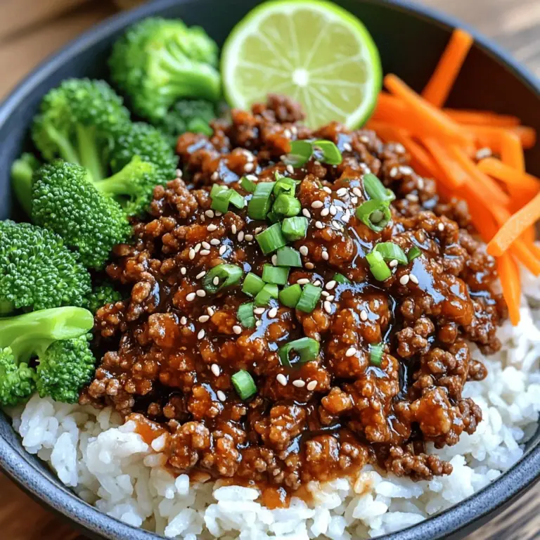 Für den Korean Ground Beef Bowl benötigst du einige Hauptzutaten. Diese sind wichtig für den vollen Geschmack: - 450 g Rinderhackfleisch - 4 Knoblauchzehen, gehackt - 2,5 cm frischer Ingwer, gerieben - 3 Esslöffel Sojasauce - 2 Esslöffel brauner Zucker - 1 Esslöffel Sesamöl - 1 Esslöffel Reisessig - 1 Teelöffel Gochugaru (koreanische Chiliflocken) - 2 Frühlingszwiebeln, fein gehackt - 480 g gekochter Jasminreis - 150 g gedämpfte Brokkoliröschen - 1 Karotte, in feine Streifen geschnitten - Sesamsamen zum Garnieren Diese Zutaten sind die Grundlage für ein schnelles und schmackhaftes Essen. Die Gewürze und Öle geben deinem Gericht das besondere Etwas. Hier sind die wichtigen: - Sojasauce sorgt für die salzige Tiefe. - Brauner Zucker bringt eine süße Note. - Sesamöl fügt einen nussigen Geschmack hinzu. - Reisessig sorgt für Frische. - Gochugaru gibt den scharfen Kick. Diese Gewürze harmonieren perfekt mit dem Rinderhackfleisch und bringen die Aromen zum Leuchten. Gemüse macht das Gericht bunt und gesund. Du kannst folgende Sorten hinzufügen: - Brokkoli bringt einen schönen Crunch. - Karotten fügen Süße und Farbe hinzu. - Du kannst auch Paprika oder Zucchini hinzufügen. Gemüse verbessert die Textur und den Nährwert deines Korean Ground Beef Bowl. So wird das Essen nicht nur lecker, sondern auch nahrhaft. Wenn du mehr Details zur Zubereitung möchtest, schau dir das Full Recipe an. Beginne mit dem Rinderhackfleisch. Verwende frisches oder gefrorenes Hackfleisch. Bei gefrorenem Fleisch, taue es zuerst auf. Erhitze eine große Pfanne bei mittlerer Hitze. Füge das Rinderhackfleisch hinzu. Brate es an, bis es gut durchgegart ist. Teile das Fleisch mit einem Spatel. Lasse überschüssiges Fett ab, wenn nötig. Achte darauf, dass das Fleisch gleichmäßig bräunt. Dies gibt dem Gericht einen tollen Geschmack. Jetzt ist es Zeit für den Knoblauch und den Ingwer. Hacke vier Knoblauchzehen und reibe zwei bis zweieinhalb Zentimeter frischen Ingwer. Gib beides in die Pfanne mit dem Rinderhackfleisch. Sautiere die Mischung etwa eine Minute lang. Der Duft wird schnell den Raum füllen. Dies bringt viel Geschmack in dein Gericht. Achte darauf, den Knoblauch nicht zu verbrennen, da er sonst bitter schmeckt. Jetzt kommt der spannende Teil: die Sauce. In einer kleinen Schüssel vermische die Sojasauce, den braunen Zucker, das Sesamöl, den Reisessig und das Gochugaru. Rühre gut um, bis sich der Zucker auflöst. Gieße die Sauce über das angebratene Rinderhackfleisch. Rühre alles gut um, damit das Fleisch gleichmäßig überzogen ist. Lass die Mischung für drei bis vier Minuten köcheln. Dies gibt der Sauce Zeit, in das Fleisch einzuziehen. Dein Korean Ground Beef Bowl ist fast fertig! Für das vollständige Rezept, schau bitte hier: [Full Recipe]. Um das beste Rinderhackfleisch zu bekommen, achte auf die Pfanne. Eine große, beschichtete Pfanne hilft, das Fleisch gleichmäßig zu braten. Erhitze die Pfanne gut, bevor du das Fleisch hinzufügst. So bleibt das Fleisch saftig und zart. Zerteile es während des Bratens mit einem Spatel in kleine Stücke. Achte darauf, dass das Fleisch gleichmäßig bräunt. Überprüfe es regelmäßig, um ein Anbrennen zu vermeiden. Die Präsentation macht das Essen besonders. Beginne mit einer Schicht Jasminreis. Nimm eine großzügige Portion Rinderhackfleisch und lege sie auf den Reis. Füge dann die gedämpften Brokkoliröschen und die Karottenstreifen hinzu. Garniere das Gericht mit Frühlingszwiebeln und einem Sprinkler Sesamsamen. Eine Limettenscheibe auf der Seite sorgt für frische Farben. Diese kleinen Details machen dein Gericht einladend und lecker. Ein häufiger Fehler ist, das Rinderhackfleisch zu lange zu braten. Dies macht es trocken und zäh. Achte darauf, die Sauce nicht zu früh hinzuzufügen. Die Sauce sollte das Fleisch erst nach dem Anbraten umhüllen. Ein weiterer Fehler ist die Verwendung von zu viel Öl. Verwende nur so viel Öl, dass das Fleisch nicht anklebt. So bleibt die Textur angenehm und das Gericht wird nicht fettig. {{image_4}} Es gibt viele Wege, den Korean Ground Beef Bowl anzupassen. Zum Beispiel kannst du das Rinderhack durch Hähnchen oder Truthahn ersetzen. Diese Fleischsorten bieten einen anderen Geschmack, aber bleiben lecker. Du kannst auch den Zucker im Rezept durch Honig ersetzen. Das gibt eine süße Note. Wenn du es schärfer magst, füge mehr Gochugaru hinzu. Ein Spritzer Sriracha kann auch helfen. Für eine fruchtige Variante kannst du Ananasstücke in die Mischung geben. So wird das Gericht noch bunter. Die Beilagen machen dein Gericht besonders. Neben dem Jasminreis kannst du braunen Reis oder Quinoa verwenden. Diese Optionen sind gesünder und geben mehr Biss. Probier auch verschiedene Gemüse! Zucchini oder Paprika passen gut dazu. Für mehr Crunch kannst du knackige Gurken oder Radieschen hinzufügen. Ein frischer Salat aus Rucola und Spinat ist auch eine tolle Ergänzung. Das macht die Schalen noch bunter und nahrhafter. Wenn du eine vegetarische oder vegane Option suchst, gibt es tolle Alternativen. Ersetze das Rinderhack durch Tofu oder Tempeh. Beides nimmt die Aromen gut auf. Du kannst auch Linsen verwenden, um eine proteinreiche Option zu schaffen. Verwende die gleiche Soße, um den Geschmack zu erhalten. Gemüse wie Champignons oder Auberginen geben eine fleischige Textur. So bleibt der Korean Ground Beef Bowl lecker und nahrhaft. Um die Reste deines Korean Ground Beef Bowl frisch zu halten, fülle sie in einen luftdichten Behälter. Stelle sicher, dass der Behälter gut verschlossen ist. So bleibt der Geschmack und die Textur erhalten. Du kannst die Reste bis zu drei Tage im Kühlschrank aufbewahren. Wenn du das Gericht länger lagern möchtest, friere es ein. Teile die Portionen in Einzelbehälter auf. So kannst du nur das auftauen, was du brauchst. Zum Auftauen lege den Behälter über Nacht in den Kühlschrank. Du kannst es auch in der Mikrowelle schnell auftauen. Im Kühlschrank hält sich der Korean Ground Beef Bowl bis zu drei Tage. Achte darauf, die Reste gut zu verpacken, um Gerüche zu vermeiden. Wenn du einen komischen Geruch bemerkst, wirf die Reste weg. Sicherheit ist wichtig. Der Korean Ground Beef Bowl hat eine milde bis moderate Schärfe. Die Schärfe kommt von Gochugaru, einer koreanischen Chiliflocke. Du kannst die Menge anpassen, um die Schärfe zu erhöhen oder zu verringern. Wenn du es milder magst, verwende weniger Gochugaru. Probiere es aus, um deinen perfekten Schärfegrad zu finden! Ja, du kannst das Rezept im Voraus zubereiten. Das Rinderhackfleisch lässt sich gut aufbewahren. Koche es und lagere es in einem luftdichten Behälter im Kühlschrank. Es bleibt bis zu drei Tage frisch. Du kannst auch die Sauce im Voraus machen. So sparst du Zeit, wenn du das Gericht servieren möchtest. Einfach vor dem Servieren alles aufwärmen und mit dem Reis kombinieren. Zu einem Korean Ground Beef Bowl passen viele Beilagen. Hier sind einige tolle Optionen: - Gedämpfter Brokkoli - Karotten in Streifen - Gurkensalat - Kimchi - Edamame Diese Beilagen ergänzen die Aromen des Gerichts perfekt. Du kannst auch frische Salate hinzufügen, um mehr Farbe und Geschmack zu bringen. Experimentiere mit verschiedenen Beilagen, um deine ideale Kombination zu finden! Der Korean Ground Beef Bowl vereint einfache Zutaten und leckere Aromen. Wir haben die Hauptzutaten, Gewürze und köstliches Gemüse betrachtet. Eine Schritt-für-Schritt-Anleitung hilft dir, das Gericht perfekt zuzubereiten. Tipps sorgen für den besten Geschmack und ansprechende Präsentation. Variationen zeigen dir kreative Anpassungen. Schließlich gibt es wichtige Lagerinformationen und Antworten auf häufige Fragen. Mit diesen Infos kannst du dein eigenes Gericht genießen. Probiere es aus und koche kreativ!