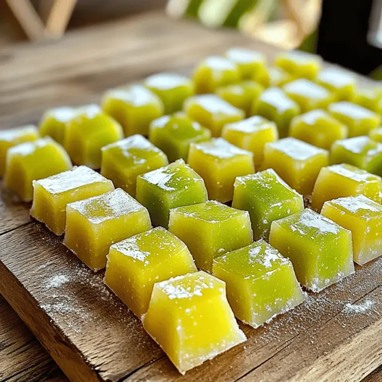 Die Hauptzutaten für die sauren Apfel Fruchtkaubonbons sind frisch und leicht erhältlich. Du brauchst: - 2 Tassen grüne Äpfel, geschält und fein gehackt - 1 Tasse Apfelsaft - 3 Esslöffel Zitronensaft - 1 Tasse Kristallzucker - 1 Esslöffel Zitronensäure - 2 Esslöffel Agar-Agar-Pulver - 1/2 Teelöffel Salz - 1 Teelöffel Vanilleextrakt - Speisestärke zum Bestäuben Diese Zutaten geben den Kaubonbons ihren frischen, sauren Geschmack. Die grünen Äpfel sind der Star dieses Rezepts. Sie bringen die perfekte Balance aus Süße und Säure. Einige Zutaten sind wichtig, um die Fruchtkaubonbons perfekt zu machen. - Zitronensäure: Sie verstärkt den sauren Geschmack und sorgt für Frische. - Agar-Agar: Dieses pflanzliche Geliermittel hilft, die richtige Konsistenz zu erzielen. - Zucker: Er süßt die Mischung und macht sie schmackhaft. - Vanilleextrakt: Dieser fügt eine subtile Süße hinzu und rundet den Geschmack ab. Diese Zutaten arbeiten zusammen, um den einzigartigen Geschmack und die Textur zu schaffen. Wähle frische Zutaten für die besten Ergebnisse. Hier sind einige Tipps: - Äpfel: Suche nach festen, grünen Äpfeln. Sie sind frisch und haben den besten Geschmack. - Apfelsaft: Verwende 100% Apfelsaft ohne Zuckerzusatz. So bleibt der Geschmack rein. - Zucker: Verwende feinen Kristallzucker. Er löst sich besser auf und sorgt für eine glatte Textur. Frische und hochwertige Zutaten machen den Unterschied. Sie helfen dir, köstliche und saftige Fruchtkaubonbons zu kreieren. Zuerst brauchst du die grünen Äpfel. Schäle sie und hacke sie klein. Nimm zwei Tassen dieser Äpfel und gib sie in einen Mixer. Füge eine Tasse Apfelsaft hinzu. Mixe alles gut, bis die Mischung glatt ist. Gieße die Apfelmasse in einen mittleren Topf. Jetzt kommt der spannende Teil! Rühre den Zitronensaft, Kristallzucker, Zitronensäure, Salz und Vanilleextrakt in die Apfelmasse. Erhitze die Mischung bei mittlerer Hitze. Rühre dabei oft um, bis die Masse köchelt. Das Verdicken ist wichtig für die Kaubonbons. Streue das Agar-Agar-Pulver gleichmäßig über die Mischung. Rühre gut um, bis es sich auflöst. Lasse es für 5 bis 7 Minuten weiterkochen. Die Mischung sollte dicker werden. Jetzt ist es Zeit zu gießen! Nimm eine gefettete 9x9 Zoll Form und gieße die Apfelmasse hinein. Verteile sie gleichmäßig. Lass die Mischung bei Raumtemperatur etwa 10 Minuten abkühlen. Danach kommt die Form in den Kühlschrank, damit alles fest wird. Das dauert mindestens 2 Stunden. Wenn die Fruchtkaubonbons fest sind, nimm sie vorsichtig aus der Form. Verwende ein scharfes Messer und schneide die Masse in kleine Quadrate. Bestäube jedes Quadrat leicht mit Speisestärke. Das verhindert, dass sie kleben. Jetzt kannst du die Fruchtkaubonbons genießen! Du kannst sie sofort servieren. Wenn du welche übrig hast, bewahre sie in einem luftdichten Behälter auf. Sie bleiben bei Raumtemperatur bis zu einer Woche frisch. Ein häufiges Problem ist die Mischung. Wenn die Äpfel nicht gut püriert sind, bleiben Klumpen. Diese Klumpen können die Textur der Fruchtkaubonbons stören. Ein weiterer Fehler ist das falsche Verhältnis von Zutaten. Zu viel Zucker macht sie zu süß, während zu wenig Zitronensäure den sauren Geschmack mindert. Achte darauf, die Zutaten genau zu messen. Um den Geschmack zu verbessern, kannst du verschiedene Apfelsorten verwenden. Granny Smith gibt eine schöne Säure, während andere Sorten milder sind. Füge auch etwas mehr Zitronensaft hinzu, wenn du die Fruchtkaubonbons saurer magst. Ein Spritzer Limette kann ebenfalls einen frischen Kick geben. Experimentiere ruhig mit den Mengen, bis du die perfekte Mischung findest. Wenn du eine andere Textur möchtest, kannst du die Menge an Agar-Agar anpassen. Mehr Agar-Agar macht die Kaubonbons fester, während weniger sie weicher macht. Für eine vegane Option kannst du Agar-Agar anstelle von Gelatine verwenden. Du kannst auch andere Früchte wie Birnen oder Himbeeren hinzufügen. Diese Variationen machen die Fruchtkaubonbons noch interessanter und leckerer. Für das gesamte Rezept, schau dir die [Full Recipe] an. {{image_4}} Du kannst die sauren Apfel Fruchtkaubonbons einfach anpassen. Probiere Birnen, Erdbeeren oder Himbeeren. Diese Früchte bringen neue Aromen. Du kannst auch einen Mix aus Äpfeln und anderen Früchten verwenden. So erhältst du eine fruchtige Vielfalt. Experimentiere mit verschiedenen Säuren. Limetten- oder Orangensaft geben eine interessante Note. Die Rezeptur ist bereits glutenfrei, was super ist. Du kannst auch die vegane Option wählen. Verwende pflanzliche Geliermittel wie Agar-Agar. Achte darauf, dass der Zucker vegan ist. So machst du die Kaubonbons für jeden geeignet. Es gibt viele Alternativen zu traditionellen Zutaten. Kombiniere deine Fruchtkaubonbons mit anderen Aromen. Mango oder Ananas können einen tropischen Twist geben. Mische auch Gewürze wie Zimt oder Ingwer für mehr Tiefe. Diese Kombinationen machen deine Kaubonbons einzigartig. Du kannst auch Nüsse oder Kokosraspel hinzufügen. So entstehen köstliche Snacks für jeden Anlass. Um die Fruchtkaubonbons frisch zu halten, lagern Sie sie in einem luftdichten Behälter. Ein Glasbehälter funktioniert gut. Stellen Sie den Behälter an einem kühlen, trockenen Ort auf. Vermeiden Sie direktes Sonnenlicht. So bleiben die Kaubonbons weich und lecker. Selbstgemachte Fruchtkaubonbons halten sich etwa eine Woche. Nach dieser Zeit können sie hart werden. Wenn Sie sie länger aufbewahren möchten, frieren Sie sie ein. So bleiben Geschmack und Textur erhalten. Denken Sie daran, sie vor dem Essen im Kühlschrank aufzutauen. Wenn Sie Reste haben, probieren Sie, sie in Desserts zu verwenden. Sie können die Kaubonbons klein schneiden und in Joghurt mischen. Auch als Topping für Eiscreme sind sie lecker. Eine weitere Idee ist, sie in Backwaren wie Muffins zu verwenden. So geben Sie Ihren Backwaren einen fruchtigen Kick. Um die besten Zutaten zu finden, gehe zu einem lokalen Markt oder einem Bio-Laden. Suche nach frischen, grünen Äpfeln. Diese sollten fest und knackig sein. Du kannst auch online nach speziellen Anbietern suchen. Achte darauf, dass der Apfelsaft ohne Zuckerzusatz ist. Das sorgt für einen echten, frischen Geschmack. Um die Kaubonbons süßer zu machen, füge einfach mehr Kristallzucker hinzu. Ein oder zwei Esslöffel mehr reichen oft aus. Wenn du sie saurer magst, kannst du mehr Zitronensäure oder Zitronensaft verwenden. Probiere die Mischung während des Kochens, um den idealen Geschmack zu finden. Ja, du kannst die Konsistenz der Kaubonbons anpassen. Wenn du weichere Kaubonbons möchtest, verwende weniger Agar-Agar. Für festere Kaubonbons kannst du mehr Agar-Agar-Pulver nehmen. Beachte, dass die Kochzeit sich ändern kann, wenn du die Menge an Agar-Agar veränderst. Ja, du kannst frischen Saft verwenden. Frisch gepresster Saft gibt den Kaubonbons einen lebendigeren Geschmack. Achte darauf, die gleiche Menge wie im Rezept anzugeben. Manchmal kann frischer Saft etwas mehr Säure oder Süße haben. Teste die Mischung, um sicherzugehen. Die Zutaten sind entscheidend für die perfekten sauren Apfel Fruchtkaubonbons. Wir haben die Haupt- und Zusatzstoffe sowie deren Funktionen besprochen. Auch die Schritt-für-Schritt-Anleitung macht das Herstellen einfacher. Denk an häufige Fehler und Tipps für den besten Geschmack. Du kannst die Kaubonbons anpassen und variieren, um deinen Vorlieben gerecht zu werden. Achte zudem auf die richtige Lagerung und Haltbarkeit. Mit diesen Informationen bist du bereit, selbst leckere Kaubonbons zu machen. Viel Spaß beim Ausprobieren!