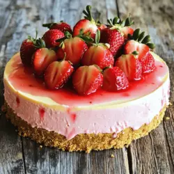 - 450 g Frischkäse - 500 ml Schlagsahne - 1 Tasse frische Erdbeeren, püriert Die Hauptzutaten sind sehr wichtig für den Geschmack. Frischkäse gibt die Basis. Er sorgt für die Cremigkeit. Die Schlagsahne bringt Leichtigkeit. Sie macht den Käsekuchen fluffig. Frische Erdbeeren fügen eine süße Note hinzu. Ihr fruchtiger Geschmack ist unvergleichlich. - 1 ½ Tassen Graham-Cracker-Krümel - ⅓ Tasse Kristallzucker - ½ Tasse ungesalzene Butter, geschmolzen Der Boden ist das Fundament. Graham-Cracker-Krümel geben einen tollen Crunch. Der Kristallzucker bringt Süße in den Boden. Die geschmolzene Butter sorgt dafür, dass alles zusammenhält. Zusammen ergeben sie eine großartige Basis für den Käsekuchen. - 1 Tasse Puderzucker - 1 Teelöffel Vanilleextrakt - 1 Esslöffel Zitronensaft Die weiteren Zutaten machen den Käsekuchen besonders. Puderzucker rundet die Süße ab. Vanilleextrakt fügt Tiefe hinzu. Zitronensaft bringt eine frische Säure. Diese Balance ist wichtig für den perfekten Geschmack. Für das komplette Rezept schau dir den Full Recipe an. Zuerst heize ich den Ofen auf 163°C (325°F) vor. In einer Schüssel mische ich die Graham-Cracker-Krümel, den Kristallzucker und die geschmolzene Butter. Ich rühre, bis die Krümel gut befeuchtet sind. Dann drücke ich die Mischung gleichmäßig auf den Boden einer 23 cm Springform. Ich backe den Boden für 10 Minuten. Danach lasse ich ihn abkühlen. Jetzt komme ich zur Füllung. In einer großen Schüssel schlage ich den weichen Frischkäse mit einem elektrischen Mixer. Ich mache das, bis die Masse glatt und cremig ist. Nach und nach füge ich den Puderzucker und den Vanilleextrakt hinzu. Ich mixe weiter, bis alles gut vermischt ist. In einer separaten Schüssel bereite ich die Schlagsahne vor. Ich schlage sie, bis sich weiche Spitzen bilden. Dann falte ich die geschlagene Sahne vorsichtig in die Frischkäse-Mischung. Ich achte darauf, dass alles gut verbunden ist. Ich füge das pürierte Erdbeeren und den Zitronensaft hinzu. Ich falte das Erdbeerpüree in die Käsekuchenmasse, bis sie gleichmäßig rosa ist. Jetzt gieße ich die Erdbeer-Käsekuchenfüllung auf den abgekühlten Boden. Ich glätte die Oberfläche mit einem Spatel. Ich decke die Form mit Frischhaltefolie ab und stelle sie für mindestens 4 Stunden in den Kühlschrank. Am besten lasse ich den Käsekuchen über Nacht kühlen. Für das vollständige Rezept schaue dir den [Full Recipe] an. - Zu viel Schlagen der Sahne: Wenn Sie die Sahne schlagen, hören Sie auf, wenn sich weiche Spitzen bilden. Schlagen Sie nicht zu lange, sonst wird die Sahne butterartig. - Füllung nicht gut vermengen: Achten Sie darauf, dass die Frischkäsefüllung gleichmäßig mit der Schlagsahne vermischt ist. Klumpige Füllung schmeckt nicht gut. - Abkühlzeit im Kühlschrank: Lassen Sie den Käsekuchen mindestens vier Stunden im Kühlschrank. Besser ist es, ihn über Nacht zu kühlen. Dies gibt ihm die richtige Festigkeit. - Mischung gleichmäßig falten: Falten Sie die Schlagsahne vorsichtig in die Frischkäsemasse. Dies sorgt für eine leichte und luftige Textur. - Verwendung von frischen Erdbeeren: Frische Erdbeeren auf die Oberfläche legen. Sie sehen toll aus und schmecken wunderbar. - Zusätzliche Toppings: Für mehr Geschmack können Sie Sahne oder Schokoladensauce hinzufügen. Dies macht den Käsekuchen noch besonderer. {{image_4}} Für einen No-Bake Erdbeer-Käsekuchen brauchen Sie keine Hitze. Sie sparen Zeit und Aufwand. Hier sind einige Tipps: - Zutatenanpassungen: Verwenden Sie die gleichen Zutaten wie im Full Recipe. Ersetzen Sie jedoch die geschmolzene Butter durch mehr Frischkäse. Dies hilft, die Füllung fest zu halten. - Zubereitung ohne Backen: Vermengen Sie die Krümel und die Butter. Drücken Sie die Mischung in die Form. Bereiten Sie die Füllung wie im Rezept vor, aber kühlen Sie sie für mindestens 6 Stunden. Eine vegane Option ist einfach und lecker. Sie können Pflanzenprodukte verwenden, die gut schmecken. - Pflanzliche Alternativen verwenden: Tauschen Sie den Frischkäse gegen veganen Frischkäse aus. Nutzen Sie Kokoscreme anstelle von Schlagsahne. - Rezeptanpassungen: Verwenden Sie Agavendicksaft oder Kokosblütenzucker anstelle von Kristallzucker. So bleibt die Süße im Rezept. Für die glutenfreie Variante wählen Sie spezielle Zutaten. - Glutenfreie Krümel und Zutaten: Verwenden Sie glutenfreie Kekse für die Krümel. Achten Sie darauf, dass der Frischkäse und der Zucker auch glutenfrei sind. Das macht den Käsekuchen sicher für alle. Um den Käsekuchen frisch zu halten, bewahre ihn im Kühlschrank auf. Lege ihn in eine luftdichte Box. Du kannst ihn auch mit Frischhaltefolie abdecken. So bleibt er lecker und feucht. Der Käsekuchen hält sich im Kühlschrank bis zu fünf Tage. Achte darauf, ihn gut zu verpacken, damit er keine anderen Gerüche aufnimmt. Wenn du den Käsekuchen länger aufbewahren möchtest, kannst du ihn einfrieren. Schneide ihn in Stücke, um das Einfrieren zu erleichtern. Wickele jedes Stück in Frischhaltefolie. Lege sie dann in einen gefrierfesten Behälter. So bleibt der Käsekuchen bis zu drei Monate frisch. Um den Käsekuchen aufzutauen, nimm ihn einfach aus dem Gefrierfach. Lasse ihn über Nacht im Kühlschrank auftauen. Vermeide das Auftauen bei Raumtemperatur, um die Qualität zu erhalten. So bleibt der Käsekuchen genauso lecker wie frisch zubereitet. Selbstgemachter Erdbeer-Käsekuchen hält im Kühlschrank etwa fünf bis sieben Tage. Um die Frische zu bewahren, bewahre den Käsekuchen gut abgedeckt auf. Verwende Frischhaltefolie oder eine luftdichte Box. So bleibt er lecker und saftig. Ja, gefrorene Erdbeeren sind eine gute Option. Sie sind oft reifer und süßer, da sie nach der Ernte eingefroren werden. Der Nachteil ist, dass gefrorene Erdbeeren mehr Wasser abgeben können. Das kann die Füllung wässrig machen. Achte darauf, sie gut abzutropfen und vor der Verwendung zu pürieren. Du kannst die Süße ganz einfach anpassen. Verwende weniger Puderzucker oder probiere natürliche Süßstoffe. Honig oder Ahornsirup sind tolle Alternativen. Achte darauf, die Menge schrittweise zu ändern, damit die Konsistenz nicht leidet. Die besten Erdbeer-Käsekuchen findest du in lokalen Bäckereien oder Cafés. Schau dir Online-Bewertungen an, bevor du einen Kauf tätigst. Oft haben kleine, familiengeführte Geschäfte die besten Rezepte. Frage nach Empfehlungen von Freunden oder Nachbarn. Um eine glutenfreie Kruste zu machen, verwende glutenfreie Krümel. Du kannst Mandelmehl oder glutenfreie Kekse anstelle von Graham-Crackern benutzen. Mische sie mit etwas Zucker und geschmolzener Butter. Drücke die Mischung gut in die Form und backe sie wie im Rezept beschrieben. So bleibt der Geschmack gleich gut. Wenn du mehr über meine Erdbeer-Käsekuchen-Rezepte erfahren möchtest, schau dir das [Full Recipe] an. Erdbeer-Käsekuchen ist einfach und lecker. Wir haben die Hauptzutaten, die Schritte und hilfreiche Tipps besprochen. Zudem gibt es tolle Variationen, die für jeden geeignet sind. Ganz gleich, ob du einen klassischen, veganen oder glutenfreien Käsekuchen machst, die Vorbereitung bleibt ähnlich. Achte auf die Konsistenz und die richtigen Zutaten. So wird dein Käsekuchen ein voller Erfolg. Viel Spaß beim Backen und Genießen!