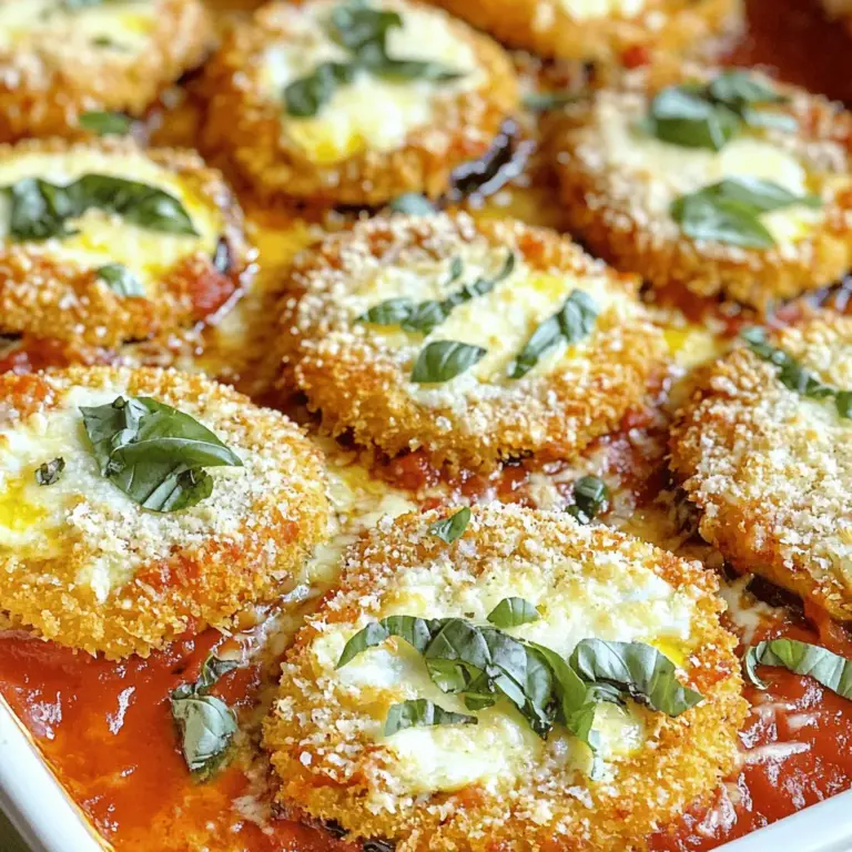 - 2 große Auberginen - 1 Teelöffel Salz - 1 Tasse Allzweckmehl - 2 große Eier Auberginen sind die Stars in diesem Gericht. Sie geben Geschmack und Textur. Salz hilft, die Bitterkeit zu reduzieren. Es zieht auch die Feuchtigkeit aus den Auberginen. Mehl und Eier sind wichtig für die Panade. Sie sorgen für eine knusprige Schicht. - 2 Tassen Marinara-Soße - 2 Tassen geriebener Mozzarella-Käse - 1 Tasse geriebener Parmesan-Käse Käse ist das Herzstück des Auflaufs. Mozzarella schmilzt gut und gibt eine cremige Textur. Parmesan fügt einen kräftigen Geschmack hinzu. Marinara-Soße bringt alles zusammen. Sie ist die Basis, die Feuchtigkeit und Aromen liefert. - 2 Esslöffel frisches Basilikum - 1 Teelöffel Knoblauchpulver - 1 Teelöffel italienische Gewürzmischung - Olivenöl Kräuter und Gewürze machen den Unterschied. Frisches Basilikum bringt Frische. Knoblauchpulver und italienische Gewürzmischung geben Tiefe. Olivenöl hilft beim Braten und gibt einen tollen Geschmack. Diese Zutaten machen deinen Auberginen Parmesan Auflauf zu einem Fest! Für das vollständige Rezept, schau dir den Abschnitt über die Zubereitung an. - Salzen der Auberginen Beginne mit den Auberginen. Schneide sie in 1/2 Zoll dicke Scheiben. Lege sie auf ein Küchentuch. Bestreue sie gleichmäßig mit Salz. Lass sie für etwa 30 Minuten ruhen. Das Salz zieht die Feuchtigkeit aus den Auberginen. Es hilft auch, Bitterkeit zu reduzieren. - Abspülen und Trocknen Nach 30 Minuten spülst du die Auberginen unter kaltem Wasser ab. Tupfe sie dann mit Küchenpapier trocken. Dies entfernt das überschüssige Salz. Deine Auberginen sind jetzt bereit zum Panieren. - Erstellung der Panierstation Richte deine Panierstation ein. Nimm drei Schüsseln. Fülle die erste mit Mehl. Die zweite enthält die verquirlten Eier. In die dritte gibst du das Paniermehl. Mische das Paniermehl mit Knoblauchpulver und italienischer Gewürzmischung. - Paniervorgang Tauche jede Auberginenscheibe zuerst ins Mehl. Schüttle das überschüssige Mehl ab. Tauche sie dann in das Ei. Danach geht es ins Paniermehl. Drücke sanft, damit die Panade gut haftet. - Braten der panierten Auberginen Erhitze Olivenöl in einer großen Pfanne bei mittlerer Hitze. Brate die panierten Auberginenscheiben in Chargen. Jede Seite sollte etwa 4-5 Minuten goldbraun sein. Lege die gebratenen Scheiben auf Küchenpapier. So tropfst du überschüssiges Öl ab. - Schichten der Zutaten Nimm eine 9x13 Zoll große Auflaufform. Verteile eine dünne Schicht Marinara-Soße auf den Boden. Schichte die Hälfte der gebratenen Auberginen darauf. Füge eine Schicht Marinara-Soße hinzu. Bestreue sie mit Mozzarella und Parmesan. Wiederhole die Schichten. Beende mit einer Schicht Mozzarella und Parmesan. - Backen im Ofen Decke die Form mit Aluminiumfolie ab. Backe sie im vorgeheizten Ofen bei 190°C für 25 Minuten. Entferne dann die Folie. Backe für weitere 15-20 Minuten, bis der Käse sprudelnd und goldbraun ist. Lass den Auflauf nach dem Backen etwa 10 Minuten ruhen. Dann schneide ihn in Stücke. Verwende frisches Basilikum zur Garnitur. Das ist die Schritt-für-Schritt Anleitung für den Auberginen Parmesan Auflauf. Du kannst das vollständige Rezept in der [Full Recipe] finden. Um die besten Auberginen zu wählen, suchen Sie nach glatten, glänzenden Schalen. Vermeiden Sie fleckige oder schrumpelige Früchte. Fühlen Sie die Aubergine, sie sollte fest sein. Ein gutes Gewicht zeigt, dass sie frisch ist. Vorbereitung ist wichtig. Schneiden Sie die Auberginen in gleichmäßige Scheiben. Ich empfehle, sie etwa 30 Minuten mit Salz zu bestreuen. Das Salz entzieht die Feuchtigkeit und macht die Auberginen weniger bitter. Nach dem Salzen spülen Sie sie unter kaltem Wasser ab und trocknen sie gut mit einem Küchentuch. Für vegetarische Alternativen verwenden Sie andere Gemüsesorten. Zucchini oder Pilze sind tolle Optionen. Für eine glutenfreie Version ersetzen Sie das Mehl und das Paniermehl durch glutenfreie Sorten. Diese Anpassungen machen das Gericht vielseitig und lecker. Servieren Sie den Auberginen Parmesan Auflauf mit einem frischen Salat. Ein einfacher grüner Salat passt gut. Für Getränke empfehle ich einen leichten Rotwein oder Sprudelwasser. Zum Anrichten legen Sie frisches Basilikum obenauf. Das sieht schön aus und gibt einen frischen Geschmack. Für die vollständigen Zutaten und die Zubereitung schauen Sie sich das Full Recipe an. {{image_4}} - Aufbewahrung im Kühlschrank: Lagern Sie den Auberginen Parmesan Auflauf in einem luftdichten Behälter. So bleibt er frisch. Stellen Sie sicher, dass der Auflauf abgekühlt ist, bevor Sie ihn abdecken. - Haltbarkeit des Auflaufs: Im Kühlschrank hält sich der Auflauf etwa 3 bis 5 Tage. Prüfen Sie immer auf Anzeichen von Verderb, bevor Sie ihn essen. - Einfrieren des Auflaufs: Wenn Sie den Auflauf länger aufbewahren möchten, können Sie ihn einfrieren. Lassen Sie ihn vollständig abkühlen. Teilen Sie ihn in Portionen und legen Sie ihn in Gefrierbeutel. Drücken Sie die Luft heraus, um Gefrierbrand zu vermeiden. - Aufwärmen nach dem Einfrieren: Zum Aufwärmen tauen Sie den Auflauf über Nacht im Kühlschrank auf. Backen Sie ihn dann bei 180 °C (350 °F) für etwa 25 bis 30 Minuten, bis er durchgehend heiß ist. Achten Sie darauf, ihn gegebenenfalls mit Folie abzudecken, um ein Austrocknen zu verhindern. Für das Rezept besuchen Sie den [Full Recipe] Link. Jede Portion Auberginen Parmesan Auflauf hat etwa 350 Kalorien. Dies ist eine gute Menge für ein Hauptgericht. Die Makronährstoffe sind wie folgt: - Fett: 20 g - Kohlenhydrate: 30 g - Protein: 15 g Diese Kombination macht das Gericht nahrhaft und sättigend. Es ist eine ausgewogene Wahl für eine Mahlzeit. Auberginen sind reich an Nährstoffen. Sie bieten viele Vorteile: - Sie enthalten viele Ballaststoffe. - Sie sind eine gute Quelle für Antioxidantien. - Sie helfen, den Blutdruck zu senken. Auberginen sind auch reich an Vitaminen wie B1 und B6. Diese Vitamine unterstützen den Energiestoffwechsel und die Nervenfunktion. Die anderen Zutaten tragen ebenfalls zur Nährstoffdichte bei. Zum Beispiel liefert der Käse Kalzium, was wichtig für starke Knochen ist. Die Tomatensoße bringt zusätzlich Vitamin C und Lycopin, das gut für das Herz ist. Auberginen Parmesan Auflauf ist also nicht nur lecker, sondern auch gesund. Für das vollständige Rezept schauen Sie sich die [Full Recipe] an. Die Vorbereitungszeit für den Auflauf beträgt 30 Minuten. Die Gesamtzeit ist 1 Stunde und 15 Minuten. Diese Zeit umfasst das Schneiden der Auberginen, das Panieren und das Backen. Es ist einfach und macht Spaß. Ja, Sie können andere Käsesorten verwenden. Gouda oder Cheddar sind leckere Alternativen. Diese Käsesorten geben dem Gericht einen neuen Geschmack. Sie können auch veganen Käse für eine pflanzliche Option nutzen. Ja, das Rezept ist vegetarisch. Es enthält keine Fleischprodukte. Dies macht es perfekt für Vegetarier. Außerdem können Sie es leicht anpassen, um es vegan zu machen, indem Sie Eier und Käse ersetzen. Um den Auflauf schärfer zu machen, fügen Sie rote Paprika oder Cayennepfeffer hinzu. Sie können auch scharfe Marinara-Soße verwenden. Diese Zutaten bringen mehr Geschmack und Würze ins Gericht. Probieren Sie es aus, um Ihren eigenen Stil zu finden. Ja, Sie können die Marinara-Soße selbst machen. Eine einfache Rezeptur ist: Zwiebel und Knoblauch in Olivenöl anbraten. Dann Tomaten, Basilikum und Gewürze hinzufügen. Lassen Sie die Soße köcheln, bis sie dick wird. Dies ergibt einen frischen und leckeren Geschmack für den Auflauf. Für die vollständige Anleitung, schauen Sie sich das [Full Recipe] an. Auberginen Parmesan Auflauf ist einfach und lecker. Wir haben die Zutaten, die Zubereitung sowie Tipps für Variationen besprochen. Wähle gute Auberginen und schichte die Zutaten richtig. Du kannst auch deinen eigenen Käse oder Soße verwenden. Vergiss nicht, das Gericht gut aufzubewahren. Mit diesen Tipps wird dein Auflauf wunderbar gelingen. Nutze diese Informationen, um dein Kochen zu verbessern und Freunde zu beeindrucken. Viel Spaß beim Ausprobieren!