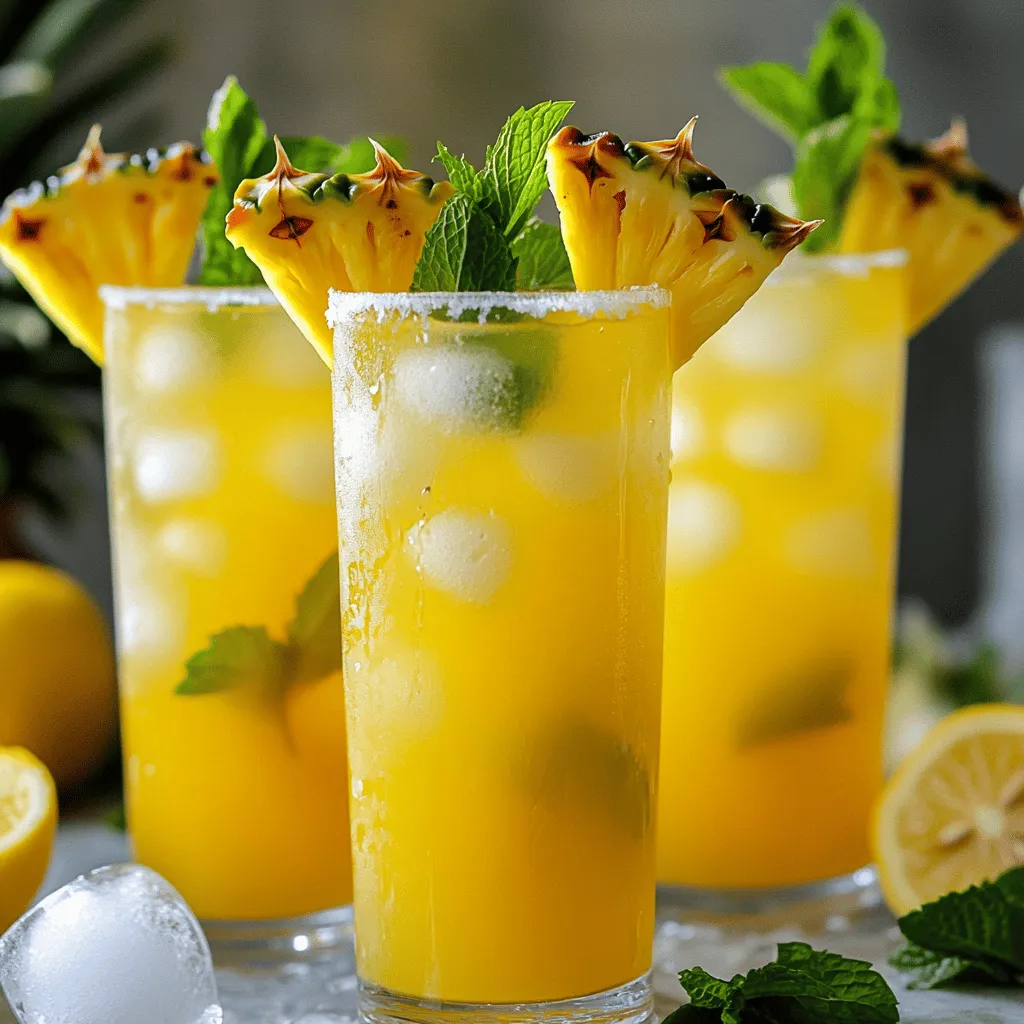 Um die perfekte Ananas Ingwer Limonade zu machen, brauchen Sie: - 2 Tassen frische Ananas, gewürfelt - 2,5 cm frischer Ingwer, geschält und gerieben - 1/2 Tasse frisch gepresster Zitronensaft - 3 Tassen Wasser - 1/2 Tasse Honig oder Agavendicksaft (nach Geschmack anpassen) - Eiswürfel Diese Zutaten geben der Limonade ihren fruchtigen, würzigen Geschmack. Die Ananas sorgt für Süße, während der Ingwer einen scharfen Kick hinzufügt. Der Zitronensaft bringt eine erfrischende Säure. Um Ihre Limonade noch schöner zu machen, können Sie Folgendes verwenden: - Ananasscheiben - Zitronenschnitze - Frische Minzblätter Diese Garnierungen sorgen nicht nur für eine schöne Optik, sondern auch für zusätzlichen Geschmack. Sie machen das Getränk besonders einladend. Wenn Sie nach Alternativen suchen, gibt es viele Möglichkeiten: - Kokosblütenzucker - Stevia - Agavensirup Diese Süßstoffe können die Limonade nach Ihrem Geschmack anpassen. Experimentieren Sie mit verschiedenen Optionen, um die beste Mischung zu finden. Achten Sie darauf, die Süße nach Ihrem Geschmack abzustimmen. Für das vollständige Rezept, sehen Sie sich die [Full Recipe] an. Zuerst solltest du alle Zutaten bereitstellen. Du benötigst: - 2 Tassen frische Ananas, gewürfelt - 2,5 cm frischer Ingwer, geschält und gerieben - 1/2 Tasse frisch gepresster Zitronensaft - 3 Tassen Wasser - 1/2 Tasse Honig oder Agavendicksaft (nach Geschmack anpassen) - Eiswürfel - Ananasscheiben und Zitronenschnitze zur Garnierung - Frische Minzblätter zur Garnierung Sammle alles in deiner Küche. So sparst du Zeit beim Mixen. Nimm einen Mixer und gib die gewürfelte Ananas und den geriebenen Ingwer hinein. Mische alles gut, bis es glatt ist. Dann siebe die Mischung in einen großen Krug. Drücke mit einem Löffel nach, um den Saft herauszubekommen. Du wirst eine schöne, frische Flüssigkeit haben. Füge den frisch gepressten Zitronensaft und den Honig hinzu. Rühre gut um, bis der Honig aufgelöst ist. Gieße dann das Wasser in den Krug. Rühre alles gut, damit die Aromen sich vermischen. Lass die Limonade mindestens eine Stunde im Kühlschrank. So kühlen sich die Zutaten und die Aromen entfalten sich. Wenn du bereit bist zu servieren, nimm ein hohes Glas und fülle es mit Eiswürfeln. Gieße die kühle Limonade darüber. Garniere jedes Glas mit Ananasscheiben, Zitronenschnitzen und frischen Minzblättern für das besondere Etwas. Jetzt kannst du die köstliche Ananas Ingwer Limonade genießen! Um den Geschmack Ihrer Ananas Ingwer Limonade zu perfektionieren, verwenden Sie frische Zutaten. Frische Ananas hat mehr Geschmack als Dosenananas. Der Ingwer sollte knackig und aromatisch sein. Achten Sie darauf, den Ingwer gut zu schälen. So vermeiden Sie den bitteren Geschmack der Schale. Mischen Sie die Ananas und den Ingwer gut im Mixer. Je besser sie gemixt sind, desto mehr Saft bekommen Sie. Fügen Sie den Zitronensaft langsam hinzu und probieren Sie zwischendurch. So finden Sie die perfekte Balance zwischen Süße und Säure. Ein häufiger Fehler ist, die Limonade nicht genug zu kühlen. Lassen Sie sie mindestens eine Stunde im Kühlschrank. Zu wenig Kühlung kann den Geschmack mindern. Ein weiterer Fehler ist das falsche Verhältnis von Wasser und Saft. Achten Sie darauf, die angegebenen Mengen zu verwenden. Wenn Sie zu viel Wasser hinzufügen, wird die Limonade schwach. Auch zu wenig Honig kann die Limonade unbalanced machen. Probieren Sie die Limonade und passen Sie die Süße nach Ihrem Geschmack an. Es gibt viele Wege, das Rezept anzupassen. Fügen Sie frische Minze hinzu, um einen neuen Geschmack zu erreichen. Sie können auch Limetten anstelle von Zitronen verwenden. Das bringt eine andere Frische in das Getränk. Für eine sprudelnde Version fügen Sie Limonade oder Sprudelwasser hinzu. Dies gibt Ihrer Limonade eine prickelnde Note. Experimentieren Sie mit verschiedenen Süßstoffen wie Kokosblütenzucker oder Stevia. So finden Sie die perfekte Mischung für Ihren Geschmack. Für die Vollversion des Rezepts schauen Sie sich das vollständige Rezept an. {{image_4}} Eine erfrischende Variante ist die Ananas Ingwer Limonade mit Minze. Der frische Minzgeschmack bringt ein neues Aroma. Um dies zu machen, fügen Sie einfach einige Minzblätter hinzu. Mischen Sie die Blätter mit der Ananas und dem Ingwer im Mixer. So entsteht eine tolle Geschmackskombination. Garnieren Sie die Limonade mit mehr frischen Minzblättern. Das sieht schön aus und schmeckt gut. Für eine sprudelnde Version der Limonade verwenden Sie Sprudelwasser. Der prickelnde Effekt macht es lebendiger. Beginnen Sie mit dem gleichen Rezept wie zuvor. Mischen Sie die Ananas und den Ingwer, fügen Sie dann den Zitronensaft und den Honig hinzu. Gießen Sie am Ende das Sprudelwasser in die Mischung. Servieren Sie die Limonade sofort über Eis. Genießen Sie die erfrischende Spritzigkeit! Sie können die Ananas Ingwer Limonade auch in alkoholfreie Cocktails verwandeln. Fügen Sie einfach etwas frischen Limettensaft und einen Spritzer Grenadine hinzu. Mischen Sie alles gut und servieren Sie es in schicken Gläsern. Dies macht es perfekt für Partys oder besondere Anlässe. Alle werden es lieben! Wenn Sie mehr Ideen wollen, schauen Sie sich das [Full Recipe] an. Ihre Ananas Ingwer Limonade bleibt frisch für bis zu drei Tage. Lagern Sie sie im Kühlschrank. Nach drei Tagen wird der Geschmack schwächer. Die Limonade kann trübe werden, aber sie bleibt genießbar. Bewahren Sie die Limonade in einem luftdichten Behälter auf. So bleibt die Frische länger erhalten. Vermeiden Sie es, die Limonade in einem offenen Krug zu lassen. Das macht sie schnell schal. Wenn Sie die Limonade wieder aufgießen, rühren Sie gut um, um die Aromen zu mischen. Die übrig gebliebene Ananasfruchtmasse ist vielseitig. Nutzen Sie sie in Smoothies oder Joghurt. Sie können auch einen köstlichen Obstsalat daraus machen. Der frische Ingwer kann in Tee oder anderen Getränken verwendet werden. So verschwenden Sie nichts und genießen kreative Neuheiten. Ja, du kannst Ingwerpulver verwenden. Es hat jedoch einen anderen Geschmack. Frischer Ingwer gibt mehr Schärfe und Aroma. Verwende etwa einen Teelöffel Ingwerpulver für diese Limonade. Mische es gut, um den Geschmack zu verteilen. Ananas Ingwer Limonade ist nicht nur lecker, sie hat auch viele gesundheitliche Vorteile. Ananas enthält Vitamine und Antioxidantien. Ingwer hilft bei der Verdauung und hat entzündungshemmende Eigenschaften. Zitronensaft liefert Vitamin C. Diese Limonade kann dein Immunsystem stärken und deine Hydration verbessern. Um die Limonade für Gruppen anzupassen, verdopple oder verdreifache einfach die Zutaten. Bereite die Limonade in einem großen Krug vor. Du kannst auch die Frucht garnieren und in große Gläser servieren. So sieht alles schön aus und macht Spaß. Achte darauf, genug Eis bereitzustellen, damit jeder eine kalte Limonade genießen kann. Du kannst die Menge im [Full Recipe] leicht anpassen. Diese Ananas Ingwer Limonade ist erfrischend und einfach zu machen. Wir haben die Hauptzutaten, Zubereitung und Tipps besprochen. Sie lernen, wie Sie den Geschmack anpassen und Fehler vermeiden können. Sie können auch kreative Variationen ausprobieren. Die richtige Lagerung hilft, die Limonade frisch zu halten. Wenn Sie frischen Ingwer ersetzen möchten, ist das möglich. Nutzen Sie die Tipps, um ein tolles Getränk zu kreieren. Genießen Sie Ihre Limonade und die gesundheitlichen Vorteile, die sie bietet!