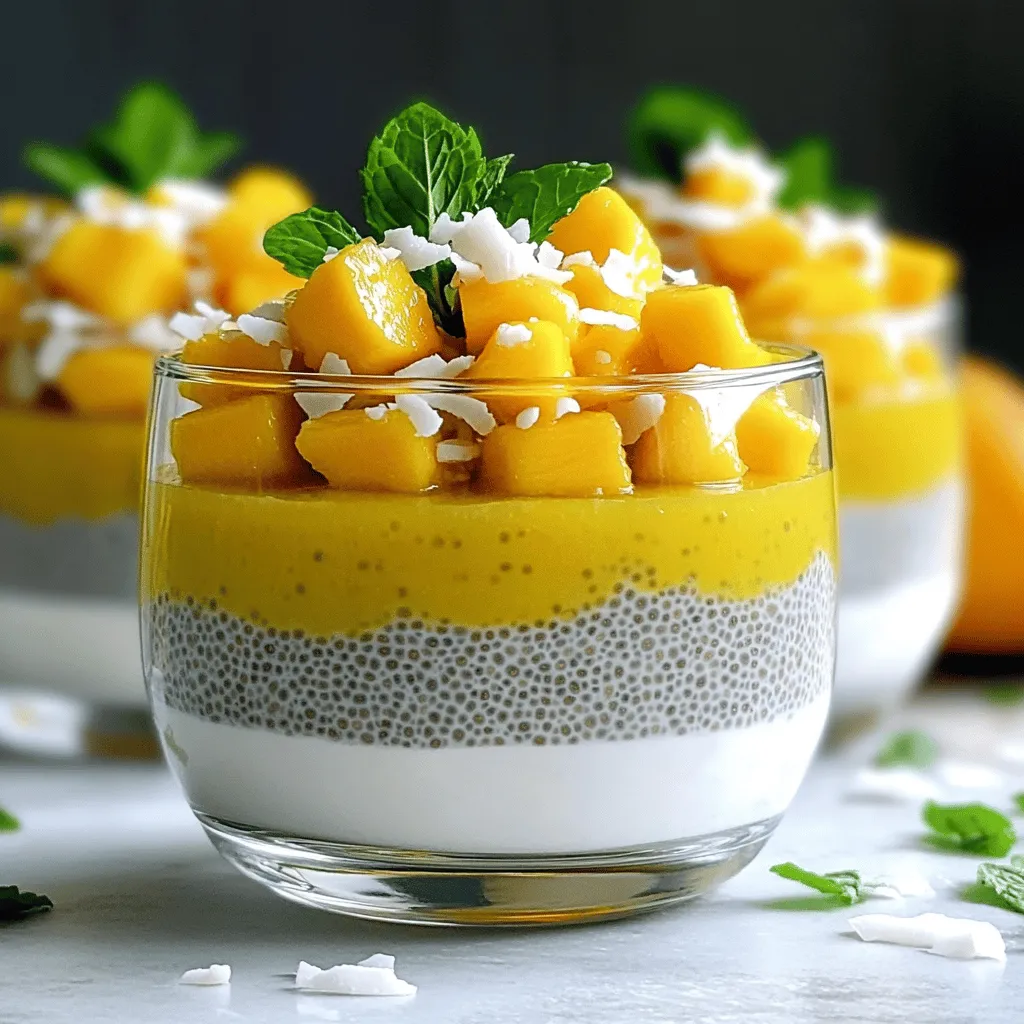 Um den Mango Coconut Chia Pudding zuzubereiten, brauchen Sie einige einfache Zutaten. Diese Zutaten sind: - 1 Tasse Kokosmilch (aus der Dose oder aus Karton) - 1/2 Tasse reife Mango, gewürfelt - 1/4 Tasse Chiasamen - 2 Esslöffel Honig oder Ahornsirup (nach Geschmack anpassen) - 1 Teelöffel Vanilleextrakt - Eine Prise Salz - Geröstete Kokosnussflocken zum Garnieren - Frische Minzblätter zur Dekoration Diese Zutaten sind leicht zu finden. Die Kokosmilch gibt dem Pudding eine cremige Textur. Die Mango bringt einen süßen, fruchtigen Geschmack. Die Chiasamen sind klein, aber sehr nahrhaft. Sie sind reich an Ballaststoffen und Omega-3-Fettsäuren. Die Zutaten für diesen Pudding haben viele gesundheitsfördernde Eigenschaften. - Kokosmilch ist eine gute Quelle für gesunde Fette. Diese Fette unterstützen die Herzgesundheit. - Mango ist reich an Vitaminen, besonders Vitamin C. Dieser Nährstoff stärkt das Immunsystem. - Chiasamen sind sehr nährstoffreich. Sie fördern die Verdauung und halten Sie satt. - Honig oder Ahornsirup sind natürliche Süßstoffe. Sie haben weniger Einfluss auf den Blutzucker als raffinierter Zucker. Diese Zutaten machen den Pudding nicht nur lecker, sondern auch gesund. Es gibt viele Möglichkeiten, diesen Pudding anzupassen. Wenn Sie keine Kokosmilch mögen, probieren Sie: - Mandelmilch oder Hafermilch - Joghurt für eine cremigere Konsistenz Anstatt Mango können Sie auch andere Früchte verwenden, wie: - Erdbeeren - Ananas - Kiwi Diese Alternativen geben Ihnen die Freiheit, verschiedene Geschmäcker zu erkunden. Sie können auch die Süße anpassen. Verwenden Sie mehr oder weniger Honig, je nach Vorliebe. Egal für welche Zutaten Sie sich entscheiden, der Pudding bleibt einfach und gesund. Probieren Sie die vollständige Rezeptur für Mango Coconut Chia Pudding aus! Zuerst nimmst du eine mittelgroße Schüssel. Füge die Kokosmilch hinzu. Du kannst Kokosmilch aus der Dose oder aus einem Karton verwenden. Gib dann den Honig oder den Ahornsirup dazu. Das macht den Pudding süß. Danach kommt der Vanilleextrakt. Er gibt dem Pudding einen tollen Geschmack. Füge eine Prise Salz hinzu. Das Salz hilft, die Aromen zu heben. Rühre alles mit einem Schneebesen gut durch. Die Mischung sollte glatt sein. Jetzt ist es Zeit für die Chiasamen. Gib sie in die Kokosmilch-Mischung. Rühre gut um, damit die Samen gleichmäßig verteilt sind. Chiasamen quellen auf und machen den Pudding dick. Das ist wichtig, damit du die richtige Konsistenz erreichst. Decke die Schüssel mit Frischhaltefolie ab. Du kannst auch einen luftdichten Behälter verwenden. Stelle die Mischung für mindestens 4 Stunden in den Kühlschrank. Am besten lässt du sie über Nacht stehen. So können die Chiasamen die Flüssigkeit gut aufnehmen. Nach der Kühlzeit rührst du den Pudding erneut um. Wenn du Klumpen siehst, löse sie auf. Zum Servieren schöpfst du den Pudding in kleine Schüsseln oder Gläser. Garniere ihn mit gewürfelter Mango. Streue geröstete Kokosnussflocken darüber. Das sieht toll aus und schmeckt lecker. Frische Minzblätter bringen Farbe und Geschmack ins Spiel. Du kannst die ganze Reise mit dem Full Recipe nachvollziehen. Um die ideale Konsistenz des Puddings zu erreichen, sind Chiasamen der Schlüssel. Sie quellen in Flüssigkeit und sorgen für eine dicke, cremige Textur. Mischen Sie die Chiasamen gut in die Kokosmilch. Lassen Sie die Mischung mindestens vier Stunden oder über Nacht im Kühlschrank. So nehmen die Samen ausreichend Flüssigkeit auf. Wenn der Pudding zu dick wird, fügen Sie einfach etwas mehr Kokosmilch hinzu. Rühren Sie ihn vor dem Servieren gut durch, um Klumpen zu vermeiden. Süße ist oft eine Frage des persönlichen Geschmacks. Beginnen Sie mit zwei Esslöffeln Honig oder Ahornsirup. Probieren Sie die Mischung und passen Sie die Süße an. Wenn Sie es lieber weniger süß mögen, verwenden Sie weniger. Für zusätzliche Süße können Sie auch etwas reife Banane pürieren und unterrühren. Dies gibt Ihrem Pudding einen fruchtigen Geschmack. Denken Sie daran, die Süße gut zu vermischen, damit sie gleichmäßig verteilt ist. Eine ansprechende Garnierung macht den Pudding noch köstlicher. Verwenden Sie geröstete Kokosnussflocken für einen knusprigen Biss. Frische Mangostücke bringen Farbe und Frische. Minzblätter sind nicht nur schick, sie geben auch ein tolles Aroma. Sie können auch Nüsse oder Samen hinzufügen, um mehr Textur zu bieten. Experimentieren Sie mit verschiedenen Garnierungen, um Ihren Traum-Pudding zu kreieren. So wird jede Portion einzigartig und lecker. {{image_4}} Um den Mango Coconut Chia Pudding noch fruchtiger zu machen, kannst du andere tropische Früchte hinzufügen. Probiere Ananas, Papaya oder Kiwi. Diese Früchte bringen Farbe und frischen Geschmack. Du kannst sie einfach in kleine Stücke schneiden und oben auf den Pudding legen. So wird dein Dessert noch bunter und interessanter. Wenn du keine Kokosmilch magst, gibt es viele Alternativen. Mandelmilch oder Hafermilch sind auch lecker. Diese Milchsorten geben dem Pudding eine andere Note. Du kannst sie genauso verwenden wie die Kokosmilch. Achte darauf, dass die Milch ungesüßt ist, um den Zuckergehalt zu kontrollieren. Um mehr Geschmack in deinen Chia-Pudding zu bringen, füge Gewürze hinzu. Zimt oder Muskatnuss passen gut. Eine Prise Kardamom kann auch spannend sein. Wenn du es süßer magst, probiere etwas Honig oder Agavendicksaft. Diese kleinen Änderungen machen viel aus und bringen Abwechslung in dein Rezept. So hast du immer wieder einen neuen Genuss. Der Mango Kokos-Chia-Pudding ist einfach zu lagern. Nach der Zubereitung stelle ihn in den Kühlschrank. So bleibt er frisch und lecker. Du kannst ihn bis zu fünf Tage kühl lagern. Achte darauf, den Pudding in einem luftdichten Behälter aufzubewahren. So vermeidest du, dass der Pudding Gerüche aus dem Kühlschrank aufnimmt. Um Zeit zu sparen, kannst du den Pudding für die ganze Woche vorbereiten. Mache einfach einen großen Vorrat. Teile ihn in kleine Portionen auf. Das ist praktisch für Snacks oder Frühstück. Du kannst die Portionen in Gläser oder kleine Behälter füllen. So hast du immer eine gesunde Option zur Hand. Wenn du den Pudding länger aufbewahren möchtest, friere ihn ein. Fülle den Pudding in gefriergeeignete Behälter. Lasse etwas Platz, damit der Pudding beim Gefrieren expandieren kann. Du kannst ihn bis zu drei Monate im Gefrierfach lagern. Um ihn zu genießen, nimm eine Portion heraus und lasse sie im Kühlschrank auftauen. So bleibt der Geschmack erhalten und du hast ein schnelles Dessert. Für die vollständige Zubereitung des Puddings, siehe das Full Recipe. Der Chia-Pudding sollte mindestens 4 Stunden im Kühlschrank stehen. Ich empfehle, ihn über Nacht zu lassen. So können die Chiasamen die Flüssigkeit gut aufnehmen. Dadurch wird der Pudding schön dick und cremig. Wenn du ihn länger lässt, wird er sogar noch besser! Ja, du kannst andere Früchte verwenden! Beeren, Kiwi oder Bananen sind tolle Optionen. Jede Frucht bringt ihren eigenen Geschmack. Du kannst die Früchte nach Saison und Vorliebe wählen. Experimentiere ruhig mit verschiedenen Kombinationen. Das macht das Rezept spannend und abwechslungsreich! Chiasamen sind kleine Kraftpakete! Sie sind reich an Ballaststoffen, Eiweiß und Omega-3-Fettsäuren. Diese Nährstoffe helfen deiner Gesundheit. Sie fördern die Verdauung und unterstützen das Herz. Zudem enthalten sie Mineralstoffe wie Calcium und Magnesium. Chiasamen sind also nicht nur lecker, sondern auch sehr gesund! Der Mango Coconut Chia Pudding ist einfach und lecker. Du brauchst nur wenige Hauptzutaten und kannst sie anpassen. Wir haben die Schritte zur Zubereitung, Tipps für die perfekte Konsistenz und kreative Varianten behandelt. Denke daran, den Pudding richtig zu lagern, um die Frische zu bewahren. Experimentiere mit Früchten und Milchalternativen für neue Geschmäcker. Dieser gesunde Snack bleibt dir in guter Erinnerung. Probier es aus und genieße die Vorteile!