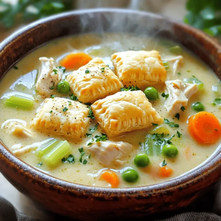 Für diese einfache Hähnchen-Pastetensuppe brauchst du einige grundlegende Zutaten: - 450 g Hähnchenbrustfilets - 1 mittelgroße Zwiebel - 2 Karotten - 2 Selleriestangen - 3 Knoblauchzehen - 1 Liter Hühnerbrühe - 240 ml Schlagsahne Die Hähnchenbrustfilets sind die Hauptquelle für Protein. Sie machen die Suppe nahrhaft und sättigend. Das Gemüse bringt Geschmack und Farbe. Die Zwiebel, Karotten und Sellerie sorgen für eine gute Basis. Knoblauch fügt einen tollen, aromatischen Geschmack hinzu. Hühnerbrühe gibt der Suppe Tiefe, während Schlagsahne die Textur cremig macht. Für den perfekten Geschmack verwende: - 1 Teelöffel getrockneter Thymian - 1 Teelöffel getrockneter Rosmarin - Salz und Pfeffer nach Geschmack - Frische Petersilie zur Garnitur - Blätterteig oder Biscuits (optional) Thymian und Rosmarin bringen ein wunderbares Aroma, das die Suppe hebt. Salz und Pfeffer sind wichtig, um die Aromen zu betonen. Frische Petersilie sorgt für einen frischen, grünen Akzent. Blätterteig oder Biscuits sind optional, aber sie machen die Suppe noch herzlicher. Du kannst sie oben drauf legen, um einen knusprigen Biss zu genießen. Wenn du das gesamte Rezept sehen möchtest, schau dir das [Full Recipe] an. - Erhitze 1 Esslöffel Olivenöl in einem großen Topf. - Gib 450 g gewürfelte Hähnchenbrustfilets hinzu. - Brate das Hähnchen für 5-7 Minuten an. - Achte darauf, dass es goldbraun und durchgegart ist. - Nimm das Hähnchen aus dem Topf und stelle es beiseite. - Füge die gehackte Zwiebel, 2 gewürfelte Karotten und 2 Selleriestangen in den Topf. - Dünste das Gemüse für etwa 5 Minuten. - Wenn das Gemüse weich wird, füge 3 fein gehackte Knoblauchzehen hinzu. - Gib 1 Teelöffel getrockneten Thymian und 1 Teelöffel getrockneten Rosmarin dazu. - Rühre alles für 1 Minute um, bis es gut duftet. - Gieße 1 Liter Hühnerbrühe in den Topf. - Bring die Mischung zum Köcheln. - Wenn es köchelt, füge das angebratene Hähnchen und 150 g gefrorene Erbsen hinzu. - Rühre 240 ml Schlagsahne ein und lasse die Suppe 5-10 Minuten köcheln. - Die Suppe dickt leicht ein. - Würze mit Salz und Pfeffer nach Geschmack. Jetzt bist du bereit, deine köstliche Hähnchen-Pastetensuppe zu genießen. Für das vollständige Rezept und die Zubereitung, sieh dir das Full Recipe an. - Hähnchen nicht überkochen: Wenn du das Hähnchen brätst, achte auf die Zeit. Überkoche es nicht. Das Hähnchen sollte goldbraun sein, aber nicht trocken. Nach 5-7 Minuten ist es perfekt. - Gemüse richtig schneiden: Schneide das Gemüse gleichmäßig. So garen sie gleichmäßig. Kleinere Stücke brauchen weniger Zeit zum Kochen. Das sorgt für einen besseren Biss. - Zusätzliche Kräuter und Gewürze: Du kannst das Rezept anpassen. Füge frischen Schnittlauch oder Petersilie hinzu. Diese Kräuter bringen frische Aromen. Auch Paprika oder Cayennepfeffer können für etwas Schärfe sorgen. - Variationen mit anderen Gemüsesorten: Experimentiere mit verschiedenen Gemüsesorten. Brokkoli oder Zucchini passen gut. Auch grüne Bohnen sind eine tolle Wahl. Sie geben der Suppe mehr Textur und Geschmack. - Mit Blätterteig oder Biscuits: Du kannst die Suppe mit Blätterteig servieren. Backe ihn einfach im Ofen. Alternativ sind Biscuits eine einfache und leckere Option. Diese machen die Suppe noch sättigender. - Garnieren mit frischer Petersilie: Garniere die Suppe mit frischer Petersilie. Das sieht schön aus und gibt einen frischen Geschmack. Du kannst auch ein Spritzer Zitronensaft hinzufügen. Das bringt einen tollen Kontrast. Für das vollständige Rezept schaue dir die [Full Recipe] an. {{image_4}} Für eine vegetarische Hähnchen-Pastetensuppe kannst du pflanzliche Proteine wie Tofu oder Kichererbsen verwenden. Diese geben der Suppe eine gute Struktur und Nährstoffe. Achte darauf, die Brühe anzupassen. Nutze Gemüsebrühe statt Hühnerbrühe, um den vollen Geschmack zu erhalten. So bleibt die Suppe nahrhaft und lecker. Möchtest du die Suppe aufregender machen? Füge asiatische Einflüsse hinzu. Ein wenig frischer Ingwer und Sojasauce geben der Suppe einen neuen Geschmack. Für mediterrane Noten kannst du Pesto und schwarze Oliven einrühren. Diese Zutaten sorgen für einen frischen und ungewöhnlichen Twist. Nutze frisches Gemüse, das in der Saison ist. Im Frühling sind Spargel und Erbsen perfekt. Im Herbst kannst du Kürbis oder Süßkartoffeln einbauen. Das Gemüse sollte nach Verfügbarkeit gewechselt werden. So bleibt dein Rezept spannend und schmackhaft. Für die besten Ergebnisse probiere die Variationen aus und finde deinen Favoriten! Du kannst auch die Full Recipe für weitere Inspirationen nutzen. - Im Kühlschrank: Du kannst die Suppe bis zu 3 Tage aufbewahren. Stelle sicher, dass sie in einem luftdichten Behälter ist. So bleibt sie frisch und lecker. - Im Gefrierschrank: Wenn du die Suppe einfrieren möchtest, nutze einen gefrierfesten Behälter. So bleibt sie bis zu 3 Monate haltbar. Lass die Suppe zuerst abkühlen, bevor du sie einfrierst. - Beste Methoden zum Aufwärmen: Du kannst die Suppe auf dem Herd oder in der Mikrowelle aufwärmen. Wenn du den Herd benutzt, erhitze sie bei mittlerer Hitze. Rühre sie oft, damit sie gleichmäßig warm wird. - Konsistenz und Geschmack anpassen: Füge beim Erwärmen etwas Wasser oder Brühe hinzu. Das hilft, die Konsistenz zu verbessern und macht die Suppe nicht zu dick. - Zutaten vorbereiten oder vorab kochen: Du kannst das Gemüse und das Hähnchen im Voraus schneiden oder braten. So sparst du Zeit, wenn du die Suppe zubereitest. - Zeitersparnis beim Kochen: Wenn du die Zutaten schon bereit hast, ist die Suppe schnell fertig. Diese Planung macht das Kochen entspannter und einfacher. Für das vollständige Rezept schau dir die Anleitung an. Die Zubereitung der Hähnchen-Pastetensuppe dauert etwa 35 Minuten. Die Vorbereitungszeit beträgt 15 Minuten, während die Kochzeit etwa 20 Minuten in Anspruch nimmt. In dieser Zeit braten Sie das Hähnchen, dämpfen das Gemüse und lassen die Suppe köcheln. So schnell haben Sie eine warme, leckere Suppe auf dem Tisch. Ja, Sie können die Suppe im Voraus zubereiten. Machen Sie die Suppe und lassen Sie sie abkühlen. Füllen Sie sie dann in einen luftdichten Behälter. Sie können die Suppe im Kühlschrank bis zu drei Tage aufbewahren. Für längere Lagerung frieren Sie die Suppe ein. Achten Sie darauf, sie in Portionen einzufrieren, sodass Sie nur das auftauen, was Sie brauchen. Zu Hühner-Pastetensuppe passen viele Beilagen. Ein frisches Baguette oder knusprige Brötchen sind eine gute Wahl. Sie können auch einen einfachen grünen Salat servieren. Ein Glas Weißwein oder ein leichtes Bier ergänzen die Suppe perfekt. Diese Kombination macht das Essen zu einem besonderen Erlebnis. Diese Blogpost zeigt, wie man eine leckere Hühner-Pastetensuppe zubereitet. Wir haben die Hauptzutaten durch das Anbraten von Hähnchen und Gemüse ergänzt. Gewürze wie Thymian und Rosmarin verleihen Geschmack. Tipps helfen dir, häufige Fehler zu vermeiden und die Suppe perfekt zu machen. Du kannst auch Variationen ausprobieren, um verschiedene Geschmäcker zu kreieren. Denke daran, die Suppe richtig aufzubewahren, damit sie frisch bleibt. Nutze die Tipps aus diesem Beitrag für ein einfaches und schmackhaftes Gericht. Kochen soll Spaß machen und einfach sein!