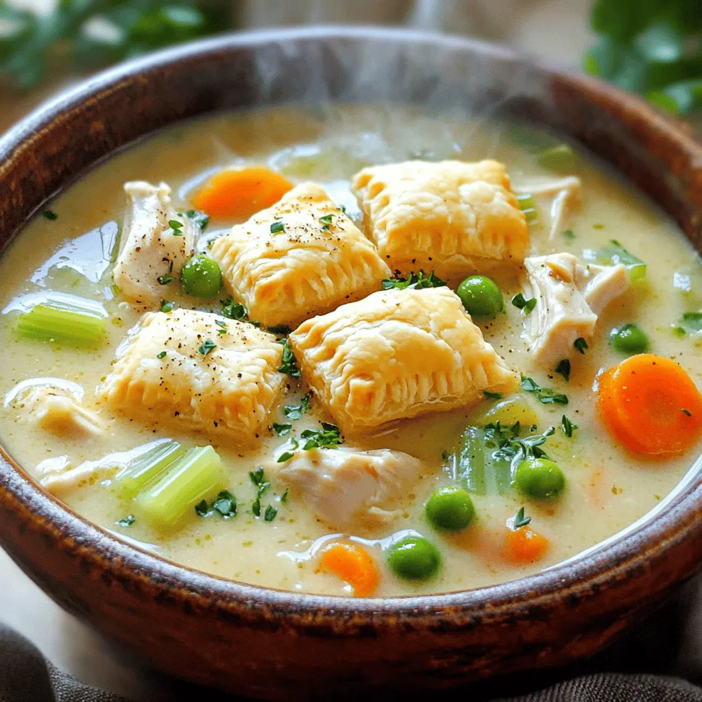 Für diese einfache Hähnchen-Pastetensuppe brauchst du einige grundlegende Zutaten: - 450 g Hähnchenbrustfilets - 1 mittelgroße Zwiebel - 2 Karotten - 2 Selleriestangen - 3 Knoblauchzehen - 1 Liter Hühnerbrühe - 240 ml Schlagsahne Die Hähnchenbrustfilets sind die Hauptquelle für Protein. Sie machen die Suppe nahrhaft und sättigend. Das Gemüse bringt Geschmack und Farbe. Die Zwiebel, Karotten und Sellerie sorgen für eine gute Basis. Knoblauch fügt einen tollen, aromatischen Geschmack hinzu. Hühnerbrühe gibt der Suppe Tiefe, während Schlagsahne die Textur cremig macht. Für den perfekten Geschmack verwende: - 1 Teelöffel getrockneter Thymian - 1 Teelöffel getrockneter Rosmarin - Salz und Pfeffer nach Geschmack - Frische Petersilie zur Garnitur - Blätterteig oder Biscuits (optional) Thymian und Rosmarin bringen ein wunderbares Aroma, das die Suppe hebt. Salz und Pfeffer sind wichtig, um die Aromen zu betonen. Frische Petersilie sorgt für einen frischen, grünen Akzent. Blätterteig oder Biscuits sind optional, aber sie machen die Suppe noch herzlicher. Du kannst sie oben drauf legen, um einen knusprigen Biss zu genießen. Wenn du das gesamte Rezept sehen möchtest, schau dir das [Full Recipe] an. - Erhitze 1 Esslöffel Olivenöl in einem großen Topf. - Gib 450 g gewürfelte Hähnchenbrustfilets hinzu. - Brate das Hähnchen für 5-7 Minuten an. - Achte darauf, dass es goldbraun und durchgegart ist. - Nimm das Hähnchen aus dem Topf und stelle es beiseite. - Füge die gehackte Zwiebel, 2 gewürfelte Karotten und 2 Selleriestangen in den Topf. - Dünste das Gemüse für etwa 5 Minuten. - Wenn das Gemüse weich wird, füge 3 fein gehackte Knoblauchzehen hinzu. - Gib 1 Teelöffel getrockneten Thymian und 1 Teelöffel getrockneten Rosmarin dazu. - Rühre alles für 1 Minute um, bis es gut duftet. - Gieße 1 Liter Hühnerbrühe in den Topf. - Bring die Mischung zum Köcheln. - Wenn es köchelt, füge das angebratene Hähnchen und 150 g gefrorene Erbsen hinzu. - Rühre 240 ml Schlagsahne ein und lasse die Suppe 5-10 Minuten köcheln. - Die Suppe dickt leicht ein. - Würze mit Salz und Pfeffer nach Geschmack. Jetzt bist du bereit, deine köstliche Hähnchen-Pastetensuppe zu genießen. Für das vollständige Rezept und die Zubereitung, sieh dir das Full Recipe an. - Hähnchen nicht überkochen: Wenn du das Hähnchen brätst, achte auf die Zeit. Überkoche es nicht. Das Hähnchen sollte goldbraun sein, aber nicht trocken. Nach 5-7 Minuten ist es perfekt. - Gemüse richtig schneiden: Schneide das Gemüse gleichmäßig. So garen sie gleichmäßig. Kleinere Stücke brauchen weniger Zeit zum Kochen. Das sorgt für einen besseren Biss. - Zusätzliche Kräuter und Gewürze: Du kannst das Rezept anpassen. Füge frischen Schnittlauch oder Petersilie hinzu. Diese Kräuter bringen frische Aromen. Auch Paprika oder Cayennepfeffer können für etwas Schärfe sorgen. - Variationen mit anderen Gemüsesorten: Experimentiere mit verschiedenen Gemüsesorten. Brokkoli oder Zucchini passen gut. Auch grüne Bohnen sind eine tolle Wahl. Sie geben der Suppe mehr Textur und Geschmack. - Mit Blätterteig oder Biscuits: Du kannst die Suppe mit Blätterteig servieren. Backe ihn einfach im Ofen. Alternativ sind Biscuits eine einfache und leckere Option. Diese machen die Suppe noch sättigender. - Garnieren mit frischer Petersilie: Garniere die Suppe mit frischer Petersilie. Das sieht schön aus und gibt einen frischen Geschmack. Du kannst auch ein Spritzer Zitronensaft hinzufügen. Das bringt einen tollen Kontrast. Für das vollständige Rezept schaue dir die [Full Recipe] an. {{image_4}} Für eine vegetarische Hähnchen-Pastetensuppe kannst du pflanzliche Proteine wie Tofu oder Kichererbsen verwenden. Diese geben der Suppe eine gute Struktur und Nährstoffe. Achte darauf, die Brühe anzupassen. Nutze Gemüsebrühe statt Hühnerbrühe, um den vollen Geschmack zu erhalten. So bleibt die Suppe nahrhaft und lecker. Möchtest du die Suppe aufregender machen? Füge asiatische Einflüsse hinzu. Ein wenig frischer Ingwer und Sojasauce geben der Suppe einen neuen Geschmack. Für mediterrane Noten kannst du Pesto und schwarze Oliven einrühren. Diese Zutaten sorgen für einen frischen und ungewöhnlichen Twist. Nutze frisches Gemüse, das in der Saison ist. Im Frühling sind Spargel und Erbsen perfekt. Im Herbst kannst du Kürbis oder Süßkartoffeln einbauen. Das Gemüse sollte nach Verfügbarkeit gewechselt werden. So bleibt dein Rezept spannend und schmackhaft. Für die besten Ergebnisse probiere die Variationen aus und finde deinen Favoriten! Du kannst auch die Full Recipe für weitere Inspirationen nutzen. - Im Kühlschrank: Du kannst die Suppe bis zu 3 Tage aufbewahren. Stelle sicher, dass sie in einem luftdichten Behälter ist. So bleibt sie frisch und lecker. - Im Gefrierschrank: Wenn du die Suppe einfrieren möchtest, nutze einen gefrierfesten Behälter. So bleibt sie bis zu 3 Monate haltbar. Lass die Suppe zuerst abkühlen, bevor du sie einfrierst. - Beste Methoden zum Aufwärmen: Du kannst die Suppe auf dem Herd oder in der Mikrowelle aufwärmen. Wenn du den Herd benutzt, erhitze sie bei mittlerer Hitze. Rühre sie oft, damit sie gleichmäßig warm wird. - Konsistenz und Geschmack anpassen: Füge beim Erwärmen etwas Wasser oder Brühe hinzu. Das hilft, die Konsistenz zu verbessern und macht die Suppe nicht zu dick. - Zutaten vorbereiten oder vorab kochen: Du kannst das Gemüse und das Hähnchen im Voraus schneiden oder braten. So sparst du Zeit, wenn du die Suppe zubereitest. - Zeitersparnis beim Kochen: Wenn du die Zutaten schon bereit hast, ist die Suppe schnell fertig. Diese Planung macht das Kochen entspannter und einfacher. Für das vollständige Rezept schau dir die Anleitung an. Die Zubereitung der Hähnchen-Pastetensuppe dauert etwa 35 Minuten. Die Vorbereitungszeit beträgt 15 Minuten, während die Kochzeit etwa 20 Minuten in Anspruch nimmt. In dieser Zeit braten Sie das Hähnchen, dämpfen das Gemüse und lassen die Suppe köcheln. So schnell haben Sie eine warme, leckere Suppe auf dem Tisch. Ja, Sie können die Suppe im Voraus zubereiten. Machen Sie die Suppe und lassen Sie sie abkühlen. Füllen Sie sie dann in einen luftdichten Behälter. Sie können die Suppe im Kühlschrank bis zu drei Tage aufbewahren. Für längere Lagerung frieren Sie die Suppe ein. Achten Sie darauf, sie in Portionen einzufrieren, sodass Sie nur das auftauen, was Sie brauchen. Zu Hühner-Pastetensuppe passen viele Beilagen. Ein frisches Baguette oder knusprige Brötchen sind eine gute Wahl. Sie können auch einen einfachen grünen Salat servieren. Ein Glas Weißwein oder ein leichtes Bier ergänzen die Suppe perfekt. Diese Kombination macht das Essen zu einem besonderen Erlebnis. Diese Blogpost zeigt, wie man eine leckere Hühner-Pastetensuppe zubereitet. Wir haben die Hauptzutaten durch das Anbraten von Hähnchen und Gemüse ergänzt. Gewürze wie Thymian und Rosmarin verleihen Geschmack. Tipps helfen dir, häufige Fehler zu vermeiden und die Suppe perfekt zu machen. Du kannst auch Variationen ausprobieren, um verschiedene Geschmäcker zu kreieren. Denke daran, die Suppe richtig aufzubewahren, damit sie frisch bleibt. Nutze die Tipps aus diesem Beitrag für ein einfaches und schmackhaftes Gericht. Kochen soll Spaß machen und einfach sein!