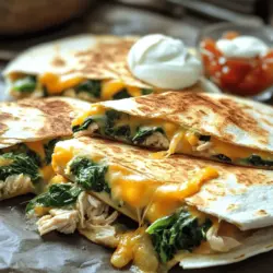 - 2 Tassen gekochtes Hähnchen, zerkleinert - 2 Tassen frischer Spinat, grob gehackt - 1 Tasse geriebener Mozzarella-Käse - 1 Tasse geriebener Cheddar-Käse Die Hauptzutaten sind die Seele der Quesadillas. Hähnchen liefert viel Protein. Spinat bringt Nährstoffe und Farbe. Der Käse sorgt für den köstlichen Schmelz. Kombiniere diese Zutaten, um einen tollen Geschmack zu erhalten. - 1 kleine Zwiebel, fein gehackt - 2 Knoblauchzehen, gepresst - 1 Teelöffel gemahlener Kreuzkümmel - 1 Teelöffel Paprika - Salz und Pfeffer nach Geschmack Zwiebel und Knoblauch geben eine schöne Basis. Sie verleihen der Füllung einen tollen Duft. Gewürze wie Kreuzkümmel und Paprika bringen mehr Tiefe. Salz und Pfeffer sind wichtig für das volle Aroma. - 4 große Tortillas aus Weizenmehl - Sauerrahm und Salsa zum Servieren Ohne Tortillas wären Quesadillas nicht komplett. Wähle große Weizentortillas für einen besseren Halt. Sauerrahm und Salsa sind perfekte Beilagen. Sie bringen Frische und eine schöne Balance. Für das vollständige Rezept, sieh dir die [Full Recipe] an. 1. Ich beginne mit einer großen Pfanne. Ich erhitze 1 Esslöffel Olivenöl bei mittlerer Hitze. 2. Dann gebe ich die fein gehackte Zwiebel und den gepressten Knoblauch hinzu. Ich brate sie an, bis die Zwiebel glasig ist, etwa 3-4 Minuten. 3. Jetzt füge ich das zerkleinerte Hähnchen und den gehackten Spinat hinzu. Ich streue auch gemahlenen Kreuzkümmel, Paprika, Salz und Pfeffer dazu. 4. Ich koche alles noch etwa 5 Minuten. Ich rühre gelegentlich um. Der Spinat sollte zusammenfallen und alles gut erhitzt sein. 5. Ich nehme die Pfanne vom Herd. Ich rühre nun die Hälfte des Mozzarella und Cheddar Käses unter. Der Käse schmilzt leicht. 1. In einer sauberen Pfanne erhitze ich den verbleibenden Esslöffel Olivenöl bei mittlerer Hitze. 2. Ich lege eine Tortilla in die Pfanne. Auf einer Hälfte der Tortilla gebe ich einen großzügigen Löffel der Hähnchen-Spinat-Mischung. 3. Ich streue den restlichen Mozzarella und Cheddar Käse darüber. 4. Dann falte ich die Tortilla über die Füllung und drücke sie leicht zusammen. 5. Ich brate die Quesadilla etwa 3-4 Minuten auf jeder Seite. Sie sollte goldbraun und knusprig sein, der Käse ist geschmolzen. 6. Ich wiederhole diesen Vorgang mit den restlichen Tortillas, bis alle gefüllt und gebraten sind. 1. Ich schneide jede Quesadilla in Keile. 2. Ich richte sie heiß an, begleitet von Sauerrahm und Salsa. 3. Diese Quesadillas sind einfach lecker und perfekt zum Teilen. Für das vollständige Rezept und weitere Details schaue dir die [Full Recipe] an. - Die richtige Hitze: Stelle sicher, dass die Pfanne nicht zu heiß ist. Eine mittlere Hitze ist ideal. So bräunt die Tortilla gleichmäßig und der Käse schmilzt perfekt. - Die optimale Bratzeit: Brate jede Quesadilla für etwa 3-4 Minuten auf jeder Seite. Das gibt dir eine knusprige Textur. Du erkennst, dass sie fertig ist, wenn sie goldbraun aussieht. - Welcher Käse eignet sich am besten?: Mozzarella und Cheddar sind die besten Käse für Quesadillas. Sie schmelzen gut und geben einen tollen Geschmack ab. Du kannst auch eine Mischung verwenden. - Käsevarianten für mehr Geschmack: Probiere auch andere Käsesorten. Feta oder Gouda bringen neue Aromen. Experimentiere, um deinen Favoriten zu finden. - Meal Prep für schnelle Zubereitung: Bereite die Füllung im Voraus zu. Bewahre sie im Kühlschrank auf. So sparst du Zeit, wenn du die Quesadillas zubereitest. - Zubereitung vorausplanen: Plane deine Zutaten im Voraus. Das hilft dir, alles schnell zusammenzustellen. So wird das Kochen zum Kinderspiel. Für das vollständige Rezept, schau dir die [Full Recipe] an. {{image_4}} Wenn du kein Hähnchen essen möchtest, kannst du die Quesadillas ganz einfach vegan machen. Ersetze das Hähnchen durch eine Mischung aus Bohnen und Quinoa. Diese Zutaten sind nahrhaft und lecker. Du kannst schwarze Bohnen oder Kichererbsen nutzen. Sie geben den Quesadillas eine tolle Textur. Füge auch mehr Spinat oder andere Gemüsesorten hinzu. Brokkoli oder Zucchini passen gut. Für schärfere Quesadillas kannst du Jalapeños hinzufügen. Diese bringen einen zusätzlichen Kick. Schneide die Jalapeños klein und mische sie mit der Füllung. Wenn du etwas Neues ausprobieren möchtest, verwende verschiedene Gewürze. Zum Beispiel, füge Oregano oder frischen Koriander hinzu. Diese Gewürze geben deinem Gericht einen besonderen Geschmack. Du kannst auch eine Prise Chili-Pulver für mehr Hitze einstreuen. Paprika und Pilze sind tolle Ergänzungen. Schneide die Paprika in kleine Stücke und brate sie zusammen mit den Zwiebeln an. Pilze geben einen herzhaften Geschmack. Du kannst auch eine Bohnen- und Maisfüllung machen. Mische schwarze Bohnen, Mais und etwas Limettensaft. Diese Mischung macht die Quesadillas bunt und schmackhaft. Probiere verschiedene Kombinationen aus, um deine perfekte Quesadilla zu finden. Wenn du mehr Inspiration suchst, schau dir das Full Recipe an. Du kannst die Reste der Quesadillas im Kühlschrank oder im Tiefkühler aufbewahren. Wenn du sie im Kühlschrank lagerst, bleiben sie frisch für etwa drei Tage. Im Tiefkühler halten sie bis zu drei Monate. Stelle sicher, dass sie in einem luftdichten Behälter sind. So bleiben Geschmack und Textur besser erhalten. Wie lange sind sie haltbar? Im Kühlschrank sind sie drei Tage gut. Wenn du sie tiefkühlst, kannst du sie bis zu drei Monate genießen. Tipps zur Wiedererwärmung? Erhitze sie in einer Pfanne bei mittlerer Hitze. So werden sie knusprig, und der Käse schmilzt gleichmäßig. Du kannst auch eine Mikrowelle nutzen, aber die Quesadillas werden nicht so knusprig. Um die Quesadillas frisch zu halten, decke sie ab oder wickle sie in Folie ein. Dies hilft, sie vor dem Austrocknen zu schützen. Wenn du sie aufbewahrst, achte darauf, dass sie nicht gequetscht werden. Eine einfache Lösung ist die Verwendung eines flachen Behälters. So bleibt die Form erhalten, und du kannst sie später leicht aufwärmen. Die Zubereitung der Easy Chicken and Spinach Quesadillas dauert insgesamt 40 Minuten. Die Vorbereitungszeit beträgt etwa 15 Minuten. Die Kochzeit liegt bei 25 Minuten. In dieser Zeit kannst du die Füllung zubereiten und die Quesadillas braten. Die Schritte sind einfach und schnell. So hast du in kurzer Zeit ein leckeres Gericht. Ja, du kannst die Quesadillas im Voraus zubereiten. Bereite die Füllung einige Stunden vor dem Servieren zu. Lagere die Mischung in einem luftdichten Behälter im Kühlschrank. Das macht die Zubereitung am Tag des Servierens einfacher. Du kannst die Quesadillas auch einfrieren. Wickel jede Quesadilla in Folie ein. So bleiben sie frisch und lecker. Zu Quesadillas passen viele leckere Beilagen. Sauerrahm und Salsa sind die besten Dips. Sie fügen Geschmack und Frische hinzu. Guacamole ist auch eine gute Wahl. Du kannst auch einen einfachen grünen Salat servieren. Dies bringt eine knusprige Textur ins Spiel. Chips mit Salsa sind ebenfalls beliebt und machen die Mahlzeit noch besser. Diese Quesadillas sind schnell und einfach zuzubereiten. Du brauchst nur Hähnchen, Spinat und Käse. Beginne mit dem Anbraten von Zwiebeln und Knoblauch, bevor du die Füllung fertigstellst. Denke daran, die richtige Hitze einzustellen, um die perfekte Textur zu erreichen. Für mehr Geschmack kannst du die Quesadillas anpassen, und die Aufbewahrung ist auch einfach. Nutze im Kühlschrank oder Gefrierer. Vergiss nicht, kreativ zu sein! Probiere verschiedene Füllungen und Gewürze aus, um deine Lieblingsvariante zu finden. Viel Spaß beim Kochen!