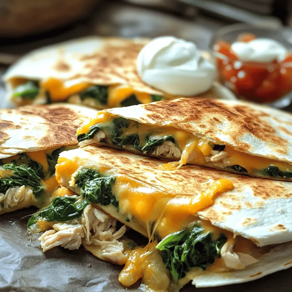 - 2 Tassen gekochtes Hähnchen, zerkleinert - 2 Tassen frischer Spinat, grob gehackt - 1 Tasse geriebener Mozzarella-Käse - 1 Tasse geriebener Cheddar-Käse Die Hauptzutaten sind die Seele der Quesadillas. Hähnchen liefert viel Protein. Spinat bringt Nährstoffe und Farbe. Der Käse sorgt für den köstlichen Schmelz. Kombiniere diese Zutaten, um einen tollen Geschmack zu erhalten. - 1 kleine Zwiebel, fein gehackt - 2 Knoblauchzehen, gepresst - 1 Teelöffel gemahlener Kreuzkümmel - 1 Teelöffel Paprika - Salz und Pfeffer nach Geschmack Zwiebel und Knoblauch geben eine schöne Basis. Sie verleihen der Füllung einen tollen Duft. Gewürze wie Kreuzkümmel und Paprika bringen mehr Tiefe. Salz und Pfeffer sind wichtig für das volle Aroma. - 4 große Tortillas aus Weizenmehl - Sauerrahm und Salsa zum Servieren Ohne Tortillas wären Quesadillas nicht komplett. Wähle große Weizentortillas für einen besseren Halt. Sauerrahm und Salsa sind perfekte Beilagen. Sie bringen Frische und eine schöne Balance. Für das vollständige Rezept, sieh dir die [Full Recipe] an. 1. Ich beginne mit einer großen Pfanne. Ich erhitze 1 Esslöffel Olivenöl bei mittlerer Hitze. 2. Dann gebe ich die fein gehackte Zwiebel und den gepressten Knoblauch hinzu. Ich brate sie an, bis die Zwiebel glasig ist, etwa 3-4 Minuten. 3. Jetzt füge ich das zerkleinerte Hähnchen und den gehackten Spinat hinzu. Ich streue auch gemahlenen Kreuzkümmel, Paprika, Salz und Pfeffer dazu. 4. Ich koche alles noch etwa 5 Minuten. Ich rühre gelegentlich um. Der Spinat sollte zusammenfallen und alles gut erhitzt sein. 5. Ich nehme die Pfanne vom Herd. Ich rühre nun die Hälfte des Mozzarella und Cheddar Käses unter. Der Käse schmilzt leicht. 1. In einer sauberen Pfanne erhitze ich den verbleibenden Esslöffel Olivenöl bei mittlerer Hitze. 2. Ich lege eine Tortilla in die Pfanne. Auf einer Hälfte der Tortilla gebe ich einen großzügigen Löffel der Hähnchen-Spinat-Mischung. 3. Ich streue den restlichen Mozzarella und Cheddar Käse darüber. 4. Dann falte ich die Tortilla über die Füllung und drücke sie leicht zusammen. 5. Ich brate die Quesadilla etwa 3-4 Minuten auf jeder Seite. Sie sollte goldbraun und knusprig sein, der Käse ist geschmolzen. 6. Ich wiederhole diesen Vorgang mit den restlichen Tortillas, bis alle gefüllt und gebraten sind. 1. Ich schneide jede Quesadilla in Keile. 2. Ich richte sie heiß an, begleitet von Sauerrahm und Salsa. 3. Diese Quesadillas sind einfach lecker und perfekt zum Teilen. Für das vollständige Rezept und weitere Details schaue dir die [Full Recipe] an. - Die richtige Hitze: Stelle sicher, dass die Pfanne nicht zu heiß ist. Eine mittlere Hitze ist ideal. So bräunt die Tortilla gleichmäßig und der Käse schmilzt perfekt. - Die optimale Bratzeit: Brate jede Quesadilla für etwa 3-4 Minuten auf jeder Seite. Das gibt dir eine knusprige Textur. Du erkennst, dass sie fertig ist, wenn sie goldbraun aussieht. - Welcher Käse eignet sich am besten?: Mozzarella und Cheddar sind die besten Käse für Quesadillas. Sie schmelzen gut und geben einen tollen Geschmack ab. Du kannst auch eine Mischung verwenden. - Käsevarianten für mehr Geschmack: Probiere auch andere Käsesorten. Feta oder Gouda bringen neue Aromen. Experimentiere, um deinen Favoriten zu finden. - Meal Prep für schnelle Zubereitung: Bereite die Füllung im Voraus zu. Bewahre sie im Kühlschrank auf. So sparst du Zeit, wenn du die Quesadillas zubereitest. - Zubereitung vorausplanen: Plane deine Zutaten im Voraus. Das hilft dir, alles schnell zusammenzustellen. So wird das Kochen zum Kinderspiel. Für das vollständige Rezept, schau dir die [Full Recipe] an. {{image_4}} Wenn du kein Hähnchen essen möchtest, kannst du die Quesadillas ganz einfach vegan machen. Ersetze das Hähnchen durch eine Mischung aus Bohnen und Quinoa. Diese Zutaten sind nahrhaft und lecker. Du kannst schwarze Bohnen oder Kichererbsen nutzen. Sie geben den Quesadillas eine tolle Textur. Füge auch mehr Spinat oder andere Gemüsesorten hinzu. Brokkoli oder Zucchini passen gut. Für schärfere Quesadillas kannst du Jalapeños hinzufügen. Diese bringen einen zusätzlichen Kick. Schneide die Jalapeños klein und mische sie mit der Füllung. Wenn du etwas Neues ausprobieren möchtest, verwende verschiedene Gewürze. Zum Beispiel, füge Oregano oder frischen Koriander hinzu. Diese Gewürze geben deinem Gericht einen besonderen Geschmack. Du kannst auch eine Prise Chili-Pulver für mehr Hitze einstreuen. Paprika und Pilze sind tolle Ergänzungen. Schneide die Paprika in kleine Stücke und brate sie zusammen mit den Zwiebeln an. Pilze geben einen herzhaften Geschmack. Du kannst auch eine Bohnen- und Maisfüllung machen. Mische schwarze Bohnen, Mais und etwas Limettensaft. Diese Mischung macht die Quesadillas bunt und schmackhaft. Probiere verschiedene Kombinationen aus, um deine perfekte Quesadilla zu finden. Wenn du mehr Inspiration suchst, schau dir das Full Recipe an. Du kannst die Reste der Quesadillas im Kühlschrank oder im Tiefkühler aufbewahren. Wenn du sie im Kühlschrank lagerst, bleiben sie frisch für etwa drei Tage. Im Tiefkühler halten sie bis zu drei Monate. Stelle sicher, dass sie in einem luftdichten Behälter sind. So bleiben Geschmack und Textur besser erhalten. Wie lange sind sie haltbar? Im Kühlschrank sind sie drei Tage gut. Wenn du sie tiefkühlst, kannst du sie bis zu drei Monate genießen. Tipps zur Wiedererwärmung? Erhitze sie in einer Pfanne bei mittlerer Hitze. So werden sie knusprig, und der Käse schmilzt gleichmäßig. Du kannst auch eine Mikrowelle nutzen, aber die Quesadillas werden nicht so knusprig. Um die Quesadillas frisch zu halten, decke sie ab oder wickle sie in Folie ein. Dies hilft, sie vor dem Austrocknen zu schützen. Wenn du sie aufbewahrst, achte darauf, dass sie nicht gequetscht werden. Eine einfache Lösung ist die Verwendung eines flachen Behälters. So bleibt die Form erhalten, und du kannst sie später leicht aufwärmen. Die Zubereitung der Easy Chicken and Spinach Quesadillas dauert insgesamt 40 Minuten. Die Vorbereitungszeit beträgt etwa 15 Minuten. Die Kochzeit liegt bei 25 Minuten. In dieser Zeit kannst du die Füllung zubereiten und die Quesadillas braten. Die Schritte sind einfach und schnell. So hast du in kurzer Zeit ein leckeres Gericht. Ja, du kannst die Quesadillas im Voraus zubereiten. Bereite die Füllung einige Stunden vor dem Servieren zu. Lagere die Mischung in einem luftdichten Behälter im Kühlschrank. Das macht die Zubereitung am Tag des Servierens einfacher. Du kannst die Quesadillas auch einfrieren. Wickel jede Quesadilla in Folie ein. So bleiben sie frisch und lecker. Zu Quesadillas passen viele leckere Beilagen. Sauerrahm und Salsa sind die besten Dips. Sie fügen Geschmack und Frische hinzu. Guacamole ist auch eine gute Wahl. Du kannst auch einen einfachen grünen Salat servieren. Dies bringt eine knusprige Textur ins Spiel. Chips mit Salsa sind ebenfalls beliebt und machen die Mahlzeit noch besser. Diese Quesadillas sind schnell und einfach zuzubereiten. Du brauchst nur Hähnchen, Spinat und Käse. Beginne mit dem Anbraten von Zwiebeln und Knoblauch, bevor du die Füllung fertigstellst. Denke daran, die richtige Hitze einzustellen, um die perfekte Textur zu erreichen. Für mehr Geschmack kannst du die Quesadillas anpassen, und die Aufbewahrung ist auch einfach. Nutze im Kühlschrank oder Gefrierer. Vergiss nicht, kreativ zu sein! Probiere verschiedene Füllungen und Gewürze aus, um deine Lieblingsvariante zu finden. Viel Spaß beim Kochen!