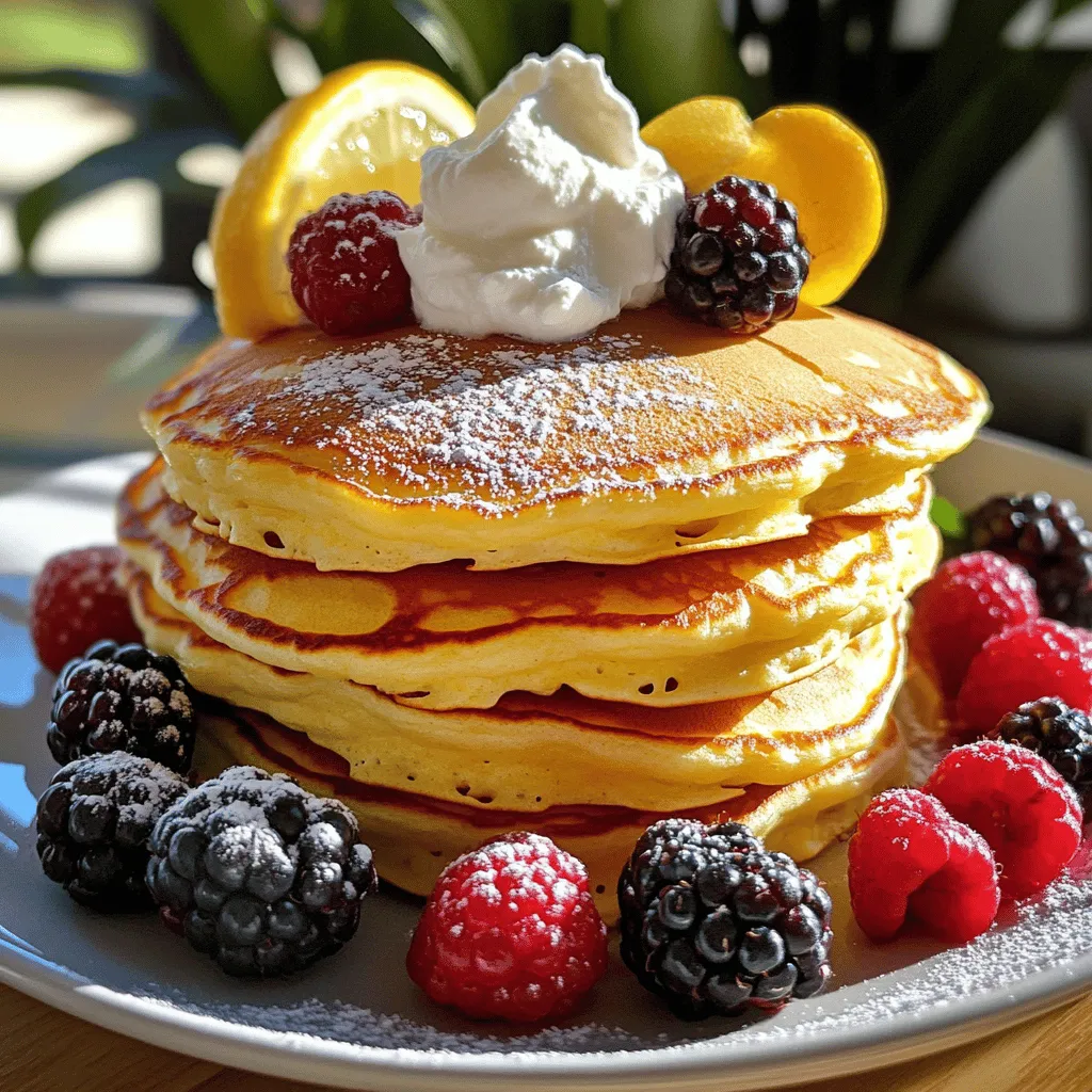 Für die Zubereitung der leckeren Zitronen-Ricotta-Pfannkuchen brauchst du: - 1 Tasse Ricotta-Käse - 2 große Eier - 1/4 Tasse Zucker - 1 Teelöffel Vanilleextrakt - Schale von 1 Zitrone (abgerieben) - 1/4 Tasse frischer Zitronensaft - 1 Tasse Weizenmehl - 2 Teelöffel Backpulver - 1/4 Teelöffel Salz - 1/4 Tasse Milch (oder eine laktosefreie Alternative) - Butter oder Öl für die Pfanne Wenn du Ricotta auswählst, achte darauf, dass er frisch ist. Frischer Ricotta hat eine cremige Textur und einen milden Geschmack. Vermeide Ricotta, der wässrig aussieht oder einen sauren Geruch hat. Du kannst auch Bio-Ricotta wählen, um sicherzustellen, dass die Qualität hoch ist. Die Zitronen sollten fest und schwer sein. Das zeigt, dass sie saftig sind. Wenn du laktoseintolerant bist, könntest du laktosefreien Ricotta verwenden. Auch Mandelmilch oder Sojamilch sind gute Alternativen zur normalen Milch. Für einen anderen Geschmack kannst du auch Ziegenricotta verwenden. Das verleiht den Pfannkuchen eine besondere Note. Um die perfekten Zitronen-Ricotta-Pfannkuchen zu machen, beginne mit der Mischung. Nimm eine große Rührschüssel. Füge den Ricotta-Käse, die Eier, den Zucker, den Vanilleextrakt, die Zitronenschale und den Zitronensaft hinzu. Verquirle alles gut, bis die Mischung glatt ist. In einer anderen Schüssel vermenge das Weizenmehl, das Backpulver und das Salz. Misch alles gut, damit keine Klumpen entstehen. Dann füge die trockenen Zutaten nach und nach zu den feuchten Zutaten hinzu. Mische sie vorsichtig, bis der Teig leicht klumpig bleibt. Wenn der Teig zu dick ist, rühre etwas Milch ein, bis die Konsistenz stimmt. Der Teig sollte leicht klumpig sein. Zu viel Rühren kann den Teig hart machen. Wenn der Teig zu dick ist, gib einen Schuss Milch hinzu. Achte darauf, die Mischung nicht zu überarbeiten. Klumpen sind okay und sorgen für eine fluffige Textur. Heize eine beschichtete Pfanne auf mittlerer Hitze vor. Fette die Pfanne leicht mit Butter oder Öl ein. Verwende für jeden Pfannkuchen etwa 1/4 Tasse Teig. Backe sie, bis kleine Bläschen an der Oberfläche erscheinen, etwa 2-3 Minuten. Drehe die Pfannkuchen dann vorsichtig um und backe sie weitere 2-3 Minuten, bis sie goldbraun sind. Achte darauf, die Pfannkuchen nicht zu überladen. So bleibt die Hitze gleichmäßig und sie backen perfekt. Wenn du mehr Pfannkuchen machst, stelle sicher, dass die Pfanne immer gut geheizt ist. Um perfekte Zitronen-Ricotta-Pfannkuchen zu machen, achte auf die Konsistenz des Teigs. Der Teig sollte leicht klumpig sein. Vermeide es, zu stark zu rühren. Ein wenig Klumpen sorgt für fluffige Pfannkuchen. Wenn der Teig zu dick ist, füge etwas mehr Milch hinzu, um die gewünschte Dicke zu erreichen. Frische Zitronen sind der Schlüssel zu vollem Geschmack. Der Saft und die Schale bringen eine lebendige Frische. Zitronensaft aus der Flasche kann oft weniger intensiv sein. Wenn du frische Zitronen verwendest, achte darauf, die Schale gut abzureiben. Sie gibt den Pfannkuchen ein tolles Aroma. Du kannst die Pfannkuchen nach deinem Geschmack anpassen. Füge Zimt oder Vanille hinzu, um eine neue Note zu finden. Vielleicht magst du auch ein wenig Honig oder Ahornsirup im Teig. Experimentiere mit Früchten wie Heidelbeeren oder Himbeeren. Diese passen perfekt zu den Zitronen-Ricotta-Pfannkuchen. Um mehr über die Zubereitung zu erfahren, schau dir das [Full Recipe](#) an. {{image_4}} Lemon Ricotta Pancakes sind schon lecker, aber du kannst sie noch besser machen. Probiere, frische Beeren wie Himbeeren oder Heidelbeeren hinzuzufügen. Diese Früchte bringen eine süße und sauer Note. Du kannst auch etwas Zimt oder Muskatnuss für mehr Tiefe hinzufügen. Für eine tropische Note, füge Kokosraspeln hinzu. Es macht die Pfannkuchen besonders und frisch. Die Präsentation deiner Pfannkuchen ist wichtig. Staple sie hoch auf einem Teller. Garniere sie mit frischen Beeren oder Bananenscheiben. Ein Schuss Ahornsirup oder Honig macht sie noch besser. Du kannst auch einen Klecks Schlagsahne oben drauf geben. Ein bisschen Puderzucker macht sie süß und hübsch. Diese Optionen machen das Frühstück zu einem Fest. Wenn du eine glutenfreie Diät hast, ist das kein Problem. Ersetze das Weizenmehl durch eine glutenfreie Mischung. Viele Marken bieten gute Alternativen an. Du kannst auch Mandelmehl oder Hafermehl verwenden. Achte darauf, dass die anderen Zutaten auch glutenfrei sind. So genießt jeder die köstlichen Pfannkuchen ohne Sorgen. Um die Pfannkuchen frisch zu halten, legen Sie sie in einen luftdichten Behälter. Trennen Sie die Schichten mit Backpapier, damit sie nicht zusammenkleben. Sie können die Pfannkuchen bis zu drei Tage im Kühlschrank aufbewahren. Wenn Sie die Pfannkuchen länger aufbewahren möchten, frieren Sie sie ein. Lassen Sie sie zuerst ganz abkühlen. Legen Sie die Pfannkuchen in eine einzelne Schicht auf ein Backblech und frieren Sie sie für eine Stunde ein. Dann können Sie sie stapeln und in einen Gefrierbeutel legen. So bleiben sie bis zu zwei Monate frisch. Zum Aufwärmen können Sie die Pfannkuchen in der Mikrowelle oder in einer Pfanne erhitzen. In der Mikrowelle dauert es etwa 30 Sekunden pro Pfannkuchen. In der Pfanne sollten Sie sie bei mittlerer Hitze für ein bis zwei Minuten pro Seite erwärmen. So bleiben sie weich und lecker. Für das vollständige Rezept und mehr Details zu diesen köstlichen Pfannkuchen, schauen Sie sich das [Full Recipe] an. Um fluffige Pfannkuchen zu machen, ist es wichtig, den Teig nicht zu übermischen. Ich empfehle, die trockenen Zutaten vorsichtig unter die feuchten Zutaten zu heben. Ein paar kleine Klumpen sind in Ordnung. Auch frische Eier und Ricotta machen den Teig lockerer. Verwende frisches Backpulver für bessere Ergebnisse. Für Zitronen-Ricotta-Pfannkuchen mag ich frisches Obst wie Beeren oder Bananen. Ahornsirup ist ein toller Klassiker. Wenn du etwas Besonderes willst, probiere Schlagsahne oder griechischen Joghurt. Ein Spritzer Zitronensaft über die Pfannkuchen bringt die Aromen noch mehr zur Geltung. Ja, du kannst den Teig im Voraus machen. Lagere ihn in einem luftdichten Behälter im Kühlschrank. Stelle sicher, dass du ihn vor dem Backen gut umrührst. Der Teig kann sich etwas setzen, also prüfe die Konsistenz und füge bei Bedarf etwas Milch hinzu. So sparst du Zeit am Morgen! Die Zutaten für die Zitronen-Ricotta-Pfannkuchen sind einfach und vielseitig. Ich gab Tipps zur Auswahl und Alternativen, um alle zufrieden zu stellen. Die Schritt-für-Schritt-Anleitung hilft dir, fluffige Pfannkuchen zu kreieren. Durch kleine Anpassungen kannst du ein perfektes Ergebnis erzielen. Variationen sorgen für Abwechslung auf dem Tisch. Denk daran, die Pfannkuchen richtig zu lagern, um die Frische zu bewahren. Mit diesen Tipps machst du sicher jeden Frühstückstisch glücklich!