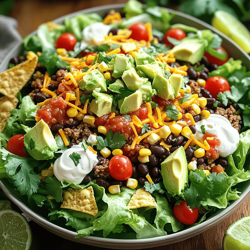 - 450 g Rinderhackfleisch oder Putenhackfleisch - 1 Paket Taco-Gewürzmischung - 1 Dose schwarze Bohnen, abgespült und abgetropft - 240 ml Mais, gefroren oder aus der Dose Die Hauptzutaten bilden die Basis für den Loaded Taco Salad. Ich empfehle, Rinderhackfleisch oder Putenhackfleisch zu verwenden. Beide sind saftig und voller Geschmack. Die Taco-Gewürzmischung bringt den typischen mexikanischen Flair. Schwarze Bohnen sind nahrhaft und geben dem Salat eine schöne Textur. Der Mais fügt eine süße Note hinzu. - 1 große Kopf Romanasalat, grob gehackt - 250 g Cherry-Tomaten, halbiert - 1 Avocado, gewürfelt - 100 g geriebener Cheddar-Käse - 120 ml Sauerrahm - 60 g frischer Koriander, gehackt Frische Zutaten machen den Salat lebendig. Romanasalat ist knackig und gibt eine gute Basis. Cherry-Tomaten bringen Farbe und Frische. Avocado macht das Gericht cremig und lecker. Der geriebene Cheddar-Käse sorgt für einen herzhaften Geschmack. Sauerrahm rundet alles ab und Koriander bringt einen frischen Kick. - Salsa zum Beträufeln - Tortilla-Chips zur Garnitur - Limettenviertel zum Servieren - Salz und Pfeffer nach Geschmack Die zusätzlichen Beläge machen den Salat besonders. Salsa gibt einen scharfen und fruchtigen Geschmack. Tortilla-Chips fügen Crunch hinzu. Limettenviertel sind perfekt, um dem Salat Frische zu verleihen. Vergessen Sie nicht, mit Salz und Pfeffer zu würzen, um alles abzurunden. Für das komplette Rezept schauen Sie sich die Full Recipe an. Zuerst erhitzen Sie eine große Pfanne bei mittlerer Hitze. Geben Sie das Rinder- oder Putenhackfleisch hinein. Braten Sie das Fleisch an, bis es braun und durchgegart ist. Wenn zu viel Fett übrig bleibt, gießen Sie es ab. Jetzt kommt die Taco-Gewürzmischung ins Spiel. Fügen Sie diese dem Fleisch hinzu. Folgen Sie den Anweisungen auf der Packung. Meistens fügen Sie etwas Wasser hinzu und lassen es für fünf Minuten köcheln. Nehmen Sie die Pfanne vom Herd und lassen Sie das Fleisch etwas abkühlen. In einer großen Servierschüssel verteilen Sie den grob gehackten Romanasalat gleichmäßig. Dies ist die Basis Ihres Salats. Danach legen Sie das gekochte Fleisch großzügig über den Salat. Jetzt fügen Sie die weiteren Zutaten in Schichten hinzu. Beginnen Sie mit den schwarzen Bohnen, gefolgt vom Mais. Danach kommen die halbierten Cherry-Tomaten und die gewürfelte Avocado. Diese Schichten sorgen für eine tolle Optik und Geschmack. Geben Sie einige Löffel Sauerrahm oben auf den Salat. Träufeln Sie die Salsa großzügig darüber. Garnieren Sie das Gericht mit frischem Koriander und zerdrückten Tortilla-Chips. Diese sorgen für einen knackigen Biss. Servieren Sie die Limettenviertel an der Seite. Diese geben einen spritzigen Akzent zum Salat. Genießen Sie Ihren Loaded Taco Salad, der kraftvoll und lecker ist! Für mehr Details schauen Sie sich das [Full Recipe] an. Um das Fleisch perfekt anzubraten, beginne mit einer heißen Pfanne. Zu viel Fett kann den Geschmack mindern. Verwende nur so viel Öl, wie nötig ist. Achte darauf, das Hackfleisch gut zu zerkrümeln. So wird es gleichmäßig gebräunt. Würze das Fleisch frühzeitig. Das Taco-Gewürz sorgt für den besten Geschmack. Die Aromen ziehen gut ein, wenn du es früh hinzufügst. Die Anordnung der Zutaten ist wichtig. Beginne mit dem Romanasalat als Basis. Schichte dann die weiteren Zutaten. Halte die Farben lebendig und ansprechend. Verwende große, farbenfrohe Schalen. Das macht den Salat einladender. Ein schöner Anblick steigert den Appetit. Du kannst viele Variationen ausprobieren. Für eine vegetarische Version nimm Tofu oder mehr Gemüse. Avocado und Bohnen bieten gute Alternativen. Auch vegane Optionen sind möglich. Nutze pflanzlichen Käse und Sauerrahm. Bei den Toppings hast du freie Wahl. Salsa, Jalapeños oder Guacamole passen gut. Erlaube dir, kreativ zu sein. {{image_4}} Für den Loaded Taco Salad kannst du mit verschiedenen Proteinen spielen. Gegrilltes Hähnchen bringt einen tollen Geschmack. Es ist saftig und passt gut zu den frischen Zutaten. Tofu ist eine gute Wahl für Veganer. Es nimmt die Aromen gut auf und ist gesund. Meeresfrüchte sind eine spannende Option. Garnelen oder gegrillter Fisch sorgen für eine frische Note. Sie verleihen dem Salat ein einzigartiges Aroma. Du kannst also kreativ sein und die Proteinquelle wählen, die dir am besten gefällt. Wenn du glutenfrei essen musst, gibt es einfache Lösungen. Verwende glutenfreie Tortilla-Chips und achte auf die Gewürzmischung. Viele Marken bieten glutenfreie Optionen an. So bleibt der Spaß am Essen erhalten. Für eine Low-Carb-Version kannst du das Fleisch verdoppeln. Reduziere die Bohnen und den Mais. Stattdessen füge mehr frisches Gemüse hinzu. Gurken oder Paprika sind knackige Alternativen. Diese Anpassungen helfen dir, die Kohlenhydrate zu senken und trotzdem lecker zu essen. Variationen in der Salsa bringen neuen Schwung. Eine würzige Salsa mit Jalapeños gibt einen tollen Kick. Wenn du es lieber süß magst, probiere Mango-Salsa. Diese Kombination aus süß und herzhaft ist köstlich. Experimentiere mit verschiedenen Käsesorten. Neben Cheddar kannst du auch Feta oder Queso Fresco verwenden. Diese Käsesorten bringen neue Texturen und Geschmäcker. So wird dein Loaded Taco Salad noch aufregender und leckerer. Für das komplette Rezept besuche [Full Recipe]. - Reste im Kühlschrank aufbewahren: Lege die Reste in einen luftdichten Behälter. So bleiben die Aromen frisch. Du kannst den Salat bis zu drei Tage im Kühlschrank lagern. - Haltbarkeit der Zutaten: Das Rinderhackfleisch oder Putenhackfleisch hält sich im Kühlschrank etwa drei bis vier Tage. Frisches Gemüse wie Avocado und Tomaten solltest du am besten am gleichen Tag essen. - Möglichkeiten zum Einfrieren des Fleisches: Wenn du Reste hast, kannst du das gekochte Fleisch einfrieren. Lege es in einen Gefrierbeutel und drücke die Luft heraus. So bleibt es bis zu drei Monate frisch. - Wie man frische Zutaten verlängert: Du kannst Gemüse wie die Bohnen und den Mais ebenfalls einfrieren. Teile die Bohnen in kleine Portionen und friere sie ein. So hast du immer einen schnellen Snack. - Möglichkeiten, Reste wiederzuverwenden: Nutze die Reste für Wraps oder Quesadillas. Sie sind eine tolle Möglichkeit, die Aromen neu zu erfinden. - Zubereitungsideen für die nächsten Tage: Du kannst den Salat auch als Füllung für Tacos verwenden. Das bringt neuen Schwung in deine Mahlzeiten. Die Vorbereitung ist einfach. Sie benötigen etwa 15 Minuten. Kochen Sie das Fleisch und mischen Sie die Zutaten. Wenn Sie eine Party planen, bereiten Sie alles vorher vor. Stellen Sie die Zutaten in Schalen bereit. So können Gäste ihren eigenen Salat bauen. Das macht Spaß und jeder kann seine Lieblingszutaten wählen. Ja, Sie können den Salat im Voraus machen. Lagern Sie das gekochte Fleisch in einem luftdichten Behälter. Halten Sie frische Zutaten separat. So bleiben sie knackig und frisch. Wenn Sie bereit sind, den Salat zu servieren, kombinieren Sie alles. Das ist einfach und spart Zeit. Wenn Sie kein Rinderhackfleisch mögen, probieren Sie Putenhackfleisch oder gegrilltes Hähnchen. Für eine vegetarische Option gibt es schwarze Bohnen oder Kichererbsen. Anstelle von Cheddar-Käse können Sie Feta oder veganen Käse verwenden. Wenn Sie scharfen Geschmack mögen, fügen Sie Jalapeños hinzu. Es gibt viele Möglichkeiten, den Salat anzupassen. Seien Sie kreativ! Der Loaded Taco Salad kombiniert einfache Zutaten für ein köstliches Gericht. Wir haben die Hauptzutaten, frische Komponenten und zusätzliche Beläge besprochen. Jeder Schritt bei der Zubereitung sorgt für optimalen Geschmack. Denken Sie auch an Präsentation und Anpassungen für spezielle Diäten. Ein einfacher Salat kann mit Resten leicht abgewandelt werden. Probieren Sie die verschiedenen Varianten und finden Sie Ihren Favoriten! Kochen macht Spaß und dieser Salat ist vielseitig.