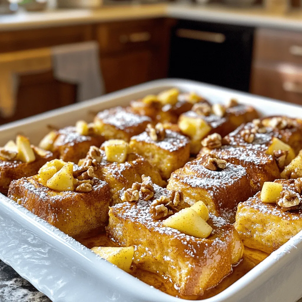 Für den Apfel-Zimt Französisch Toast Auflauf brauchen Sie: - 1 Laib Challah-Brot, in Würfel geschnitten - 3 große Eier - 2 Tassen Vollmilch - 1 Tasse ungesüßter Apfelmus - 1 Teelöffel Vanilleextrakt - 2 Teelöffel gemahlener Zimt - 1/4 Teelöffel Muskatnuss - 1/4 Tasse Ahornsirup - 2 mittelgroße Äpfel, geschält und gewürfelt (vorzugsweise Granny Smith oder Honeycrisp) - 1/2 Tasse gehackte Walnüsse (optional) - Puderzucker zum Bestäuben (optional) Die Wahl der Äpfel ist wichtig. Granny Smith Äpfel sind sauer und knackig. Sie geben dem Auflauf einen tollen Kontrast. Honeycrisp Äpfel sind süßer und saftig. Beide Sorten sind ideal. Sie behalten ihre Form beim Backen. Wählen Sie frische Äpfel ohne Dellen oder Flecken. So wird der Geschmack intensiver. Es gibt viele Möglichkeiten, diesen Auflauf anzupassen. Sie können andere Brotsorten verwenden, wie Brioche oder Vollkornbrot. Für eine glutenfreie Version nutzen Sie glutenfreies Brot. Anstelle von Apfelmus können Sie auch reife Bananen verwenden. Wenn Sie Nüsse nicht mögen, lassen Sie diese weg. Fühlen Sie sich frei, mit Gewürzen zu experimentieren. Fügen Sie Muskatnuss oder Ingwer für einen anderen Geschmack hinzu. Diese Variationen machen das Rezept einzigartig. Zuerst heize deinen Ofen auf 175°C vor. Nimm eine 23x33 cm große Auflaufform und fette sie mit Butter oder Kochspray ein. In einer großen Schüssel vermischst du die Eier, Milch, ungesüßten Apfelmus, Vanilleextrakt, gemahlener Zimt, Muskatnuss und Ahornsirup. Rühre alles gut um, bis es gleichmäßig aussieht. Jetzt schneide das Challah-Brot in kleine Würfel. Diese Brotwürfel kommen gleichmäßig in die gefettete Form. Danach füge die gewürfelten Äpfel und optional die Walnüsse hinzu. Mische alles vorsichtig, damit die Brotwürfel nicht zerdrückt werden. Nun gieße die Eiermischung gleichmäßig über die Brotwürfel. Achte darauf, dass jedes Stück gut überzogen ist. Bedecke die Form mit Frischhaltefolie und lasse sie mindestens 30 Minuten im Kühlschrank stehen. Du kannst den Auflauf auch über Nacht ziehen lassen, um den Geschmack zu intensivieren. Nachdem die Zeit vergangen ist, nimm die Form aus dem Kühlschrank. Lass sie 10 Minuten bei Raumtemperatur stehen. Jetzt kommt der Spaß: Stelle die Form in den vorgeheizten Ofen und backe den Auflauf unbedeckt für 40-45 Minuten. Die Oberseite sollte goldbraun und die Mitte fest sein. Wenn der Auflauf fertig ist, nimm ihn aus dem Ofen und lass ihn leicht abkühlen. Vor dem Servieren kannst du ihn mit Puderzucker bestäuben. Serviere den Auflauf warm aus dem Ofen. Garniere ihn mit zusätzlichen gewürfelten Äpfeln und einem Schuss Ahornsirup. Das gibt eine tolle Süße und macht das Gericht noch einladender. Um die perfekte Textur für deinen Apple Cinnamon French Toast Bake zu erreichen, achte auf die Brotwürfel. Verwende frisches oder leicht altes Challah-Brot. Frisches Brot nimmt die Eiermischung besser auf. Das sorgt für ein zartes Innenleben. Die Oberfläche hingegen wird schön knusprig. Lass das Brot mindestens 30 Minuten in der Eiermischung ziehen. So saugt es die Flüssigkeit gut auf. Ein häufiger Fehler ist, die Eiermischung nicht gut zu vermischen. Alle Zutaten sollten gleichmäßig gemischt sein. Wenn du die Mischung nicht gut rührst, bekommst du Klumpen. Ein weiterer Fehler ist, den Auflauf zu lange zu backen. Achte darauf, dass die Oberseite goldbraun ist, aber die Mitte noch leicht wackelt. Das macht den Auflauf fluffig und nicht trocken. Du kannst diesen Auflauf gut im Voraus zubereiten. Bereite ihn am Abend vorher vor und stelle ihn in den Kühlschrank. So zieht der Geschmack besser ein. Du kannst ihn dann direkt im Ofen backen, ohne ihn vorher herauszunehmen. Achte darauf, ihn etwa 10 Minuten bei Zimmertemperatur stehen zu lassen, bevor du ihn in den Ofen schiebst. Das sorgt für ein gleichmäßiges Backen. Für das vollständige Rezept schau dir die [Full Recipe] an. {{image_4}} Für eine glutenfreie Version des Apfel-Zimt Französisch Toast Auflaufs, wählen Sie glutenfreies Brot. Achten Sie darauf, dass das Brot frisch ist. Es gibt viele Marken, die leckeres glutenfreies Brot anbieten. Nutzen Sie auch glutenfreie Mehle in der Eiermischung. So bleibt der Auflauf leicht und fluffig. Um diesen Auflauf vegan zu machen, ersetzen Sie die Eier durch eine Mischung aus Leinsamen und Wasser. Mischen Sie 1 Esslöffel Leinsamen mit 3 Esslöffeln Wasser. Lassen Sie es 10 Minuten ruhen, bis es gelartig wird. Verwenden Sie pflanzliche Milch wie Mandel- oder Hafermilch anstelle von Vollmilch. Für den Apfelmus können Sie auch selbst gemachten Apfelmus verwenden. Fügen Sie dem Auflauf mehr Geschmack hinzu! Experimentieren Sie mit Zutaten wie Karamellsoße oder Schokoladenstückchen. Ein Hauch von Zitrone in der Eiermischung kann den Apfelgeschmack aufhellen. Auch gehackte Nüsse oder verschiedene Obstsorten können spannend sein. Probieren Sie Birnen oder Pfirsiche für eine neue Note. Um die Frische des Apple Cinnamon French Toast Bake zu bewahren, ist die richtige Lagerung wichtig. Lassen Sie den Auflauf nach dem Backen auf Raumtemperatur abkühlen. Decken Sie ihn dann mit Frischhaltefolie oder einem luftdichten Deckel ab. Lagern Sie ihn im Kühlschrank, um das Wachstum von Bakterien zu vermeiden. Verwenden Sie einen Behälter, der gut schließt, um die Aromen zu bewahren. Wenn Sie den Auflauf aufwärmen möchten, heizen Sie Ihren Ofen auf 175°C (350°F) vor. Nehmen Sie den Auflauf aus dem Kühlschrank und lassen Sie ihn etwa 10 Minuten bei Zimmertemperatur stehen. Decken Sie ihn mit Aluminiumfolie ab, um ein Austrocknen zu verhindern. Erwärmen Sie ihn dann für etwa 20-25 Minuten oder bis er durchgehend warm ist. Alternativ können Sie auch die Mikrowelle verwenden, aber die Ofenmethode sorgt für eine bessere Textur. Im Kühlschrank hält der Auflauf etwa 3-4 Tage. Stellen Sie sicher, dass er gut verpackt ist. Im Gefrierschrank bleibt er bis zu 3 Monate frisch. Teilen Sie den Auflauf in Portionen auf, bevor Sie ihn einfrieren. So können Sie einfach nur die Menge auftauen, die Sie benötigen. Lassen Sie den gefrorenen Auflauf über Nacht im Kühlschrank auftauen, bevor Sie ihn aufwärmen. Sie können den Auflauf bis zu 24 Stunden im Voraus zubereiten. Bereiten Sie ihn einfach bis zur Phase vor dem Backen vor. Decken Sie die Auflaufform mit Frischhaltefolie ab und stellen Sie sie in den Kühlschrank. So können die Aromen gut ziehen. Wenn Sie bereit sind zu backen, lassen Sie den Auflauf 10 Minuten bei Zimmertemperatur stehen. Das hilft beim gleichmäßigen Backen. Ja, Sie können verschiedene Früchte verwenden! Versuchen Sie Birnen oder Beeren. Diese Früchte bringen frische Aromen in den Auflauf. Schneiden Sie die Früchte klein, damit sie gleichmäßig garen. Achten Sie darauf, die Menge der Früchte nicht zu stark zu erhöhen. Zu viele Früchte können den Auflauf matschig machen. Servieren Sie den Auflauf warm aus dem Ofen. Garnieren Sie ihn mit zusätzlichen gewürfelten Äpfeln und einem Schuss Ahornsirup. Für eine süße Note können Sie Puderzucker darüber streuen. Eine Portion mit frischem Obst macht den Genuss noch besser. Diese Präsentation sieht nicht nur toll aus, sondern schmeckt auch fantastisch! Der Blogbeitrag zeigte, wie man einen köstlichen Apfelauflauf macht. Sie lernten die besten Zutaten, Auswahl der Äpfel und Alternativen kennen. Außerdem gab es eine Schritt-für-Schritt-Anleitung vom Vorbereiten bis zum Servieren. Tipps halfen, häufige Fehler zu vermeiden und Textur zu perfektionieren. Variationen und Aufbewahrungstipps runden das Ganze ab. Experimentieren Sie mit verschiedenen Optionen, um Ihr Rezept zu verbessern. So genießen Sie jedes Mal einen tollen Auflauf.