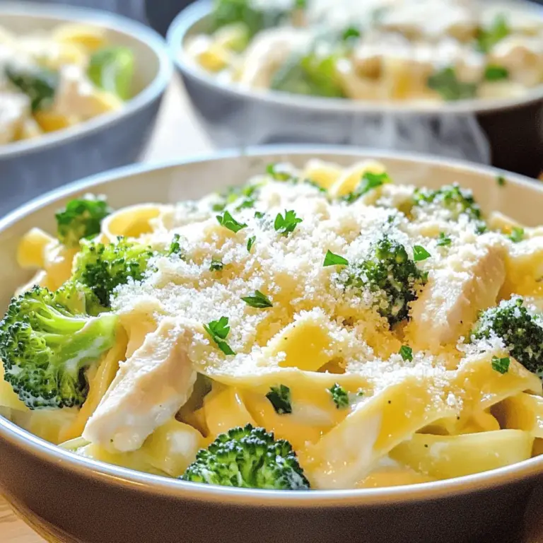 - 2 Hähnchenbrustfilets, ohne Haut und Knochen - 2 Tassen Brokkoliröschen - 230 g Fettuccine-Nudeln - 240 ml Sahne - 100 g geriebener Parmesan - 2 Esslöffel Butter - 3 Knoblauchzehen, fein gehackt - Salz und Pfeffer nach Geschmack - 1 Teelöffel italienische Gewürzmischung - Frische Petersilie, gehackt (zum Garnieren) Diese Zutaten ergeben eine leckere und frische Mahlzeit. Ich mag es, frische Produkte zu verwenden. Das macht einen großen Unterschied. Die Kombination von Hähnchen und Brokkoli sorgt für eine gute Balance. Ihr bekommt Protein und Gemüse in jeder Gabel. Eine Portion Chicken Broccoli Alfredo hat ungefähr: - Kalorien: 600 - Fett: 30 g - Kohlenhydrate: 55 g - Eiweiß: 30 g Diese Nährwerte sind ungefähr und können variieren. Es hängt von der genauen Zubereitung und den Zutaten ab. Ich finde, dass dies eine gute Wahl für ein Hauptgericht ist. Es ist sättigend und macht glücklich. Falls ihr einige Zutaten nicht habt, gibt es Alternativen: - Statt Hähnchen könnt ihr auch Putenbrust verwenden. - Brokkoli kann durch Blumenkohl ersetzt werden. - Für eine pflanzliche Option könnt ihr Zucchini oder Pilze nehmen. - Sahne kann durch Kokosmilch oder pflanzliche Sahne ersetzt werden. - Parmesan ist optional; Hefeflocken geben einen ähnlichen Geschmack. Diese Substitutionen machen das Rezept flexibler. Ihr könnt es anpassen, je nach dem, was ihr mögt oder zur Hand habt. So bleibt das Gericht spannend. Ihr könnt eure eigene Note hinzufügen und die Aromen genießen. Um die Fettuccine und den Brokkoli vorzubereiten, bringe einen großen Topf mit gesalzenem Wasser zum Kochen. Gib die Fettuccine-Nudeln ins Wasser und koche sie. Halte dich an die Anweisungen auf der Verpackung, aber achte darauf, sie al dente zu kochen. In den letzten zwei Minuten der Kochzeit füge die Brokkoliröschen hinzu. Sie werden weich, aber behalten ihre Farbe. Nach dem Kochen gieße die Nudeln und den Brokkoli ab, aber behalte eine Tasse des Nudelwassers. Das Wasser hilft später, die Sauce zu verdünnen, wenn nötig. Für das Hähnchen erhitze in einer großen Pfanne bei mittlerer Hitze die Butter. Würze die Hähnchenbrustfilets mit Salz, Pfeffer und italienischer Gewürzmischung. Lege das Hähnchen in die Pfanne und brate es. Lass es etwa 6-7 Minuten auf jeder Seite braten, bis es gut durch ist. Das Hähnchen sollte innen nicht mehr rosa sein. Nimm das Hähnchen aus der Pfanne und lasse es einige Minuten ruhen. Danach schneide es in Scheiben. Jetzt geht es an die Alfredo-Sauce. In der gleichen Pfanne, in der du das Hähnchen gebraten hast, gib den fein gehackten Knoblauch. Brate ihn etwa eine Minute an, bis er gut duftet. Füge dann die Sahne hinzu und lasse die Mischung sanft köcheln. Nach und nach gib den geriebenen Parmesan dazu. Rühre gut um, bis der Käse geschmolzen ist und die Sauce cremig wird. Wenn die Sauce zu dick ist, füge etwas von dem aufbewahrten Nudelwasser hinzu, um die gewünschte Konsistenz zu erreichen. Jetzt wird alles zusammengeführt! Gib die gekochten Fettuccine und den Brokkoli in die Pfanne mit der Sauce. Mische alles gut, sodass die Sauce gleichmäßig die Nudeln und das Gemüse umhüllt. Füge die in Scheiben geschnittenen Hähnchenbrustfilets hinzu. Schmecke das Gericht mit Salz und Pfeffer ab. Für das Servieren richte das Hähnchen-Brokkoli-Alfredo auf Tellern an. Garniere es mit gehackter frischer Petersilie, um dem Gericht Farbe und Geschmack zu geben. Du kannst auch etwas mehr Sauce darüberträufeln und extra Parmesan hinzufügen. So wird es noch leckerer und sieht toll aus. Du findest alle Schritte und Details in der [Full Recipe]. Um eine cremige Sauce zu bekommen, ist die Sahne der Schlüssel. Ich benutze immer frische Sahne, denn sie macht den Unterschied. Wenn deine Sauce zu dick ist, füge etwas vom Nudelwasser hinzu. Das Wasser hat Stärke, die die Sauce bindet. Rühre die Sauce gut um, damit alles glatt wird. Parmesan ist auch wichtig. Je frischer der Käse, desto besser die Sauce. Die Kochzeit ist entscheidend. Achte darauf, die Fettuccine und den Brokkoli zur gleichen Zeit zu kochen. So bleiben die Nudeln al dente und der Brokkoli knackig. Wenn du die Nudeln kochst, stelle sicher, dass das Wasser sprudelnd kocht. Das hilft, die Garzeit zu verkürzen. Nach dem Kochen sofort abgießen, sonst werden die Nudeln matschig. Du brauchst ein paar Werkzeuge, um Chicken Broccoli Alfredo einfach zu machen. Ein großer Topf ist für die Nudeln wichtig. Eine große Pfanne für das Hähnchen und die Sauce ist auch nötig. Ein Holzlöffel hilft, die Sauce gut zu rühren. Außerdem ist ein Sieb hilfreich, um die Nudeln und den Brokkoli abzugießen. Diese Werkzeuge machen das Kochen schneller und einfacher. Für die vollständige Anleitung, schau dir das Full Recipe an. {{image_4}} Wenn Sie eine vegetarische Option möchten, können Sie das Hähnchen einfach weglassen. Ersetzen Sie es durch Tofu oder Tempeh. Diese passen gut zur cremigen Alfredo-Sauce. Achten Sie darauf, das Gemüse gut zu würzen. Brokkoli und Spinat sind tolle Ergänzungen. Sie bringen nicht nur Farbe, sondern auch Nährstoffe in das Gericht. Die Gewürze machen viel aus. Experimentieren Sie mit verschiedenen Kräutern. Fügen Sie etwas Paprika für eine leichte Schärfe hinzu. Thymian oder Oregano sind ebenfalls gute Optionen. Diese Kräuter bringen neue Aromen in Ihr Gericht. Wenn Sie es würziger mögen, probieren Sie etwas Cayennepfeffer oder roten Pfeffer. Um das Gericht noch schmackhafter zu machen, können Sie zusätzliche Zutaten hinzufügen. Pilze sind eine hervorragende Wahl. Sie verleihen dem Gericht eine erdige Note. Auch geröstete Pinienkerne oder Walnüsse sorgen für einen tollen Crunch. Zucchini oder Paprika bringen Frische und Farbe ins Spiel. Achten Sie darauf, die Zutaten gut zu kombinieren, um eine harmonische Geschmacksbalance zu erreichen. Um Chicken Broccoli Alfredo frisch zu halten, lege die Reste in einen luftdichten Behälter. Das Gericht bleibt im Kühlschrank bis zu drei Tage haltbar. Stelle sicher, dass die Reste vollständig abgekühlt sind, bevor du sie lagerst. So verhinderst du, dass sich Bakterien bilden. Wenn du mehr Reste hast, kannst du das Gericht auch einfrieren. Teile die Portionen in gefriergeeignete Behälter oder Beutel auf. Achte darauf, die Luft gut herauszudrücken. So vermeidest du Gefrierbrand. Chicken Broccoli Alfredo kann bis zu drei Monate eingefroren werden. Um das Gericht wieder aufzuwärmen, nutze eine Mikrowelle oder einen Topf. Bei der Mikrowelle erwärme es in kurzen Intervallen von 30 Sekunden. Rühre regelmäßig um, damit es gleichmäßig warm wird. Bei der Pfanne füge etwas Nudelwasser hinzu, um die Sauce cremig zu halten. So bleibt das Gericht so lecker wie frisch zubereitet. Chicken Broccoli Alfredo bleibt im Kühlschrank etwa 3 bis 4 Tage frisch. Verwende einen luftdichten Behälter. Achte darauf, das Gericht gut abkühlen zu lassen, bevor du es lagerst. Ja, du kannst die Sahne durch Milch oder eine pflanzliche Alternative ersetzen. Sojamilch oder Mandelmilch sind gute Optionen. Beachte, dass die Sauce dadurch weniger cremig wird. Um die Sauce aromatischer zu machen, füge frische Kräuter hinzu. Basilikum oder Oregano passen gut. Du kannst auch etwas Zitronensaft für einen frischen Geschmack hinzufügen. Ja, Chicken Broccoli Alfredo ist sehr kinderfreundlich. Die sanfte Sauce und der leckere Geschmack sprechen Kinder an. Du kannst die Gewürze anpassen, um es milder zu machen. Chicken Broccoli Alfredo ist eine amerikanische Variante des italienischen Klassikers Fettuccine Alfredo. In den USA fügen Köche oft Hähnchen und Brokkoli hinzu, um mehr Nährstoffe und Geschmack zu bieten. Wir haben die wichtigsten Zutaten und Schritte für Chicken Broccoli Alfredo behandelt. Die Nährwerte helfen dir, gesunde Entscheidungen zu treffen. Tipps geben dir die besten Tricks für eine cremige Sauce. Variationen zeigen, wie du das Gericht anpassen kannst. Auch die Aufbewahrung wurde berücksichtigt, um Reste optimal zu nutzen. Kochspaß ist wichtig, also experimentiere und finde deine eigene Version. Mit diesem Wissen wirst du ein großartiges Gericht zaubern!