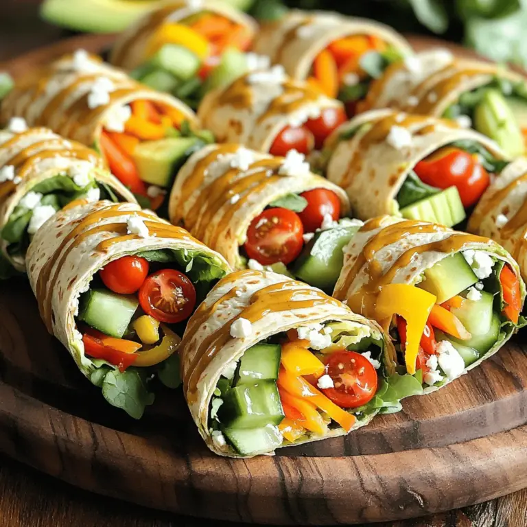 - 4 Vollkorn-Tortillas - 1 Tasse gemischte Blattsalate (Spinat, Rucola und Grünkohl) - 1 Tasse bunte Paprika, dünn geschnitten (rot, gelb und orange) - 1 Tasse Gurke, in Julienne geschnitten - 1 große Karotte, gerieben - ½ Avocado, in Scheiben - 1 Tasse Kirschtomaten, halbiert - 1/4 Tasse rote Zwiebel, dünn geschnitten - 1/4 Tasse Feta-Käse, zerbröselt (optional) - 1/4 Tasse Honig-Senf-Dressing (fertig gekauft oder selbstgemacht) - Salz und Pfeffer nach Geschmack Die Hauptzutaten machen diese Wraps frisch und bunt. Vollkorn-Tortillas sind eine gesunde Basis. Sie sind einfach zu finden und voll von Ballaststoffen. Die Mischung aus Blattsalaten bringt eine knackige Textur. Bunte Paprika fügen Farbe und Süße hinzu. Jede Zutat trägt zur gesunden Ernährung bei. - 1/4 Tasse Feta-Käse, zerbröselt - Gewürze und Kräuter nach Wahl Optionaler Feta-Käse gibt den Wraps einen salzigen Kick. Gewürze und frische Kräuter sind eine tolle Möglichkeit, den Geschmack zu variieren. Zum Beispiel passen frischer Dill oder Petersilie gut zu den Wraps. Sie können die Zutaten nach Ihrem Geschmack ändern, um neue Aromen zu entdecken. Die vollständige Rezeptur finden Sie im Abschnitt Full Recipe. Zuerst waschen Sie die Blattsalate gründlich. Lassen Sie sie gut abtropfen. Dann schneiden Sie das Gemüse vor. Nehmen Sie die Paprika und schneiden Sie sie in dünne Streifen. Die Gurke sollte in Julienne-Streifen geschnitten werden. Reiben Sie die große Karotte. Halbieren Sie die Kirschtomaten und schneiden Sie die rote Zwiebel dünn. Legen Sie alle Zutaten bereit. Erhitzen Sie eine trockene Pfanne bei mittlerer Hitze. Legen Sie jede Tortilla in die Pfanne. Erwärmen Sie die Tortilla für etwa 30 Sekunden auf jeder Seite. Sie sollten weich und biegsam sein. Nehmen Sie sie aus der Pfanne, wenn sie fertig sind. Legen Sie eine erwärmte Tortilla auf eine saubere Fläche. Verteilen Sie einen Esslöffel Honig-Senf-Dressing gleichmäßig darauf. In der Mitte platzieren Sie eine Handvoll gemischter Blattsalate. Fügen Sie die Paprika, Gurke, Karotte, Tomaten und Avocado hinzu. Streuen Sie die roten Zwiebeln und den Feta-Käse darüber, wenn Sie möchten. Würzen Sie die Füllung leicht mit Salz und Pfeffer. Falten Sie die Seiten der Tortilla nach innen. Rollen Sie dann die Tortilla von unten nach oben auf. Wiederholen Sie diesen Vorgang mit den restlichen Zutaten. Schneiden Sie jeden Wrap diagonal in zwei Hälften. Servieren Sie die Wraps auf einem bunten Teller. Um die perfekten Wraps zu machen, gibt es ein paar einfache Schritte. Zuerst, nimm eine warme Tortilla. Lege sie flach auf eine saubere Fläche. Verteile einen Esslöffel Honig-Senf-Dressing in der Mitte. Achte darauf, nicht zu viel zu nehmen! Jetzt kommt der wichtigste Teil: die Füllung. Platziere eine Handvoll Salat und das geschnittene Gemüse auf das Dressing. Falte die Seiten der Tortilla nach innen. Dann rolle die Tortilla von unten nach oben auf. So bleibt die Füllung sicher im Wrap. Wenn du das richtig machst, läuft nichts aus. Die Wraps bleiben fest und lecker. Du kannst das Honig-Senf-Dressing selbst machen. Mische einfach Honig, Senf, etwas Essig und Öl. So hast du frischen, tollen Geschmack. Das Dressing passt perfekt zu den Gemüse Wraps. Du kannst auch den Geschmack anpassen. Füge mehr Gewürze hinzu oder probiere andere Gemüse. Wenn du lieber etwas anderes magst, dann nimm deine Lieblingszutaten. Du kannst auch Feta-Käse oder andere Käsesorten verwenden. So wird jeder Biss besonders. Verwende den [Full Recipe], um die besten Zutaten zu finden. {{image_4}} Möchten Sie mehr Protein in Ihre Honig-Senf Gemüse Wraps? Es gibt einfache Wege, dies zu tun. - Hinzufügen von Tofu oder Kichererbsen: Tofu ist eine großartige Wahl. Er hat einen milden Geschmack und nimmt gut die Aromen auf. Schneiden Sie ihn in kleine Stücke und braten Sie ihn leicht an. Kichererbsen sind eine weitere Option. Sie sind nahrhaft und geben den Wraps einen tollen Biss. Verwenden Sie sie direkt aus der Dose oder kochen Sie sie selbst. - Verwendung von Hühnchen für Nicht-Vegetarier: Wenn Sie Fleisch lieben, fügen Sie Hühnchen hinzu. Gegrilltes oder gebratenes Hühnchen passt perfekt. Schneiden Sie es in Streifen und legen Sie es auf das Gemüse. Es gibt den Wraps zusätzliches Aroma und macht sie sättigender. Diese proteinreichen Optionen machen die Wraps nahrhafter und leckerer. Es gibt auch tolle vegane Alternativen, die gut in die Wraps passen. - Feta-Käse ersetzen: Wenn Sie vegan leben, lassen Sie den Feta-Käse einfach weg. Stattdessen können Sie einen veganen Käse verwenden oder die Wraps ohne Käse genießen. Das Gemüse bringt genügend Geschmack. - Alternative Dressings: Das Honig-Senf-Dressing lässt sich leicht anpassen. Verwenden Sie eine Mischung aus Senf und Ahornsirup. Das gibt Ihnen eine süße Note ohne Honig. Probieren Sie auch Balsamico oder Tahini-Dressing. Diese bringen neue Aromen in Ihre Wraps. Mit diesen Tipps können Sie die Wraps ganz nach Ihrem Geschmack anpassen. Fühlen Sie sich frei, kreativ zu sein! Um die Reste deiner Honig-Senf Gemüse Wraps frisch zu halten, lege sie in einen luftdichten Behälter. Dadurch bleibt die Füllung knackig und lecker. Wenn du die Wraps vor dem Servieren zubereitest, wickele sie in Frischhaltefolie. Dies verhindert das Austrocknen. Du kannst sie auch in einem Behälter mit einem feuchten Küchentuch aufbewahren. So bleibt das Gemüse frisch und knackig. Die Wraps sind im Kühlschrank bis zu drei Tage haltbar. Achte darauf, sie gut zu verpacken. Wenn du die Haltbarkeit verlängern möchtest, friere die Wraps ein. Wickele sie in Frischhaltefolie und lege sie in einen Gefrierbeutel. So bleiben sie bis zu drei Monate frisch. Achte darauf, die Wraps vor dem Essen aufzutauen. Du kannst sie dann kurz in der Mikrowelle erwärmen, um sie wieder weich zu machen. Um Honig-Senf-Dressing selbst zu machen, brauchen Sie nur drei Zutaten. Mischen Sie 1/4 Tasse Honig, 1/4 Tasse Senf und 1/4 Tasse Olivenöl. Rühren Sie alles gut zusammen, bis es schön cremig ist. Fügen Sie nach Geschmack etwas Salz und Pfeffer hinzu. Dieses Dressing passt perfekt zu den Wraps und macht sie noch leckerer. Ja, Sie können die Wraps im Voraus machen. Bereiten Sie die Zutaten und den Wrap selbst vor. Wickeln Sie die Wraps in Frischhaltefolie und lagern Sie sie im Kühlschrank. So bleiben sie frisch. Achten Sie darauf, das Dressing separat zu halten, bis Sie bereit sind, zu essen. So bleibt der Wrap knusprig. Beliebte Beilagen zu Honig-Senf Gemüse Wraps sind frische Salate oder eine bunte Gemüsesuppe. Sie können auch etwas Obst wie Trauben oder Apfelscheiben dazu servieren. Diese Kombination ergänzt die Aromen der Wraps und macht Ihr Essen noch bunter und schmackhafter. Honig-Senf Gemüse Wraps sind einfach und lecker. Wir haben die Hauptzutaten und die Schritt-für-Schritt-Anleitung besprochen. Außerdem habe ich Tipps gegeben, wie die Wraps perfekt gelingen. Variationen bieten viele Möglichkeiten zur Anpassung. Achten Sie auch auf die Lagerung für die Frische. Diese Wraps sind gesund und machen Spaß. Probieren Sie sie aus und genießen Sie!