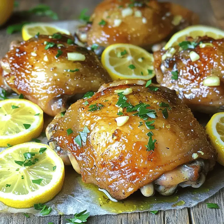 - 4 Hähnchenschenkel (mit Knochen und Haut) - 4 Knoblauchzehen, fein gehackt - 1 Zitrone (Schale und Saft) - 2 Esslöffel Olivenöl - 2 Teelöffel frische Thymianblätter (oder 1 Teelöffel getrockneter Thymian) - 1 Teelöffel Paprika - Salz und Pfeffer nach Geschmack - Frische Petersilie, gehackt (zum Garnieren) Ich liebe diese einfachen Zutaten. Die Hähnchenschenkel sind saftig und voller Geschmack. Die Haut bleibt knusprig, wenn Sie sie richtig zubereiten. Der Knoblauch und die Zitrone geben dem Gericht eine frische Note. Olivenöl sorgt für eine schöne Bräunung. Thymian bringt eine erdige Tiefe. Paprika fügt eine leichte Würze hinzu. Sie können die Gewürze nach Ihrem Geschmack anpassen. Fühlen Sie sich frei, kreativ zu werden! Vergessen Sie nicht die frische Petersilie. Sie macht das Gericht lebendig und bunt. Diese Zutaten sind einfach zu finden. Sie machen das Kochen leicht und angenehm. Für das vollständige Rezept schauen Sie sich die [Full Recipe] an. Um die Marinade herzustellen, mischen Sie in einer großen Schüssel die folgenden Zutaten: - 4 Knoblauchzehen, fein gehackt - Schale und Saft von 1 Zitrone - 2 Esslöffel Olivenöl - 2 Teelöffel frische Thymianblätter (oder 1 Teelöffel getrockneter Thymian) - 1 Teelöffel Paprika - Salz und Pfeffer nach Geschmack Fügen Sie die Hähnchenschenkel hinzu. Stellen Sie sicher, dass das Hähnchen gut mit der Marinade bedeckt ist. Decken Sie die Schüssel ab und lassen Sie das Hähnchen mindestens 30 Minuten marinieren. Für einen intensiveren Geschmack können Sie es bis zu 2 Stunden im Kühlschrank lassen. Heizen Sie Ihren Ofen auf 220°C (425°F) vor. Dies sorgt dafür, dass das Hähnchen gleichmäßig gart und eine knusprige Haut bekommt. Nehmen Sie eine Auflaufform und ölen Sie sie leicht ein oder verwenden Sie ein Antihaftspray. Legen Sie die marinierten Hähnchenschenkel mit der Hautseite nach oben in die Form. Backen Sie die Hähnchenschenkel im vorgeheizten Ofen für 35-40 Minuten. Das Ziel ist eine Innentemperatur von 74°C (165°F). Die Haut sollte knusprig und goldbraun sein. Um die Haut noch knuspriger zu machen, gießen Sie das Hähnchen während des Backens gelegentlich mit den eigenen Bratensäften über. Dies sorgt für zusätzlichen Geschmack und Feuchtigkeit. Um den besten Geschmack zu erzielen, marinieren Sie die Hähnchenschenkel mindestens 30 Minuten. Für intensiveren Geschmack können Sie bis zu 2 Stunden marinieren. Stellen Sie sicher, dass die Marinade gut in das Fleisch eindringt. Kühlen Sie das Hähnchen während der Marinierzeit. Eine gute Temperatur ist der Kühlschrank bei etwa 4°C. Alternative Marinade-Ideen: - Fügen Sie Honig für eine süßere Note hinzu. - Verwenden Sie Sojasauce für mehr Umami. - Experimentieren Sie mit verschiedenen Zitrusfrüchten wie Limetten oder Orangen. Ein häufiger Fehler ist, das Hähnchen zu lange zu backen. Überprüfen Sie die Innentemperatur. Sie sollte 74°C erreichen. Ein weiteres Problem ist trockenes Hähnchen. Um dies zu vermeiden, marinieren Sie gut und gießen Sie während des Backens mit den eigenen Säften. Anzeichen für das perfekte Garen: - Die Haut sollte knusprig und goldbraun sein. - Der Saft sollte klar sein, wenn Sie mit einer Gabel stechen. Zu Zitronen-Knoblauch-Hähnchen passen viele Beilagen. Roasted Gemüse ist eine gute Wahl. Ein leichter Salat mit frischen Kräutern ergänzt das Gericht perfekt. Anrichten für eine ansprechende Präsentation: - Legen Sie die Hähnchenschenkel auf einen großen Teller. - Fügen Sie frische Petersilie zur Garnierung hinzu. - Servieren Sie mit Zitronenscheiben für eine schöne Optik. Für das vollständige Rezept schauen Sie sich die [Full Recipe] an. {{image_4}} Du kannst die Hähnchenschenkel leicht anpassen. Verwende frische Kräuter wie Rosmarin oder Oregano. Diese Kräuter bringen einen neuen Geschmack. Wenn du etwas Schärfe magst, füge rote Pfefferflocken hinzu. Du kannst auch die Paprika durch Kreuzkümmel ersetzen. Experimentiere ruhig mit verschiedenen Gewürzen, um deine eigene Note zu finden. Grillen bringt die Aromen der Zitronen-Knoblauch-Hähnchenschenkel gut zur Geltung. Heize deinen Grill auf mittlere Hitze vor. Lege die marinierten Hähnchenschenkel mit der Hautseite nach oben auf den Grill. Grill die Hähnchen für etwa 30-35 Minuten. Wende sie einmal, um ein gleichmäßiges Garen zu gewährleisten. Die Innentemperatur sollte 74°C erreichen. So bleibt das Hähnchen saftig und hat eine schöne Grillmarkierung. Das Gericht passt gut zu vielen Beilagen. Probiere geröstetes Gemüse wie Zucchini, Paprika oder Karotten. Ein frischer Salat mit Rucola und Tomaten ergänzt die Aromen perfekt. Für Saucen empfehle ich eine Joghurtsauce oder ein einfaches Pesto. Diese Saucen bringen einen frischen Akzent. Du kannst die Saucen auch ganz einfach selbst machen. Das macht das Essen noch spannender und leckerer. Um die Reste von Zitronen-Knoblauch-Hähnchenschenkeln zu lagern, lege sie in einen luftdichten Behälter. Das hält sie frisch und lecker. Im Kühlschrank halten die Reste etwa 3 bis 4 Tage. Achte darauf, dass die Hähnchenschenkel gut abgekühlt sind, bevor du sie in den Kühlschrank stellst. So vermeidest du, dass andere Lebensmittel warm werden. Wenn du die Hähnchenschenkel länger aufbewahren möchtest, kannst du sie einfrieren. Wickle die abgekühlten Schenkel fest in Frischhaltefolie ein. Lege sie dann in einen Gefrierbeutel oder einen luftdichten Behälter. So bleiben sie bis zu 3 Monate frisch. Zum Auftauen lege die Schenkel einfach über Nacht in den Kühlschrank. Das sorgt dafür, dass sie gleichmäßig auftauen. Zum Wiedererwärmen kannst du sie im Ofen oder in der Mikrowelle aufwärmen. Um die Qualität der Hähnchenschenkel beim Aufwärmen zu erhalten, benutze den Ofen. Heize ihn auf 180 °C vor. Lege die Hähnchenschenkel auf ein Backblech und decke sie leicht mit Aluminiumfolie ab. Das hilft, das Fleisch saftig zu halten. Vermeide es, die Hähnchen zu lange aufzuwärmen, da sie sonst trocken werden. Ein häufiges Problem ist, dass die Haut beim Aufwärmen weich wird. Um dies zu verhindern, kannst du die Folie in den letzten Minuten entfernen, damit die Haut knusprig bleibt. Ich empfehle, die Hähnchenschenkel mindestens 30 Minuten zu marinieren. Für den besten Geschmack lasse ich sie bis zu 2 Stunden im Kühlschrank. So ziehen die Aromen besser ein und das Hähnchen wird saftiger. Wenn du mehr Zeit hast, ist eine längere Marinierzeit ideal. Ja, du kannst die Haut entfernen. Es hat jedoch Vor- und Nachteile. Ohne Haut wird das Hähnchen fettärmer, aber auch weniger aromatisch. Die Haut hilft, die Feuchtigkeit und den Geschmack zu halten. Wenn du eine knusprige Textur magst, lasse die Haut dran. Verschiedene Beilagen passen gut dazu. Ich empfehle geröstetes Gemüse wie Karotten, Zucchini oder Paprika. Ein frischer Salat mit Rucola und Tomaten ergänzt das Gericht auch gut. Du kannst auch Reis oder Quinoa servieren, um das Essen abzurunden. Um saftiges Hähnchen zu bekommen, mariniere es gründlich und backe es bei der richtigen Temperatur. Ich backe es bei 220°C, bis die Innentemperatur 74°C erreicht ist. Lass das Hähnchen nach dem Backen ruhen. Das hilft, die Säfte im Fleisch zu halten. Ja, es gibt tolle vegetarische Alternativen. Du kannst Hähnchenschenkel durch große Pilze wie Portobello ersetzen. Marinieren und backen wie im Rezept. Tofu ist auch eine gute Option. Er nimmt die Aromen gut auf und wird lecker, wenn er richtig zubereitet wird. Zusammenfassend haben wir die Zutaten und Schritte für köstliche Zitronen-Knoblauch-Hähnchenschenkel durchgehen. Sie brauchen frische Zutaten, eine gute Marinade und die richtigen Techniken. Denken Sie daran, das Hähnchen gut vorzubereiten, um es saftig zu halten. Variationen und passende Beilagen können Ihr Gericht noch schmackhafter machen. Lagern Sie Reste richtig, um die Qualität zu bewahren. Experimentieren Sie gerne mit neuen Kräutern und Gewürzen. Mit diesen Tipps gelingt Ihr Gericht sicher überragend!