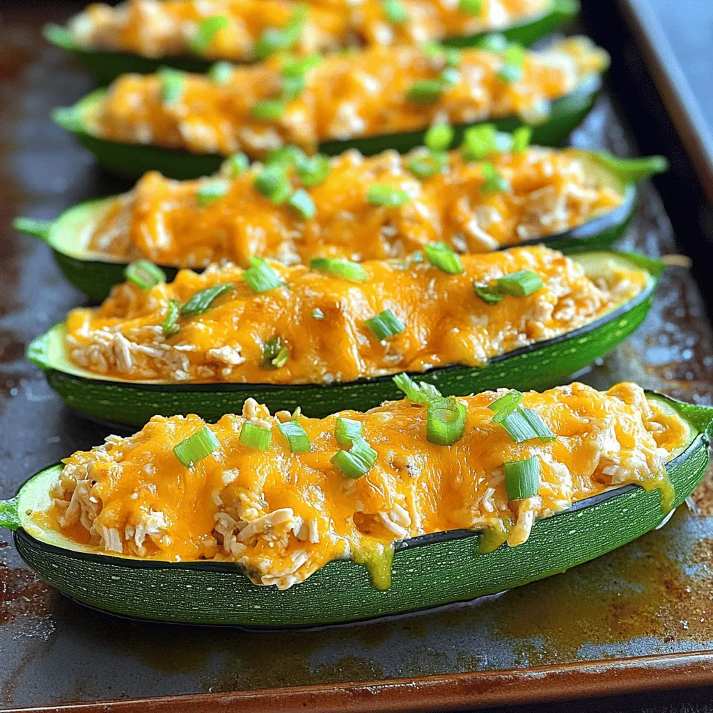 Für Buffalo Chicken Zucchini-Boote benötigen Sie diese Zutaten: - 4 mittelgroße Zucchini - 2 Tassen gekochte, zerrissene Hähnchenbrust - ½ Tasse Buffalo-Sauce - 1 Tasse geriebener Cheddar-Käse - ½ Tasse Frischkäse - 1 Esslöffel Olivenöl - ½ Teelöffel Knoblauchpulver - ¼ Teelöffel Zwiebelpulver - Salz und Pfeffer nach Geschmack - Gehackte Frühlingszwiebeln zum Garnieren Die Zucchini sind die perfekte Basis. Sie bieten eine leichte, aber schmackhafte Hülle für die Füllung. Das zerrissene Hähnchen sorgt für die Hauptproteinquelle. Die Buffalo-Sauce gibt dem Gericht den typischen scharfen Kick. Frischkäse sorgt für eine cremige Textur, während der Cheddar-Käse die Oberseite schön überbackt. Um diese Zucchini-Boote zuzubereiten, brauchen Sie: - Ein scharfes Messer - Ein Schneidebrett - Eine große Pfanne - Eine Rührschüssel - Ein Backblech - Ein Löffel zum Aushöhlen der Zucchini - Ein Ofen Diese Utensilien sind einfach und leicht zu finden. Sie sind in jeder Küche vorhanden oder leicht erhältlich. Falls Sie eine Zutat nicht haben, gibt es Alternativen: - Anstelle von Hähnchen können Sie Putenfleisch verwenden oder sogar Kichererbsen für eine vegetarische Option. - Die Buffalo-Sauce kann durch BBQ-Sauce ersetzt werden, wenn Sie es weniger scharf mögen. - Statt Cheddar können Sie Gouda oder Mozzarella verwenden, je nach Vorliebe. - Frischkäse lässt sich auch durch Ricotta ersetzen, um eine andere Textur zu erhalten. Mit diesen Alternativen können Sie das Rezept nach Ihrem Geschmack anpassen. Seien Sie kreativ und genießen Sie das Kochen! Zuerst heizen wir den Ofen auf 190°C vor. Nehmen Sie die Zucchini und schneiden Sie sie längs in zwei Hälften. Verwenden Sie einen Löffel, um die Kerne und das Fruchtfleisch herauszunehmen. Achten Sie darauf, genug Platz für die Füllung zu lassen. Hacken Sie das herausgenommene Fruchtfleisch klein und legen Sie es beiseite. Es wird später in die Füllung kommen. Erhitzen Sie einen Esslöffel Olivenöl in einer großen Pfanne bei mittlerer Hitze. Fügen Sie das gehackte Zucchinifleisch hinzu und braten Sie es 2-3 Minuten lang an, bis es weich ist. In einer großen Schüssel vermengen Sie dann die zerrissene Hähnchenbrust, die Buffalo-Sauce, den Frischkäse, das Knoblauchpulver, das Zwiebelpulver, Salz und Pfeffer. Rühren Sie alles gut um, bis es eine gleichmäßige Mischung ergibt. Geben Sie das angebratene Zucchinifleisch zur Hähnchenmischung und rühren Sie alles gut durch. Jetzt füllen Sie jede Zucchini-Hälfte mit der Buffalo-Hähnchen-Mischung. Drücken Sie die Füllung sanft nach unten, damit alles gut verpackt ist. Legen Sie die gefüllten Zucchini-Boote auf ein Backblech. Bestreuen Sie die Oberseite gleichmäßig mit geriebenem Cheddar-Käse. Dann backen Sie die Zucchini-Boote im vorgeheizten Ofen für 25-30 Minuten. Sie sind fertig, wenn die Zucchini zart ist und der Käse goldbraun und sprudelnd ist. Lassen Sie die Boote nach dem Backen kurz abkühlen und garnieren Sie sie mit gehackten Frühlingszwiebeln. Für die vollständige Zubereitung, schauen Sie sich das Full Recipe an. Um die besten Zucchini zu wählen, achte auf die Farbe. Sie sollten dunkelgrün und glänzend sein. Wähle Zucchini, die fest und schwer für ihre Größe sind. Vermeide Zucchini mit Flecken oder weichen Stellen. Kleine bis mittelgroße Zucchini sind ideal, da sie zarter sind. Überreife Zucchini können bitter schmecken und enthalten große Kerne. Für das richtige Backen stellst du den Ofen auf 190°C (375°F) ein. Lege die Zucchini-Boote auf ein Backblech, das mit Backpapier bedeckt ist. Dies hilft, ein Ankleben zu verhindern. Backe die Zucchini-Boote für 25-30 Minuten. Achte darauf, dass der Käse goldbraun und sprudelnd ist. Wenn du magst, kannst du die letzten 5 Minuten den Grill einstellen. So bekommt der Käse eine schöne Kruste. Um den Geschmack zu verbessern, füge frische Kräuter hinzu. Petersilie oder Schnittlauch passt gut zur Füllung. Ein Spritzer Zitronensaft gibt Frische. Du kannst auch mehr Buffalo-Sauce für extra Würze verwenden. Experimentiere mit verschiedenen Käsesorten. Blauschimmelkäse oder Gouda bieten interessante Geschmacksvarianten. Probiere auch, etwas geräucherten Paprika hinzuzufügen, um eine rauchige Note zu erhalten. {{image_4}} Wenn Sie eine vegetarische Option suchen, probieren Sie schwarze Bohnen. Sie sind nahrhaft und lecker. Eine Mischung aus Quinoa und Gemüse funktioniert auch gut. Fügen Sie gewürfelte Paprika und Mais hinzu. Das gibt extra Geschmack und Textur. Verwenden Sie auch cremigen Frischkäse oder pflanzliche Alternativen. Diese halten die Füllung schön feucht. Die Buffalo-Sauce muss nicht immer gleich sein. Experimentieren Sie mit verschiedenen Gewürzen. Fügen Sie zum Beispiel Honig hinzu, um die Schärfe zu mildern. Smoky Paprika kann eine rauchige Note bringen. Wenn Sie es schärfer mögen, fügen Sie mehr Cayennepfeffer hinzu. Jeder kann die Sauce nach seinem Geschmack anpassen. So wird es nie langweilig! Käse ist der Star jeder Füllung. Verwenden Sie verschiedene Käsesorten für neue Aromen. Gouda oder Monterey Jack sind köstliche Alternativen zu Cheddar. Diese Käse schmelzen gut und haben einen tollen Geschmack. Für eine würzige Note probieren Sie Blauschimmelkäse. Das gibt einen kräftigen, einzigartigen Geschmack. Der Käse macht die Zucchini-Boote zu einem Genuss! Wenn Sie die perfekte Mischung finden, werden Sie diese Gerichte immer wieder zubereiten wollen. Für das vollständige Rezept schauen Sie sich den [Full Recipe] an. Um die Zucchini-Boote frisch zu halten, lagern Sie sie in einem luftdichten Behälter. Sie können sie im Kühlschrank für bis zu drei Tage aufbewahren. Achten Sie darauf, die Zucchini nicht zu drücken, damit sie nicht zerdrückt werden. Die Füllung kann separat aufbewahrt werden. Füllen Sie sie in einen luftdichten Behälter und stellen Sie sie ebenfalls in den Kühlschrank. So bleibt sie frisch und kann bis zu vier Tage aufbewahrt werden. Diese Methode bewahrt den Geschmack und die Textur der Mischung. Zum Wiedererwärmen heizen Sie den Ofen auf 180°C vor. Legen Sie die Zucchini-Boote auf ein Backblech und decken Sie sie mit Folie ab. So bleibt die Zucchini feucht. Backen Sie sie etwa 15 Minuten lang, bis sie heiß sind. Alternativ können Sie die Füllung in der Mikrowelle erwärmen. Achten Sie darauf, sie in kurzen Intervallen zu erwärmen, um ein Überkochen zu vermeiden. Eine Portion Buffalo Chicken Zucchini Boats hat etwa 300 bis 400 Kalorien. Dies hängt von den genauen Zutaten und Portionen ab. Die Zucchini selbst sind kalorienarm, was dieses Gericht leicht macht. Es ist eine gute Wahl für eine gesunde Mahlzeit. Ja, Sie können gefrorenes Hähnchen verwenden. Achten Sie darauf, es zuerst richtig aufzutauen. Dies kann im Kühlschrank oder in der Mikrowelle erfolgen. Wenn Sie gefrorenes Hähnchen verwenden, können Sie die Zubereitungszeit etwas verlängern. Achten Sie darauf, das Hähnchen gründlich zu kochen. Die Zucchini-Boote sind im Kühlschrank bis zu drei Tage haltbar. Lagern Sie sie in einem luftdichten Behälter. Wenn Sie die Füllung aufbewahren, können Sie sie bis zu vier Tage im Kühlschrank behalten. Erwärmen Sie die Boote vor dem Servieren bei 175°C für etwa 10 Minuten. Die Zucchini-Boote sind einfach zuzubereiten und voll im Geschmack. Du hast gelernt, welche Zutaten wichtig sind und wie du die Zucchini richtig vorbereitest. Wir haben auch Tipps geteilt, um die besten Resultate zu erzielen. Denk daran, verschiedene Variationen auszuprobieren, um deinen eigenen Stil zu finden. Achte auf die Lagerung, damit du die Boote frischer genießen kannst. Mit diesen Infos wirst du zum Zucchini-Profi. Viel Spaß beim Kochen!