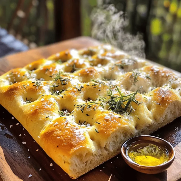 Für unser einfaches Knoblauch-Kräuter-Focaccia benötigen wir: - 4 Tassen Allzweckmehl - 1 ½ Tassen warmes Wasser - 2 Teelöffel aktive Trockenhefe Diese Zutaten sind die Basis. Das Mehl sorgt für die Struktur, während das Wasser und die Hefe den Teig lebendig machen. Die Hefe hilft, dass der Teig aufgeht und schön luftig wird. Wir fügen dem Teig auch einige aromatische Zutaten hinzu: - 4 Knoblauchzehen, fein gehackt - 2 Esslöffel frischer Rosmarin - 1 Esslöffel frische Thymianblätter Knoblauch bringt Geschmack und Aroma. Rosmarin und Thymian verleihen dem Brot einen frischen, kräuterigen Duft. Diese Kräuter harmonieren perfekt mit dem Focaccia. Um das Focaccia noch besser zu machen, brauchen wir: - ¼ Tasse Olivenöl - Flakey Meersalz Olivenöl sorgt für einen reichhaltigen Geschmack und eine schöne Kruste. Das Flakey Meersalz bringt den letzten Schliff. Es verstärkt die Aromen und macht jede Biss zu einem Genuss. Das vollständige Rezept findet ihr im Abschnitt "Full Recipe". Hier könnt ihr alle Details nachlesen. Zuerst aktiviere die Hefe. Nimm eine kleine Schüssel. Mische dort warmes Wasser, Zucker und die Hefe. Rühre sanft um. Lass die Mischung etwa 5 bis 10 Minuten ruhen. Sie wird schaumig und lebhaft. In einer großen Rührschüssel kombinierst du das Mehl und Salz. Mache in der Mitte ein Loch. Gieße die Hefemischung und das Olivenöl hinein. Rühre alles zusammen, bis ein unordentlicher Teig entsteht. Wenn der Teig zu klebrig ist, füge esslöffelweise mehr Mehl hinzu. Streue etwas Mehl auf eine saubere Arbeitsfläche. Übertrage den Teig auf die Fläche. Knete den Teig 5 bis 7 Minuten lang, bis er glatt und elastisch ist. Du kannst auch eine Küchenmaschine mit Knethaken verwenden, wenn du möchtest. Das macht es einfacher! Gib den Teig in eine leicht geölte Schüssel. Decke die Schüssel mit einem feuchten Tuch ab. Stelle sie an einen warmen Ort. Lass den Teig etwa 1 Stunde gehen, bis er sich verdoppelt hat. Das ist wichtig für die Luftigkeit der Focaccia. Um die perfekte Focaccia zu machen, ist die Konsistenz des Teigs wichtig. Wenn der Teig zu klebrig ist, füge langsam mehr Mehl hinzu. Du kannst dies nach Bedarf tun, bis der Teig weich, aber nicht klebrig ist. Um den Teig zu kneten, benutze deine Hände oder eine Küchenmaschine. Knete den Teig für etwa 5-7 Minuten. Achte darauf, dass der Teig glatt wird. Das ist der Schlüssel zu einer guten Textur. Die Kräuter und Gewürze sind entscheidend für den Geschmack. Du kannst zusätzliche Kräuter wie Oregano oder Basilikum hinzufügen. Diese geben der Focaccia noch mehr Aroma. Wenn du Knoblauch magst, probiere es mit geröstetem Knoblauch statt frischem. Das gibt einen süßeren Geschmack. Die Kombinationsmöglichkeiten sind endlos! Schnelle Tipps helfen dir, Zeit zu sparen. Du kannst die Zutaten im Voraus abmessen. So geht es schneller, wenn du startest. Wenn du die Focaccia vorbereiten möchtest, kannst du den Teig auch im Kühlschrank lagern. Der Teig bleibt frisch und kann am nächsten Tag gebacken werden. So hast du immer frisches Brot bereit! Für das vollständige Rezept, schau dir den Abschnitt „Full Recipe“ an. {{image_4}} Eine Käsefocaccia ist eine großartige Idee für Käseliebhaber. Du kannst sie mit verschiedenen Käsesorten belegen. Parmesan oder Mozzarella sind besonders lecker. Um die Käsefocaccia zuzubereiten, folge diesen Schritten: - Bereite deinen Teig wie im Rezept vor. - Bevor du die Kräutermischung hinzufügst, verteile den Käse gleichmäßig auf dem Teig. - Füge dann die Kräutermischung hinzu und backe sie gemäß dem Rezept. So hast du einen köstlichen, käsigen Genuss, der jedem schmeckt! Gemüse-Focaccia ist eine tolle Möglichkeit, frisches Gemüse zu nutzen. Du kannst saisonales Gemüse wie Zucchini, Paprika oder Tomaten verwenden. So bindest du das Gemüse ein: - Bereite deinen Teig vor wie im Rezept. - Schneide das Gemüse in kleine Stücke und lege es gleichmäßig auf die Focaccia. - Drücke das Gemüse leicht in den Teig. - Füge dann die Kräutermischung und das Olivenöl hinzu und backe wie angegeben. Diese Variante bringt Farbe und Geschmack auf deinen Tisch. Für eine glutenfreie Focaccia musst du die Zutaten anpassen. Verwende glutenfreies Mehl statt Allzweckmehl. Hier sind einige Tipps zur glutenfreien Zubereitung: - Achte darauf, dass die Hefe glutenfrei ist. - Füge bei Bedarf mehr Flüssigkeit hinzu, da glutenfreies Mehl oft trockener ist. - Lass den Teig länger gehen, wenn nötig, um die Textur zu verbessern. So kannst du die Focaccia auch ohne Gluten genießen! Wenn du mehr über die Zubereitung erfahren möchtest, sieh dir das vollständige Rezept an. - Maximale Lagerzeit: Im Kühlschrank bleibt die Focaccia bis zu 3 Tage frisch. - Verpackungstipps für Frische: Wickeln Sie die Focaccia in Frischhaltefolie ein. So bleibt sie weich und lecker. - Vorgehensweise für das Einfrieren: Lassen Sie die Focaccia zuerst abkühlen. Schneiden Sie sie in Stücke und legen Sie sie in einen Gefrierbeutel. - Auftautipps für beste Ergebnisse: Nehmen Sie die Focaccia 1-2 Stunden vor dem Essen aus dem Gefrierfach. Lassen Sie sie bei Raumtemperatur auftauen. - Methoden zum Aufwärmen: Heizen Sie den Ofen auf 180°C vor. Legen Sie die Focaccia auf ein Blech und backen Sie sie 10-15 Minuten. - Tipps für knusprige Konsistenz: Besprühen Sie die Focaccia leicht mit Wasser, bevor Sie sie aufwärmen. So bleibt sie knusprig und frisch. Die Focaccia bleibt frisch für etwa 2-3 Tage. Lagere sie in einem luftdichten Behälter. Der Ort sollte kühl und trocken sein. So bleibt die Focaccia weich und schmackhaft. Für längere Haltbarkeit lagere sie im Kühlschrank. Ja, du kannst die Focaccia im Voraus machen. Bereite den Teig bis zum Gehen vor. Danach kannst du den Teig abdecken und im Kühlschrank lagern. So bleibt er für bis zu 24 Stunden frisch. Lass den Teig vor dem Backen auf Raumtemperatur kommen. Focaccia passt gut zu vielen Gerichten. Serviere sie mit einer leckeren Suppe oder einem frischen Salat. Sie ist auch toll als Beilage zu Pasta. Du kannst sie auch mit Olivenöl und Balsamico zum Dippen anbieten. Um die Focaccia glutenfrei zu machen, ersetze das Allzweckmehl durch glutenfreies Mehl. Achte darauf, eine Mischung zu wählen, die für Brot geeignet ist. Die Konsistenz kann anders sein, also teste die Menge an Wasser, die du verwendest. Wenn der Teig nicht aufgeht, könnte die Hefe alt sein. Überprüfe das Haltbarkeitsdatum. Stelle sicher, dass das Wasser warm genug ist, aber nicht heiß. Ein warmer, zugfreier Ort hilft dem Teig beim Gehen. Das vollständige Rezept findest du im Abschnitt „Full Recipe“. Dort sind alle Schritte und Zutaten genau beschrieben. Zusammenfassend haben wir die wichtigsten Zutaten für Focaccia besprochen. Wir haben Schritte zur Teigvorbereitung und Tipps für die perfekte Konsistenz behandelt. Variationen wie Käsefocaccia und glutenfreie Optionen bieten Vielfalt. Auch die Lagerung und häufige Fragen waren Thema. Denke daran, kreativ mit den Aromen zu sein. Probiere neue Kombinationen und genieße deine Focaccia frisch. Diese Anleitung hilft dir, leckere Brote zu backen. Viel Spaß beim Ausprobieren!
