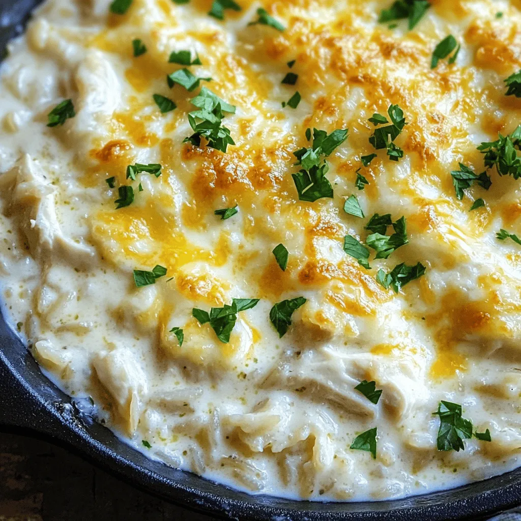 - Gekochtes Hähnchen - Langkornreis - Hühnerbrühe - Sahne - Geriebener Mozzarella-Käse - Geriebener Parmesan-Käse - Olivenöl - Zwiebel und Knoblauch - Gewürze und Dekoration Für das perfekte Chicken and Rice Skillet Alfredo Casserole brauchst du einige einfache Zutaten. Jedes Element spielt eine wichtige Rolle. Ich beginne mit gekochtem Hähnchen. Du kannst Reste verwenden oder frisch kochen. Das Hähnchen bringt einen herzhaften Geschmack. Dann kommt Langkornreis. Dieser Reis ist ideal, da er gut die Brühe aufnimmt und locker bleibt. Die Hühnerbrühe ist der nächste Schritt. Sie gibt dem Gericht Tiefe und Geschmack. Sahne sorgt für die cremige Textur. Sie macht das Gericht reichhaltig und wohlschmeckend. Der geriebene Mozzarella-Käse schmilzt schön und zieht Fäden. Er ist ein Muss für die Käseliebhaber. Geriebener Parmesan-Käse fügt einen salzigen, nussigen Geschmack hinzu. Er rundet das Gericht wunderbar ab. Das Olivenöl dient zum Anbraten der Zwiebel und des Knoblauchs. Es bringt Geschmack und hilft beim Kochen. Zwiebel und Knoblauch haben Aromen, die die Basis des Gerichts bilden. Sie geben Tiefe und machen alles lecker. Zum Schluss brauchst du Gewürze und Dekoration. Ich empfehle italienische Gewürze, Salz und Pfeffer. Frische Petersilie zum Garnieren macht das Gericht ansprechend. Für die vollständigen Zubereitungsschritte schaue dir das [Full Recipe] an. 1. Zuerst musst du das gekochte Hähnchen zerrupfen. Das geht schnell mit einer Gabel. 2. Nimm dann eine Tasse und messe den ungekochten Langkornreis ab. Spüle ihn gut mit Wasser, um Stärke zu entfernen. 3. Hacke eine kleine Zwiebel und zwei Knoblauchzehen fein. Das gibt deiner Casserole viel Geschmack. 1. Erhitze einen Esslöffel Olivenöl in einer großen Pfanne bei mittlerer Hitze. 2. Füge die gehackte Zwiebel hinzu und brate sie etwa 5 Minuten, bis sie glasig ist. 3. Jetzt kommt der gehackte Knoblauch dazu. Brate ihn kurz mit, bis er duftet. 4. Gib den ungekochten Reis in die Pfanne und rühre ihn gut um. 5. Gieße dann 3 Tassen Hühnerbrühe in die Pfanne. Bringe alles zum Kochen. 6. Füge die italienische Gewürzmischung, Salz und Pfeffer hinzu. Decke die Pfanne ab und koche alles bei niedriger Hitze für 15 bis 20 Minuten. 1. Rühre jetzt das zerrupfte Hähnchen, 1 Tasse Sahne, 1 Tasse geriebenen Mozzarella und ½ Tasse geriebenen Parmesan-Käse unter. 2. Mische alles gut, bis der Käse geschmolzen ist. 3. Heize den Ofen auf 190°C vor. 4. Streue den restlichen Parmesan-Käse gleichmäßig über die Mischung in der Pfanne. 5. Backe die Casserole 15 bis 20 Minuten im Ofen, bis sie blubbert und goldbraun ist. 6. Lass die Casserole einige Minuten ruhen, bevor du sie servierst. Für das vollständige Rezept schau dir die [Full Recipe] an. Verwende immer ungekochten Reis in diesem Rezept. Der rohe Reis kocht perfekt in der Brühe und nimmt den Geschmack auf. Das macht das Gericht lecker und saftig. Wenn du keinen Langkornreis hast, probiere Basmati oder Jasminreis. Diese Sorten sind ebenfalls gut geeignet und haben einen feinen Geschmack. Du kannst auch Reste von Hähnchen verwenden. Das spart Zeit und gibt dir ein schnelles Abendessen. Wenn du frisches Hähnchen verwendest, marinier es vorher. Füge Gewürze und Kräuter hinzu, um mehr Geschmack zu bekommen. Das macht dein Gericht noch besser. Die Käsesorten können einen großen Unterschied machen. Probiere verschiedene Käsesorten wie Cheddar oder Gouda. Sie schmelzen gut und geben einen tollen Geschmack. Wenn du eine vegane Option suchst, gibt es viele pflanzliche Käsealternativen. Sie sind oft cremig und lecker, perfekt für diese Casserole. Für das vollständige Rezept, schau dir die [Full Recipe] an. {{image_4}} Gemüse bringt Farbe und Nährstoffe in unser Gericht. Beliebte Gemüseoptionen sind: - Brokkoli - Paprika - Erbsen - Spinat Um Gemüse hinzuzufügen, schneide die Stücke klein. Gebe das Gemüse zusammen mit der Zwiebel in die Pfanne. Brate alles für einige Minuten an, bis es weich ist. So bleibt das Gemüse knackig und frisch. Möchtest du es scharf? Verwende scharfe Gewürze. Zum Beispiel: - Cayennepfeffer - Chili-Pulver Experimentiere mit verschiedenen Kräutern. Verwende frischen Basilikum oder Oregano. Diese Kräuter geben dem Gericht mehr Geschmack und Aroma. Probiere es aus und finde deine Lieblingskombination. Für eine Low-Carb-Option kannst du den Reis durch Blumenkohlreis ersetzen. Blumenkohlreis hat weniger Kohlenhydrate. Koche den Blumenkohl einfach in der Pfanne, bis er weich ist. Zusätzlich kannst du Low-Carb-Käsealternativen verwenden. Käse aus Nüssen oder Soja ist eine gute Wahl. Diese Optionen machen das Gericht leichter, ohne den Geschmack zu verlieren. Für das Full Recipe, schaue dir die gesamte Anleitung an. Um die Casserole frisch zu halten, lass sie zuerst abkühlen. Fülle sie dann in einen luftdichten Behälter. So bleibt der Geschmack erhalten. Du kannst sie im Kühlschrank bis zu drei Tage aufbewahren. Es ist wichtig, die Casserole gut abzudecken. Dadurch vermeidest du Gerüche von anderen Lebensmitteln. Wenn du die Casserole länger lagern möchtest, friere sie ein. Teile sie in Portionen auf, um das Auftauen zu erleichtern. Verwende gefriergeeignete Behälter oder Beutel. So bleibt sie bis zu drei Monate frisch. Achte darauf, die Luft so gut wie möglich herauszudrücken. Um die Casserole aufzuwärmen, benutze den Ofen oder die Mikrowelle. Im Ofen bei 180 Grad Celsius für etwa 20 Minuten aufwärmen. Das hilft, die Casserole gleichmäßig zu erwärmen. Wenn du die Mikrowelle verwendest, decke die Schüssel ab. So bleibt die Feuchtigkeit erhalten und die Casserole trocknet nicht aus. Du kannst auch etwas Sahne hinzufügen, wenn du sie noch cremiger machen möchtest. Die Zubereitung dieses Gerichts dauert insgesamt etwa 50 Minuten. Die Vorbereitungszeit beträgt 10 Minuten. Während dieser Zeit kannst du das Hähnchen zerrupfen und die Zwiebel sowie den Knoblauch hacken. Die Kochzeit für die Casserole selbst beträgt rund 40 Minuten. Diese Zeit umfasst das Köcheln des Reises und das Backen im Ofen. Ja, du kannst die Casserole auch ohne Hähnchen zubereiten. Für eine vegetarische Variante kannst du das Hähnchen durch gebratenen Tofu oder gekochte Kichererbsen ersetzen. Vegane Alternativen sind ebenfalls möglich. Nutze pflanzliche Sahne und Käse, um den cremigen Geschmack zu erhalten. Gemüse wie Spinat oder Brokkoli passen gut dazu. Um die Casserole cremiger zu machen, füge mehr Sahne hinzu. Du kannst auch Frischkäse einrühren. Diese Zutaten sorgen für eine reichhaltige, glatte Textur. Achte darauf, die Mischung gut zu rühren, damit sich alles gleichmäßig verteilt. Das Hinzufügen von mehr Käse ist ebenfalls eine tolle Idee. Diese Casserole kombiniert köstliches Hähnchen, Reis und Käse. Ihr braucht einfache Zutaten und eine klare Anleitung, um das Gericht zu zaubern. Denkt an die Tipps, um es nach eurem Geschmack zu variieren. Ob mit Gemüse oder würzigeren Aromen, diese Casserole bleibt stets köstlich. Richtig gelagert, haltet ihr sie lange frisch. Probiert es aus und genießt die Vielseitigkeit!
