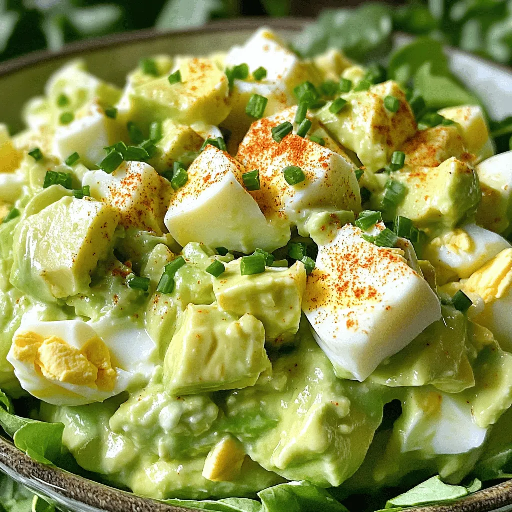- 4 große Eier - 1 reife Avocado - 2 Esslöffel griechischer Joghurt Diese Zutaten sind die Basis für einen köstlichen Avocado-Eiersalat. Die Eier bringen Protein und eine schöne Textur. Die Avocado sorgt für Cremigkeit und gesunde Fette. Der griechische Joghurt fügt einen frischen Geschmack hinzu und macht das Gericht leicht und gesund. - 1 Esslöffel Dijon-Senf - 2 Esslöffel frische Schnittlauch, gehackt - 1 Esslöffel Zitronensaft Dijon-Senf gibt dem Salat einen würzigen Kick. Frische Kräuter wie Schnittlauch bringen Farbe und Aroma. Zitronensaft sorgt für eine spritzige Note und hilft, die Avocado frisch zu halten. Diese Extras machen den Salat besonders lecker. - Paprika - Weitere Schnittlauch Für eine schöne Präsentation können Sie Paprika darüber streuen. Weitere Schnittlauch verleihen dem Gericht Frische und Farbe. Diese Dekorationen sind einfach, aber machen einen großen Unterschied. Sie machen den Salat nicht nur lecker, sondern auch ansprechend. Für das gesamte Rezept schauen Sie sich den Full Recipe an. Um die Eier perfekt zu kochen, lege sie in einen Topf. Bedecke die Eier mit kaltem Wasser. Bringe das Wasser zum Kochen. Reduziere dann die Hitze und lasse die Eier 10 bis 12 Minuten köcheln. Wenn die Zeit um ist, lege die Eier in ein Eisbad. Dies stoppt den Kochprozess und kühlt die Eier schnell ab. Während die Eier abkühlen, bereite die Avocado vor. Schneide die reife Avocado in der Mitte auf. Entferne den Kern und schöpfe das Fruchtfleisch in eine Rührschüssel. Nutze eine Gabel, um die Avocado zu zerdrücken. Achte darauf, eine cremige Konsistenz zu erreichen, die leicht stückig bleibt. So bleibt der Avocado-Eiersalat spannend in der Textur. Jetzt kommen die anderen Zutaten ins Spiel. Füge der zerdrückten Avocado griechischen Joghurt, Dijon-Senf, Zitronensaft und gehackten Schnittlauch hinzu. Mische alles gut, bis alle Zutaten gut kombiniert sind. Wenn die Eier abgekühlt sind, schäle sie und schneide sie in kleine Stücke. Füge die Eier vorsichtig zur Avocado-Mischung hinzu. Rühre leicht um, damit die Eier ganz bleiben. Würze alles mit Salz und Pfeffer nach Geschmack. Auf diese Weise hast du einen leckeren und gesunden Avocado-Eiersalat. Für das vollständige Rezept, schau dir die [Full Recipe] an. Um die Avocado ideal zu zerdrücken, wähle eine reife Frucht. Sie sollte leicht nachgeben, wenn du sanft darauf drückst. Benutze eine Gabel und zerdrücke sie in einer Schüssel. Ziel ist eine cremige, aber leicht stückige Textur. So bleibt der Salat spannend. Die Eier zubereiten ist einfach. Koche sie in kaltem Wasser. Lass sie 10 bis 12 Minuten köcheln. Danach in ein Eisbad legen hilft, sie schnell abzukühlen. Dies macht das Schälen leichter. Um den Geschmack zu verbessern, probiere verschiedene Gewürze. Paprikapulver oder Knoblauchpulver geben einen tollen Kick. Frische Kräuter wie Dill oder Petersilie sind ebenfalls klasse. Sie bringen Frische in den Salat. Variiere die Zutaten nach deinem Geschmack. Füge Avocado-Tomaten oder Oliven hinzu. Diese geben dem Salat einen neuen Twist. Das Servieren ist wichtig. Stelle den Salat in schönen Schalen an. Eine Prise Paprika obenauf sieht toll aus. Du kannst auch frische Kräuter als Garnitur verwenden. Wähle Geschirr, das gut aussieht und praktisch ist. Eine flache Schale zeigt die Farben des Salats. So wird der Avocado-Eiersalat zum echten Hingucker. Für die Präsentation sind einfache, klare Linien am besten. Für das vollständige Rezept, siehe Full Recipe. {{image_4}} Um einen mediterranen Flair zu erreichen, fügen Sie Feta-Käse und Oliven hinzu. Der Feta bringt einen salzigen Geschmack. Die Oliven fügen eine schöne Textur und Tiefe hinzu. Schneiden Sie den Feta in kleine Stücke und hacken Sie die Oliven grob. Mischen Sie alles zusammen mit dem Avocado-Eiersalat. Diese Kombination macht den Salat frisch und lecker. Diese Variante ist perfekt für warme Tage oder als Beilage. Für einen würzigen Kick können Sie Jalapeños oder rote Zwiebeln hinzufügen. Diese Zutaten bringen eine angenehme Schärfe. Schneiden Sie die Jalapeños in kleine Stücke und die Zwiebeln fein. Mischen Sie sie vorsichtig unter den Salat. Diese Variation ist besonders für Liebhaber von scharfen Speisen geeignet. Sie passt gut zu einem Sandwich oder auf Crackern. Wenn Sie eine vegane Option möchten, ersetzen Sie die Eier durch Kichererbsen. Diese Hülsenfrüchte sind proteinreich und sehr gesund. Zerdrücken Sie die Kichererbsen mit einer Gabel, bis sie eine stückige Konsistenz haben. Fügen Sie dann die restlichen Zutaten hinzu, wie im Full Recipe beschrieben. Diese Variante ist ideal für Veganer und schmeckt trotzdem großartig. Der Avocado-Eiersalat bleibt im Kühlschrank bis zu drei Tage frisch. Bewahren Sie ihn in einem luftdichten Behälter auf. So bleibt die Cremigkeit der Avocado erhalten. Überprüfen Sie den Salat vor dem Essen. Falls er unangenehm riecht oder die Farbe braun wird, entsorgen Sie ihn. Einfrieren ist nicht ideal für Avocado-Eiersalat. Die Textur ändert sich beim Auftauen. Wenn Sie es trotzdem versuchen möchten, verwenden Sie einen gefrierfesten Behälter. Frieren Sie den Salat ohne die Eier ein. Fügen Sie die Eier erst nach dem Auftauen hinzu. Lassen Sie ihn langsam im Kühlschrank auftauen. Haben Sie Reste? Sie können sie für verschiedene Gerichte nutzen. Mischen Sie den Salat in Wraps oder auf Sandwiches. Er schmeckt auch gut in einer Schüssel mit Quinoa oder Reis. Alternativ können Sie ihn auf Crackern genießen. So verwandeln Sie Reste in neue, leckere Snacks! Der Avocado-Eiersalat hält sich gut im Kühlschrank. Er bleibt frisch für etwa 2-3 Tage. Lagern Sie ihn in einem luftdichten Behälter, um die Frische zu bewahren. Achten Sie darauf, dass keine Luft eindringt. Wenn Sie ihn länger aufbewahren wollen, essen Sie ihn besser frisch. Die Avocado kann schnell braun werden, was die Optik beeinträchtigt. Ja, dieser Salat eignet sich hervorragend für Meal Prep. Bereiten Sie ihn am Sonntag vor, um die Woche leichter zu gestalten. Teilen Sie ihn in Portionen auf und lagern Sie ihn in luftdichten Behältern. So haben Sie gesunde Snacks oder Mittagessen für die Woche. Achten Sie darauf, die Avocado erst kurz vor dem Servieren hinzuzufügen, um die Frische zu bewahren. Absolut! Dieser Salat ist sehr anpassbar. Fügen Sie Ihre Lieblingskräuter oder Gemüse hinzu. Sie können auch Gewürze wie Paprika oder Cayennepfeffer verwenden, um etwas Schärfe hinzuzufügen. Wenn Sie eine vegane Version möchten, ersetzen Sie die Eier durch Kichererbsen. Seien Sie kreativ und machen Sie den Salat ganz nach Ihrem Geschmack! Der Avocado-Eiersalat ist vielseitig. Servieren Sie ihn auf einem Bett aus frischem Salat oder in Salatblatt-Wraps. Er passt gut zu knusprigem Brot oder Crackern. Auch als Sandwichfüllung ist er eine tolle Wahl. Für eine vollständige Mahlzeit kombinieren Sie ihn mit einer leckeren Suppe oder einem einfachen Gemüsesalat. Der Avocado-Eiersalat ist einfach und lecker. Wir haben die Zutaten wie Eier, Avocado und griechischen Joghurt besprochen. Auch die Schritte zum Kochen und Kombinieren sind klar. Ich habe Tipps gegeben, um Konsistenz und Geschmack zu optimieren. Variationen, wie mediterrane oder vegane Versionen, bieten neuen Genuss. Denke daran, Reste clever zu verwenden. Dieser Salat ist perfekt für jeden Anlass. Probier es aus und gestalte deinen eigenen Salat!