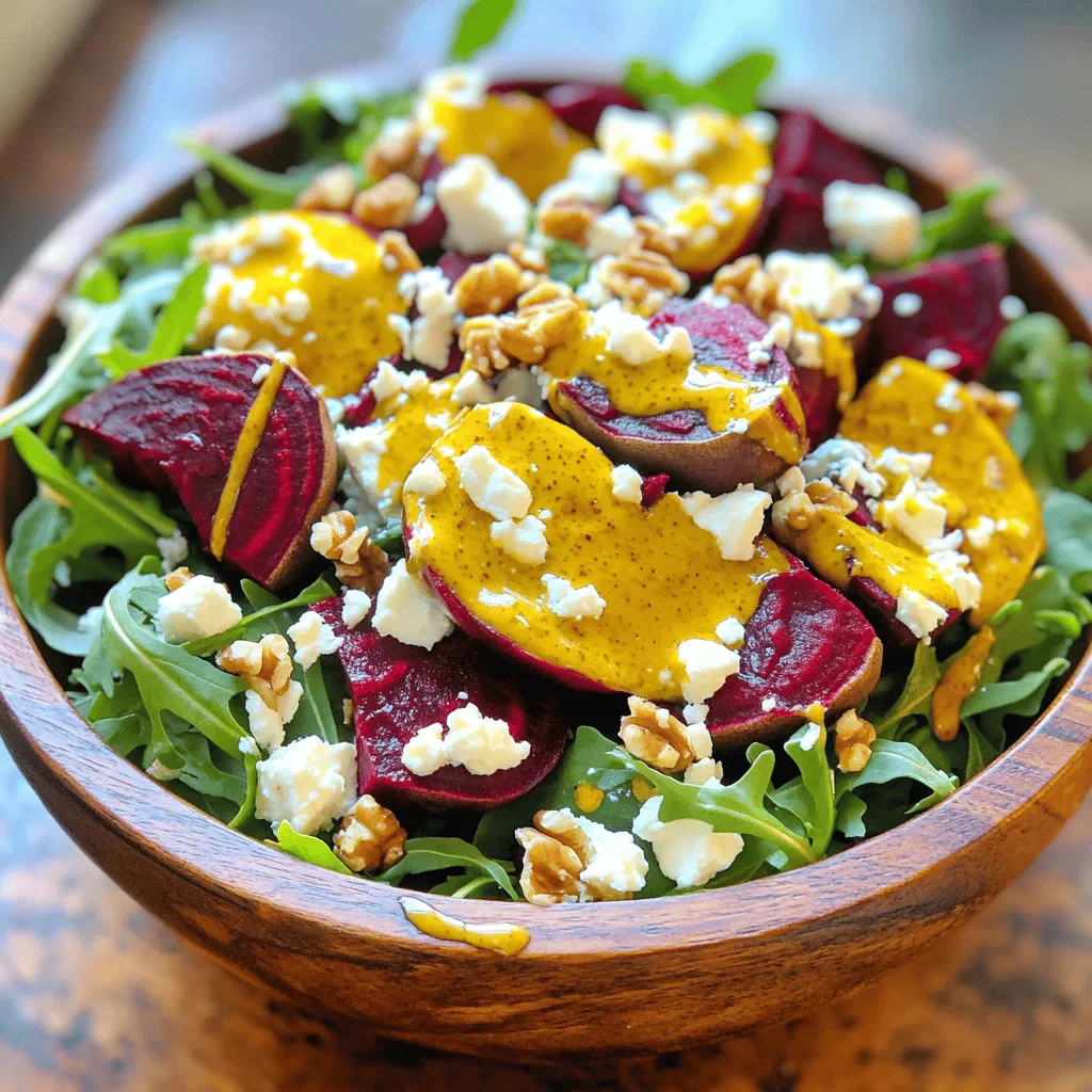 Um den Röstsalat mit Roter Bete und Feta zuzubereiten, benötigen Sie folgende Zutaten: - 4 mittelgroße Rote Beten, gut gewaschen und zugeschnitten - 2 Esslöffel Olivenöl - Salz und Pfeffer nach Geschmack - 6 Tassen Rucola oder gemischte Blattsalate - 1/2 Tasse zerbröckelter Feta-Käse - 1/3 Tasse Walnüsse, grob gehackt - 1 Esslöffel Honig - 1 Esslöffel Apfelessig - 1 Teelöffel Dijon-Senf Dieses Rezept ergibt vier Portionen. Es ist perfekt für ein leichtes Mittagessen oder als Beilage bei einem Abendessen. Pro Portion erhalten Sie viele Aromen und eine schöne Mischung aus Texturen. Wählen Sie Rote Beten, die fest und schwer sind. Achten Sie darauf, dass die Schale glatt ist und keine Flecken oder Risse hat. Frische Rote Bete hat auch eine lebendige Farbe. Wenn Sie die Möglichkeit haben, suchen Sie nach Bio-Rote Bete, da sie oft besser schmeckt und weniger Pestizide enthält. Zuerst waschen Sie die Rote Bete gut. Entfernen Sie die Blätter und die Wurzeln. Diese Schritte sind wichtig. Sie sorgen dafür, dass die Bete sauber und bereit zum Rösten ist. Schneiden Sie die Rote Bete in gleich große Stücke. So garen sie gleichmäßig. Wickeln Sie die Stücke einzeln in Aluminiumfolie. Dies hilft, die Feuchtigkeit zu bewahren. Heizen Sie Ihren Ofen auf 200°C vor. Legen Sie die eingewickelten Rote Beten auf ein Backblech. Rösten Sie sie für 45 bis 60 Minuten. Prüfen Sie mit einer Gabel, ob sie zart sind. Nach dem Rösten lassen Sie die Rote Bete etwas abkühlen. Wickeln Sie sie aus und ziehen Sie die Schale ab. Diese sollte sich leicht lösen. Schneiden Sie die Rote Bete dann in Spalten. In einer großen Schüssel vermengen Sie die Rucola mit den Rote-Bete-Spalten. In einer kleinen Schüssel machen Sie das Dressing. Vermischen Sie Honig, Apfelessig und Dijon-Senf. Fügen Sie eine Prise Salz und Pfeffer hinzu. Träufeln Sie das Dressing über den Salat. Mischen Sie alles vorsichtig. Garnieren Sie den Salat mit zerbröckeltem Feta und gehackten Walnüssen. Servieren Sie den Salat sofort. Genießen Sie die frischen Aromen und Farben! Für die vollständige Anleitung schauen Sie sich das [Full Recipe] an. Um die Rote Bete richtig zu rösten, müssen Sie sie zuerst gut waschen. Wickeln Sie jede Rote Bete in Aluminiumfolie. So bleibt die Feuchtigkeit drin. Rösten Sie sie dann bei 200°C für 45 bis 60 Minuten. Testen Sie die Bete mit einer Gabel. Wenn sie weich ist, ist sie fertig. Lassen Sie sie nach dem Rösten etwas abkühlen, bevor Sie die Schale abziehen. Für den besten Salat nutzen Sie frische Zutaten. Rucola oder gemischte Blattsalate sind ideal. Diese Blätter bieten einen schönen Kontrast zur süßen Rote Bete. Feta-Käse verleiht dem Salat eine salzige Note. Walnüsse sorgen für einen knackigen Biss. Mischen Sie die Zutaten vorsichtig, damit alles gleichmäßig verteilt ist. Das Dressing für den Salat ist einfach, aber sehr wichtig. Sie können es mit Honig, Apfelessig und Dijon-Senf zubereiten. Wenn Sie es süßer mögen, fügen Sie mehr Honig hinzu. Für etwas Schärfe können Sie mehr Senf nehmen. Experimentieren Sie mit verschiedenen Essigen, wie Balsamico oder Zitronensaft. Das gibt dem Salat eine persönliche Note. Für das gesamte Rezept schauen Sie sich die Full Recipe an. {{image_4}} Wenn Sie Feta nicht mögen, probieren Sie andere Käsesorten. Ziegenkäse hat einen ähnlichen Geschmack. Er ist cremig und passt gut zu Rote Bete. Ricotta ist auch eine gute Wahl. Er ist milder und macht den Salat leicht. Verwenden Sie Blauschimmelkäse für einen kräftigen Geschmack. Diese Käsesorten bringen neue Aromen in den Salat. Um den Salat aufregender zu machen, fügen Sie zusätzliche Zutaten hinzu. Avocado bringt eine schöne Cremigkeit. Getrocknete Cranberries fügen eine süße Note hinzu. Gebratene Zwiebeln geben einen tollen Crunch. Sie können auch gebratene Kichererbsen verwenden. Diese machen den Salat herzhaft und sättigend. Experimentieren Sie mit verschiedenen Nüssen. Mandeln oder Haselnüsse sind ebenfalls köstlich. Wenn Sie vegane Optionen suchen, lassen Sie den Feta weg. Ersetzen Sie ihn durch einen veganen Käse. Verwenden Sie auch ein einfaches Dressing aus Zitronensaft und Olivenöl. Fügen Sie mehr Gemüse hinzu, um den Salat zu füllen. Karotten oder Paprika passen gut. Sie können auch Quinoa oder Couscous für mehr Textur hinzufügen. So bleibt der Salat frisch und nahrhaft. Lagern Sie Ihren Röstsalat mit Roter Bete und Feta in einem luftdichten Behälter. Dies schützt die frischen Zutaten und die Aromen. Wenn Sie den Salat nicht sofort essen, stellen Sie sicher, dass er gut abgedeckt ist. So bleibt er frisch und schmackhaft. Im Kühlschrank hält der Salat etwa 3 Tage. Die Rote Bete bleibt knackig, aber der Feta kann weicher werden. Wenn Sie den Salat länger aufbewahren möchten, trennen Sie die Dressing-Zutaten. Fügen Sie das Dressing erst kurz vor dem Servieren hinzu, um die Frische zu bewahren. Wenn Sie die Rote Bete aufwärmen möchten, machen Sie das vorsichtig. Legen Sie die Rote Bete in eine Mikrowelle oder einen kleinen Topf. Erhitzen Sie sie bei niedriger Temperatur, um die Konsistenz zu erhalten. Vermeiden Sie es, sie zu lange zu erhitzen, da sie matschig werden kann. Genießen Sie die Rote Bete warm oder bei Raumtemperatur. Rote Bete braucht etwa 45 bis 60 Minuten im Ofen. Die genaue Zeit hängt von der Größe der Rote Bete ab. Eine Gabel sollte leicht in die Bete stechen können, wenn sie fertig ist. Wenn Sie die Rote Bete in Alufolie wickeln, bleibt sie saftig und wird gleichmäßig weich. Ich empfehle frische Rote Bete. Sie hat mehr Geschmack und eine bessere Textur. Vorbereitete oder vorgekochte Rote Bete kann für diesen Salat verwendet werden, aber der Geschmack wird nicht so intensiv sein. Wenn Sie frische Rote Bete verwenden, genießen Sie den vollen Geschmack und die Nährstoffe. Zu diesem Salat passen viele Beilagen gut. Geröstetes Brot oder knusprige Brötchen sind eine tolle Wahl. Auch gegrillte Hähnchenbrust oder gebratener Fisch ergänzen den Salat perfekt. Wenn Sie eine vegetarische Option möchten, probieren Sie gebratene Kichererbsen oder Quinoa dazu. So haben Sie eine vollwertige Mahlzeit. In diesem Blogbeitrag haben wir die Zutaten für einen köstlichen Rote Bete-Salat besprochen. Wir haben die Vorbereitung, das Rösten und das Anrichten des Salats Schritt für Schritt durchgenommen. Außerdem gab es Tipps für frische Rote Bete und verschiedene Dressings. Denken Sie daran, kreativ zu sein. Variieren Sie die Käsesorten und Toppings nach Ihrem Geschmack. So bleibt der Salat spannend. Lagern Sie die Reste gut, um sie später zu genießen. Viel Spaß beim Ausprobieren!