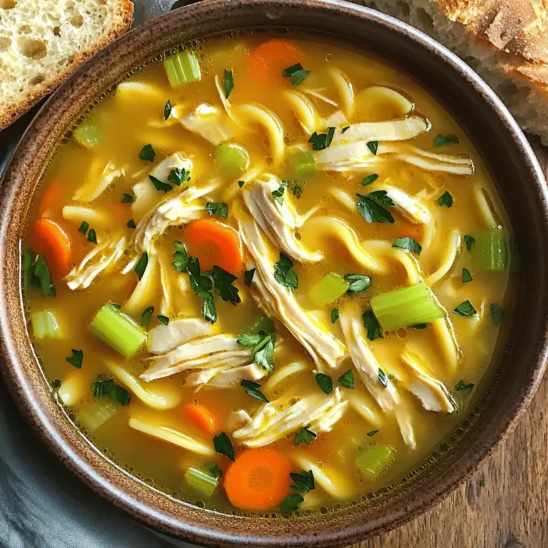 Für die klassische Hühnersuppe brauchen wir frische und einfache Zutaten. Diese sorgen für den besten Geschmack und die beste Textur. Hier ist eine Liste der Hauptzutaten: - 1 Esslöffel Olivenöl - 1 mittelgroße Zwiebel, gehackt - 2 Knoblauchzehen, fein gehackt - 2 mittelgroße Karotten, gewürfelt - 2 Stangen Sellerie, gewürfelt - 1 Teelöffel getrockneter Thymian - 1 Teelöffel getrockneter Rosmarin - 1,5 Liter Hühnerbrühe - 2 Tassen gekochtes Hühnchen, zerrupft - 2 Tassen Eiernudeln - Salz und Pfeffer nach Geschmack - 1 Esslöffel frische Petersilie, gehackt (zum Garnieren) Diese Zutaten sind der Schlüssel. Sie bringen Geschmack und machen die Suppe nahrhaft. Für die Zubereitung der Suppe benötigen wir einige einfache Küchengeräte. Hier ist, was Sie brauchen: - Ein großer Topf - Ein scharfes Messer - Ein Schneidebrett - Ein Esslöffel - Ein Kellen oder Schöpflöffel - Eine Rührschüssel für die Nudeln Mit diesen Geräten können Sie die Suppe leicht zubereiten. Jedes Gerät hat seinen Zweck und macht die Arbeit einfacher. Ich empfehle frische Zutaten für den besten Geschmack. Frisches Gemüse hat mehr Aroma. Es bringt die Aromen besser zur Geltung. Gefrorenes Gemüse kann eine gute Option sein, wenn frische Zutaten nicht verfügbar sind. Aber achten Sie darauf, dass es keine Zusatzstoffe enthält. Die Brühe kann auch aus frischen Zutaten zubereitet werden. Dies gibt der Suppe eine reichere Basis. Gefrorenes Hühnchen kann ebenfalls verwendet werden. Stellen Sie sicher, dass Sie es gut auftauen, bevor Sie es zubereiten. Mit diesen Tipps wird Ihre Hühnersuppe köstlich und wohltuend. Es ist ein Rezept, das sowohl Wärme als auch Freude bringt. Für das vollständige Rezept, schauen Sie sich die Anleitung an. Um die Brühe perfekt zu machen, beginnen Sie mit Olivenöl. Erhitzen Sie es in einem großen Topf bei mittlerer Hitze. Fügen Sie die gehackte Zwiebel hinzu. Sautieren Sie sie für 3-4 Minuten, bis sie glasig ist. Dann kommt der Knoblauch dazu. Rühren Sie ihn für etwa eine Minute unter. So entfaltet er sein volles Aroma. Jetzt fügen Sie die Karotten und den Sellerie hinzu. Kochen Sie das Gemüse für fünf Minuten. Rühren Sie dabei häufig um. Das Gemüse sollte leicht weich werden. Nach dieser Zeit kommen getrockneter Thymian und Rosmarin in den Topf. Sie sorgen für den klassischen Geschmack. Mischen Sie alles gut durch. Sobald die Gewürze duften, gießen Sie die Hühnerbrühe in den Topf. Lassen Sie alles aufkochen. Wenn die Brühe kocht, schalten Sie die Hitze herunter. Lassen Sie die Suppe sanft köcheln. Dies macht die Brühe reichhaltig und aromatisch. Jetzt fügen Sie das zerrupfte Hühnchen hinzu. Es bringt eine tolle Textur in die Suppe. Lassen Sie die Mischung etwa 15 Minuten köcheln. Die Aromen verbinden sich während dieser Zeit perfekt. Nachdem die Brühe gut eingekocht ist, rühren Sie die Eiernudeln ein. Kochen Sie die Nudeln für 8-10 Minuten. Prüfen Sie zwischendurch die Konsistenz. Sie sollen zart, aber nicht zu weich sein. Schmecken Sie die Suppe am Ende mit Salz und Pfeffer ab. Achten Sie darauf, dass die Gewürze gut harmonieren. Nehmen Sie den Topf vom Herd und garnieren Sie die Suppe mit frischer Petersilie. Dieser Schritt gibt der Suppe einen frischen Akzent. Für das vollständige Rezept schauen Sie bitte hier: [Full Recipe]. Um die perfekte Hühnersuppe zu machen, achte auf die Brühe. Verwende frische Hühnerteile, um einen reichen Geschmack zu erzielen. Kochen die Brühe lange, damit die Aromen gut durchziehen. Eine Stunde ist ideal. Das Gemüse sollte gleichmäßig geschnitten sein, damit es gleichmäßig gart. Ich empfehle, Zwiebeln und Knoblauch zuerst anzubraten. So entfalten sie ihr volles Aroma. Ein häufiger Fehler ist, die Brühe nicht lange genug zu kochen. Das führt zu einem schwachen Geschmack. Achte auch darauf, die Nudeln nicht zu lange zu kochen. Sie sollten al dente sein. Ein weiterer Fehler ist, die Gewürze zu spät hinzuzufügen. Gib sie am Anfang dazu, damit die Aromen gut aufgehen. Schmecke die Suppe erst am Ende ab, damit du die Gewürze besser kontrollieren kannst. Du kannst die Hühnersuppe leicht variieren. Probiere frische Kräuter wie Basilikum oder Koriander für einen frischen Kick. Füge auch etwas Zitronensaft hinzu, um die Aromen aufzufrischen. Wenn du es würziger magst, kannst du etwas Chili oder Pfeffer hinzufügen. Für eine herzhaftere Suppe, füge mehr Gemüse wie Kartoffeln oder Kürbis hinzu. Diese Variationen bringen neue Geschmäcker in dein Gericht. Für das vollständige Rezept besuche den Abschnitt "Vollständiges Rezept". {{image_4}} Die mediterrane Hühnersuppe bringt Sonne in deinen Teller. Du kannst diese Variante mit Zutaten wie Oliven, Zucchini und Kichererbsen machen. Diese Zutaten fügen viel Geschmack und Textur hinzu. Füge frische Kräuter wie Basilikum oder Oregano hinzu. Das gibt der Suppe einen frischen, aromatischen Kick. So wird die klassische Hühnersuppe noch interessanter. Für eine asiatische Note kannst du Sojasauce hinzufügen. Diese Sauce bringt Umami in die Suppe. Ergänze die Suppe mit Ingwer und Frühlingszwiebeln für mehr Geschmack. Du kannst auch Reisnudeln anstelle von Eiernudeln verwenden. Diese Zutaten machen jede Schüssel zu einem kleinen Abenteuer. Es ist eine tolle Möglichkeit, die traditionelle Suppe neu zu erfinden. Wenn du eine vegetarische Option möchtest, gibt es viele tolle Möglichkeiten. Statt Hühnerfleisch kannst du Kichererbsen oder Tofu verwenden. Verwende Gemüsebrühe anstelle von Hühnerbrühe. Füge mehr Gemüse wie Brokkoli oder Paprika hinzu. Diese Zutaten machen die Suppe nahrhaft und bunt. So bekommst du ein gesundes und leckeres Gericht. Für das vollständige Rezept, schau dir die Anleitung im Abschnitt über die Zutaten an. Um die Hühnersuppe richtig zu kühlen, lasse sie zuerst auf Raumtemperatur abkühlen. Das verhindert, dass sich Bakterien bilden. Fülle die Suppe dann in luftdichte Behälter. Achte darauf, die Behälter nicht zu überfüllen, damit die Suppe etwas Platz zum Ausdehnen hat. Verschließe die Behälter gut und stelle sie in den Kühlschrank. Wenn du die Suppe länger aufbewahren möchtest, friere sie ein. Verwende gefriergeeignete Behälter oder spezielle Gefrierbeutel. Achte darauf, etwas Platz zu lassen, da die Suppe beim Gefrieren expandiert. Beschrifte die Behälter mit dem Datum. So weißt du, wann du die Suppe gemacht hast. Die Hühnersuppe hält sich im Kühlschrank etwa 3 bis 4 Tage. Wenn du sie eingefroren hast, kannst du sie bis zu 3 Monate lagern. Zum Aufwärmen erwärmst du die Suppe langsam in einem Topf auf mittlerer Hitze. Rühre oft um, damit sie gleichmäßig warm wird. Vermeide es, die Suppe zu stark zu kochen, da die Nudeln weich werden können. Für weitere Details, siehe das [Full Recipe]. Um die Konsistenz deiner Suppe zu ändern, kannst du die Brühe anpassen. Wenn du eine dickere Suppe magst, füge mehr Hühnchen und weniger Brühe hinzu. Für eine dünnere Konsistenz kannst du mehr Brühe verwenden. Du kannst auch die Menge der Eiernudeln anpassen. Mehr Nudeln machen die Suppe dicker. Weniger Nudeln halten die Suppe flüssiger. Ja, du kannst die Eiernudeln weglassen. Wenn du eine nudelfreie Suppe möchtest, ersetze sie durch Reis oder Quinoa. Diese Alternativen sind ebenfalls lecker und gesund. Du kannst auch einfach mehr Gemüse hinzufügen, um die Suppe nahrhafter zu machen. Achte dabei darauf, die Kochzeit entsprechend anzupassen. Die Hühnersuppe hält im Kühlschrank etwa drei bis vier Tage. Stelle sicher, dass du sie in einem luftdichten Behälter aufbewahrst. Du kannst die Suppe auch einfrieren. In einem geeigneten Behälter bleibt sie bis zu drei Monate frisch. Wenn du die Suppe aufwärmst, mache das langsam, um den vollen Geschmack zu erhalten. In diesem Artikel haben wir die wichtigsten Zutaten und Geräte für eine Hühnersuppe besprochen. Wir haben gelernt, wie man die Brühe zubereitet, Gemüse anbrät und Nudeln sowie Hühnchen hinzufügt. Tipps und Tricks helfen dir, häufige Fehler zu vermeiden und Variationen zur Verfügung zu haben. Wir schauten uns auch Lagerungshinweise an, damit deine Suppe frisch bleibt. Denke daran: Gute Zutaten machen eine gute Suppe. Probiere neue Variationen aus und lass deiner Kreativität freien Lauf. Deine Hühnersuppe wird einzigartig und lecker!