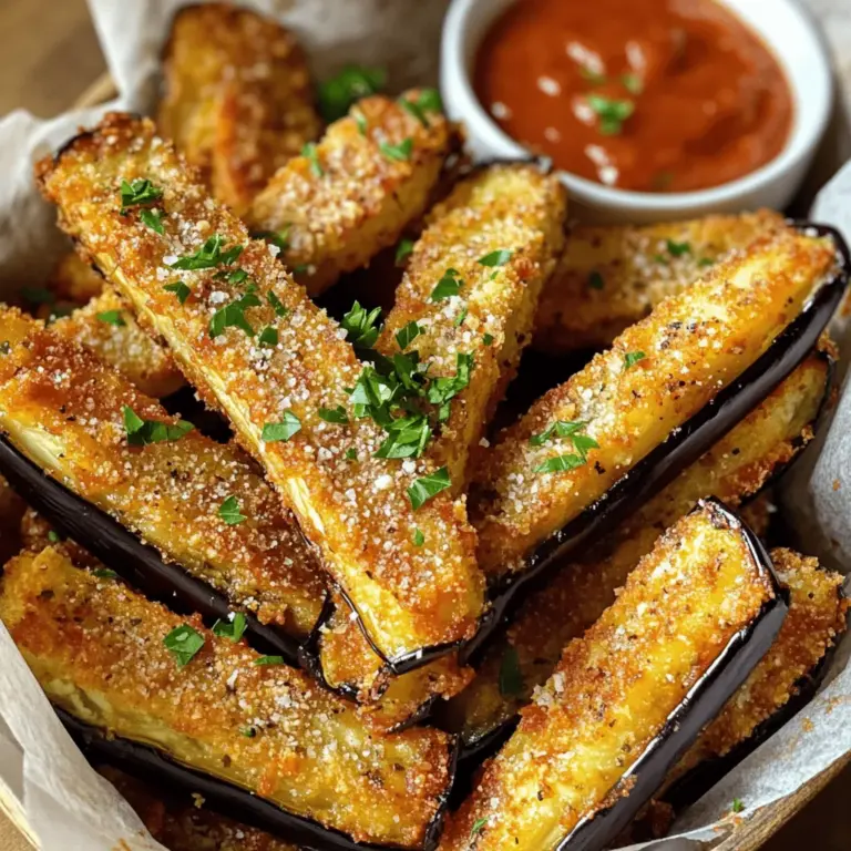 - 1 große Aubergine - 1 Tasse Semmelbrösel (Panko empfohlen) - 2 große Eier - 1/2 Tasse geriebener Parmesan - Knoblauchpulver - Zwiebelpulver - Oregano - Paprika - Salz und Pfeffer nach Geschmack - Olivenöl-Spray - Backblech und Backpapier Ich liebe Auberginen, weil sie vielseitig sind. Diese Baked Eggplant Fries sind ein Hit! Sie sind knusprig, lecker und einfach zuzubereiten. Für die Hauptzutaten brauchst du eine große Aubergine, die ich zuerst schneide. Achte darauf, die Aubergine in gleichmäßige Streifen zu schneiden. So werden sie gleichmäßig gegart. Die Semmelbrösel sind wichtig für die Knusprigkeit. Ich empfehle Panko, da sie extra crunch geben. Du brauchst auch zwei große Eier, um die Auberginen zu panieren. Diese Mischung sorgt für einen tollen Geschmack und eine schöne Textur. Jetzt kommen die Gewürze ins Spiel! Ich verwende geriebenen Parmesan für den Käsegeschmack. Das Knoblauchpulver und das Zwiebelpulver geben Tiefe. Oregano und Paprika bringen das Aroma hervor. Und natürlich darf Salz und Pfeffer nicht fehlen, um alles abzurunden. Du benötigst auch einige Hilfsmittel. Ein Olivenöl-Spray hilft, die Fritten knusprig zu machen. Ein Backblech mit Backpapier erleichtert die Reinigung. Diese Zutaten und Hilfsmittel machen die Zubereitung einfach und angenehm. Für das vollständige Rezept schau dir die [Full Recipe] an. Heize deinen Ofen auf 220°C (425°F) vor. Dies gibt den Auberginen eine schöne Bräunung. Schneide die Aubergine in dünne Streifen, etwa 1,5 cm breit. Diese Form macht sie knusprig wie Fritten. Bestreue die Streifen großzügig mit Salz. Lass sie etwa 20 Minuten ruhen. So wird die Flüssigkeit entzogen und sie werden weniger bitter. Tupfe die Streifen danach mit einem Papiertuch trocken. In einer flachen Schüssel vermische die Semmelbrösel, den geriebenen Parmesan, das Knoblauchpulver, das Zwiebelpulver, den Oregano und das Paprikapulver. Füge auch Salz und Pfeffer nach Geschmack hinzu. Rühre alles gut durch, damit die Mischung gleichmäßig ist. In einer zweiten Schüssel schlage die Eier auf. Tauche jede Auberginenscheibe zuerst in die Eiermasse. Lass überschüssiges Ei ablaufen. Wälze die Streifen dann in der Semmelbrösel-Mischung. Lege die panierten Auberginenstückchen auf ein Backblech, das du mit Backpapier ausgelegt hast. Achte darauf, dass sie nicht überlappen. Spray die Auberginen leicht mit Olivenöl. Dies hilft, dass sie schön knusprig werden. Backe die Fritten im vorgeheizten Ofen für 20-25 Minuten. Wende die Stücke nach der Hälfte der Zeit. So werden sie gleichmäßig goldbraun und knusprig. Wenn sie fertig sind, nimm sie aus dem Ofen und lass sie kurz abkühlen. Jetzt sind sie bereit zum Servieren! Für das komplette Rezept siehe Full Recipe. Um die perfekte Knusprigkeit zu erreichen, empfehle ich die Verwendung von Panko. Diese speziellen Semmelbrösel geben mehr Crunch. Sie sind locker und luftig. Das macht einen großen Unterschied. Achte darauf, die Auberginen nach dem Panieren leicht mit Olivenöl-Spray zu besprühen. Dies sorgt für eine goldene Farbe und eine knusprige Textur. Sprühe gleichmäßig, aber nicht zu viel. Ein häufiger Fehler ist das Salzen der Aubergine. Salze die Auberginenstücke richtig. Dies hilft, überschüssige Feuchtigkeit zu entfernen. Lass sie mindestens 20 Minuten ruhen und tupfe sie dann trocken. Ein weiterer Fehler ist, wichtige Schritte auszulassen. Halte dich an das Rezept. Jeder Schritt hat einen Grund. So erhältst du das beste Ergebnis. Die Präsentation macht viel aus. Serviere die Auberginenfritten in einem kleinen Korb mit Backpapier. Das sieht toll aus und hilft beim Servieren. Stelle eine Schüssel mit Marinara-Sauce oder Knoblauch-Aioli daneben. Diese Dips passen perfekt. Du kannst auch frische Kräuter wie Petersilie darüber streuen. Das bringt Farbe auf den Teller. Für mehr Ideen schau dir auch die Full Recipe an. {{image_4}} Für mehr Geschmack können Sie verschiedene Gewürze hinzufügen. Zum Beispiel, probieren Sie Cayennepfeffer für etwas Schärfe. Auch italienische Kräuter wie Basilikum oder Thymian passen gut. Wenn Sie Käse lieben, experimentieren Sie mit verschiedenen Käsesorten. Mozzarella gibt einen milden Geschmack, während Cheddar eine kräftige Note bringt. Diese Variationen machen jedes Mal Freude. Wenn Sie glutenfrei leben, ist das kein Problem! Sie können die Semmelbrösel durch gemahlene Mandeln oder glutenfreie Panade ersetzen. Das gibt einen tollen Crunch. Zudem können Sie mit anderen Gemüsesorten experimentieren. Zucchini oder Karotten schmecken auch gut in dieser Zubereitung. Einfach in Streifen schneiden und nach dem gleichen Rezept zubereiten. Die richtigen Dips machen das Gericht noch besser. Marinara-Sauce ist klassisch, aber auch ein Joghurt-Dip ist erfrischend. Für eine cremige Note, versuchen Sie einen Knoblauch-Aioli. Als Beilage passen Salate oder sogar Reis. Diese Kombinationen machen das Essen bunt und gesund. Für das beste Erlebnis schauen Sie sich das [Full Recipe] an und lassen Sie Ihrer Kreativität freien Lauf! Die Aufbewahrung von Auberginenfritten ist einfach. Wenn Sie noch Reste haben, legen Sie sie in einen luftdichten Behälter. So bleiben sie frisch. Im Kühlschrank halten sie sich etwa 3 bis 4 Tage. Wenn Sie die Fritten länger aufbewahren möchten, können Sie sie einfrieren. - Tipps für das Einfrieren: Lassen Sie die Fritten zuerst abkühlen. Legen Sie sie dann auf ein Backblech und frieren Sie sie ein, bis sie fest sind. Danach können Sie die Fritten in einen Gefrierbeutel umfüllen. So vermeiden Sie, dass sie aneinander kleben. Um die Fritten wieder knusprig zu machen, benutzen Sie am besten den Ofen. Heizen Sie den Ofen auf 190°C (375°F) vor. Legen Sie die Fritten auf ein Backblech und backen Sie sie etwa 10 Minuten. So bleiben sie knusprig und lecker. - Mikrowelle: Vor- und Nachteile: Sie können die Fritten auch in der Mikrowelle aufwärmen. Dies geht schnell, aber die Fritten werden weich. Wenn Sie Zeit haben, ist der Ofen die bessere Wahl. Auberginenfritten halten im Kühlschrank etwa 3 bis 4 Tage. Wenn Sie sie eingefroren haben, sind sie bis zu 3 Monate haltbar. - Verwendung von Resten in anderen Gerichten: Sie können die Fritten auch in Salaten oder als Beilage zu Pasta verwenden. Sie sind vielseitig und bringen Geschmack auf Ihren Teller. Die Zubereitung dauert insgesamt etwa 40 Minuten. Die Vorbereitungszeit beträgt 15 Minuten. Das Schneiden und Salzen der Auberginen dauert etwa 10 Minuten. Danach backen die Fritten für 20–25 Minuten im Ofen. Diese Schritte sind einfach und schnell. Ja, Baked Eggplant Fries sind gesund. Sie sind fettärmer als frittierte Varianten. Auberginen sind reich an Ballaststoffen und Vitaminen. Sie enthalten Antioxidantien, die gut für die Gesundheit sind. Diese Fritten bieten eine leckere und gesunde Snack-Option. Ja, du kannst die Fritten im Air Fryer machen. Stelle die Temperatur auf 200°C ein. Lege die Auberginen in einer einzigen Schicht hinein. Backe sie für etwa 15–20 Minuten. Schüttle den Korb während des Garens, um eine gleichmäßige Bräunung zu erzielen. So werden die Fritten knusprig und lecker. Du kannst auch Zucchini, Süßkartoffeln oder Karotten verwenden. Schneide sie in dünne Streifen wie die Auberginen. Die Zubereitung bleibt gleich. Experimentiere mit verschiedenen Gemüsesorten für neue Geschmäcker. Jedes Gemüse hat seine eigene Textur und Aromen. Zusammenfassend haben wir die Schritte zur Zubereitung köstlicher Auberginenfritten betrachtet. Wir haben die Hauptzutaten, Gewürze und Hilfsmittel besprochen. Dabei sind die richtigen Techniken für perfektes Panko und Knusprigkeit wichtig. Vergessen Sie nicht, mit verschiedenen Gewürzen und Dips zu experimentieren. So schaffen Sie immer neue Geschmackserlebnisse. Die Lagerung und Aufwärmmethoden stellen sicher, dass nichts verschwendet wird. Experimentieren Sie, genießen Sie und bringen Sie frischen Schwung in Ihre Küche!