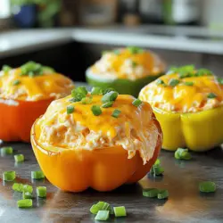 Um köstliche Buffalo Chicken Stuffed Peppers zu machen, brauchst du folgende Hauptzutaten: - 4 große Paprikaschoten (rot, gelb oder grün) - 2 Tassen gekochtes, zerrissenes Hühnchen - 1/2 Tasse Buffalo-Sauce (nach Geschmack anpassen) - 1 Tasse Frischkäse, weich gemacht - 1 Tasse geriebener Cheddar-Käse, aufgeteilt - 1/2 Tasse Ranch-Dressing - 1/4 Tasse Frühlingszwiebeln, gehackt (plus extra zum Garnieren) - Salz und Pfeffer nach Geschmack Diese Zutaten sorgen für ein tolles Geschmackserlebnis. Das zerrissene Hühnchen vermischt sich gut mit der scharfen Buffalo-Sauce. Der Frischkäse macht die Füllung schön cremig. Du kannst das Rezept leicht anpassen, um es ganz nach deinem Geschmack zu gestalten. Hier sind ein paar Ideen: - Füge zusätzlich Gemüse wie Spinat oder Zucchini hinzu. - Verwende andere Käsesorten wie Gouda oder Mozzarella. - Ersetze Ranch-Dressing durch eine andere Sauce, die dir gefällt. Diese Anpassungen bieten dir die Chance, kreativ zu sein. Lasse deiner Fantasie freien Lauf und finde deine perfekte Mischung. Die Nährwertangaben für eine Portion Buffalo Chicken Stuffed Peppers sind wichtig. Eine Portion enthält etwa: - Kalorien: 350 - Protein: 25 g - Kohlenhydrate: 15 g - Fett: 20 g Diese Werte können je nach Zutaten variieren. Das Gericht ist eine gute Proteinquelle durch das Hühnchen und den Käse. Es ist auch eine schmackhafte Möglichkeit, Gemüse in deine Ernährung zu integrieren. Wenn du mehr über die Zubereitung erfahren möchtest, schau dir das Rezept an! Zuerst wähle vier große Paprikaschoten. Du kannst rote, gelbe oder grüne verwenden. Schneide die Oberseiten ab und entferne die Samen. Achte darauf, die Membranen gut zu entfernen. So bleibt mehr Platz für die Füllung. Lege die vorbereiteten Paprikaschoten beiseite, während du die Füllung machst. In einer großen Schüssel vermischst du das gekochte, zerrissene Hühnchen mit der Buffalo-Sauce. Rühre gut um, bis das Hühnchen gleichmäßig bedeckt ist. Füge dann den weichen Frischkäse hinzu. Danach kommen die Hälfte des geriebenen Cheddar-Käses, das Ranch-Dressing und die gehackten Frühlingszwiebeln. Rühre alles zusammen, bis die Mischung cremig ist. Schmecke sie mit Salz und Pfeffer ab. Heize deinen Ofen auf 190°C vor. Fülle jede Paprikaschote mit der Hühnchen-Mischung. Drücke die Füllung leicht an, damit sie gut sitzt. Stelle die gefüllten Paprikaschoten in eine Auflaufform. Streue den restlichen Cheddar-Käse über jede Paprikaschote. Decke die Form mit Aluminiumfolie ab und backe sie für 25 Minuten. Entferne die Folie und backe sie für weitere 10 bis 15 Minuten. Achte darauf, dass der Käse sprudelnd ist und die Paprikaschoten zart sind. Lass sie ein paar Minuten abkühlen und garniere sie mit extra Frühlingszwiebeln. Ein häufiger Fehler ist, die Paprikaschoten nicht richtig vorzubereiten. Entfernen Sie alle Samen und Membranen. Dadurch wird die Füllung gleichmäßiger. Ein weiterer Fehler ist, zu viel Flüssigkeit in die Füllung zu geben. Dies kann die Paprikaschoten matschig machen. Achten Sie darauf, dass die Mischung gut gemischt ist. So bleibt die Füllung stabil und lecker. Sie können das Rezept leicht anpassen. Fügen Sie Gemüse wie Zucchini oder Mais hinzu. Diese sorgen für mehr Textur und Geschmack. Wenn Sie es schärfer mögen, verwenden Sie scharfe Sauce. Für einen anderen Geschmack können Sie Blauschimmelkäse anstelle von Cheddar verwenden. Experimentieren Sie mit Kräutern wie Oregano oder Thymian, um neue Aromen zu entdecken. Buffalo Chicken Stuffed Peppers sind perfekt für Meal Prep. Sie lassen sich gut vorbereiten und aufbewahren. Füllen Sie die Paprikaschoten und lagern Sie sie im Kühlschrank. Sie bleiben bis zu drei Tage frisch. Zum Aufwärmen können Sie sie einfach im Ofen oder in der Mikrowelle erhitzen. So haben Sie schnell ein leckeres Mittagessen oder Abendessen bereit. {{image_4}} Buffalo Chicken Stuffed Peppers sind lecker, aber du kannst sie auch vegetarisch machen. Statt Hühnchen, nimm einfach schwarze Bohnen oder Kichererbsen. Diese Hülsenfrüchte sind proteinreich und geben deinen Paprikaschoten einen tollen Biss. Mische sie mit der Buffalo-Sauce, Frischkäse und etwas Gemüse. So bleibt der Geschmack spannend und frisch. Wenn du es schärfer magst, füge mehr Buffalo-Sauce hinzu. Du kannst auch etwas Jalapeño oder Chili-Pulver in die Füllung geben. Für eine mildere Variante, reduziere die Buffalo-Sauce und nutze stattdessen mehr Ranch-Dressing. So passt das Rezept zu jedem Geschmack. Cheddar ist klassisch, aber nicht die einzige Wahl. Probiere Mozzarella für einen zähen, schmelzenden Käse. Feta bringt eine salzige Note. Du kannst auch eine Mischung aus verschiedenen Käsesorten verwenden. Das sorgt für einen reichhaltigen und abwechslungsreichen Geschmack. Um die Reste Ihrer Buffalo Chicken Stuffed Peppers frisch zu halten, legen Sie sie in einen luftdichten Behälter. Stellen Sie sicher, dass die Gefäße gut verschlossen sind. So bleiben sie bis zu drei Tage im Kühlschrank genießbar. Achten Sie darauf, die gefüllten Paprikaschoten nicht zu lange draußen zu lassen. Lebensmittel sollten nie länger als zwei Stunden bei Raumtemperatur stehen. Wenn Sie mehr Reste haben, können Sie die gefüllten Paprikaschoten auch einfrieren. Stellen Sie sicher, dass sie vollständig abgekühlt sind, bevor Sie sie in einen gefrierfesten Behälter legen. Sie können sie einzeln in Folie einwickeln und dann in einen großen Gefrierbeutel legen. So verhindern Sie Gefrierbrand. So bleiben sie bis zu drei Monate frisch. Um die gefrorenen gefüllten Paprikaschoten wieder aufzuwärmen, lassen Sie sie zuerst im Kühlschrank auftauen. Das dauert einige Stunden oder über Nacht. Dann legen Sie sie in den Ofen bei 180°C für etwa 20-25 Minuten. Wenn Sie die Reste aus dem Kühlschrank erwärmen, brauchen sie nur 15 Minuten. Überprüfen Sie, ob die Füllung gut erhitzt ist. So genießen Sie jedes Mal Ihr leckeres Gericht, auch als Rest! Eine Portion Buffalo Chicken Stuffed Peppers hat etwa 350 bis 400 Kalorien. Diese Zahl kann je nach Zutaten und Portiongröße variieren. Die Kombination von Hühnchen, Käse und Paprika macht die Füllung reichhaltig und schmackhaft. Wenn du die Kalorien reduzieren möchtest, kannst du weniger Käse verwenden oder eine fettärmere Buffalo-Sauce wählen. Ja, du kannst das Hühnchen durch andere Proteinquellen ersetzen. Du könntest zum Beispiel Pute, Tofu oder Quinoa verwenden. Diese Alternativen bieten dir verschiedene Geschmäcker und Texturen. Wenn du vegetarisch kochst, ist Tofu eine tolle Option. Es nimmt die Aromen der Buffalo-Sauce gut auf und bleibt saftig. Die gefüllten Paprikaschoten halten sich im Kühlschrank etwa 3 bis 4 Tage. Achte darauf, sie in einem luftdichten Behälter aufzubewahren. Wenn du sie länger aufbewahren möchtest, kannst du sie auch einfrieren. Sie halten sich im Gefrierschrank bis zu 3 Monate. Einfach aufwärmen, wenn du Lust auf ein schnelles Gericht hast. Die gefüllten Paprikaschoten sind einfach und lecker. Für das vollständige Rezept, schau dir den Abschnitt "Full Recipe" an. In diesem Blogbeitrag haben wir die besten Tipps für Buffalo Chicken Stuffed Peppers behandelt. Wir haben die Haupt- und optionalen Zutaten sowie Nährwerte besprochen. Auch die Schritt-für-Schritt-Anleitung war hilfreich. Nutzen Sie die Tipps, um häufige Fehler zu vermeiden und das Rezept zu personalisieren. Es ist ideal für Meal Prep und kann gut aufbewahrt werden. Denken Sie daran, Varianten auszuprobieren, um das Gericht nach Ihrem Geschmack zu gestalten. Kochen macht Spaß und diese gefüllten Paprikaschoten sind eine tolle Wahl.