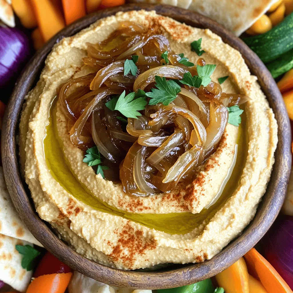 Die Hauptzutaten sind einfach und gesund. Du brauchst: - 2 mittelgroße Zwiebeln, dünn geschnitten - 2 Esslöffel Olivenöl - 1 Dose (425 g) Kichererbsen, abgetropft und gespült - 2 Esslöffel Tahini - 2 Esslöffel Zitronensaft - 1 Knoblauchzehe, fein gehackt - 1/2 Teelöffel Kreuzkümmel - Salz und Pfeffer nach Geschmack - Wasser, nach Bedarf - Frische Kräuter (Petersilie oder Thymian) zum Garnieren Diese Zutaten bilden die Basis für den cremigen und reichhaltigen Geschmack. Karamellisierte Zwiebeln bringen süße Noten, die perfekt mit Kichererbsen harmonieren. Es gibt viele Möglichkeiten, deinen Hummus zu verfeinern. Du kannst folgendes hinzufügen: - Geröstete Paprika für eine rauchige Note - Chili-Flocken für etwas Schärfe - Joghurt für eine cremigere Textur - Zitronenschale für mehr Frische Diese Zutaten helfen dir, den Geschmack nach deinem Wunsch anzupassen. Experimentiere, um deine perfekte Mischung zu finden. Falls du einige Zutaten nicht hast, gibt es Alternativen. Du kannst: - Zwiebeln durch Schalotten ersetzen für einen milderen Geschmack - Olivenöl durch Avocadoöl ersetzen für einen anderen Geschmack - Tahini durch Erdnussbutter ersetzen, wenn du eine andere Nussnote willst - Zitronensaft durch Limettensaft ersetzen für eine andere Säure Diese Ersatzmöglichkeiten zeigen dir, dass du kreativ sein kannst. So wird dein Hummus immer lecker, egal welche Zutaten du hast. Probiere die *Full Recipe* aus und finde deinen Favoriten! Um die Zwiebeln zu karamellisieren, erhitze zuerst das Olivenöl in einer großen Pfanne. Verwende mittlere Hitze. Schneide die Zwiebeln dünn. Gib sie in die Pfanne und rühre gut um. So werden sie gleichmäßig mit Öl bedeckt. Koche die Zwiebeln etwa 20-25 Minuten lang. Rühre sie regelmäßig um. Du willst, dass sie goldbraun und süßlich werden. Nimm sie vom Herd und lass sie etwas abkühlen. Jetzt ist es Zeit, die anderen Zutaten in der Küchenmaschine zu pürieren. Gib die Kichererbsen, Tahini, Zitronensaft und die gehackte Knoblauchzehe dazu. Füge auch den Kreuzkümmel und die Hälfte der karamellisierten Zwiebeln hinzu. Püriere alles gut, bis die Mischung glatt ist. Du kannst das Ergebnis anhalten, um die Mischung zu prüfen. Wenn der Hummus zu dick ist, füge langsam Wasser hinzu. Nimm dafür jeweils einen Esslöffel. Püriere die Mischung erneut nach jedem Esslöffel. So erreichst du die gewünschte Konsistenz. Schmecke den Hummus ab. Füge Salz und Pfeffer nach deinem Geschmack hinzu. Püriere noch einmal kurz, um alles gut zu vermischen. Jetzt hast du einen leckeren, karamellisierten Zwiebel-Hummus! Für das vollständige Rezept siehe [Full Recipe]. Um die perfekte Konsistenz für deinen Karamellisierten Zwiebel-Hummus zu erreichen, achte auf folgendes: Beginne mit der Basis der Kichererbsen. Sie sollten gut abgetropft und gespült sein. Wenn du die Mischung pürierst, füge langsam Wasser hinzu. Beginne mit einem Esslöffel und püriere erneut. So kannst du die Konsistenz gut kontrollieren. Der Hummus sollte glatt und cremig sein, ohne klumpig zu wirken. Wenn er zu dick ist, füge weiter Wasser hinzu. Wenn er zu dünn ist, kannst du mehr Kichererbsen oder Tahini hinzufügen. Für die besten karamellisierten Zwiebeln, benutze eine große Pfanne. Erhitze das Olivenöl bei mittlerer Hitze. Füge die geschnittenen Zwiebeln hinzu und rühre sie gut um. Es ist wichtig, die Zwiebeln regelmäßig zu rühren, um ein gleichmäßiges Karamellisieren zu gewährleisten. Lasse sie für etwa 20-25 Minuten kochen. Der Schlüssel ist Geduld. Du willst, dass sie goldbraun und süß werden. Wenn sie zu schnell bräunen, senke die Hitze. Karamellisierter Zwiebel-Hummus schmeckt am besten, wenn man ihn schön präsentiert. Serviere ihn in einer großen Schüssel. Toppe ihn mit den restlichen karamellisierten Zwiebeln und frischen Kräutern. Du kannst ihn mit Pita-Chips, frischem Gemüse oder warmem Pita-Brot kombinieren. Ein Spritzer Olivenöl und eine Prise geräucherter Paprika geben dem Hummus einen besonderen Touch. Wenn du etwas Abwechslung magst, probiere ihn auch auf Sandwiches oder Wraps aus. Für das vollständige Rezept schaue dir [Full Recipe] an. {{image_4}} Hummus ist ein fantastisches Gericht, das viele Geschmäcker verträgt. Sie können mit Gewürzen spielen. Fügen Sie zum Beispiel geräucherten Paprika oder Chili-Pulver hinzu. Diese geben Ihrem Hummus eine neue Dimension. Auch frische Kräuter wie Basilikum oder Koriander machen das Rezept spannend. Probieren Sie es aus! Kichererbsen sind großartig, aber Sie können auch andere Hülsenfrüchte verwenden. Schwarze Bohnen oder weiße Bohnen bringen andere Aromen. Diese Variationen geben Ihrem Hummus eine andere Farbe und einen neuen Geschmack. Achten Sie darauf, die Konsistenz anzupassen. Jeder Hülsenfrucht hat ihre eigene Textur. Hummus ist von Natur aus vegan und glutenfrei. Sie können ihn mit verschiedenen Zutaten anpassen. Verwenden Sie anstelle von Tahini Sonnenblumenbutter oder Erdnussbutter. Diese Optionen sind lecker und altersgerecht. Wenn Sie mehr Protein möchten, fügen Sie etwas Quinoa hinzu. So bleibt Ihr Hummus nahrhaft und schmackhaft. Für das [Full Recipe] können Sie diese Variationen ganz leicht einfügen. Um Karamellisierten Zwiebel-Hummus gut zu lagern, benötigen Sie einen luftdichten Behälter. Füllen Sie den Hummus in den Behälter und decken Sie ihn gut ab. Stellen Sie ihn dann in den Kühlschrank. So bleibt er frisch und lecker. Karamellisierter Zwiebel-Hummus hält sich im Kühlschrank bis zu fünf Tage. Achten Sie darauf, ihn vor dem Verzehr zu riechen und zu sehen. Wenn er seltsam aussieht oder riecht, sollten Sie ihn wegwerfen. Um den Hummus wieder aufzuwärmen, geben Sie ihn in eine Schüssel. Erwärmen Sie ihn kurz in der Mikrowelle oder in einem Topf. Fügen Sie einen Spritzer Wasser hinzu, wenn er zu dick ist. Rühren Sie gut um, damit er cremig bleibt. Servieren Sie den Hummus mit frischem Gemüse oder Pita-Brot. Genießen Sie ihn zu jeder Zeit! Karamellisierter Zwiebel-Hummus hält sich gut im Kühlschrank. Du kannst ihn bis zu einer Woche lagern. Achte darauf, ihn in einem luftdichten Behälter aufzubewahren. So bleibt er frisch und lecker. Wenn du ihn länger aufbewahren möchtest, kannst du ihn auch einfrieren. In einem gefriergeeigneten Behälter bleibt er bis zu drei Monate haltbar. Ja, du kannst die Zwiebeln im Voraus karamellisieren. Mache eine größere Menge und bewahre sie im Kühlschrank auf. Diese Zwiebeln halten sich etwa eine Woche. Du kannst sie dann einfach zu deinem Hummus hinzufügen oder in anderen Gerichten verwenden. Das spart Zeit und macht dein Kochen einfacher. Hummus ist nicht nur lecker, sondern auch sehr gesund. Kichererbsen sind eine großartige Proteinquelle. Sie liefern Ballaststoffe, die gut für die Verdauung sind. Tahini enthält gesunde Fette, die das Herz schützen. Außerdem ist Hummus reich an Vitaminen und Mineralstoffen. Er kann dir helfen, deinen Blutzuckerspiegel stabil zu halten. Karamellisierter Zwiebel-Hummus ist lecker und einfach zu machen. Wir haben die Hauptzutaten besprochen und wie man sie anpasst. Ich habe gezeigt, wie man Zwiebeln richtig karamellisiert und Hummus püriert. Die Tipps helfen, die perfekte Konsistenz zu erreichen. Wir haben auch Variationen und Aufbewahrungstipps behandelt. Nutze dieses Wissen, um deinen Hummus perfekt zu machen. Experimentiere mit neuen Aromen und genieße deine Kreationen!