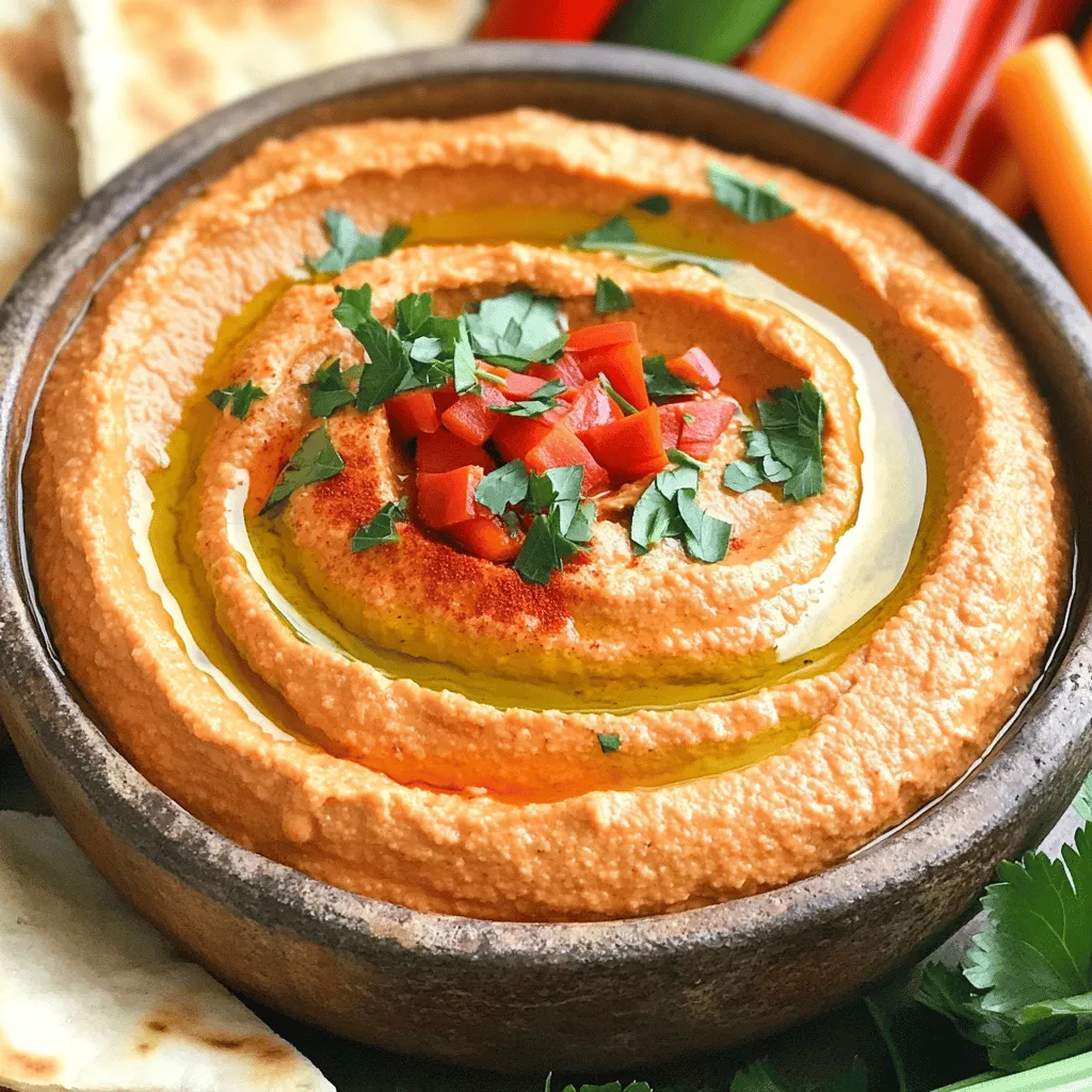 - Kichererbsen - Geröstete rote Paprika - Tahini - Olivenöl - Zitronensaft - Knoblauch - Kreuzkümmel - Salz - Wasser - Frische Petersilie - Paprika Verwenden Sie frische und hochwertige Zutaten für besten Geschmack. Kichererbsen aus der Dose sind praktisch, aber auch getrocknete Kichererbsen sind gut. Wenn Sie rote Paprika wählen, schauen Sie nach kräftigen Farben. Diese sind reif und süß. Für eine besondere Note können Sie auch gerösteten Knoblauch verwenden. Er verleiht dem Hummus einen tiefen Geschmack. Eine Portion enthält etwa 150 Kalorien. Die Makronährstoffverteilung ist wie folgt: - Kohlenhydrate: 20 g - Fette: 8 g - Eiweiße: 5 g Mit diesen Zutaten können Sie schnell und einfach einen leckeren Hummus machen. Probieren Sie das Rezept aus der [Full Recipe] und genießen Sie jede Biss! Rösten Sie die Paprika über einer offenen Flamme oder unter dem Grill. Die Haut sollte schwarz werden. Legen Sie die Paprika in eine Schüssel und decken Sie sie mit Frischhaltefolie ab. Lassen Sie sie zehn Minuten dämpfen. Nach dem Dämpfen ziehen Sie die Haut ab und entfernen die Kerne. Schneiden Sie die Paprika in Stücke. Messen Sie die Zutaten genau ab. Geben Sie die abgetropften Kichererbsen, die gerösteten Paprika, das Tahini, Olivenöl, Zitronensaft, den gehackten Knoblauch, den Kreuzkümmel und Salz in eine Küchenmaschine. Diese Geräte sind perfekt für ein gutes Ergebnis. Mixen Sie die Mischung, bis sie cremig ist. Kratzen Sie die Seiten der Schüssel ab, damit alles gut vermischt wird. Wenn die Mischung zu dick ist, fügen Sie einen Esslöffel Wasser hinzu. Probieren Sie den Hummus und passen Sie die Gewürze an. Fügen Sie mehr Salz oder Zitronensaft hinzu, wenn nötig. Für die vollständige Zubereitung schauen Sie sich das [Full Recipe] an. Für cremigen Hummus kann etwas Wasser helfen. Fügen Sie nach Bedarf einen Esslöffel hinzu. Mixen Sie die Mischung gut, um Luft einzubringen. Diese Luft macht den Hummus leichter. Lagern Sie ihn im Kühlschrank. Die Aromen entwickeln sich so besser. Lassen Sie ihn ein paar Stunden ruhen, bevor Sie ihn servieren. Servieren Sie den Hummus mit warmen Pitachips. Auch frisches Gemüse ist eine tolle Beilage. Denken Sie an Gurken und Karotten. Für eine ansprechende Präsentation legen Sie das Gemüse um die Schüssel. Ein Spritzer Olivenöl obendrauf bringt Glanz und Geschmack. Das sieht auf jeder Feier gut aus. Hummus ist sehr vielseitig. Verwenden Sie Reste in Sandwiches oder Wraps. Sie können ihn auch als Dip für Chips nutzen. Eine tolle Idee ist, ihn in einer Pastasoße zu vermischen. So wird jedes Gericht cremig und lecker. Wenn Sie kreativ sind, machen Sie damit neue Rezepte. {{image_4}} Du kannst deinen Hummus leicht verändern. Füge geröstete Knoblauchzehen hinzu, um einen reicheren Geschmack zu bekommen. Chili gibt dem Hummus eine kleine Schärfe. Wenn du etwas Neues probieren willst, mache andere Hummus-Varianten. Du kannst Olivenpaste oder Avocado verwenden. Diese Zutaten bringen frische Aromen. Deine Gäste werden begeistert sein! Wenn du eine spezielle Diät hast, ist das kein Problem. Dieser Hummus ist vegan und glutenfrei. Du kannst auch nussfreie Optionen wählen, indem du Tahini durch Sonnenblumenkernpaste ersetzt. Wenn du Allergien hast, achte darauf, die Zutaten zu prüfen. Es gibt immer Alternativen, die zu deinem Lebensstil passen. Hummus ist perfekt für jede Gelegenheit. Für Partys kannst du ihn in einem großen Schalen servieren. Füge frisches Gemüse oder Pitachips hinzu. Bei einem Picknick kannst du kleine Portionen in Behälter füllen. Das ist praktisch und sieht gut aus. Nutze saisonale Zutaten, um den Hummus zu variieren. Im Sommer sind frische Kräuter oder gegrillte Zucchini toll. Probiere verschiedene Kombinationen für jeden Anlass und jede Jahreszeit. Um den Hummus frisch zu halten, lege ihn in einen luftdichten Behälter. Dies schützt vor Austrocknung. Stelle den Behälter in den Kühlschrank. So bleibt er bis zu einer Woche genießbar. Wenn du mehr Hummus hast, kannst du ihn auch einfrieren. Fülle ihn in einen gefrierfesten Behälter und lasse etwas Platz für die Ausdehnung. So bleibt er bis zu drei Monate haltbar. Im Kühlschrank bleibt der Hummus frisch, wenn du ihn richtig lagerst. Achte darauf, ihn gut abzudecken. Wenn du siehst, dass sich eine wässrige Schicht bildet, ist das normal. Rühre einfach um, um die Aromen zu mischen. Wenn der Hummus seltsam riecht oder sich verfärbt, wirf ihn weg. Frische ist wichtig für den besten Geschmack. Wenn du deinen tiefgefrorenen Hummus nutzen möchtest, taue ihn im Kühlschrank auf. Dies dauert mehrere Stunden oder über Nacht. Du kannst ihn auch in der Mikrowelle auftauen. Verwende dabei die niedrige Stufe. Nach dem Auftauen kann die Textur leicht anders sein. Mixe ihn einfach erneut, um die Cremigkeit zurückzubringen. Du kannst den Hummus auch in Dips oder Dressings verwenden. So machst du die meisten Rezepte noch schmackhafter. Gerösteter Paprika-Hummus hält sich im Kühlschrank etwa 5 bis 7 Tage. Um die Frische zu bewahren, lege den Hummus in einen luftdichten Behälter. Achte darauf, dass der Hummus gut abgedeckt ist, um das Austrocknen zu verhindern. Wenn du eine größere Menge machst, kann das Einfrieren eine gute Option sein. Ja, du kannst Kokosnuss- oder Erdnusssauce statt Tahini nutzen. Das wird den Geschmack etwas ändern. Kokosnuss gibt eine süßliche Note, während Erdnuss eine nussige Tiefe hinzufügt. Beide Alternativen sind lecker, aber sie verändern den Charakter des Hummus. Um Hummus ohne Küchenmaschine zu machen, verwende eine Gabel oder einen Kartoffelstampfer. Kichererbsen gut zerdrücken, bis sie fast glatt sind. Füge die anderen Zutaten hinzu und mische alles gut mit einem Löffel. Es erfordert mehr Kraft, aber das Ergebnis ist dennoch köstlich. Zusammenfassend habe ich Ihnen gezeigt, wie man köstlichen Hummus mit geröstetem Paprika zubereitet. Durch frische Zutaten und einfache Schritte gelingt Ihnen die perfekte Mischung. Denken Sie an die Tipps zur Lagerung und wie Sie Hummus variieren können. Experimentieren Sie mit Aromen und alternativen Zutaten, um Ihr Rezept einzigartig zu machen. Mit diesen Informationen sind Sie bereit, Ihren Hummus nach Belieben anzupassen und zu genießen. Viel Spaß beim Zubereiten und Entdecken neuer Geschmäcker!