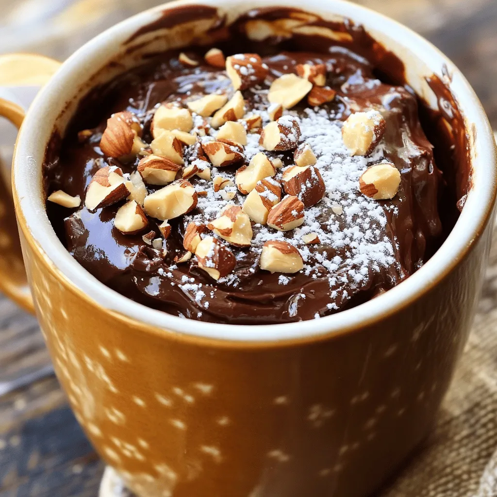 - Mehl: 4 Esslöffel Allzweckmehl sorgen für die Basis. - Kakaopulver: 2 Esslöffel bringen den Schokoladengeschmack. - Zucker: 3 Esslöffel Kristallzucker machen den Kuchen süß. - Salz: Eine Prise Salz hebt die Aromen. - Milch: 3 Esslöffel Milch geben Feuchtigkeit. - Pflanzenöl: 1 Esslöffel sorgt für eine weiche Textur. - Schokoladen-Haselnuss-Aufstrich: 1 Esslöffel für reichhaltigen Geschmack. - Gehackte Haselnüsse: 1 Esslöffel für den Crunch. - Puderzucker: Optional für eine süße Dekoration. Die Auswahl der Zutaten macht diesen Schokoladen Haselnuss Mug Cake besonders. Du kannst die Hauptzutaten anpassen, um deinen eigenen Twist zu kreieren. Ich empfehle, hochwertige Schokoladen-Haselnuss-Aufstriche zu verwenden, um den besten Geschmack zu erzielen. Die Kombination von Aromen sorgt für ein unwiderstehliches Dessert. Schau dir das [Full Recipe] an, um alle Schritte zu sehen. Zuerst sammeln wir die Zutaten in einer Tasse. Du brauchst: - 4 Esslöffel Mehl - 2 Esslöffel Kakaopulver - 3 Esslöffel Zucker - 1/8 Teelöffel Backpulver - Eine Prise Salz Mische diese trockenen Zutaten gut. Achte darauf, dass keine Klumpen zurückbleiben. Das ist wichtig für eine gleichmäßige Textur. Jetzt fügen wir die flüssigen Zutaten hinzu. Nimm: - 3 Esslöffel Milch - 1 Esslöffel Pflanzenöl - 1 Esslöffel Schokoladen-Haselnuss-Aufstrich Rühre alles gründlich um. Der Teig sollte glatt und gut gemischt sein. Wenn du magst, kannst du auch Schokoladenstückchen unterheben. Stelle die Tasse in die Mikrowelle. Achte darauf, die Mikrowellenzeit richtig einzustellen. Du solltest sie für 1 bis 1,5 Minuten backen. Die genaue Zeit hängt von deiner Mikrowelle ab. Prüfe nach der Zeit, ob der Kuchen fertig ist. Er sollte aufgegangen sein und die Mitte fest aussehen. Sei vorsichtig, denn die Tasse ist heiß. Lass den Mug Cake kurz abkühlen, bevor du ihn anfasst. Dadurch bleibt er saftig. Optional kannst du den Kuchen mit Puderzucker bestäuben. Das sieht nicht nur gut aus, sondern schmeckt auch lecker. Für das komplette Rezept schaue dir [Full Recipe] an. Um die perfekte Konsistenz zu erreichen, sollten Sie Klumpen vermeiden. Mischen Sie die trockenen Zutaten gut, bevor Sie die flüssigen Zutaten hinzufügen. Nutzen Sie einen kleinen Schneebesen oder eine Gabel. Damit wird der Teig schön glatt. Die richtige Mikrowellenzeit ist wichtig. Häufig sind 1 bis 1,5 Minuten genug. Achten Sie darauf, den Kuchen regelmäßig zu prüfen. Jeder Mikrowellenherd ist anders. Der Kuchen sollte aufgegangen und fest in der Mitte sein. Ein häufiger Fehler ist, dass der Teig nicht aufgeht. Das kann an zu wenig Backpulver liegen. Achten Sie darauf, die richtige Menge zu verwenden. Ein weiterer Grund könnte sein, dass die Mikrowellenzeit zu kurz war. Wenn Ihr Mug Cake zu trocken oder zu feucht ist, überprüfen Sie die Zutaten. Zu viel Mehl kann den Kuchen trocken machen. Fügen Sie mehr Milch hinzu, wenn der Teig zu dick ist. Um den Geschmack zu verbessern, können Sie zusätzliche Schokoladenstückchen hinzufügen. Diese schmelzen und machen den Kuchen noch schokoladiger. Variationen mit Nüssen sind ebenfalls möglich. Sie können Mandeln oder Walnüsse verwenden, um neue Aromen zu schaffen. Probieren Sie verschiedene Kombinationen. Das hält das Rezept spannend und lecker. Für mehr Details, schauen Sie sich das [Full Recipe] an. {{image_4}} Du kannst mit verschiedenen Geschmäckern spielen. Probiere den Kaffee-Haselnuss-Becherkuchen. Mische einfach einen Löffel Kaffee in den Teig. Der Geschmack hebt den Schokoladengenuss. Eine andere leckere Option ist weiße Schokolade mit Himbeeren. Füge einige Himbeeren zum Teig hinzu. Sie geben eine frische Note. Wenn du vegan leben möchtest, gibt es einfache Alternativen. Verwende pflanzliche Milch, wie Mandel- oder Hafermilch. Diese Milchsorten funktionieren gut im Rezept. Für ein veganes Backpulver, suche nach Marken ohne tierische Produkte. So bleibt der Mug Cake rein pflanzlich. Du kannst auch eine glutenfreie Version machen. Ersetze das Allzweckmehl durch glutenfreies Mehl. Achte darauf, dass es gut gemischt ist. So bleibt der Teig locker und lecker. Diese Variationen machen deinen Schokoladen-Haselnuss-Becherkuchen spannend und einzigartig. Für das gesamte Rezept, siehe den Full Recipe. Wenn du Reste hast, lasse den Mug Cake abkühlen. Decke ihn dann mit Frischhaltefolie ab. So bleibt er frisch und lecker. Der Mug Cake hält sich gut im Kühlschrank. Du kannst ihn dort bis zu drei Tage lagern. Wenn du ihn länger aufbewahren möchtest, friere ihn ein. Achte dabei darauf, ihn in einem luftdichten Behälter zu verpacken. So bleibt er bis zu einem Monat frisch. Zum Auftauen lege ihn einfach in den Kühlschrank über Nacht. Um den Mug Cake wieder warm zu machen, benutze die Mikrowelle. Erhitze ihn für etwa 15 bis 30 Sekunden. Achte darauf, ihn nicht zu lange zu erhitzen. Alternativ kannst du ihn auch im Ofen warm machen. Stelle ihn bei 150 Grad für etwa 5 bis 10 Minuten hinein. So bleibt er saftig und lecker. Die Zubereitung dauert nur 5 Minuten. Die Kochzeit in der Mikrowelle beträgt etwa 1 bis 1,5 Minuten. So hast du schnell einen warmen und leckeren Mug Cake. Ja, du kannst das Rezept leicht anpassen. Verdopple einfach alle Zutaten. Verwende eine größere Tasse. Achte darauf, die Mikrowellenzeit zu erhöhen. Überprüfe den Kuchen nach 1,5 bis 2 Minuten. Ja, du kannst glutenfreies Mehl verwenden. Achte darauf, dass alle anderen Zutaten auch glutenfrei sind. Das macht den Kuchen für jeden geeignet. Behalte den Kuchen beim Backen im Auge. Fülle die Tasse nur bis zur Hälfte. Vermeide eine zu hohe Mikrowellenzeit. So bleibt der Kuchen in der Tasse und läuft nicht über. Der Blogbeitrag behandelt die Zubereitung eines köstlichen Schokoladen-Haselnuss-Becherkuchens. Wir haben die Hauptzutaten, flüssige Zutaten und Toppings beschrieben. Auch die Schritt-für-Schritt-Anleitung zeigt, wie einfach das Backen in der Mikrowelle ist. Tipps helfen, die perfekte Konsistenz zu erreichen und häufige Fehler zu vermeiden. Variationen und Aufbewahrungstipps bieten kreative Möglichkeiten, den Kuchen zu genießen. Mit diesem Wissen bist du bereit, deinen eigenen Mug Cake zu backen. Viel Spaß beim Ausprobieren!