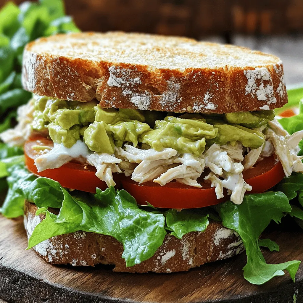 - Gekochtes Hühnchen - Reife Avocado - Griechischer Joghurt Die Hauptzutaten sind einfach und lecker. Ich nutze oft gekochtes Hühnchen. Es schmeckt gut und ist leicht zu finden. Für die beste Textur wähle ich eine reife Avocado. Sie sollte weich sein, aber nicht matschig. Griechischer Joghurt macht das Sandwich cremig und gesund. Er hat einen tollen Geschmack und viel Protein. - Dijon-Senf - Zitronensaft - Sellerie und Zwiebel Zusätzliche Zutaten bringen den Geschmack zum Leben. Dijon-Senf fügt eine leichte Schärfe hinzu. Zitronensaft sorgt für Frische und hilft, die Avocado nicht braun zu machen. Sellerie gibt einen schönen Crunch. Rote Zwiebel sorgt für einen süßen, leicht scharfen Geschmack. Du kannst die Zwiebeln auch weglassen, wenn du es milder magst. - Vollkorn- oder Sauerteigbrot - Salatblätter und Tomatenscheiben Das richtige Brot macht das Sandwich perfekt. Ich bevorzuge Vollkornbrot für mehr Nährstoffe. Sauerteigbrot hat eine tolle Konsistenz und einen besonderen Geschmack. Für die Garnitur sind frische Salatblätter wichtig. Sie geben Knackigkeit und Farbe. Tomatenscheiben sind eine tolle Ergänzung, wenn du mehr Saftigkeit möchtest. Du kannst das Sandwich nach Belieben anpassen! Für das vollständige Rezept schau dir die Anleitung an. Zuerst nimmst du das gekochte Hühnchen und zerrupfst es. Das ist einfach und macht Spaß! Dann zerdrückst du eine reife Avocado in einer großen Schüssel. Die Avocado gibt dem Salat eine tolle Cremigkeit. Jetzt kommt der griechische Joghurt dazu. Er sorgt für einen frischen Geschmack. Füge auch einen Esslöffel Dijon-Senf hinzu. Das gibt dem Ganzen einen tollen Kick! Zum Schluss gibst du etwas frischen Zitronensaft dazu. Das hilft, die Aromen zu verbinden. Jetzt wird es spannend! Füge den fein gehackten Sellerie und die rote Zwiebel zur Mischung hinzu. Rühre vorsichtig um, damit alles gut vermischt ist. Achte darauf, dass die Texturen erhalten bleiben. Jetzt kommt der wichtigste Teil: Schmecke die Mischung mit Salz und Pfeffer ab. Probiere ein wenig, um sicher zu sein, dass es dir gefällt! Nun geht es ans Zusammenstellen der Sandwiches. Toast die Brotscheiben leicht, um sie knusprig zu machen. Lege eine großzügige Portion des Hühnchen-Salats auf zwei Brotscheiben. Füge einige frische Blätter Salat hinzu. Wenn du magst, kannst du auch Tomatenscheiben hinzufügen. Lege die anderen Brotscheiben vorsichtig darauf. Schneide die Sandwiches in der Mitte durch. Wenn du willst, kannst du sie mit Zahnstochtern sichern. Jetzt sind sie bereit, serviert zu werden! Für das komplette Rezept, siehe [Full Recipe]. Um die beste Avocado zu finden, drücke leicht auf die Haut. Sie sollte weich, aber nicht matschig sein. Eine reife Avocado hat eine dunkle, matte Haut. Lagere Avocados bei Raumtemperatur, wenn sie noch hart sind. Wenn sie reif sind, lege sie in den Kühlschrank, um die Frische zu erhalten. Statt griechischem Joghurt kannst du auch Avocado oder Mayo verwenden. Diese sorgen für eine cremige Konsistenz. Füge Gewürze wie Paprika oder Knoblauchpulver hinzu, um den Geschmack zu verändern. Frische Kräuter wie Dill oder Petersilie bringen einen neuen Twist. Präsentiere dein Sandwich auf einem Holzbrett oder einem bunten Teller. Füge eine Beilage aus gemischtem Salat oder Chips hinzu. Ein Hauch frischer Koriander oben drauf macht es besonders schön. Du kannst auch kleine Schalen mit Dips bereitstellen, um das Essen aufzupeppen. {{image_4}} Für eine vegetarische Variante können Sie Kichererbsen oder Tofu verwenden. Kichererbsen sind lecker und nahrhaft. Pürieren Sie sie leicht, um eine cremige Textur zu erzielen. Tofu ist eine weitere großartige Wahl. Verwenden Sie festen Tofu und zerdrücken Sie ihn einfach. Beide Optionen sind proteinreich und sättigend. Wenn Sie es scharf mögen, fügen Sie Jalapeños oder scharfe Sauce hinzu. Das gibt dem Sandwich einen tollen Kick! Schneiden Sie frische Jalapeños in kleine Stücke und mischen Sie sie unter die Hühnchen-Salat-Mischung. Alternativ können Sie ein paar Tropfen scharfer Sauce hinzufügen. Passen Sie die Menge an, je nachdem, wie scharf Sie es mögen. Für exotische Aromen können Sie tropische Früchte oder Nüsse integrieren. Ananas oder Mango bringen eine süße Note. Schneiden Sie die Früchte klein und mischen Sie sie unter die Mischung. Nüsse wie Mandeln oder Cashews geben einen tollen Crunch. Diese Zutaten machen Ihr Sandwich besonders und einzigartig. Um die Sandwiches frisch zu halten, lege sie in den Kühlschrank. Verwende einen luftdichten Behälter. So bleiben sie bis zu drei Tage gut. Wenn du Reste hast, kannst du sie auch einfrieren. Wickel die Sandwiches sicher in Folie. Dann lege sie in einen Gefrierbeutel. So bleiben sie bis zu drei Monate haltbar. Wenn du sie essen möchtest, tau sie über Nacht im Kühlschrank auf. Die Frische der Zutaten ist wichtig für den Geschmack. Achte darauf, dass das Hühnchen gut gekocht ist und die Avocado reif. Wenn die Avocado braune Stellen hat, wähle eine andere. Um matschige Sandwiches zu vermeiden, halte die feuchten Zutaten getrennt. Füge den Salat erst kurz vor dem Essen hinzu. Das hält das Brot knusprig. Verwende frische Zwiebeln und Sellerie für zusätzlichen Crunch. Für das vollständige Rezept, schau dir den [Full Recipe] an. Die Hühnchen-Salat-Mischung bleibt im Kühlschrank etwa 3 bis 4 Tage frisch. Um die Frische zu sichern, bewahre sie in einem luftdichten Behälter auf. So bleibt der Geschmack gut erhalten. Vermeide es, sie länger als nötig stehen zu lassen. Wenn du Anzeichen von Verderb bemerkst, wie einen schlechten Geruch oder eine veränderte Farbe, solltest du sie nicht mehr essen. Ja, du kannst die Mischung im Voraus machen. Bereite sie bis zu 2 Tage vor dem Servieren zu. Lagere den Salat im Kühlschrank. Das Brot solltest du erst kurz vor dem Essen toasten. So bleibt es schön knusprig. Wenn du den Salat länger aufbewahren möchtest, kannst du die Zutaten getrennt lagern. Das hält alles frisch und lecker. Wenn du kein Hühnchen magst, gibt es viele Alternativen. Du kannst Kichererbsen verwenden, die gut zerdrückt werden. Auch Tofu oder Thunfisch passen gut. Diese Optionen sind lecker und gesund. Sie bieten eine gute Proteinquelle und sind ideal für verschiedene Ernährungsweisen. Ja, du kannst es glutenfrei machen. Achte darauf, glutenfreies Brot zu wählen. Es gibt viele Optionen im Handel, die gut schmecken. Du kannst auch Salatblätter verwenden, um eine Low-Carb-Option zu haben. So bleibt dein Sandwich frisch und leicht. Dieses Rezept bietet eine leckere Möglichkeit, Hühnchen, Avocado und Joghurt zu kombinieren. Mit einfachen Zutaten und klaren Schritten kannst du mühelos einen köstlichen Sandwich zaubern. Denke daran, frische Avocados zu wählen und kreativ mit Variationen zu sein. Genieße deine Kreation und teile sie mit Freunden oder Familie. So machen gesunde Snacks Spaß und schmecken toll.