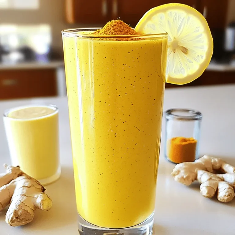 - 1 gefrorene Banane - 1 Tasse Mandelmilch (oder Milch nach Wahl) - 1 Esslöffel frischer Ingwer, gerieben - 1 Teelöffel gemahlener Kurkuma - 1 Esslöffel Honig (oder Ahornsirup) - Saft von 1 Zitrone - 1/2 Teelöffel Zimt - Eine Prise schwarzer Pfeffer - Eiswürfel (optional) Die Zutaten für den Zitronen-Ingwer-Kurkuma-Smoothie sind einfach und frisch. Die gefrorene Banane macht den Smoothie cremig und süß. Mandelmilch gibt einen sanften Geschmack. Frischer Ingwer bringt eine scharfe Note. Gemahlener Kurkuma hat viele Vorteile für die Gesundheit. Honig oder Ahornsirup süßen den Smoothie nach deinem Geschmack. Der Saft von einer Zitrone gibt einen frischen Kick. Zimt bringt Wärme und Tiefe. Eine Prise schwarzer Pfeffer hilft, die Vorteile des Kurkumas zu verbessern. Eiswürfel sind optional, aber sie kühlen den Smoothie gut. Du kannst auch andere Milch verwenden, die du magst. Die Kombination dieser Zutaten ergibt einen leckerer Smoothie, der dir Energie gibt. Du fühlst dich nach dem Trinken frisch und bereit für den Tag. Wenn du mehr über die Zubereitung erfahren willst, schau dir das Full Recipe an. Um einen großartigen Smoothie zu machen, bereite zuerst die Zutaten vor. Reibe den frischen Ingwer. Das gibt deinem Smoothie einen tollen Geschmack. Friere eine Banane über Nacht ein. Eine gefrorene Banane sorgt für eine cremige Konsistenz. Sammle alle anderen Zutaten bereit. Du brauchst Mandelmilch, Kurkuma, Honig und Zimt. Ein Spritzer Zitronensaft bringt Frische. Vergiss nicht den schwarzen Pfeffer. Er hilft, die Vorteile von Kurkuma zu nutzen. Jetzt wird es spannend! Nimm einen Mixer und füge die gefrorene Banane, Mandelmilch, geriebenen Ingwer, gemahlenen Kurkuma, Honig, Zitronensaft, Zimt und schwarzen Pfeffer hinzu. Mixe das Ganze gut durch. Mixe für etwa 1 bis 2 Minuten. Du willst eine glatte und cremige Mischung. Wenn du es kälter magst, füge ein paar Eiswürfel hinzu und mixe nochmals. Probiere den Smoothie. Wenn du mehr Süße möchtest, füge etwas mehr Honig hinzu. Mische kurz, um alles gut zu vermengen. Gieße den Smoothie in ein Glas und genieße ihn sofort. Für die genauen Mengen und Schritte kannst du das Full Recipe ansehen. Um den perfekten Lemon Ginger Turmeric Smoothie zu machen, ist der Mixer wichtig. Ich empfehle, den Mixer auf hohe Geschwindigkeit einzustellen. So wird alles gut gemischt. Achte darauf, die festen Zutaten zuerst hinzuzufügen, gefolgt von der Flüssigkeit. So vermeidest du Klumpen. Wenn du nach 30 Sekunden Klumpen siehst, halte kurz an und rühre um. Die Süße des Smoothies ist wichtig. Du kannst Honig oder Ahornsirup verwenden. Fange mit einem Esslöffel an und probiere dann. Füge mehr hinzu, falls nötig. Du kannst auch zusätzliche Gewürze hinzufügen. Eine Prise Muskatnuss oder Vanille kann den Geschmack verbessern. Experimentiere mit anderen Zutaten wie Spinat oder Mango. Das macht den Smoothie noch spannender. Für den besten Geschmack und die beste Konsistenz, genieße deinen Smoothie frisch, kurz nach der Zubereitung. Schau dir auch das [Full Recipe] an, um alle Schritte zu sehen. {{image_4}} Um deinen Smoothie aufregender zu gestalten, kannst du weitere Obst- und Gemüsesorten hinzufügen. Mango ist eine hervorragende Ergänzung. Sie bringt eine süße Note und viele Vitamine. Auch Spinat passt gut dazu. Er fügt Nährstoffe hinzu, ohne den Geschmack stark zu verändern. Du kannst sogar einen Mix aus verschiedenen Früchten ausprobieren. Das macht deinen Smoothie bunt und gesund. Wenn du eine vegane Option bevorzugst, ist das einfach. Ersetze die Milch durch Pflanzenmilch wie Hafer- oder Kokosmilch. Auch die Süße kannst du anpassen. Statt Honig kannst du Agavendicksaft oder Ahornsirup verwenden. Diese Alternativen sind lecker und gesund. So genießt jeder den Smoothie, egal welche Diät er verfolgt. Der Lemon Ginger Turmeric Smoothie ist köstlich frisch. Wenn Sie Reste haben, lagern Sie ihn im Kühlschrank. Er hält sich dort etwa 24 Stunden. Nach dieser Zeit kann der Geschmack beeinträchtigt werden. Um den Smoothie zu lagern, verwenden Sie einen luftdichten Behälter. So bleibt er frisch und lecker. Wenn Sie den Smoothie länger aufbewahren möchten, frieren Sie ihn ein. Gießen Sie ihn in einen gefrierfesten Behälter. Er kann bis zu einem Monat eingefroren werden. Zum Verzehr nehmen Sie ihn einfach aus dem Gefrierfach. Lassen Sie ihn über Nacht im Kühlschrank auftauen oder benutzen Sie die Mikrowelle. Um Zeit zu sparen, können Sie die Zutaten im Voraus vorbereiten. Schälen und reiben Sie den Ingwer vor. Auch die Banane können Sie einfrieren, damit sie immer bereit ist. Lagern Sie die vorbereiteten Zutaten in separaten Behältern. So sparen Sie Zeit, wenn Sie Ihren Smoothie machen möchten. Batch-Cooking ist eine großartige Idee. Sie können mehrere Portionen auf einmal zubereiten. Machen Sie einen großen Smoothie und teilen Sie ihn in Portionen auf. Füllen Sie die Portionen in Beutel oder Behälter. Frieren Sie sie ein, um sie später zu genießen. So haben Sie immer einen gesunden Snack zur Hand. Für das vollständige Rezept, schauen Sie sich den Full Recipe an. Kurkuma hat viele Gesundheitsvorteile. Es ist bekannt für seine antioxidativen Eigenschaften. Diese helfen, Zellen vor Schäden zu schützen. Kurkuma wirkt auch entzündungshemmend. Das bedeutet, es kann Schmerzen und Entzündungen lindern. Einige Studien zeigen, dass Kurkuma das Immunsystem stärkt. Es kann auch die Verdauung unterstützen und die Hautgesundheit fördern. Ja, du kannst das Rezept anpassen! Wenn du keinen Honig magst, nimm Ahornsirup. Du kannst auch andere Milch verwenden, wie Soja- oder Hafermilch. Füge mehr Früchte hinzu, um den Geschmack zu verändern. Mango oder Spinat sind tolle Optionen. Experimentiere mit verschiedenen Gewürzen wie Muskatnuss oder Chia-Samen. Ja, der Smoothie ist gut für Kinder. Achte darauf, den Ingwer weniger stark zu machen. Das macht ihn milder im Geschmack. Kinder ab 3 Jahren können ihn genießen. Für jüngere Kinder solltest du die Zutaten anpassen. Verwende weniger Zitronensaft oder Honig. So bleibt der Smoothie süß und lecker. Dieser Smoothie ist einfach zuzubereiten und sehr gesund. Wir haben leckere Zutaten wie Banane, Ingwer und Kurkuma verwendet. Ich zeigte dir die besten Techniken zum Mixen und wie du Variationen erstellen kannst. Zudem gab es Tipps zur Aufbewahrung und häufige Fragen. Du kannst das Rezept ganz einfach anpassen. Probiere verschiedene Früchte aus und finde deinen Favoriten. Mahlzeiten sollten gut schmecken und gesund sein. Mit diesem Smoothie bist du bestens vorbereitet.