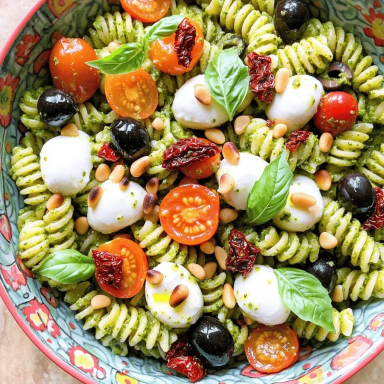 Für einen leckeren Pesto Pasta Salad brauchst du: - 225 g Fusilli-Pasta - 240 ml Basilikum-Pesto - 150 g Cherry-Tomaten, halbiert - 75 g schwarze Oliven, in Scheiben geschnitten - 125 g Mozzarella-Bällchen, halbiert - 60 g getrocknete Tomaten, gehackt - 30 g Pinienkerne, geröstet - 2 Esslöffel Olivenöl - Salz und Pfeffer nach Geschmack - Frische Basilikumblätter zur Garnierung Diese Zutaten sorgen für einen bunten und schmackhaften Salat. Die Kombination aus Pasta, frischen Zutaten und Pesto macht das Gericht lebendig und lecker. Du kannst verschiedene Pastaformen verwenden. Fusilli ist beliebt, aber auch Penne oder Farfalle funktionieren gut. Wähle die Form, die dir am besten gefällt oder die du gerade hast. Achte darauf, dass die Pasta al dente gekocht wird. So bleibt sie beim Mischen mit dem Pesto fest und gibt dem Salat eine schöne Textur. Basilikum-Pesto ist eine Schlüsselingredienz. Du kannst es selbst machen oder im Laden kaufen. Wenn du Zeit hast, probiere ein hausgemachtes Pesto. Es ist frisch und voller Geschmack. Mische frisches Basilikum, Pinienkerne, Parmesan, Knoblauch und Olivenöl für dein Pesto. Wenn die Zeit drängt, wähle ein gutes, gekauftes Pesto. Achte darauf, dass es hochwertige Zutaten enthält. So stellst du sicher, dass dein Pasta Salad köstlich schmeckt. Für das vollständige Rezept, schau dir die Anleitung in der Sektion "Full Recipe" an. Kochen Sie die Fusilli-Pasta in einem großen Topf. Verwenden Sie sprudelndes Salzwasser. Kochen Sie die Pasta bis sie al dente ist. Das dauert etwa 8 bis 10 Minuten. Gießen Sie die Pasta ab und spülen Sie sie mit kaltem Wasser. So stoppen Sie den Kochvorgang und kühlen die Pasta schnell ab. Nehmen Sie eine große Rührschüssel. Geben Sie die abgekühlte Pasta hinein. Gießen Sie das Basilikum-Pesto über die Pasta. Mischen Sie alles gut. Achten Sie darauf, dass jede Nudel mit Pesto bedeckt ist. Das Pesto gibt dem Salat einen tollen Geschmack. Jetzt kommen die extras. Fügen Sie die halbierten Cherry-Tomaten und die geschnittenen schwarzen Oliven hinzu. Geben Sie die halbierten Mozzarella-Bällchen und die gehackten getrockneten Tomaten dazu. Mischen Sie alles vorsichtig. So verbinden sich die Zutaten gut, ohne die Pasta zu zerdrücken. Jetzt ist Ihr Pesto Pasta Salad bereit für das Olivenöl und die Gewürze. Dies ist der letzte Schritt, um einen perfekten Salat zu erhalten. Gehen Sie zu [Full Recipe] für weitere Details. Um die perfekte Konsistenz für den Pesto Pasta Salad zu erreichen, ist das Kochen der Pasta entscheidend. Ich empfehle, die Fusilli-Pasta al dente zu kochen. So bleibt sie bissfest und nimmt das Pesto gut auf. Nach dem Kochen spülen Sie die Pasta mit kaltem Wasser ab. Dies stoppt den Kochprozess und sorgt dafür, dass die Pasta nicht matschig wird. Lassen Sie die Pasta gut abtropfen, bevor Sie sie mit dem Pesto vermengen. Um den Geschmack zu intensivieren, können Sie einige Zutaten hinzufügen. Ich empfehle, geröstete Pinienkerne und frische Basilikumblätter zu verwenden. Die Pinienkerne bringen einen nussigen Geschmack. Die frischen Basilikumblätter geben dem Salat einen frischen Kick. Auch etwas Zitronensaft kann helfen, das Aroma zu heben. Wenn Sie es würziger mögen, fügen Sie ein wenig Feta-Käse oder gehackte Kapern hinzu. Die Präsentation ist wichtig. Servieren Sie den Pesto Pasta Salad in einer großen, bunten Schüssel. Streuen Sie einige extra Pinienkerne und frische Basilikumblätter darüber. Das sieht nicht nur schön aus, sondern macht den Salat auch appetitlicher. Für besondere Anlässe können Sie den Salat in kleinen Gläsern anrichten. So haben Ihre Gäste eine individuelle Portion und es wirkt sehr einladend. {{image_4}} Wenn Sie Ihrem Pesto Pasta Salat mehr Protein geben möchten, gibt es viele Optionen. Hähnchenbrust ist eine beliebte Wahl. Grillen Sie sie einfach und schneiden Sie sie in Stücke. Thunfisch aus der Dose ist eine schnelle Option. Veganer könnten Kichererbsen oder Tofu verwenden. Diese Optionen machen Ihren Salat nahrhafter und sättigender. Für vegetarische und vegane Varianten können Sie den Mozzarella durch pflanzliche Käsealternativen ersetzen. Cashew-Creme oder Hefeflocken geben einen tollen Geschmack. Achten Sie darauf, dass Ihr Pesto vegan ist, wenn Sie diese Option wählen. Es gibt viele Rezepte, die auf Nüssen oder Kräutern basieren. Diese Zutaten machen den Salat lecker und freundlich für alle. Saisonale Zutaten bringen frische Aromen in Ihren Salat. Im Sommer sind frische Zucchini und Paprika toll. Im Herbst können Sie geröstete Kürbiswürfel hinzufügen. Frische Kräuter wie Petersilie oder Schnittlauch geben extra Farbe und Geschmack. Diese Zutaten sind nicht nur gesund, sie machen den Salat auch bunter und ansprechender. Um den Pesto Pasta Salad frisch zu halten, bewahre ihn in einem luftdichten Behälter auf. Achte darauf, dass der Behälter gut schließt, damit keine Luft eindringt. So bleibt der Geschmack und die Textur der Zutaten erhalten. Wenn du den Salat in Portionen aufteilst, ist es einfach, nur das zu entnehmen, was du brauchst. Im Kühlschrank hält sich der Pesto Pasta Salad etwa 3 bis 5 Tage. Achte darauf, ihn gut verpackt zu halten. Überprüfe vor dem Servieren, ob sich der Salat frisch anfühlt und riecht. Wenn du eine Veränderung bemerkst, ist es sicherer, ihn wegzuwerfen. Wenn du den Salat länger aufbewahren möchtest, kannst du ihn einfrieren. Teile den Salat in Portionen und lege ihn in gefriergeeignetes Material. Vergiss nicht, das Datum auf den Behältern zu notieren. Der Salat kann bis zu 2 Monate im Gefrierfach bleiben. Achte darauf, ihn im Kühlschrank aufzutauen, bevor du ihn isst. So bleibt der Geschmack am besten erhalten. Sie können den Pesto Pasta Salad bis zu drei Tage im Kühlschrank lagern. Bewahren Sie ihn in einem luftdichten Behälter auf. So bleibt der Geschmack frisch. Nach ein oder zwei Tagen kann der Salat etwas weicher werden. Das ist normal, aber er bleibt lecker. Ja, das Rezept ist einfach anpassbar. Verdoppeln oder verdreifachen Sie einfach die Zutaten. Achten Sie darauf, genügend Platz in Ihrer Schüssel zu haben. Wenn Sie mehr Leute bedienen, nutzen Sie größere Mengen Pesto und Pasta. So bleibt der Geschmack stark und frisch. Der Pesto Pasta Salad passt gut zu gegrilltem Hähnchen oder Fisch. Auch ein frischer grüner Salat ist eine tolle Wahl. Für ein Picknick können Sie auch Brot oder Brötchen servieren. Diese Beilagen machen das Essen komplett und lecker. Du hast nun alle wichtigen Schritte für einen köstlichen Pesto Pasta Salad gelernt. Wir haben die Hauptzutaten besprochen, die Schritt-für-Schritt-Anleitung durchgegangen und nützliche Tipps geteilt. Variationen und Lagerungshinweise helfen dir, diesen Salat perfekt zuzubereiten und zu genießen. Denk daran, dass du kreativ sein kannst! Probiere verschiedene Zutaten aus und finde deine Lieblingskombination. So wird jedes Mal etwas Besonderes aus deinem Pesto Pasta Salad. Viel Spaß beim Ausprobieren!