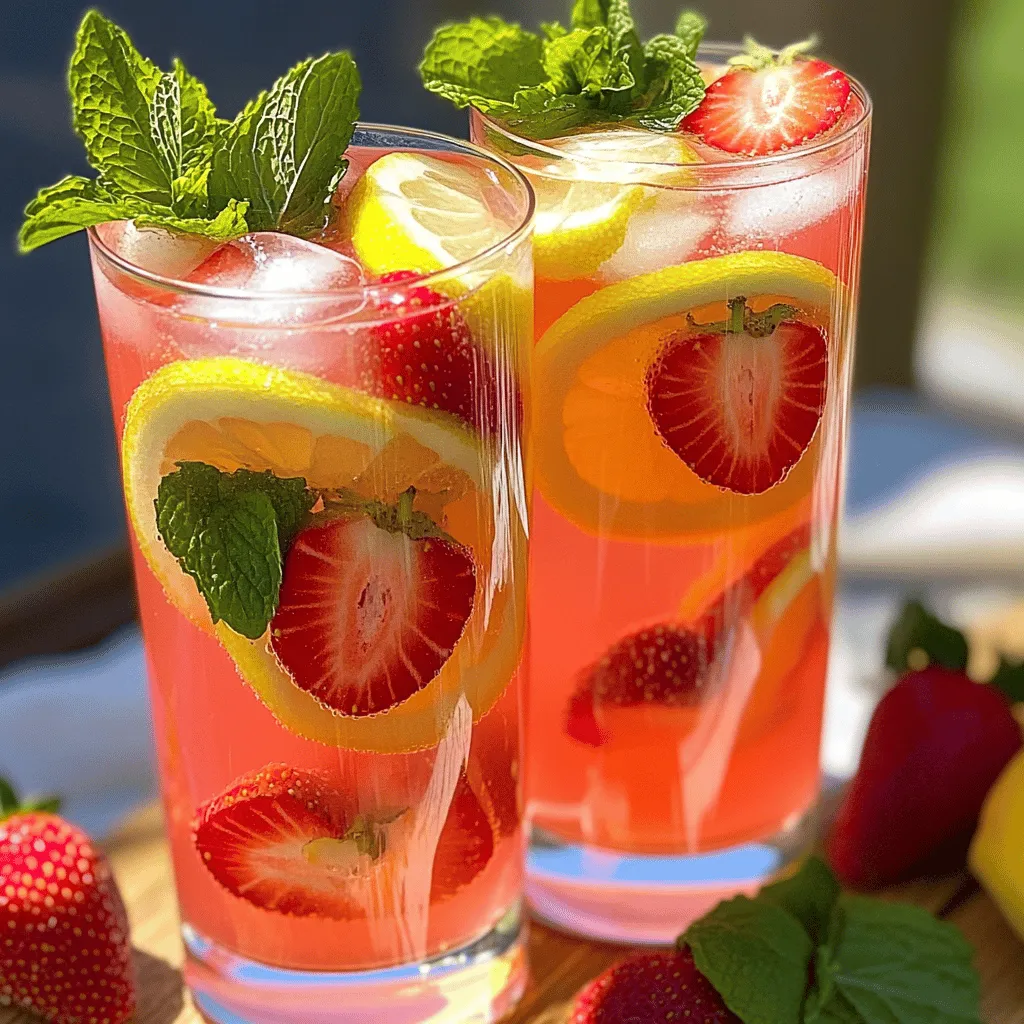 Für die perfekte Erdbeer-Zitronenlimonade brauchst du ein paar Hauptzutaten. Diese sind: - 2 Tassen frische Erdbeeren, geputzt und in Scheiben geschnitten - 1 Tasse frischer Zitronensaft (ca. 4-6 Zitronen) - 1/2 Tasse Kristallzucker (nach Geschmack anpassen) - 4 Tassen kaltes Wasser - Zitronenscheiben und ganze Erdbeeren zur Garnitur - Frische Minzblätter (optional) Diese Zutaten sorgen für einen frischen und süßen Geschmack. Die Erdbeeren bringen Süße, während die Zitronen die perfekte Säure bieten. Wenn du etwas Abwechslung magst, kannst du auch zusätzliche Zutaten hinzufügen. Probiere diese Optionen: - Andere Beeren wie Himbeeren oder Blaubeeren - Ingwer für einen scharfen Kick - Sprudelwasser für eine prickelnde Limonade - Honig oder Agavensirup anstelle von Zucker Diese Variationen machen die Limonade noch spannender und passen sich deinem Geschmack an. Wähle die besten Zutaten, um den besten Geschmack zu erzielen. Hier sind einige Tipps: - Kaufe frische Erdbeeren, die fest und rot sind. Vermeide matschige oder unreife Beeren. - Suche nach saftigen Zitronen. Drücke sie leicht, um ihre Frische zu testen. - Verwende kristallklaren Zucker für eine bessere Auflösung im Getränk. - Achte darauf, dass das Wasser kalt ist, um die Limonade erfrischend zu halten. Mit diesen Tipps wirst du die besten Zutaten finden. Du wirst schnell lernen, was gut schmeckt und wie du deine Limonade verbessern kannst. Um die beste Erdbeer-Zitronenlimonade zu machen, folge diesen einfachen Schritten. Zuerst nimm zwei Tassen frische Erdbeeren. Wasche sie gut und schneide sie in Scheiben. Gib die Erdbeeren zusammen mit einer Tasse kaltem Wasser in einen Mixer. Mixe die Mischung, bis sie komplett glatt ist. Das Püree muss jetzt durch ein feines Sieb in einen großen Krug gefiltert werden. Nimm einen Löffel und drücke, um so viel Saft wie möglich herauszuholen. Der Fruchtbrei bleibt im Sieb. Jetzt hast du frischen Erdbeersaft! Füge nun eine Tasse frischen Zitronensaft hinzu. Das sind etwa vier bis sechs Zitronen. Danach kommt die halbe Tasse Zucker hinzu. Rühre gut um, bis der Zucker sich auflöst. Gieße dann drei weitere Tassen kaltes Wasser dazu und rühre wieder um. Probiere die Limonade und passe die Süße an. Beim Mixen ist es wichtig, die Erdbeeren lange genug zu pürieren. Wenn du sie nicht gut pürierst, bleiben Klumpen im Saft. Das Sieben ist auch entscheidend. Drücke mit dem Löffel fest, um den besten Geschmack herauszuholen. Es ist okay, wenn etwas Fruchtfleisch übrig bleibt, aber der Saft sollte klar sein. Nach dem Mixen stelle die Limonade in den Kühlschrank. Lass sie für mindestens 30 Minuten kühlen. Das macht sie erfrischend und lecker. Wenn du sie servierst, fülle Gläser mit Eiswürfeln. Gieße die Erdbeer-Zitronenlimonade darüber. Garnieren kannst du mit Zitronenscheiben, ganzen Erdbeeren und Minzblättern. So sieht die Limonade nicht nur toll aus, sie schmeckt auch fantastisch! Um den perfekten Geschmack zu erreichen, sind frische Zutaten wichtig. Verwende reife Erdbeeren für die beste Süße. Achte darauf, dass dein Zitronensaft frisch gepresst ist. Das gibt der Limonade einen tollen, spritzigen Geschmack. Mische die Erdbeeren gut, um ihren Saft voll auszuschöpfen. Probiere die Limonade, während du sie machst. So kannst du die Süße anpassen, bis sie perfekt ist. Ein häufiger Fehler ist die Verwendung von zu viel Zucker. Beginne mit weniger und füge mehr hinzu, falls nötig. Ein weiterer Fehler ist, die Limonade nicht genug zu kühlen. Sie schmeckt am besten, wenn sie kalt serviert wird. Vermeide es auch, die Erdbeeren zu lange im Mixer zu lassen. Das kann die Textur verändern und die Limonade matschig machen. Sei beim Sieben vorsichtig, um den ganzen Saft zu gewinnen. Die Garnierung macht deine Limonade besonders ansprechend. Verwende Zitronenscheiben und ganze Erdbeeren für Farbe und Geschmack. Ein Zweig frischer Minze gibt ein schönes Aroma. Du kannst die Gläser auch mit Eiswürfeln füllen, bevor du die Limonade eingießt. Das sieht nicht nur toll aus, sondern hält die Limonade auch kühl. Wenn du magst, probiere verschiedene Kräuter oder Früchte als Garnierung. {{image_4}} Erdbeer-Zitronenlimonade ist köstlich, aber du kannst auch andere Beeren verwenden. Himbeeren, Blaubeeren oder schwarze Johannisbeeren geben einen neuen Twist. Du kannst die frischen Beeren einfach mixen, wie bei der Erdbeer-Version. Das gibt dir andere Geschmäcker und Farben. Probiere, die Beeren zu mischen, um eine bunte Limonade zu kreieren. Kräuter bringen frische Aromen in deine Limonade. Minze ist dabei eine beliebte Wahl. Sie passt perfekt zu den süßen Erdbeeren. Du kannst die Blätter einfach in die Limonade geben oder sie leicht zerdrücken, um den Geschmack zu verstärken. Basilikum ist eine weitere gute Option, die einen überraschenden Geschmack bringt. Experimentiere mit verschiedenen Kräutern und finde deinen Favoriten. Wenn du den Zuckergehalt reduzieren möchtest, gibt es viele Alternativen. Honig ist eine gute Option. Er hat einen natürlichen Geschmack und ist oft gesünder als Zucker. Agavensirup ist ebenfalls eine süße Wahl, die sich gut auflösen lässt. Du kannst die Süße nach deinem Geschmack anpassen. So bleibt deine Limonade lecker und gesund. Für das gesamte Rezept, schau dir die [Full Recipe] an. Um die frische Erdbeer-Zitronenlimonade zu lagern, füllen Sie sie in einen sauberen Krug. Verwenden Sie einen Deckel oder Frischhaltefolie, um den Krug abzudecken. So bleibt die Limonade frisch und kühl. Lagern Sie die Limonade im Kühlschrank. Die Limonade hält sich gut für etwa 3 bis 5 Tage im Kühlschrank. Der Geschmack wird nach ein paar Tagen schwächer. Achten Sie darauf, die Limonade vor dem Servieren zu probieren. Wenn sie seltsam schmeckt, ist es Zeit, sie wegzuwerfen. Haben Sie Reste? Nutzen Sie sie kreativ! Sie können die Limonade als Basis für Cocktails verwenden. Gießen Sie sie über Eis oder verwenden Sie sie in Desserts. Zum Beispiel können Sie die Limonade in Eiswürfelformen einfrieren. So haben Sie leckere Erdbeer-Zitronen-Eiswürfel für zukünftige Drinks. Um die Limonade weniger süß zu machen, passe einfach die Zuckermenge an. Fange mit weniger Zucker an. Du kannst auch mehr Zitronensaft hinzufügen. Das gibt der Limonade einen frischen, sauren Geschmack. Wenn du frische Erdbeeren verwendest, sind sie oft süß. Wähle also reife Erdbeeren, um die Balance zu finden. Ja, du kannst gefrorene Erdbeeren verwenden! Sie sind eine tolle Alternative. Gefrorene Erdbeeren sind oft günstiger und immer verfügbar. Lass sie kurz antauen, bevor du sie pürierst. Das hilft beim Mixen. Der Geschmack bleibt frisch und lecker, auch wenn sie gefroren waren. Ohne Mixer kannst du die Erdbeeren mit einer Gabel zerdrücken. Nimm die geschnittenen Erdbeeren und drücke sie in einer Schüssel. Füge dann Wasser und Zitronensaft hinzu. Rühre gut um, um die Aromen zu vermischen. Seihe die Mischung durch ein feines Sieb in einen Krug. So bekommst du einen leckeren Erdbeersaft. Alle Schritte bleiben gleich wie im Full Recipe. In diesem Artikel haben wir die besten Zutaten und die Zubereitung der Erdbeer-Zitronenlimonade besprochen. Ich habe Schritte erklärt, um den perfekten Geschmack zu erreichen und häufige Fehler zu vermeiden. Wir haben auch spannende Variationen und Tipps zur Lagerung behandelt. Mit diesen Ideen kannst du kreativ werden und deine eigene Limonade genießen. Experimentiere mit den Zutaten und finde deinen Lieblingsgeschmack! Viel Spaß beim Mixen!