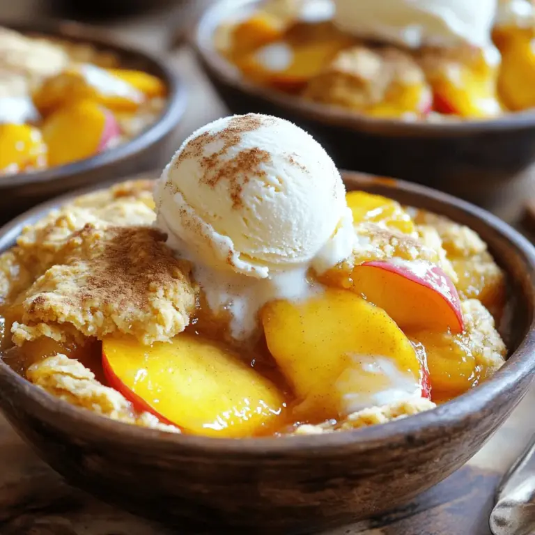 Die Hauptzutaten machen den Pfirsichparadies-Cobbler so besonders. Hier sind sie: - 6 reife Pfirsiche, geschält, entkernt und in Scheiben geschnitten - 1 Tasse Zucker - 1 Esslöffel Zitronensaft - 1 Teelöffel Zimtpulver - 1 Teelöffel Vanilleextrakt - 1 ½ Tassen Weizenmehl - 1 Esslöffel Backpulver - ½ Teelöffel Salz - 1 Tasse Milch - ½ Tasse ungesalzene Butter, geschmolzen - 1 Teelöffel Mandel-Extrakt - 1 Esslöffel brauner Zucker (zum Bestreuen) - Optional: Vanilleeis zum Servieren Diese Zutaten bringen den fruchtigen Geschmack und die süße Note in dein Dessert. Die frischen Pfirsiche sind der Star. Sie bringen eine saftige Textur und einen tollen Geschmack. Die Gewürze sind wichtig für das Aroma. Zimt gibt Wärme und Tiefe. Vanilleextrakt bringt Süße und rundet den Geschmack ab. Zitronensaft fügt einen frischen Kick hinzu. Diese Gewürze machen dein Dessert lebendig. Falls du Allergien hast, gibt es gute Alternativen. Verwende glutenfreies Mehl statt Weizenmehl. Für Milchallergien kannst du Mandel- oder Hafermilch nutzen. Statt Butter kannst du Kokosöl verwenden. So bleibt der Genuss erhalten, ohne Allergien auszulösen. Heizen Sie zuerst Ihren Ofen auf 175°C (350°F) vor. Das sorgt für eine gleichmäßige Hitze während des Backens. Während der Ofen aufheizt, können Sie die Pfirsiche vorbereiten. Sie benötigen 6 reife Pfirsiche. Schälen und entkernen Sie sie. Schneiden Sie die Pfirsiche in dünne Scheiben. Legen Sie die geschnittenen Pfirsiche in eine große Schüssel. Fügen Sie 1 Tasse Zucker, 1 Esslöffel Zitronensaft, 1 Teelöffel Zimtpulver und 1 Teelöffel Vanilleextrakt hinzu. Mischen Sie alles vorsichtig. Lassen Sie die Mischung etwa 15 Minuten ziehen. So entfalten sich die Aromen der Pfirsiche. Jetzt kommt der Teig. In einer anderen großen Schüssel mischen Sie 1 ½ Tassen Weizenmehl, 1 Esslöffel Backpulver und ½ Teelöffel Salz. Rühren Sie gut um, damit alles gleichmäßig vermischt ist. Fügen Sie langsam 1 Tasse Milch und ½ Tasse geschmolzene Butter hinzu. Rühren Sie weiter, bis der Teig glatt ist. Geben Sie 1 Teelöffel Mandel-Extrakt dazu und vermengen Sie ihn gut. Ihr Teig ist nun bereit. Gießen Sie den Teig in eine gefettete Auflaufform, etwa 23x33 cm. Verteilen Sie den Teig gleichmäßig. Jetzt ist es Zeit für die Pfirsiche. Löffeln Sie die Pfirsichmischung samt Saft gleichmäßig über den Teig. Streuen Sie 1 Esslöffel braunen Zucker darüber. Das sorgt für eine tolle Kruste. Backen Sie den Cobbler im vorgeheizten Ofen für 40-45 Minuten. Die Oberseite sollte goldbraun sein. Ein Zahnstocher sollte sauber herauskommen, wenn Sie ihn in den Teig stecken. Lassen Sie den Cobbler etwa 10 Minuten abkühlen, bevor Sie ihn servieren. So bleibt er saftig und lecker. Für die besten Ergebnisse können Sie ihn mit Vanilleeis servieren. Das passt perfekt zu den warmen Pfirsichen! Ein häufiger Fehler ist, die Pfirsiche nicht gut vorzubereiten. Achte darauf, sie zu schälen und zu entkernen. Verwende reife Pfirsiche für den besten Geschmack. Lasse die Pfirsiche nach dem Mischen mit Zucker etwa 15 Minuten ziehen. So können sie ihre Saftigkeit entfalten. Ein weiterer Fehler ist, den Teig zu lange zu mischen. Mische ihn nur, bis alles gut vermengt ist. Übermischung kann den Teig hart machen. Achte darauf, den Cobbler nicht zu lange zu backen. Die perfekte Zeit ist 40-45 Minuten. Du kannst das Rezept leicht anpassen. Probiere andere Früchte wie Äpfel oder Beeren. Füge einen Hauch von Ingwer oder Muskatnuss hinzu, wenn du einen besonderen Kick magst. Für eine nussige Note kannst du gehackte Mandeln oder Walnüsse hinzufügen. Für eine weniger süße Variante kannst du den Zucker reduzieren. Nutze Honig oder Agavensirup als Alternative für einen anderen Geschmack. Die Backzeit ist wichtig für die perfekte Konsistenz. Achte darauf, dass die Oberseite goldbraun ist. Ein Zahnstocher sollte sauber herauskommen, wenn du ihn in den Teig steckst. Wenn der Cobbler noch zu feucht aussieht, backe ihn ein paar Minuten länger. Lass ihn nach dem Backen kurz abkühlen. Dies hilft, die Konsistenz zu festigen, bevor du ihn servierst. Für das beste Ergebnis serviere den Cobbler warm. Du kannst ihn mit einer Kugel Vanilleeis toppen. So wird jedes Stück zu einem Genuss! Für das vollständige Rezept sieh dir die [Full Recipe] an. {{image_4}} Für einen glutenfreien Pfirsich-Cobbler tauschen Sie das Weizenmehl gegen eine glutenfreie Mehlmischung. Das sorgt für eine ähnliche Textur wie das Original. Achten Sie darauf, dass alle anderen Zutaten ebenfalls glutenfrei sind. So genießen Sie den leckeren Cobbler ohne Sorgen. Um einen veganen Pfirsich-Cobbler zu machen, ersetzen Sie die Milch durch Pflanzenmilch wie Mandel- oder Hafermilch. Nutzen Sie vegane Butter oder Kokosöl anstelle der ungesalzenen Butter. Diese Alternativen machen den Cobbler genauso köstlich und saftig. Sie müssen sich keine Gedanken um tierische Produkte machen. Experimentieren Sie mit verschiedenen Früchten! Sie können Äpfel, Beeren oder sogar Kirschen verwenden. Mischen Sie die Früchte für einen bunten Cobbler. Zudem können Sie die Zuckermenge nach Ihrem Geschmack anpassen. So bleibt der Cobbler immer spannend und frisch. Für das Grundrezept, das Sie leicht anpassen können, schauen Sie sich das Pfirsichparadies-Cobbler Rezept an. Wenn Sie nach dem Essen etwas Cobbler übrig haben, lagern Sie ihn richtig. Lassen Sie den Cobbler zuerst abkühlen. Decken Sie ihn dann mit Frischhaltefolie oder einem Deckel ab. So bleibt er frisch. Im Kühlschrank hält er sich bis zu drei Tage. Wenn Sie ihn länger aufbewahren möchten, sollten Sie ihn einfrieren. Um Pfirsich-Cobbler einzufrieren, schneiden Sie ihn in Portionen. Wickeln Sie jede Portion in Frischhaltefolie und dann in Alufolie. So schützen Sie den Cobbler vor Frostbrand. Sie können den Cobbler bis zu drei Monate im Gefrierfach aufbewahren. Zum Auftauen legen Sie ihn einfach in den Kühlschrank, bis er weich ist. Um den Cobbler aufzuwärmen, heizen Sie den Ofen auf 175°C. Legen Sie den Cobbler in eine Auflaufform und decken Sie ihn mit Alufolie ab. So bleibt er saftig. Backen Sie ihn etwa 20 Minuten lang oder bis er warm ist. Servieren Sie ihn am besten mit einer Kugel Vanilleeis. Das macht den Genuss perfekt! Pfirsich-Cobbler bleibt im Kühlschrank etwa 3 bis 4 Tage frisch. Ich empfehle, ihn in einem luftdichten Behälter zu lagern. So bleibt der Geschmack erhalten. Wenn du ihn länger aufbewahren willst, ist das Einfrieren besser. Ja, du kannst Dosenpfirsiche verwenden. Sie sind praktisch und sparen Zeit. Achte darauf, die Dosenpfirsiche gut abtropfen zu lassen. So vermeidest du zu viel Flüssigkeit in deinem Cobbler. Vanilleeis ist eine tolle Wahl. Es schmilzt leicht und macht den Cobbler cremig. Auch Schlagsahne oder griechischer Joghurt passen gut. Wenn du etwas Frisches magst, probiere Minze als Garnitur. Jede Beilage bringt ihren eigenen Geschmack mit. Der Pfirsichparadies-Cobbler bietet viele Möglichkeiten für köstliche Variationen. Wir haben die Hauptzutaten und Gewürze besprochen. Ebenso habe ich Tipps geteilt, um gängige Fehler zu vermeiden. Die Schritt-für-Schritt-Anleitung hilft beim perfekten Backen. Achten Sie darauf, die Lagerung zu berücksichtigen, wenn Sie Reste haben. Denken Sie daran: Mit etwas Kreativität können Sie den Cobbler anpassen. Genießen Sie das Backen und experimentieren Sie mit verschiedenen Früchten! So wird jeder Biss zu einem Genuss.