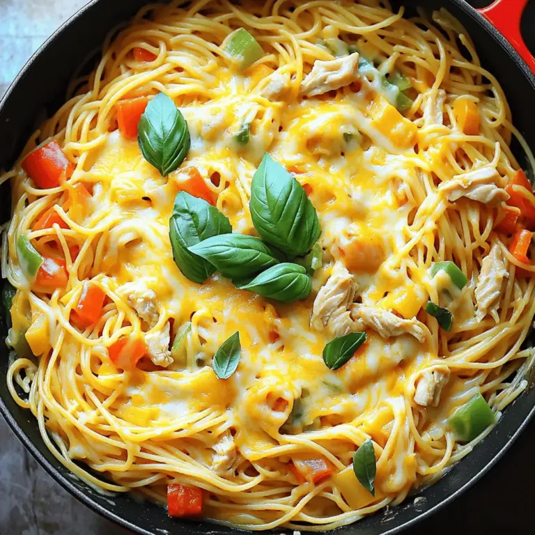 Hier sind die Zutaten, die du für das Rezept benötigst: - 225 g Spaghetti - 450 g hautlose, entbeinte Hühnerbrust, gewürfelt - 2 Esslöffel Olivenöl - 1 mittelgroße Zwiebel, gehackt - 2 Knoblauchzehen, gehackt - 1 Paprika (jede Farbe), gewürfelt - 1 Dose (410 g) gewürfelte Tomaten, abgetropft - 240 ml Hühnerbrühe - 100 g geriebener Cheddar-Käse - 100 g geriebener Mozzarella-Käse - 1 Teelöffel italienische Gewürzmischung - Salz und Pfeffer nach Geschmack - Optional: Frisches Basilikum oder Petersilie zum Garnieren Jede Zutat hat ihren eigenen Platz in diesem leckeren Gericht. Die Spaghetti sind die Basis. Das Hühnerfleisch macht es herzhaft. Die Zwiebel und der Knoblauch bringen Aroma. Die Paprika fügt Farbe und Süße hinzu. Die Tomaten sorgen für Saftigkeit. Die Hühnerbrühe gibt Geschmack. Und der Käse? Er macht alles schön cremig und schmackhaft. Verwende frische und hochwertige Zutaten. Das macht den Unterschied in deinem Gericht. Wenn du die Möglichkeit hast, wähle lokale Produkte. Das ist besser für die Umwelt und schmeckt oft besser. Du kannst auch mit den Gewürzen spielen. Füge mehr hinzu, wenn du es würziger magst. Für eine vollständige Anleitung, schau dir das Full Recipe an. Kochen Sie zuerst die Spaghetti. Verwenden Sie einen großen Topf mit Wasser. Fügen Sie etwas Salz hinzu. Kochen Sie die Spaghetti gemäß der Packungsanweisung, bis sie al dente sind. Das bedeutet, dass sie weich sind, aber noch etwas Biss haben. Gießen Sie die Spaghetti ab und stellen Sie sie beiseite. Erhitzen Sie in einer großen Pfanne 2 Esslöffel Olivenöl. Stellen Sie die Hitze auf mittel. Geben Sie 450 g gewürfelte Hühnerbrust in die Pfanne. Würzen Sie das Hähnchen mit Salz und Pfeffer. Braten Sie es 5-7 Minuten an, bis es goldbraun ist. Es sollte gut durchgegart sein. Fügen Sie dann 1 gehackte Zwiebel und 1 gewürfelte Paprika hinzu. Braten Sie das Gemüse 3-4 Minuten, bis es weich wird. Rühren Sie 2 gehackte Knoblauchzehen ein und braten Sie alles weitere 1 Minute. Gießen Sie die abgetropften 410 g gewürfelten Tomaten in die Pfanne. Fügen Sie 240 ml Hühnerbrühe und 1 Teelöffel italienische Gewürzmischung hinzu. Bringen Sie die Mischung zum Köcheln. Lassen Sie sie 5 Minuten köcheln, bis sie leicht eindickt. Reduzieren Sie die Hitze auf niedrig. Geben Sie die gekochten Spaghetti in die Pfanne. Mischen Sie alles gut. Bestreuen Sie die Mischung mit 100 g geriebenem Cheddar-Käse und 100 g geriebenem Mozzarella-Käse. Decken Sie die Pfanne ab und lassen Sie sie 2-3 Minuten ruhen, bis der Käse schmilzt. Garnieren Sie nach Wunsch mit frischem Basilikum oder Petersilie. Diese Schritte aus dem Full Recipe führen zu einem leckeren Gericht. Um die besten Ergebnisse zu erzielen, beachten Sie einige einfache Tipps. Kochen Sie die Spaghetti nicht zu lange. Sie sollten al dente sein, also bissfest. Wenn das Hähnchen bräunt, verwenden Sie genug Öl. Zu wenig Öl kann das Fleisch austrocknen. Lassen Sie die Mischung nicht zu lange köcheln, um die Frische der Zutaten zu erhalten. Sie können dieses Rezept leicht anpassen. Fügen Sie frisches Gemüse wie Zucchini oder Spinat hinzu. Experimentieren Sie mit verschiedenen Käsesorten, um den Geschmack zu ändern. Feta oder Gouda sind tolle Alternativen. Für einen schärferen Kick können Sie Jalapeños oder Chili-Pulver verwenden. Die Wahl des Käses ist wichtig. Cheddar gibt den besten Geschmack. Mozzarella sorgt für die perfekte Schmelzfähigkeit. Für mehr Tiefe mischen Sie Parmesan oder Gruyère hinzu. Diese Kombination ergibt einen tollen Käsegeschmack und eine schöne Textur. {{image_4}} Wenn Sie eine vegetarische Version von Easy Cheesy Chicken Spaghetti möchten, tauschen Sie das Hähnchen gegen Tofu oder Tempeh. Schneiden Sie den Tofu in kleine Würfel und braten Sie ihn genau wie das Hähnchen an. Fügen Sie die gleichen Gewürze hinzu, um den Geschmack zu verstärken. Dies gibt Ihnen die gleiche cremige Textur und den leckeren Käsegeschmack, ohne Fleisch zu verwenden. Fügen Sie mehr Gemüse hinzu, um die Nährstoffe zu steigern. Brokkoli, Zucchini oder Spinat passen gut. Dämpfen Sie das Gemüse leicht, bevor Sie es in die Pfanne geben. So bleibt es knackig und farbenfroh. Das erhöht nicht nur die Vitamine, sondern macht das Gericht auch noch bunter und ansprechender. Für glutenfreie Optionen verwenden Sie glutenfreie Spaghetti. Achten Sie darauf, dass die Brühe ebenfalls glutenfrei ist. Wenn Sie eine kalorienärmere Variante wollen, nutzen Sie weniger Käse oder ersetzen Sie ihn durch eine leicht reduzierte Käseoption. Diese Anpassungen helfen, das Gericht an Ihre speziellen Bedürfnisse anzupassen, ohne den Geschmack zu verlieren. Bewahren Sie die Reste der Cheesy Chicken Spaghetti in einem luftdichten Behälter auf. So bleiben die Aromen frisch. Im Kühlschrank können sie bis zu drei Tage halten. Lassen Sie das Gericht vor dem Lagern vollständig abkühlen. Dies verhindert Kondenswasser und hält das Gericht lecker. Um die Spaghetti einzufrieren, teilen Sie sie in Portionen auf. Verwenden Sie gefrierfeste Behälter oder Beutel. Achten Sie darauf, die Luft herauszudrücken, um Gefrierbrand zu vermeiden. Die Reste halten bis zu drei Monate im Gefrierfach. Zum Auftauen einfach über Nacht im Kühlschrank lassen. Zum Wiedererwärmen empfehle ich die Mikrowelle oder den Herd. Wenn Sie die Mikrowelle nutzen, geben Sie die Spaghetti in eine Schüssel und decken Sie sie leicht ab. Erhitzen Sie sie in Intervallen von 1 Minute, bis sie heiß sind. Bei der Herdmethode geben Sie etwas Wasser oder Brühe hinzu. Erhitzen Sie das Gericht bei niedriger Hitze und rühren Sie häufig um. So bleibt es saftig und lecker. Die Zubereitung von Easy Cheesy Chicken Spaghetti dauert insgesamt etwa 30 Minuten. Die Vorbereitungszeit beträgt etwa 10 Minuten. Während dieser Zeit kochen Sie die Spaghetti und schneiden das Gemüse. Die Kochzeit für das Hähnchen und die Sauce ist schnell, etwa 20 Minuten. Diese schnelle Zubereitungszeit macht es ideal für ein einfaches Abendessen unter der Woche. Ja, Sie können andere Fleischsorten verwenden. Zum Beispiel eignet sich Hähnchenschenkel gut. Auch Pute passt gut zu diesem Gericht. Wenn Sie eine vegetarische Option möchten, nutzen Sie Tofu oder seitan. Denken Sie daran, die Garzeiten anzupassen. So bleibt das Gericht schmackhaft und gut. Zu Easy Cheesy Chicken Spaghetti passen viele Beilagen gut. Ein frischer grüner Salat bringt Farbe und Knackigkeit. Auch Knoblauchbrot ist eine beliebte Wahl. Es ergänzt die Käse-Sauce perfekt. Für mehr Gemüse können Sie gedämpfte Brokkoli oder Karotten servieren. Diese Beilagen machen das Gericht noch köstlicher und nahrhafter. Zusammenfassend haben wir über die Zutaten für Easy Cheesy Chicken Spaghetti gesprochen. Ich habe die Schritt-für-Schritt-Anleitung zum Zubereiten des Gerichts geteilt. Außerdem habe ich Tipps und Variationen für jeden Geschmack gegeben. Die Lagerung und Nutzung der Reste sind einfach. Experimentiere mit den Rezeptvariationen nach deinem Geschmack. Dies macht das Kochen spannend und lecker! Nutze die Tipps, um das beste Ergebnis zu erzielen. Guten Appetit!