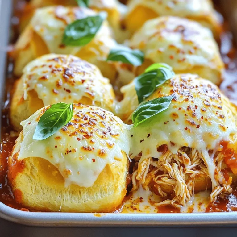 Um leckere Baked Chicken Parmesan Sliders zu machen, benötigst du einige wichtige Zutaten. Hier ist eine Liste: - 12 Slider-Brötchen - 2 Tassen gekochtes Hähnchen, zerrupft - 1 Tasse Marinara-Sauce - 1 Tasse Mozzarella-Käse, gerieben - ½ Tasse Parmesan-Käse, gerieben - 2 Esslöffel Olivenöl - 1 Teelöffel Knoblauchpulver - 1 Teelöffel getrockneter Oregano - ½ Teelöffel rote Pfefferflocken (optional) - Frische Basilikumblätter zum Garnieren (optional) Diese Zutaten geben den Sliders ihren tollen Geschmack und die perfekte Textur. Wenn du einige Zutaten nicht hast, gibt es tolle Alternativen. Hier sind einige Ideen: - Verwende Hähnchenbrust oder Hähnchenschenkel, um das Fleisch zu ersetzen. - Statt Marinara-Sauce kannst du auch Pesto oder BBQ-Sauce verwenden. - Für eine vegane Option nimm pflanzlichen Käse und zerkleinertes Gemüse. - Bei den Brötchen kannst du Vollkorn- oder glutenfreie Brötchen wählen. Diese Alternativen helfen dir, die Sliders deinen Vorlieben anzupassen. Wenn du die besten Zutaten auswählst, wird dein Gericht noch besser. Achte auf Folgendes: - Frisches Hähnchen schmeckt besser als gefrorenes. - Wähle reifen Mozzarella für mehr Geschmack. - Kaufe hochwertige Marinara-Sauce oder mache sie selbst. - Achte darauf, dass die Brötchen frisch sind. Sie sollten weich und fluffig sein. Mit diesen Tipps kannst du sicherstellen, dass deine Baked Chicken Parmesan Sliders immer gut schmecken. Du findest das vollständige Rezept in den vorherigen Abschnitten. Zuerst heizt du deinen Ofen auf 175°C vor. Schneide dann die Slider-Brötchen vorsichtig in der Mitte durch. Lege die unteren Hälften in eine gefettete Auflaufform. Diese Basis ist wichtig für die Sliders. Sie halten die Füllung gut zusammen und machen das Essen einfach. In einer großen Schüssel vermischst du das zerrupfte Hähnchen mit der Marinara-Sauce. Rühre gut, bis alles gleichmäßig bedeckt ist. Diese Mischung sorgt für einen tollen Geschmack. Du kannst auch etwas Knoblauchpulver oder Oregano hinzufügen, um das Aroma zu verstärken. Löffle die Hähnchenmischung gleichmäßig auf die unteren Hälften der Brötchen. Jetzt kommt der beste Teil! Bestreue die Hähnchenmischung großzügig mit geriebenem Mozzarella-Käse. Füge dann den Parmesan-Käse hinzu. Dies gibt einen tollen Geschmack und eine schöne goldene Kruste. Setze die oberen Hälften der Brötchen auf die Käseschicht. Mische in einer kleinen Schüssel Olivenöl, Knoblauchpulver, Oregano und die roten Pfefferflocken. Bestreiche die Oberseiten der Slider-Brötchen mit dieser Mischung. Decke die Auflaufform mit Aluminiumfolie ab und backe die Slider für 15 Minuten. Entferne dann die Folie und backe sie weitere 10 Minuten, bis die Oberseiten goldbraun sind. Lass die Sliders etwas abkühlen, bevor du sie in Portionen schneidest. Du hast jetzt köstliche Baked Chicken Parmesan Sliders! Beim Backen der Baked Chicken Parmesan Sliders lauern einige häufige Fehler. Einer davon ist, die Brötchen zu trocken zu backen. Achte darauf, die Slider nicht zu lange zu backen. Überprüfe sie nach 15 Minuten. Entferne die Folie und backe sie nur so lange, bis der Käse blubbert. Ein anderer Fehler ist die falsche Menge an Marinara-Sauce. Zu wenig kann das Hähnchen trocken machen. Verwende genug Sauce, damit jedes Stück gut bedeckt ist. Die Wahl des Käses ist wichtig für den Geschmack. Ich empfehle, frischen Mozzarella zu verwenden. Er schmilzt gut und hat einen tollen Geschmack. Parmesan-Käse ergänzt den Mozzarella perfekt. Du kannst auch eine Mischung aus verschiedenen Käsesorten ausprobieren. Probiere Gouda oder Provolone für extra Geschmack. Achte darauf, die Käsesorten frisch zu reiben. So erhältst du die beste Konsistenz und den besten Geschmack. Gutes Zeitmanagement macht das Kochen einfacher. Bereite zuerst alle Zutaten vor. Zerrupfe das Hähnchen und reibe den Käse. Während der Ofen vorheizt, kannst du die Brötchen schneiden. So sparst du Zeit und kannst alles schnell zusammenstellen. Wenn du die Sliders in den Ofen schiebst, nutze die Zeit, um den Tisch zu decken oder Beilagen vorzubereiten. So ist alles bereit, wenn die Sliders fertig sind. Für das vollständige Rezept, schau dir die Anleitung an. {{image_4}} Wenn du eine vegetarische Option suchst, ersetze das Hähnchen durch gebratene Aubergine oder Zucchini. Diese Gemüsesorten haben eine tolle Textur. Du kannst auch Kichererbsen verwenden, die mit Marinara-Sauce gemischt werden. So schaffst du einen herzhaften Biss. Achte darauf, den Käse nicht zu vergessen. Mozzarella und Parmesan sind immer noch großartig. Um den Geschmack zu verstärken, probiere verschiedene Gewürze. Füge italienische Kräuter wie Basilikum oder Thymian hinzu. Ein Hauch von Zitronenschale bringt Frische. Wenn du es schärfer magst, erhöhe die rote Pfefferflocken. Die Kombination von Knoblauchpulver und Zwiebelpulver kann auch sehr lecker sein. Experimentiere, um deinen eigenen Geschmack zu finden. Serviere deine Sliders mit einem frischen Salat oder knusprigen Pommes. Ein klassischer Caesar-Salat passt perfekt. Du kannst auch Gemüse-Sticks mit Hummus als Beilage anbieten. Ein einfaches Antipasti-Platte mit Oliven und Käse ist ebenfalls eine tolle Idee. So hast du eine ausgeglichene Mahlzeit. Vergiss nicht, die Sliders warm zu genießen – das macht sie noch besser. Um deine Baked Chicken Parmesan Sliders frisch zu halten, lege sie in einen luftdichten Behälter. Das schützt sie vor Feuchtigkeit und Gerüchen im Kühlschrank. Du kannst auch Frischhaltefolie verwenden, um die Sliders abzudecken. Dies hält sie noch länger frisch. Achte darauf, die Sliders vollständig abkühlen zu lassen, bevor du sie lagerst. So bleibt die Textur gut. Wenn du die Sliders aufwärmen möchtest, nutze den Ofen für das beste Ergebnis. Heize den Ofen auf 175°C vor. Lege die Sliders auf ein Backblech und decke sie mit Aluminiumfolie ab. So werden sie gleichmäßig warm und trocken nicht aus. Backe sie für etwa 10 Minuten. Wenn du eine knusprige Oberseite magst, entferne die Folie für die letzten 2 Minuten. Im Kühlschrank halten sich die Sliders etwa 3 bis 4 Tage. Wenn du sie länger aufbewahren möchtest, friere sie ein. Wickele die Sliders gut in Frischhaltefolie oder Aluminiumfolie. Im Gefrierschrank bleiben sie bis zu 3 Monate frisch. Zum Auftauen lasse sie einfach über Nacht im Kühlschrank. So bleiben sie lecker und saftig. Um die Sliders glutenfrei zu machen, wähle glutenfreie Brötchen. Diese sind in vielen Läden erhältlich. Achte darauf, dass auch die Marinara-Sauce glutenfrei ist. Einige Marken bieten spezielle Saucen an, die keine Glutenbestandteile enthalten. So kannst du trotzdem den vollen Geschmack genießen. Ja, du kannst frisches Hähnchen verwenden. Koche es zuerst in Salzwasser, bis es durch ist. Zerkleinere das Hähnchen danach in kleine Stücke. Frisches Hähnchen gibt dir einen saftigeren Biss. Es kann jedoch die Zubereitungszeit verlängern, da du das Hähnchen zuerst kochen musst. Die Vorbereitung der Sliders dauert etwa 10 Minuten. In dieser Zeit bereitest du alle Zutaten vor und schichtest sie in die Auflaufform. Das Backen dauert dann ungefähr 25 Minuten. In weniger als 35 Minuten hast du ein tolles Gericht auf dem Tisch. Verwende auch das [Full Recipe], um keine Schritte zu vergessen. Baked Chicken Parmesan Sliders sind köstlich und einfach. Wir haben die Hauptzutaten besprochen und auch Alternativen. Ich habe eine Schritt-für-Schritt-Anleitung gegeben, damit du keine Fehler machst. Tipps helfen dir, die besten Ergebnisse zu erzielen. Variationen sorgen dafür, dass du kreativ sein kannst. Schließlich habe ich erklärt, wie du deine Sliders richtig lagerst und aufwärmst. Bereite die Sliders gut vor, und genieße das leckere Ergebnis mit Freunden oder Familie.