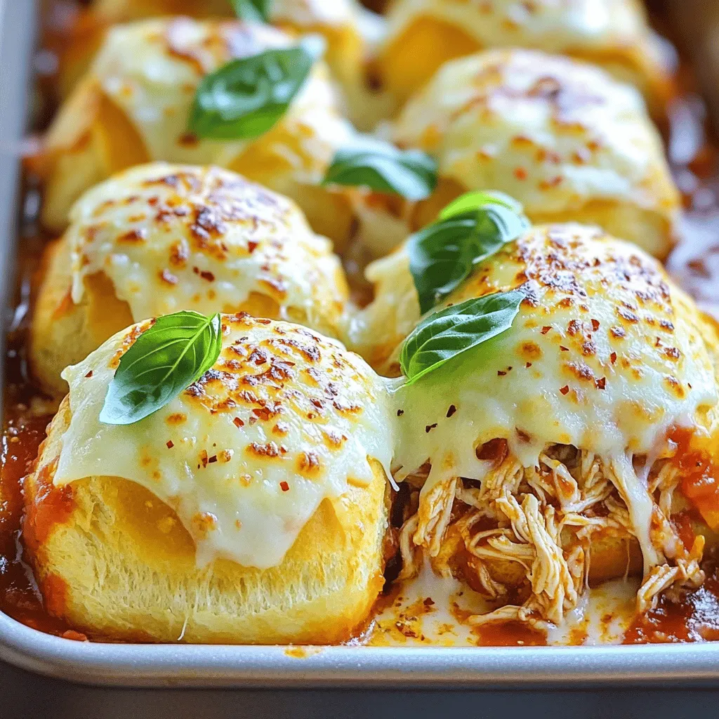 Um leckere Baked Chicken Parmesan Sliders zu machen, benötigst du einige wichtige Zutaten. Hier ist eine Liste: - 12 Slider-Brötchen - 2 Tassen gekochtes Hähnchen, zerrupft - 1 Tasse Marinara-Sauce - 1 Tasse Mozzarella-Käse, gerieben - ½ Tasse Parmesan-Käse, gerieben - 2 Esslöffel Olivenöl - 1 Teelöffel Knoblauchpulver - 1 Teelöffel getrockneter Oregano - ½ Teelöffel rote Pfefferflocken (optional) - Frische Basilikumblätter zum Garnieren (optional) Diese Zutaten geben den Sliders ihren tollen Geschmack und die perfekte Textur. Wenn du einige Zutaten nicht hast, gibt es tolle Alternativen. Hier sind einige Ideen: - Verwende Hähnchenbrust oder Hähnchenschenkel, um das Fleisch zu ersetzen. - Statt Marinara-Sauce kannst du auch Pesto oder BBQ-Sauce verwenden. - Für eine vegane Option nimm pflanzlichen Käse und zerkleinertes Gemüse. - Bei den Brötchen kannst du Vollkorn- oder glutenfreie Brötchen wählen. Diese Alternativen helfen dir, die Sliders deinen Vorlieben anzupassen. Wenn du die besten Zutaten auswählst, wird dein Gericht noch besser. Achte auf Folgendes: - Frisches Hähnchen schmeckt besser als gefrorenes. - Wähle reifen Mozzarella für mehr Geschmack. - Kaufe hochwertige Marinara-Sauce oder mache sie selbst. - Achte darauf, dass die Brötchen frisch sind. Sie sollten weich und fluffig sein. Mit diesen Tipps kannst du sicherstellen, dass deine Baked Chicken Parmesan Sliders immer gut schmecken. Du findest das vollständige Rezept in den vorherigen Abschnitten. Zuerst heizt du deinen Ofen auf 175°C vor. Schneide dann die Slider-Brötchen vorsichtig in der Mitte durch. Lege die unteren Hälften in eine gefettete Auflaufform. Diese Basis ist wichtig für die Sliders. Sie halten die Füllung gut zusammen und machen das Essen einfach. In einer großen Schüssel vermischst du das zerrupfte Hähnchen mit der Marinara-Sauce. Rühre gut, bis alles gleichmäßig bedeckt ist. Diese Mischung sorgt für einen tollen Geschmack. Du kannst auch etwas Knoblauchpulver oder Oregano hinzufügen, um das Aroma zu verstärken. Löffle die Hähnchenmischung gleichmäßig auf die unteren Hälften der Brötchen. Jetzt kommt der beste Teil! Bestreue die Hähnchenmischung großzügig mit geriebenem Mozzarella-Käse. Füge dann den Parmesan-Käse hinzu. Dies gibt einen tollen Geschmack und eine schöne goldene Kruste. Setze die oberen Hälften der Brötchen auf die Käseschicht. Mische in einer kleinen Schüssel Olivenöl, Knoblauchpulver, Oregano und die roten Pfefferflocken. Bestreiche die Oberseiten der Slider-Brötchen mit dieser Mischung. Decke die Auflaufform mit Aluminiumfolie ab und backe die Slider für 15 Minuten. Entferne dann die Folie und backe sie weitere 10 Minuten, bis die Oberseiten goldbraun sind. Lass die Sliders etwas abkühlen, bevor du sie in Portionen schneidest. Du hast jetzt köstliche Baked Chicken Parmesan Sliders! Beim Backen der Baked Chicken Parmesan Sliders lauern einige häufige Fehler. Einer davon ist, die Brötchen zu trocken zu backen. Achte darauf, die Slider nicht zu lange zu backen. Überprüfe sie nach 15 Minuten. Entferne die Folie und backe sie nur so lange, bis der Käse blubbert. Ein anderer Fehler ist die falsche Menge an Marinara-Sauce. Zu wenig kann das Hähnchen trocken machen. Verwende genug Sauce, damit jedes Stück gut bedeckt ist. Die Wahl des Käses ist wichtig für den Geschmack. Ich empfehle, frischen Mozzarella zu verwenden. Er schmilzt gut und hat einen tollen Geschmack. Parmesan-Käse ergänzt den Mozzarella perfekt. Du kannst auch eine Mischung aus verschiedenen Käsesorten ausprobieren. Probiere Gouda oder Provolone für extra Geschmack. Achte darauf, die Käsesorten frisch zu reiben. So erhältst du die beste Konsistenz und den besten Geschmack. Gutes Zeitmanagement macht das Kochen einfacher. Bereite zuerst alle Zutaten vor. Zerrupfe das Hähnchen und reibe den Käse. Während der Ofen vorheizt, kannst du die Brötchen schneiden. So sparst du Zeit und kannst alles schnell zusammenstellen. Wenn du die Sliders in den Ofen schiebst, nutze die Zeit, um den Tisch zu decken oder Beilagen vorzubereiten. So ist alles bereit, wenn die Sliders fertig sind. Für das vollständige Rezept, schau dir die Anleitung an. {{image_4}} Wenn du eine vegetarische Option suchst, ersetze das Hähnchen durch gebratene Aubergine oder Zucchini. Diese Gemüsesorten haben eine tolle Textur. Du kannst auch Kichererbsen verwenden, die mit Marinara-Sauce gemischt werden. So schaffst du einen herzhaften Biss. Achte darauf, den Käse nicht zu vergessen. Mozzarella und Parmesan sind immer noch großartig. Um den Geschmack zu verstärken, probiere verschiedene Gewürze. Füge italienische Kräuter wie Basilikum oder Thymian hinzu. Ein Hauch von Zitronenschale bringt Frische. Wenn du es schärfer magst, erhöhe die rote Pfefferflocken. Die Kombination von Knoblauchpulver und Zwiebelpulver kann auch sehr lecker sein. Experimentiere, um deinen eigenen Geschmack zu finden. Serviere deine Sliders mit einem frischen Salat oder knusprigen Pommes. Ein klassischer Caesar-Salat passt perfekt. Du kannst auch Gemüse-Sticks mit Hummus als Beilage anbieten. Ein einfaches Antipasti-Platte mit Oliven und Käse ist ebenfalls eine tolle Idee. So hast du eine ausgeglichene Mahlzeit. Vergiss nicht, die Sliders warm zu genießen – das macht sie noch besser. Um deine Baked Chicken Parmesan Sliders frisch zu halten, lege sie in einen luftdichten Behälter. Das schützt sie vor Feuchtigkeit und Gerüchen im Kühlschrank. Du kannst auch Frischhaltefolie verwenden, um die Sliders abzudecken. Dies hält sie noch länger frisch. Achte darauf, die Sliders vollständig abkühlen zu lassen, bevor du sie lagerst. So bleibt die Textur gut. Wenn du die Sliders aufwärmen möchtest, nutze den Ofen für das beste Ergebnis. Heize den Ofen auf 175°C vor. Lege die Sliders auf ein Backblech und decke sie mit Aluminiumfolie ab. So werden sie gleichmäßig warm und trocken nicht aus. Backe sie für etwa 10 Minuten. Wenn du eine knusprige Oberseite magst, entferne die Folie für die letzten 2 Minuten. Im Kühlschrank halten sich die Sliders etwa 3 bis 4 Tage. Wenn du sie länger aufbewahren möchtest, friere sie ein. Wickele die Sliders gut in Frischhaltefolie oder Aluminiumfolie. Im Gefrierschrank bleiben sie bis zu 3 Monate frisch. Zum Auftauen lasse sie einfach über Nacht im Kühlschrank. So bleiben sie lecker und saftig. Um die Sliders glutenfrei zu machen, wähle glutenfreie Brötchen. Diese sind in vielen Läden erhältlich. Achte darauf, dass auch die Marinara-Sauce glutenfrei ist. Einige Marken bieten spezielle Saucen an, die keine Glutenbestandteile enthalten. So kannst du trotzdem den vollen Geschmack genießen. Ja, du kannst frisches Hähnchen verwenden. Koche es zuerst in Salzwasser, bis es durch ist. Zerkleinere das Hähnchen danach in kleine Stücke. Frisches Hähnchen gibt dir einen saftigeren Biss. Es kann jedoch die Zubereitungszeit verlängern, da du das Hähnchen zuerst kochen musst. Die Vorbereitung der Sliders dauert etwa 10 Minuten. In dieser Zeit bereitest du alle Zutaten vor und schichtest sie in die Auflaufform. Das Backen dauert dann ungefähr 25 Minuten. In weniger als 35 Minuten hast du ein tolles Gericht auf dem Tisch. Verwende auch das [Full Recipe], um keine Schritte zu vergessen. Baked Chicken Parmesan Sliders sind köstlich und einfach. Wir haben die Hauptzutaten besprochen und auch Alternativen. Ich habe eine Schritt-für-Schritt-Anleitung gegeben, damit du keine Fehler machst. Tipps helfen dir, die besten Ergebnisse zu erzielen. Variationen sorgen dafür, dass du kreativ sein kannst. Schließlich habe ich erklärt, wie du deine Sliders richtig lagerst und aufwärmst. Bereite die Sliders gut vor, und genieße das leckere Ergebnis mit Freunden oder Familie.