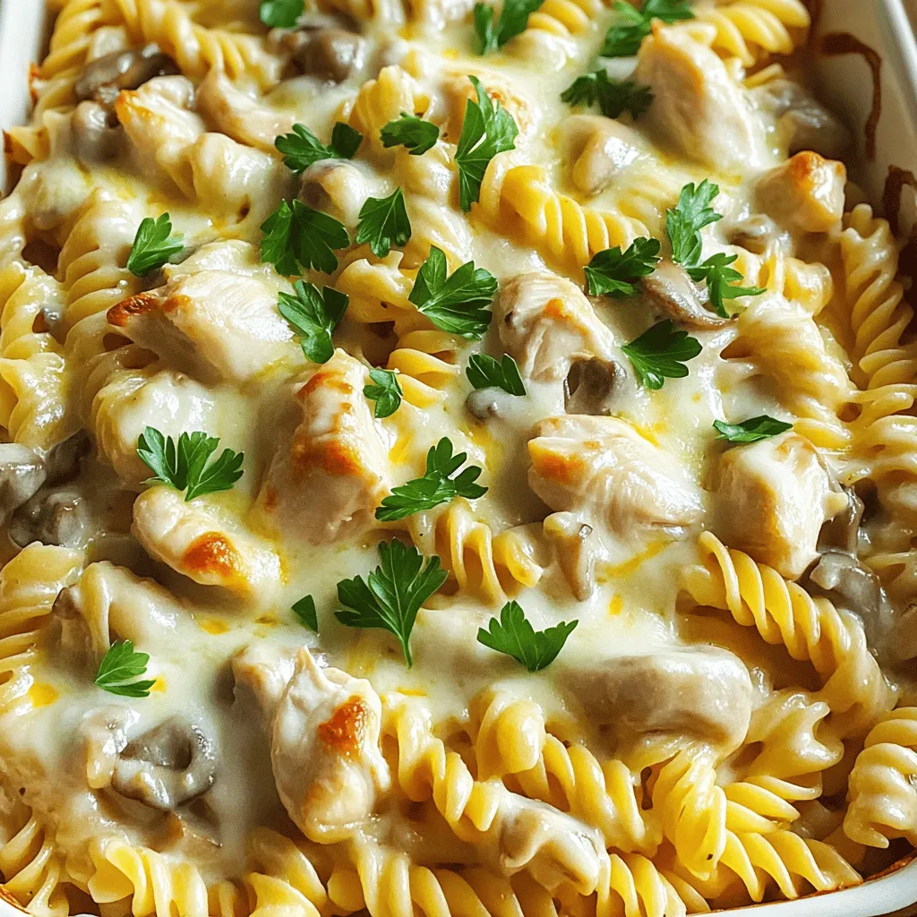 - 2 Tassen Rotini-Pasta - 450 g Hähnchenbrust, gewürfelt - 1 Tasse Champignons, in Scheiben - 1 Tasse Schlagsahne - 1 Tasse Vollmilch - 1 Tasse geriebenen Parmesan - 1 Teelöffel italienische Gewürzmischung - Frische Petersilie zur Garnitur - Salz und Pfeffer nach Geschmack Die Zutaten für den Chicken and Mushroom Alfredo Bake sind einfach und frisch. Ich liebe es, mit Rotini-Pasta zu arbeiten, weil sie die Sauce gut aufnimmt. Für das Hähnchen verwende ich gerne Brustfilets. Sie sind mager und garen gleichmäßig. Die Champignons bringen einen tollen erdigen Geschmack. Die Sauce ist das Herzstück dieses Gerichts. Schlagsahne und Vollmilch sorgen für die cremige Konsistenz. Der Parmesan gibt einen würzigen Kick. Die italienische Gewürzmischung rundet alles ab. Ich empfehle, frische Petersilie zur Garnitur zu verwenden. Sie bringt Farbe und Geschmack. Schließlich, achte darauf, Salz und Pfeffer nach deinem Geschmack hinzuzufügen. Das sorgt dafür, dass alles gut gewürzt ist. Wenn du die Zutaten gut auswählst, wirst du ein großartiges Ergebnis erzielen. Für das vollständige Rezept, schau dir die [Full Recipe] an. Heize deinen Ofen auf 175 °C (350 °F) vor. Das ist wichtig für die richtige Backtemperatur. Koche die Rotini-Pasta in einem großen Topf. Befolge die Anweisungen auf der Verpackung. Wenn die Pasta al dente ist, gieße sie ab und stelle sie beiseite. So bleibt sie perfekt für deinen Auflauf. Erhitze zwei Esslöffel Olivenöl in einer großen Pfanne bei mittlerer Hitze. Füge die gewürfelte Hähnchenbrust hinzu und brate sie. Lass sie für etwa 7-8 Minuten braten, bis sie goldbraun ist. Nimm das Hähnchen aus der Pfanne und stelle es beiseite. In der gleichen Pfanne gib die geschnittenen Champignons dazu. Brate sie etwa 5 Minuten an, bis sie weich sind. Füge dann den gehackten Knoblauch hinzu und brate ihn eine weitere Minute. Der Geruch wird köstlich sein. Gib das Hähnchen zurück in die Pfanne mit den Pilzen. Rühre die Schlagsahne, die Vollmilch und den Parmesan ein. Füge auch die italienische Gewürzmischung, Salz und Pfeffer hinzu. Lass die Mischung für 3-4 Minuten köcheln. Achte darauf, dass die Sauce leicht eindickt. So wird sie schön cremig. In einer großen Schüssel vermenge die gekochte Pasta mit der Hähnchen- und Pilzmischung. Rühre gut um, bis die Pasta gleichmäßig bedeckt ist. Übertrage die Mischung in eine gefettete Auflaufform. Bestreue den Auflauf gleichmäßig mit geriebenem Mozzarella. So bekommst du eine goldene Kruste. Backe den Auflauf im vorgeheizten Ofen für etwa 25-30 Minuten. Der Käse sollte sprudelnd und goldbraun sein. Nimm den Auflauf aus dem Ofen und lass ihn einige Minuten abkühlen. Garniere ihn dann mit frischer Petersilie. So sieht dein Gericht noch einladender aus. Für die vollständige Anleitung sieh dir das Full Recipe an. Wie macht man die Sauce nach Belieben? Beginnen Sie mit der Basis aus Schlagsahne und Milch. Fügen Sie nach Geschmack Parmesan hinzu. Mögen Sie eine dickere Sauce? Kochen Sie sie länger, bis sie eindickt. Wenn Sie eine weichere Sauce wollen, geben Sie mehr Milch hinzu. Um Klümpchen in der Sauce zu vermeiden, rühren Sie ständig. Kochen Sie die Sauce bei mittlerer Hitze. Seien Sie geduldig und lassen Sie die Zutaten gut vermischen. Verwenden Sie einen Schneebesen für gleichmäßige Konsistenz. Welche Beilagen passen gut zu Alfredo? Ich empfehle einen frischen grünen Salat. Ein einfacher Caesar-Salat bringt frische Aromen. Auch geröstetes Brot ist eine tolle Wahl. Das Brot kann den leckeren Rest der Sauce aufnehmen. Denken Sie daran, dass die Beilagen leicht und frisch sein sollten. Sie ergänzen den reichen Geschmack des Auflaufs. Wie richten Sie das Gericht an? Servieren Sie den Auflauf direkt aus der Form. Teilen Sie ihn in gleichmäßige Portionen. Dies sieht einladend aus und erleichtert das Servieren. Verwenden Sie frische Kräuter wie Petersilie zur Garnitur. Diese bringen Farbe auf den Teller. Ein Hauch von zusätzlichem Parmesan sieht auch schön aus. So wird Ihr Gericht nicht nur lecker, sondern auch optisch ansprechend. {{image_4}} Wenn du eine vegetarische Version des Chicken and Mushroom Alfredo Bake magst, kannst du das Hähnchen durch Gemüse ersetzen. Brokkoli, Spinat oder Zucchini sind tolle Optionen. Sie geben dem Auflauf nicht nur Farbe, sondern auch Geschmack. Du kannst auch Kichererbsen hinzufügen, um mehr Protein zu bekommen. Achte darauf, das Gemüse vorher leicht zu dünsten. So bleibt es knackig und frisch. Experimentiere mit Gewürzen, um neue Aromen zu entdecken. Du kannst Paprika oder Kreuzkümmel hinzufügen, um dem Gericht einen besonderen Kick zu verleihen. Auch frische Kräuter wie Thymian oder Basilikum passen gut dazu. Wenn es um Käse geht, probiere Gouda oder Feta, um den Geschmack zu variieren. Jeder Käse bringt seine eigene Note in das Rezept. Wenn du wenig Zeit hast, gibt es Tricks für eine schnelle Zubereitung. Du kannst bereits gekochte Pasta verwenden. So sparst du Zeit beim Kochen. Backe den Auflauf in einer flachen Form, damit er schneller gar wird. Wenn du den Käse direkt auf die Mischung gibst, kannst du die Backzeit um ein paar Minuten reduzieren. So hast du in kurzer Zeit ein leckeres Gericht auf dem Tisch. Der Chicken and Mushroom Alfredo Bake bleibt bis zu drei Tage frisch im Kühlschrank. Um die Frische zu erhalten, lege den Auflauf in einen luftdichten Behälter. So bleibt die Cremigkeit der Sauce und der Käse erhalten. Vor dem Servieren erwärmst du ihn einfach in der Mikrowelle oder im Ofen. Um den Auflauf einzufrieren, lass ihn zuerst vollständig abkühlen. Danach teile ihn in Portionen und lege sie in gefriergeeignete Behälter. Achte darauf, die Behälter gut zu verschließen. So bleibt der Auflauf bis zu drei Monate haltbar. Zum Aufwärmen nimm eine Portion heraus und lass sie über Nacht im Kühlschrank auftauen. Erwärme den Auflauf dann im Ofen bei 180 °C, bis er durchgehend heiß ist. Reste des Auflaufs sind vielseitig einsetzbar. Du kannst sie in eine Suppe geben, um eine cremige Konsistenz zu erreichen. Eine andere Idee ist, die Reste mit frischem Gemüse in eine Pfanne zu geben und kurz zu braten. So erhältst du ein schnelles und leckeres Gericht. Der Auflauf braucht etwa 25-30 Minuten im Ofen. Diese Zeit gilt für eine normale Auflaufform. Wenn du eine große Form verwendest, kann es länger dauern. Prüfe, ob der Käse goldbraun ist und sprudelt. Bei einer kleinen Form kann die Zeit kürzer sein. Überwache den Auflauf, damit er nicht verbrennt. Ja, du kannst verschiedene Nudeln verwenden. Rotini ist gut, aber Penne oder Fusilli passen auch. Diese Formen halten die Sauce gut. Wenn du lieber Spaghetti magst, probiere das auch. Achte darauf, die Kochzeit für die Nudeln anzupassen. Sie sollten al dente sein, bevor du sie mit der Sauce mischst. Ja, du kannst den Auflauf glutenfrei machen. Verwende glutenfreie Pasta anstelle von normaler Pasta. Auch die Sahne und der Käse sind meist glutenfrei. Prüfe die Verpackungen, um sicherzugehen. Damit kannst du den Auflauf genießen, ohne Gluten zu konsumieren. Um den Auflauf schärfer zu machen, füge etwas rote Peperoni oder scharfe Soße hinzu. Du kannst auch frische Jalapeños in die Mischung geben. Achte darauf, die Menge zu kontrollieren, damit es nicht zu scharf wird. Schmecke die Mischung ab, bevor du sie in den Ofen stellst. So findest du die perfekte Schärfe für deinen Geschmack. Der Artikel zeigt, wie man einen köstlichen Auflauf mit Rotini, Hähnchen und Pilzen zubereitet. Zuerst haben wir die Zutaten, die Schritte und einige Tipps behandelt. Ich habe auch Variationen für persönliche Anpassungen und Lagerungshinweise gegeben. Diese Details helfen dir, das Rezept zu meistern. Ob du Anfänger oder Experte bist, du wirst bestimmt Freude daran haben. Probiere das Rezept selbst aus und genieße die leckeren Ergebnisse!