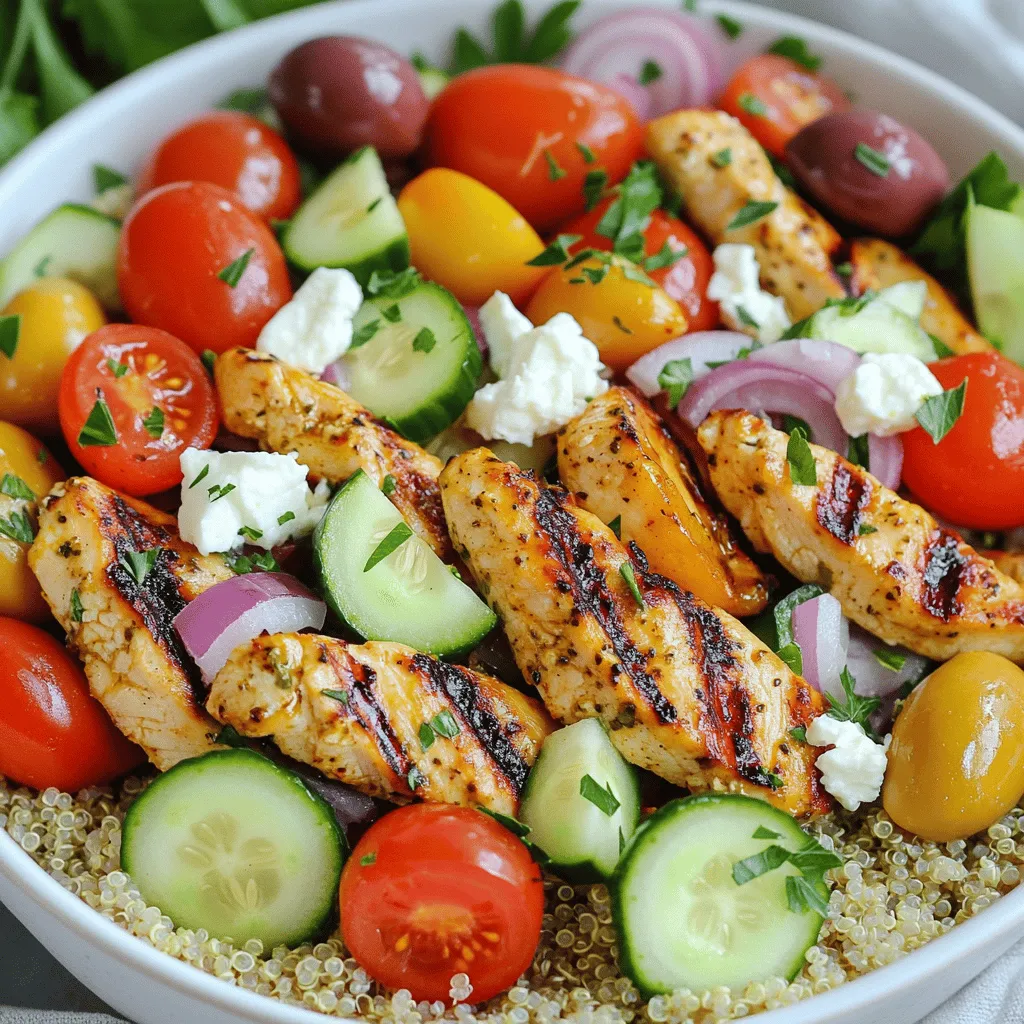 Für meine Easy Greek Chicken Bowls benötigst du folgende Zutaten: - 2 Hähnchenbrustfilets, ohne Knochen und Haut - 2 Esslöffel Olivenöl - 2 Teelöffel getrockneter Oregano - 1 Teelöffel Knoblauchpulver - Salz und Pfeffer nach Geschmack - 1 Tasse gekochte Quinoa oder Naturreis - 1 Tasse Kirschtomaten, halbiert - 1 Gurke, gewürfelt - 1/2 rote Zwiebel, dünn geschnitten - 1 Tasse Feta-Käse, zerbröckelt - 1/4 Tasse Kalamata-Oliven, entsteint und in Scheiben geschnitten - Saft von 1 Zitrone - Frische Petersilie zum Garnieren Frische Kräuter bringen oft einen kräftigen Geschmack. Sie sind ideal, um die Aromen zu heben. Getrocknete Kräuter sind jedoch praktisch. Sie sind länger haltbar und haben einen konzentrierten Geschmack. In diesem Rezept verwende ich getrockneten Oregano. Er passt gut zu Hähnchen und bringt die Aromen zusammen. Wenn du frische Kräuter hast, kannst du diese gerne verwenden. Frischer Oregano oder Petersilie gibt einen tollen Kick. Guter Feta-Käse macht einen großen Unterschied. Achte darauf, dass der Käse aus Schafsmilch ist. Er hat einen reicheren Geschmack. Schau nach Käse, der in Lake eingelegt ist. Das hält ihn frisch und saftig. Geriebener oder zerbröckelter Feta kann leicht austrocknen. Wenn du ihn frisch kaufst, kannst du ihn selbst zerbröckeln. Das gibt dir eine bessere Textur in deinen Bowls. Die Marinade macht den Unterschied. Beginne mit einer Schüssel. Füge 2 Esslöffel Olivenöl hinzu. Dann kommen 2 Teelöffel getrockneter Oregano. Gib 1 Teelöffel Knoblauchpulver dazu. Vergiss nicht, Salz und Pfeffer nach Geschmack hinzuzufügen. Vermenge alles gut und streiche die Marinade gleichmäßig auf die Hähnchenbrustfilets. Lass sie 10-15 Minuten ruhen. So ziehen die Aromen ein und das Hähnchen wird zart. Heize deinen Grill oder eine Grillpfanne auf mittelhohe Hitze vor. Das Hähnchen sollte für etwa 6-7 Minuten auf jeder Seite grillen. Achte darauf, dass die Innentemperatur bei 75°C liegt. Das sorgt dafür, dass das Hähnchen gut durchgegart ist. Nimm das Hähnchen vom Grill und lass es einige Minuten ruhen. Danach schneide es in schmale Streifen. So bleibt der Saft im Fleisch. Beginne mit einer Basis aus 1 Tasse gekochter Quinoa oder Naturreis. Gib dann die gegrillten Hähnchenstreifen darauf. Füge Kirschtomaten, Gurke und rote Zwiebel hinzu. Streue 1 Tasse zerbröckelten Feta-Käse und 1/4 Tasse Kalamata-Oliven über die Zutaten. Das sieht nicht nur gut aus, sondern schmeckt auch frisch und lecker. Zum Schluss träufle den Saft von 1 Zitrone über die Bowl und garniere sie mit frischer Petersilie. So sieht deine Bowl einladend aus und schmeckt köstlich. Schau dir auch das [Full Recipe] für mehr Details an. Um dein Hähnchen zu marinieren, mische Olivenöl, Oregano, Knoblauchpulver, Salz und Pfeffer. Diese Mischung gibt dem Hähnchen einen tollen Geschmack. Bestreiche die Hähnchenbrustfilets gleichmäßig mit der Marinade. Lasse sie dann für 10 bis 15 Minuten ruhen. So ziehen die Aromen gut ein. Du kannst auch die Marinade einen Tag vorher ansetzen. Das macht das Hähnchen noch schmackhafter. Um Zeit zu sparen, bereite deine Zutaten vorher vor. Schneide die Kirschtomaten, Gurken und Zwiebeln im Voraus. Bewahre sie in einem luftdichten Behälter im Kühlschrank auf. Koche auch die Quinoa oder den Reis einen Tag vorher. So hast du mehr Zeit, das Hähnchen zu grillen und deine Bowls zusammenzustellen. Für eine schöne Präsentation wähle bunte Schalen. Mische die Zutaten in Schichten. Beginne mit Quinoa oder Reis, gefolgt von Hähnchen, Gemüse und Feta-Käse. Ein Spritzer Zitronensaft vor dem Servieren macht das Gericht frisch und einladend. Du kannst auch frische Petersilie oben drauf legen. So siehst du gleich, dass die Bowls lecker und gesund sind. Für das gesamte Rezept, schau dir die [Full Recipe] an. {{image_4}} Wenn du die griechischen Hähnchen-Bowls ohne Fleisch magst, gibt es tolle Optionen. Du kannst gegrillte Auberginen oder Zucchini verwenden. Diese bringen eine schöne Textur und Geschmack. Tofu oder Tempeh sind auch gute Alternativen. Mariniere sie wie das Hähnchen, um den Geschmack zu intensivieren. Verwende auch Kichererbsen für eine proteinreiche Option. Sie passen gut zu den Aromen der Bowl. Die Bowls sind sehr vielseitig. Du kannst viele Zutaten hinzufügen. Gegrillte Paprika bringt Süße. Avocado fügt Cremigkeit hinzu. Für mehr Crunch kannst du Karotten oder Radieschen hinzufügen. Auch frische Kräuter wie Minze oder Dill machen die Bowls lebendig. Nüsse wie Pistazien oder Mandeln sind tolle Knusper-Elemente. Diese Zutaten geben deinen Bowls mehr Tiefe und Geschmack. Wenn du bestimmte diätetische Bedürfnisse hast, kannst du die Bowls leicht anpassen. Für glutenfreie Optionen kannst du Quinoa oder Reis verwenden. Wenn du auf Laktose achtest, lasse den Feta-Käse weg oder wähle eine laktosefreie Variante. Für eine kalorienärmere Version kannst du die Menge an Olivenöl reduzieren. Denke daran, frisches Gemüse zu nutzen, um die Nährstoffe zu erhöhen. Die Kombination von Aromen und Texturen macht diese Bowls besonders. Sie sind nicht nur lecker, sondern auch gesund. Du kannst die Bowls nach deinem Geschmack gestalten. Wenn du mehr Ideen benötigst, schaue dir das [Full Recipe] an. Um Ihre griechischen Hähnchen-Bowls frisch zu halten, legen Sie sie in einen luftdichten Behälter. Achten Sie darauf, dass die Schalen gut verschlossen sind. Dies hilft, die Aromen zu bewahren und das Austrocknen zu verhindern. Sie können die Bowls auch in einzelnen Portionen aufteilen. So haben Sie eine schnelle und gesunde Mahlzeit zur Hand. Die Reste Ihrer Bowls sind im Kühlschrank etwa 3 bis 4 Tage haltbar. Achten Sie darauf, die Bowls nicht länger stehen zu lassen. Wenn Sie die Bowls länger aufbewahren möchten, können Sie sie auch einfrieren. Dann halten sie bis zu 3 Monate. Denken Sie daran, sie vor dem Essen gründlich aufzutauen. Um die Bowls ohne Qualitätsverlust aufzuwärmen, verwenden Sie die Mikrowelle. Geben Sie die Portionen in eine mikrowellengeeignete Schüssel und decken Sie sie ab. So bleibt die Feuchtigkeit erhalten. Sie können die Bowls auch in einer Pfanne bei mittlerer Hitze aufwärmen. Fügen Sie einen kleinen Spritzer Wasser hinzu, um das Gericht saftig zu halten. Achten Sie darauf, die Bowls gleichmäßig zu erwärmen, damit alle Zutaten gut heiß sind. Um die Bowls gesünder zu machen, kannst du einige einfache Änderungen vornehmen. Nutze Quinoa oder Naturreis, da sie mehr Ballaststoffe bieten. Du kannst auch mehr Gemüse hinzufügen. Spinat, Paprika oder Zucchini sind tolle Optionen. Statt Feta kannst du einen leichteren Käse verwenden. Verwende frische Kräuter für mehr Geschmack und weniger Salz. Ja, das geht sehr gut! Heize deinen Ofen auf 200 Grad Celsius vor. Lege das marinierte Hähnchen auf ein Backblech. Backe es für etwa 20-25 Minuten. Stelle sicher, dass das Hähnchen eine Temperatur von 75 Grad Celsius erreicht. So bleibt das Hähnchen saftig und zart. Einige gute Beilagen sind Tzatziki oder Hummus. Diese Dipps ergänzen die Aromen der Bowls. Du kannst auch einen einfachen grünen Salat servieren. Olivenbrot passt ebenfalls gut dazu. Wenn du es süßer magst, sind frische Früchte eine tolle Wahl. Die Easy Greek Chicken Bowls sind nicht nur lecker, sondern auch einfach zuzubereiten. Wir haben die besten Zutaten ausgewählt, wichtige Tipps zur Zubereitung gegeben und Variationen für jeden Geschmack vorgestellt. Achte auf frische Kräuter und hochwertigen Feta für den besten Genuss. Experimentiere mit Füllungen und lagere Reste gut, um nichts zu verschwenden. Diese Bowls sind vielseitig und bieten jedem einen gesunden Genuss. Nutze die Tipps und bereite dir eine fantastische Mahlzeit zu!
