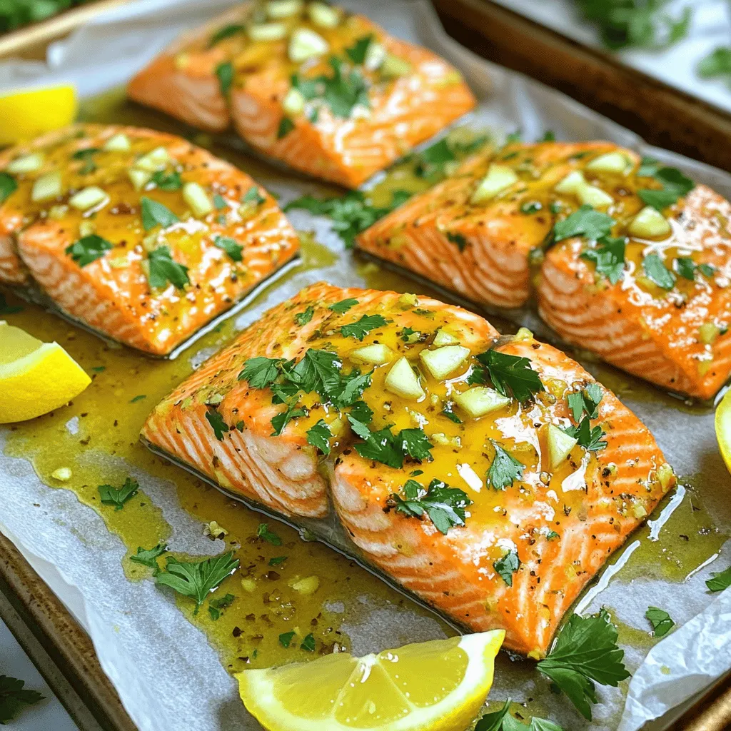 Für ein leckeres Zesty Lemon Garlic Salmon brauchst du diese Hauptzutaten: - 4 Lachsfilets (je 170 Gramm) - 3 Esslöffel Olivenöl - 4 Knoblauchzehen, fein gehackt - Schale von 1 Zitrone - 2 Esslöffel frisch gepresster Zitronensaft - 1 Teelöffel Honig - 1 Teelöffel Dijon-Senf - Salz und Pfeffer nach Geschmack - Frische Petersilie, gehackt (zum Garnieren) - Zitronenschnitze (zum Servieren) Diese Zutaten machen das Gericht frisch und lecker. Der Lachs bleibt saftig und die Kombination von Zitrone und Knoblauch gibt dem Gericht einen tollen Geschmack. Wenn du dem Lachs noch mehr Geschmack geben möchtest, kannst du Folgendes hinzufügen: - Frische Kräuter wie Thymian oder Rosmarin - Ein Hauch von Paprika für etwas Schärfe - Ein Spritzer Sojasauce für einen umami-Geschmack Diese zusätzlichen Zutaten können das Gericht aufpeppen. Experimentiere und finde deine perfekte Mischung! Hier sind die Nährwertangaben für eine Portion Zesty Lemon Garlic Salmon: - Kalorien: ca. 250 - Eiweiß: 24 g - Fett: 15 g - Kohlenhydrate: 5 g - Ballaststoffe: 0 g Du bekommst viel Protein und gesunde Fette. So ist das Gericht nicht nur lecker, sondern auch nahrhaft. Wenn du mehr über die Zubereitung erfahren möchtest, schau dir das [Full Recipe] an! Beginnen Sie mit frischen Lachsfilets. Diese sollten gut gekühlt sein. Legen Sie die Filets auf ein Schneidebrett. Entfernen Sie eventuell vorhandene Gräten mit einer Pinzette. Spülen Sie die Filets unter kaltem Wasser ab und tupfen Sie sie mit einem Küchentuch trocken. Achten Sie darauf, die Hautseite nach unten zu lassen, wenn Sie sie auf das Backblech legen. Um die Marinade zu machen, nehmen Sie eine kleine Schüssel. Geben Sie dort Olivenöl, gehackten Knoblauch, Zitronenschale, Zitronensaft, Honig und Dijon-Senf hinein. Fügen Sie Salz und Pfeffer nach Geschmack hinzu. Mischen Sie alles gut mit einem Schneebesen. Die Marinade muss gleichmäßig und glatt sein. Diese Mischung gibt dem Lachs seinen frischen, zesty Geschmack. Heizen Sie den Ofen auf 200°C vor. Legen Sie ein Backblech mit Backpapier aus, damit der Lachs nicht anklebt. Platzieren Sie die Lachsfilets mit der Hautseite nach unten darauf. Bestreichen Sie jedes Filet großzügig mit der Marinade. Achten Sie darauf, dass alle Seiten gut bedeckt sind. Backen Sie den Lachs für 12 bis 15 Minuten. Er ist fertig, wenn er undurchsichtig ist und sich leicht mit einer Gabel in Flocken zerteilen lässt. Lassen Sie den Lachs nach dem Garen für ein paar Minuten ruhen. Garnieren Sie ihn mit frisch gehackter Petersilie und servieren Sie ihn mit Zitronenschnitzen. Für das vollständige Rezept schauen Sie sich bitte [Full Recipe] an. Um den Lachs noch zarter zu machen, empfehle ich, ihn vor dem Kochen zu marinieren. Eine Marinade aus Olivenöl, Zitronensaft und Honig sorgt für saftigen Fisch. Lassen Sie den Lachs mindestens 30 Minuten in der Marinade ruhen. Dies hilft, die Aromen tief in das Fleisch einzuziehen. Eine längere Marinierzeit, bis zu zwei Stunden, kann den Geschmack noch intensivieren. Die besten Beilagen zu Zesty Lemon Garlic Salmon sind einfach und frisch. Hier sind einige tolle Vorschläge: - Gedämpfter Brokkoli: Er bringt Frische und Farbe auf den Teller. - Quinoa-Salat: Eine gesunde, nussige Beilage, die gut zum Lachs passt. - Ofenkartoffeln: Knusprige Kartoffeln ergänzen die zarte Textur des Fisches. - Grüner Salat: Ein leichter Salat mit einer Zitronen-Vinaigrette rundet das Gericht ab. Für einen intensiveren Geschmack empfehle ich, den Lachs länger zu marinieren. Eine Marinierzeit von zwei bis vier Stunden bringt die Aromen noch besser zur Geltung. Achten Sie darauf, den Lachs im Kühlschrank zu marinieren. Das sorgt dafür, dass er frisch bleibt. Wenn Sie wenig Zeit haben, reichen auch 30 Minuten. Doch mehr Zeit macht den Unterschied. {{image_4}} Um Zesty Lemon Garlic Salmon noch besser zu machen, füge frische Kräuter hinzu. Kräuter wie Dill oder Thymian passen perfekt. Sie bringen einen frischen Geschmack. Mische einfach die Kräuter in die Marinade. So wird der Lachs noch aromatischer und interessanter. Wenn du auf der Suche nach einer vegetarischen Option bist, probiere diese Marinade. Statt Lachs kannst du Gemüse wie Zucchini oder Auberginen nutzen. Die Marinade bleibt gleich. Nutze Olivenöl, Knoblauch, Zitrone und Honig. Diese Mischung wird dein Gemüse lecker und saftig machen. Du kannst Zesty Lemon Garlic Salmon auch in der Pfanne oder auf dem Grill zubereiten. In der Pfanne wird der Lachs knusprig. Erhitze etwas Olivenöl in einer Pfanne und lege die Filets hinein. Grille den Lachs, wenn du einen rauchigen Geschmack magst. Achte auf die Grillzeit, damit der Lachs zart bleibt. Egal wie du es machst, die Aromen kommen gut zur Geltung. Für das vollständige Rezept kannst du die [Full Recipe] besuchen. Um übrig gebliebenen Zesty Lemon Garlic Salmon frisch zu halten, lege ihn in einen luftdichten Behälter. Stelle sicher, dass die Reste gut abgekühlt sind, bevor du sie verpackst. So bleibt der Geschmack erhalten und das Risiko von Bakterien wird verringert. Wenn du den Lachs nicht sofort isst, bewahre ihn im Kühlschrank auf. Zesty Lemon Garlic Salmon bleibt im Kühlschrank etwa drei Tage frisch. Wenn du ihn länger aufbewahren möchtest, friere ihn ein. Im Gefrierfach hält er bis zu drei Monate. Für den besten Geschmack ist es am besten, den Lachs frisch zu genießen. Um den Lachs wieder aufzuwärmen, benutze den Ofen oder eine Pfanne. Heize den Ofen auf 180 °C vor. Lege den Lachs auf ein Backblech und erwärme ihn etwa 10 Minuten. In einer Pfanne kannst du ihn bei niedriger Hitze sanft erwärmen. So bleibt er saftig und lecker. Vermeide die Mikrowelle, da sie den Lachs trocken machen kann. Die Zubereitung von Zesty Lemon Garlic Salmon ist sehr einfach. Du brauchst nur 10 Minuten für die Vorbereitung. Die Marinade ist schnell gemacht. Einfach alle Zutaten in einer Schüssel vermischen. Danach bestreichst du die Lachsfilets und legst sie in den Ofen. Nach 12 bis 15 Minuten ist der Lachs fertig. Du kannst also ein leckeres Gericht in kurzer Zeit genießen. Zesty Lemon Garlic Salmon schmeckt toll mit vielen Beilagen. Ein frischer grüner Salat ist eine gute Wahl. Auch gedünstetes Gemüse wie Brokkoli oder grüne Bohnen passen gut dazu. Für eine herzhaftere Beilage sind Kartoffeln oder Reis ideal. Du kannst auch Quinoa oder Couscous probieren. Diese Optionen ergänzen den Geschmack des Lachs hervorragend. Ja, du kannst die Marinade im Voraus zubereiten. Das spart Zeit, wenn du den Lachs später zubereiten möchtest. Mische einfach die Zutaten und stelle die Marinade in den Kühlschrank. So haben die Aromen Zeit, sich zu entwickeln. Du kannst die Marinade bis zu zwei Tage im Voraus machen. Das macht das Kochen noch einfacher und schneller. Du findest die vollständige Anleitung im [Full Recipe]. Zesty Lemon Garlic Salmon ist eine leckere und gesunde Wahl. Wir haben die besten Zutaten, eine einfache Schritt-für-Schritt-Anleitung und wertvolle Tipps geteilt. Variationen machen das Gericht noch spannender. Denke auch daran, wie du Reste aufbewahren und wieder aufwärmen kannst. Mit diesen Informationen kannst du diesen köstlichen Lachs perfekt zubereiten. Probiere die Rezepte aus und genieße dein Essen!