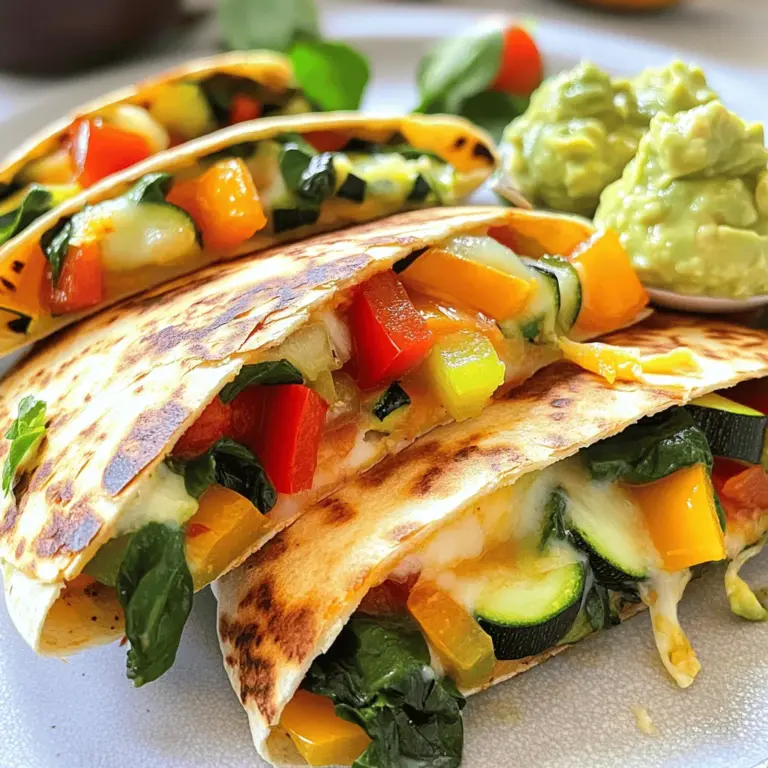 Um eine leckere Gemüse-Quesadilla zu machen, benötigst du ein paar einfache Zutaten. Hier sind die Hauptzutaten: - 2 große Weizentortillas - 1 Tasse geriebener Käse (Cheddar oder eine Mischung) - 1 Paprika, gewürfelt (jede Farbe) - 1 kleine Zucchini, gewürfelt - 1 Tasse Spinat, grob gehackt - 1 kleine rote Zwiebel, in Scheiben geschnitten - 1/2 Tasse schwarze Bohnen, abgetropft und abgespült - 1 Esslöffel Olivenöl - 1 Teelöffel Kreuzkümmel - 1/2 Teelöffel Paprika - Salz und Pfeffer nach Geschmack - Optionale Toppings: Guacamole, Salsa, Sauerrahm All diese Zutaten machen die Quesadilla bunt und schmackhaft. Du kannst mit dem Gemüse variieren, um deinen eigenen Geschmack zu treffen. Zum Beispiel kannst du Mais oder Pilze hinzufügen. Wenn du mehr Käse magst, nimm einfach etwas mehr. Das gibt der Quesadilla einen extra cremigen Geschmack. Die Gewürze sind wichtig. Sie bringen den Geschmack zum Leben. Kreuzkümmel und Paprika fügen eine schöne Tiefe hinzu. Die optionalen Toppings wie Guacamole und Salsa machen das Gericht noch besser. Sie sorgen für Frische und eine tolle Textur. Für die genaue Zubereitung kannst du das Rezept "Veggie Fiesta Quesadilla" verwenden. Es ist einfach und macht Spaß. Zuerst erhitzen Sie das Olivenöl in einer großen Pfanne. Fügen Sie die geschnittene Zwiebel hinzu und braten Sie sie an. Warten Sie, bis sie glasig ist, das dauert etwa 3-4 Minuten. Dann kommen die gewürfelte Paprika und Zucchini dazu. Rühren Sie die Mischung gut um und garen Sie alles für 4-5 Minuten. Wenn das Gemüse weich ist, rühren Sie den Spinat und die schwarzen Bohnen unter. Lassen Sie alles für 2 Minuten kochen. Würzen Sie die Mischung mit Kreuzkümmel, Paprika, Salz und Pfeffer. Jetzt können Sie die Quesadilla zusammenstellen. Nehmen Sie eine Tortilla und verteilen Sie die Hälfte des geriebenen Käses gleichmäßig darauf. Dann geben Sie die Gemüsemischung darauf. Bedecken Sie die Mischung mit dem restlichen Käse. Legen Sie die zweite Tortilla obenauf. Wischen Sie die Pfanne sauber und erhitzen Sie sie wieder. Legen Sie die Quesadilla in die Pfanne. Braten Sie sie 3-4 Minuten auf einer Seite, bis sie goldbraun ist. Wenden Sie die Quesadilla vorsichtig mit einem großen Spatel. Braten Sie die andere Seite für weitere 3-4 Minuten. So wird der Käse schön geschmolzen und beide Seiten sind knusprig. Wenn Sie mehr über die Zutaten und die Zubereitung erfahren möchten, sehen Sie sich das [Full Recipe](#) an. Um die Quesadilla knusprig zu machen, sollten Sie die Hitze hochhalten. Ein heißer Pfanne ist wichtig. Verwenden Sie etwas Olivenöl, um die Tortillas zu braten. Achten Sie darauf, die Tortilla gleichmäßig zu bräunen. So wird sie knusprig und lecker. Das richtige Wenden der Quesadilla ist entscheidend. Nutzen Sie einen großen Spatel, um die Quesadilla vorsichtig zu heben. Schieben Sie den Spatel unter die Quesadilla und kippen Sie sie schnell um. So bleibt die Füllung an Ort und Stelle. Ein häufiger Fehler ist, zu viel Füllung zu verwenden. Wenn Sie die Quesadilla zu voll packen, wird sie schwer zu wenden. Das kann dazu führen, dass sie reißt. Halten Sie die Füllung in einem moderaten Maß, um die beste Textur zu erreichen. Ein weiterer Fehler ist, die Quesadilla zu lange zu garen. Achten Sie darauf, sie nicht zu verbrennen. Wenn die Quesadilla zu lange in der Pfanne bleibt, wird sie hart und trocken. Garen Sie sie nur bis sie goldbraun ist und der Käse geschmolzen ist. {{image_4}} Für mehr Geschmack in Ihrer Gemüse-Quesadilla können Sie verschiedene Käsesorten ausprobieren. Cheddar ist immer eine gute Wahl, aber auch Gouda oder Mozzarella können toll schmecken. Mischen Sie verschiedene Käsesorten für einen reichhaltigen Geschmack. Sie können auch weitere Gemüse hinzufügen. Probieren Sie Pilze, Brokkoli oder Mais. Diese Gemüse bringen neue Texturen und Aromen. Seien Sie kreativ und verwenden Sie, was Sie mögen oder was Saison hat. Wenn Sie nach Alternativen zu traditionellen Tortillas suchen, gibt es viele Möglichkeiten. Glutenfreie Optionen sind jetzt leicht erhältlich. Sie können Tortillas aus Mais oder Reis verwenden. Diese sind ideal, wenn Sie Gluten vermeiden möchten. Eine weitere gute Wahl sind Vollkorn-Tortillas. Sie enthalten mehr Ballaststoffe und Nährstoffe. Diese Tortillas geben der Quesadilla einen nussigen Geschmack, der gut zu dem Gemüse passt. Nach dem Genuss bleibt oft etwas übrig. Um die Quesadillas frisch zu halten, lege sie in den Kühlschrank. Wickel sie in Frischhaltefolie oder lege sie in einen luftdichten Behälter. So bleiben sie bis zu drei Tage gut. Für längere Haltbarkeit kannst du die Reste auch einfrieren. Stelle sicher, dass sie gut verpackt sind, um Gefrierbrand zu vermeiden. Im Gefrierschrank bleiben sie bis zu drei Monate lecker. Wenn du die Reste genießen möchtest, gibt es verschiedene Methoden zum Aufwärmen. - In der Pfanne aufwärmen: Das ist die beste Methode, um die Quesadilla knusprig zu halten. Erhitze eine Pfanne bei mittlerer Hitze. Lege die Quesadilla hinein und brate sie für 3–4 Minuten, bis sie warm ist. Wende sie vorsichtig und brate die andere Seite ebenfalls. - Mikrowelle vs. Ofen: Die Mikrowelle ist schnell, aber die Quesadilla wird weich. Wenn du die Quesadilla im Ofen aufwärmst, wird sie knuspriger. Heize den Ofen auf 180 Grad vor und backe die Quesadilla für etwa 10 Minuten. Wähle die Methode, die dir am besten gefällt. So genießt du die Reste deiner Gemüse-Quesadilla wie frisch zubereitet. Um die Quesadilla würziger zu machen, füge einfach mehr Gewürze hinzu. Kreuzkümmel, Chili-Pulver oder Cayenne-Pfeffer sind gute Optionen. Du kannst auch frische Jalapeños oder eingelegte Peperoni verwenden. Diese bringen Hitze und Geschmack. Saucen wie scharfe Salsa oder eine scharfe Guacamole runden das Ganze ab. Experimentiere mit verschiedenen Kombinationen, um deinen perfekten Geschmack zu finden. Ja, du kannst gefrorenes Gemüse verwenden! Es ist praktisch und spart Zeit. Das Gemüse bleibt frisch, wenn es gefroren ist. Du kannst alles nutzen, von gefrorenen Paprika bis zu Spinat. Achte darauf, das Gemüse vorher aufzutauen und gut abtropfen zu lassen. So wird die Quesadilla nicht matschig. Gefrorenes Gemüse ist oft auch günstiger und hat einen hohen Nährstoffgehalt. Die besten Toppings sind vielfältig. Guacamole ist immer ein Hit. Du kannst auch frische Salsa, Sauerrahm oder Joghurt verwenden. Avocado-Scheiben bringen Cremigkeit. Probier auch frische Kräuter wie Koriander oder Petersilie aus. Ein Spritzer Limettensaft macht alles frisch. Diese Toppings machen deine Quesadilla noch köstlicher und spannender. Lass deiner Kreativität freien Lauf! Gemüse-Quesadillas sind einfach zuzubereiten und sehr lecker. Wir haben die Hauptzutaten besprochen, die Zubereitung Schritt für Schritt erklärt und Tipps gegeben, um perfekte Quesadillas zu machen. Denke daran, deine Füllung gut zu wählen und die Tortillas richtig zu wenden. Variiere mit verschiedenen Käsesorten und Gemüse. Reste können im Kühlschrank oder Gefrierfach aufbewahrt werden. Folge diesen einfachen Schritten, um immer wieder köstliche Quesadillas zu genießen. Deine Familie wird begeistert sein!