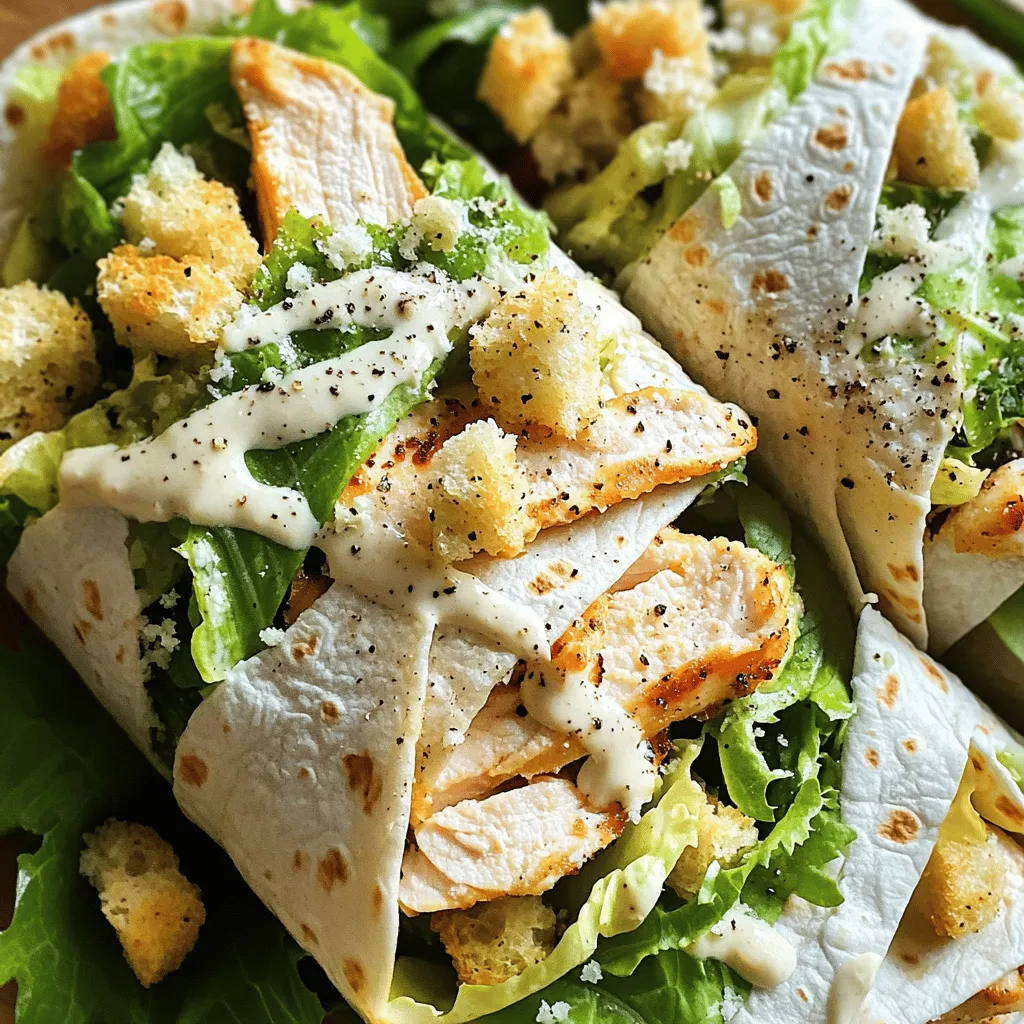 Um köstliche Chicken Caesar Wraps zu machen, brauchst du folgende Hauptzutaten: - 2 Hähnchenbrustfilets ohne Haut - 1 Esslöffel Olivenöl - Salz und Pfeffer nach Geschmack - 1 Teelöffel Knoblauchpulver - 4 große Tortillas oder Wraps - 2 Tassen gehackter Römersalat - 1/2 Tasse Caesar-Dressing - 1/2 Tasse geriebener Parmesan Diese Zutaten sind einfach zu finden. Sie bringen frischen Geschmack und viel Aroma in deinen Wrap. Um deinen Wrap noch besser zu machen, kannst du Croutons hinzufügen. Diese sind optional, aber sie geben einen tollen Crunch. Hier ist, was du brauchst: - 1/3 Tasse zerdrückte Croutons Die Croutons sorgen für eine knusprige Textur. Das macht jeden Biss interessanter! Frische Zutaten sind wichtig. Sie verbessern den Geschmack deiner Wraps. Achte darauf, den Römersalat frisch zu kaufen. Er sollte knackig und grün sein. Auch das Hähnchen sollte frisch sein. So bekommst du den besten Geschmack. Frisches Caesar-Dressing rundet das Ganze ab. Wenn du die Zutaten frisch hältst, wirst du das Aroma lieben. Für das vollständige Rezept, schaue dir die [Full Recipe] an. Beginne mit zwei Hähnchenbrustfilets. Erhitze eine Pfanne auf mittlerer Hitze. Füge einen Esslöffel Olivenöl hinzu. Würze die Hähnchenbrustfilets mit Salz, Pfeffer und einem Teelöffel Knoblauchpulver. Lege die Filets in die Pfanne und brate sie 6-7 Minuten auf jeder Seite. Das Hähnchen sollte nicht mehr rosa sein. Nimm die Filets aus der Pfanne und lasse sie etwas abkühlen. Wenn das Hähnchen abgekühlt ist, schneide es in dünne Streifen. Dünne Streifen helfen, die Wraps einfach zu füllen. Du kannst die Streifen nach Belieben würfeln, wenn dir das besser gefällt. Nimm eine große Schüssel und gebe zwei Tassen gehackten Römersalat hinein. Füge 1/2 Tasse Caesar-Dressing und 1/2 Tasse geriebenen Parmesan hinzu. Mische alles sanft mit einem Löffel. Das Dressing sollte den Salat gleichmäßig überziehen. Wenn du ein bisschen extra Crunch magst, füge 1/3 Tasse zerdrückte Croutons hinzu. Lege eine große Tortilla auf eine saubere Fläche. Gib eine großzügige Portion der Salatmischung in die Mitte. Füge die geschnittenen Hähnchenstreifen darauf. Wenn du die Croutons verwendest, streue sie darüber. Achte darauf, nicht zu viel Füllung zu verwenden, damit die Wraps nicht reißen. Klappe die Seiten der Tortilla ein. Rolle sie dann fest von unten nach oben. Das sorgt für einen sicheren Wrap. Wiederhole diesen Schritt mit den anderen Tortillas. Schneide jeden Wrap diagonal in zwei Hälften. Wenn du willst, verwende Zahnstochern, um sie zu sichern. Bestreue die Wraps mit frisch gemahlenem schwarzen Pfeffer für einen zusätzlichen Geschmack. Für die besten Wraps beginnt alles mit dem Hähnchen. Ich empfehle, frische Hähnchenbrustfilets zu verwenden. Würze sie gut mit Salz, Pfeffer und Knoblauchpulver. Erhitze das Olivenöl in einer Pfanne bei mittlerer Hitze. Brate das Hähnchen 6-7 Minuten auf jeder Seite. So bleibt es saftig und zart. Stelle sicher, dass das Hähnchen nicht mehr rosa ist. Lass es dann kurz abkühlen, bevor du es in Streifen schneidest. So ist das Hähnchen perfekt für deinen Wrap. Das Dressing ist wichtig für den Geschmack. Ich empfehle klassisches Caesar-Dressing, da es gut mit dem Hähnchen und dem Salat harmoniert. Du kannst auch ein leichtes Dressing nehmen, wenn du Kalorien sparen willst. Achte darauf, das Dressing gleichmäßig über dem Salat zu verteilen. So schmeckt jeder Bissen gut. Wenn du es etwas würziger magst, füge ein paar Tropfen scharfe Sauce hinzu. Das gibt den Wraps einen tollen Kick. Du kannst deine Classic Chicken Caesar Wraps anpassen. Probiere zum Beispiel, gegrilltes Gemüse hinzuzufügen. Paprika und Zucchini passen gut dazu. Für eine cremigere Textur kannst du Avocado verwenden. Wenn du vegetarisch essen möchtest, ersetze das Hähnchen durch Kichererbsen oder Tofu. Du kannst auch verschiedene Käsesorten ausprobieren. Feta oder Gouda geben einen neuen Geschmack. So bleibt das Rezept spannend und lecker. Für das vollständige Rezept schau dir die Full Recipe an. {{image_4}} Du kannst die klassischen Chicken Caesar Wraps leicht vegan machen. Statt Hähnchen kannst du gegrillten Tofu oder Jackfruit verwenden. Diese Optionen bieten einen ähnlichen Geschmack und Textur. Für eine cremige Sauce eignen sich vegane Dressings auf Basis von Cashews oder Avocado. Diese Zutaten machen deine Wraps lecker und gesund. Wenn du glutenfrei essen möchtest, gibt es viele Tortilla-Alternativen. Reis- oder Mais-Tortillas sind gute Optionen. Sie sind einfach zu finden und haben einen tollen Geschmack. Achte darauf, dass die Tortillas für deine speziellen Bedürfnisse geeignet sind. So kannst du die Wraps ohne Bedenken genießen. Du kannst deine Wraps mit vielen Zutaten aufpeppen. Füge etwas Avocado für Cremigkeit hinzu. Gehackte Oliven oder Kapern bringen einen salzigen Kick. Auch gegrillte Paprika oder Zucchini passen gut dazu. Experimentiere mit verschiedenen Kräutern wie Basilikum oder Dill für extra Frische. Verwende die Full Recipe für die klassischen Chicken Caesar Wraps als Basis und lasse deiner Kreativität freien Lauf! Um die Wraps frisch zu halten, lege sie in einen luftdichten Behälter. Du kannst auch Frischhaltefolie verwenden, um sicherzustellen, dass sie nicht austrocknen. Achte darauf, die Wraps nicht übereinander zu stapeln. Dadurch bleiben sie schön und knackig. Wenn du die Wraps aufwärmen möchtest, nutze eine Pfanne oder einen Toaster. Erhitze die Pfanne bei mittlerer Hitze, lege die Wraps hinein und wende sie nach ein paar Minuten. So bleibt der Wrap knusprig. Vermeide die Mikrowelle, da sie den Wrap weich macht. Im Kühlschrank halten sich die Wraps etwa drei Tage. Wenn du sie länger aufbewahren willst, friere sie ein. Eingewickelt in Frischhaltefolie halten sie im Gefrierfach bis zu einem Monat. Zum Auftauen einfach über Nacht im Kühlschrank lassen. Für das volle Rezept, schau dir die vollständige Anleitung an. Um die besten Chicken Caesar Wraps zu machen, achte auf frische Zutaten. Das Hähnchen sollte gut gewürzt sein. Verwende einen guten Römersalat und hochwertiges Caesar-Dressing. Mische alles sanft, damit der Salat nicht zerfällt. Klappe die Tortilla richtig ein, damit die Füllung nicht herausfällt. Ein gut gefalteter Wrap bleibt schön zusammen und sieht appetitlich aus. Du findest das komplette Rezept im [Full Recipe] Abschnitt. Ja, du kannst die Wraps im Voraus zubereiten. Bereite die Füllung und das Hähnchen vor. Wickele die Wraps in Folie und stelle sie in den Kühlschrank. Achte darauf, das Dressing erst kurz vor dem Servieren hinzuzufügen. So bleibt die Tortilla frisch. Auf diese Weise hast du einen schnellen Snack oder ein Mittagessen bereit. Ein häufiger Fehler ist, zu viel Füllung zu verwenden. Das macht das Falten schwierig. Ein anderer Fehler ist, das Hähnchen nicht gut zu würzen. Ohne Geschmack wird der Wrap langweilig. Zudem ist es wichtig, die Tortilla nicht zu lange zu erhitzen. So bleibt sie weich und flexibel. Achte auf frische Zutaten, um den besten Geschmack zu erzielen. Zusammenfassend haben wir die Grundlagen für köstliche Chicken Caesar Wraps besprochen. Wir haben die Hauptzutaten, die Zubereitung und verschiedene Variationen betrachtet. Auch Tipps für das richtige Hähnchen und das Dressing waren wichtig. Experimentiere mit verschiedenen Zutaten, um deinen Wraps mehr Geschmack zu geben. Vergiss die Lagerung nicht, um die Frische zu bewahren. Mit diesen Infos wirst du fantastische Wraps zubereiten können. Guten Appetit!