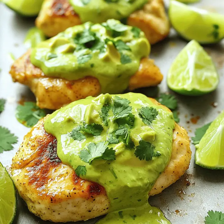 Für dein Avocado Lime Chicken brauchst du folgende Hauptzutaten: - 2 Hähnchenbrustfilets, ohne Haut und Knochen - 2 reife Avocados, püriert - 60 ml frischer Limettensaft - 2 Knoblauchzehen, fein gehackt Diese Zutaten bilden die Basis für ein zartes und geschmackvolles Gericht. Die Kombination aus Hähnchen und Avocado sorgt für eine cremige Textur. Um deinem Gericht den perfekten Geschmack zu verleihen, benötigst du auch: - 1 Teelöffel Kreuzkümmel - 1 Teelöffel Paprika - Salz und Pfeffer nach Geschmack - 1/4 Tasse frischer Koriander, gehackt - 1 Esslöffel Olivenöl Kreuzkümmel und Paprika bringen eine warme Note. Frischer Koriander gibt ein frisches Aroma dazu. Um dein Avocado Lime Chicken zu vervollständigen, empfehle ich diese Beilagen und Garnierungen: - Bunter Salat - Reis oder Quinoa - Limettenschnitze zur Garnierung Ein bunter Salat ergänzt die Farben und macht das Gericht noch ansprechender. Reis oder Quinoa bieten eine gute Basis. Das Auge isst mit! Du findest die vollständige Zubereitung im Full Recipe. Um die Marinade zuzubereiten, brauchst du eine Schüssel. Vermische die pürierten Avocados mit dem Limettensaft. Füge den gehackten Knoblauch, Kreuzkümmel, Paprika, Salz und Pfeffer hinzu. Rühre alles gut durch. Diese Mischung gibt dem Hähnchen viel Geschmack. Lege die Hähnchenbrustfilets in einen Plastikbeutel oder eine flache Schüssel. Gieße die Hälfte der Marinade über das Hähnchen. Sorge dafür, dass das Fleisch gut bedeckt ist. Die andere Hälfte der Marinade stellst du beiseite. Lasse das Hähnchen mindestens 30 Minuten im Kühlschrank marinieren. So zieht der Geschmack gut ein. Erhitze das Olivenöl in einer großen Pfanne bei mittlerer Hitze. Nimm die marinierten Hähnchenbrustfilets aus dem Beutel. Lass die überschüssige Marinade abtropfen. Lege die Filets in die Pfanne. Brate sie für 6-7 Minuten auf jeder Seite. Das Hähnchen sollte goldbraun und gar sein. Die Innentemperatur muss 75°C erreichen. Lass das Hähnchen nach dem Garen 5 Minuten ruhen. Schneide es dann in Scheiben. Serviere es mit der restlichen Marinade und garniere es mit Koriander und Limettenschnitzen. Für das gesamte Rezept, schau dir die [Full Recipe] an. Ein häufiger Fehler ist, das Hähnchen nicht lange genug zu marinieren. Mindestens 30 Minuten sind wichtig. Dadurch zieht der Geschmack tief ins Fleisch ein. Ein weiterer Fehler ist, die Marinade nach dem Marinieren nicht gut abzutropfen. Zu viel Flüssigkeit in der Pfanne kann das Hähnchen dämpfen, statt es knusprig zu braten. Um den perfekten Gargrad zu erreichen, nutze ein Fleischthermometer. Die Innentemperatur sollte 75°C (165°F) betragen. So bleibt das Hähnchen saftig. Lasse das Hähnchen nach dem Garen fünf Minuten ruhen. Das hilft, die Säfte im Fleisch zu halten. Du kannst den Geschmack mit weiteren Zutaten verfeinern. Füge z.B. einen Hauch von Chili hinzu, um etwas Schärfe zu bringen. Oder verwende frische Kräuter wie Basilikum oder Petersilie. Diese Zutaten geben dem Gericht eine neue Note. Limettenschnitze als Garnierung bringen Frische und Farbe. {{image_4}} Wenn du ein Grillfan bist, kannst du das Avocado Lime Chicken ganz einfach auf den Grill legen. Grille die marinierten Hähnchenbrustfilets bei mittlerer Hitze. Achte darauf, sie regelmäßig zu wenden, damit sie gleichmäßig garen. Der Grill gibt dem Hähnchen einen rauchigen Geschmack, der perfekt mit der frischen Avocado-Limetten-Marinade harmoniert. Du kannst das Hähnchen auch in Tortillas wickeln. Füge frische Salsa und etwas Käse hinzu, um ein köstliches BBQ-Gericht zu kreieren. Für eine vegane Variante kannst du Hähnchen durch Tofu oder Tempeh ersetzen. Schneide den Tofu in dicke Scheiben und mariniere ihn wie im Rezept beschrieben. Achte darauf, dass der Tofu gut die Aromen aufnimmt. Brate ihn dann in der Pfanne oder grille ihn. So erhältst du eine leckere, fleischfreie Option, die genauso gut schmeckt. Du kannst auch Jackfruit verwenden, die eine tolle Textur bietet. Wenn du es schärfer magst, füge etwas gehackte Jalapeños oder Chili-Pulver zur Marinade hinzu. Diese Zutaten geben dem Hähnchen einen schönen Kick. Du kannst auch scharfe Soßen wie Sriracha verwenden, um die Marinade zu verfeinern. Experimentiere mit verschiedenen Schärfegraden, um deinen perfekten Geschmack zu finden. Immerhin, das Kochen soll Spaß machen und deine Vorlieben widerspiegeln! Wenn du Reste von deinem Avocado Lime Chicken hast, lagere sie gut. Lass das Hähnchen zuerst abkühlen. Danach lege es in einen luftdichten Behälter. Du kannst auch die restliche Avocado-Limetten-Mischung aufbewahren. Diese Mischung bleibt frisch, wenn sie gut verpackt ist. Stelle sicher, dass der Behälter sauber ist, bevor du die Reste hineinlegst. Um das Hähnchen wieder zu wärmen, nutze eine Pfanne oder die Mikrowelle. Wenn du eine Pfanne verwendest, erhitze sie bei mittlerer Hitze. Füge ein wenig Wasser oder Olivenöl hinzu, um das Hähnchen saftig zu halten. Decke die Pfanne ab, damit die Wärme gleichmäßig verteilt wird. In der Mikrowelle erwärmst du es für kurze Zeit, etwa 1-2 Minuten. Überprüfe immer die Temperatur, damit es gut durch ist. Im Kühlschrank hält sich das Avocado Lime Chicken bis zu drei Tage. Achte darauf, dass der Behälter gut verschlossen ist. Wenn du das Hähnchen länger aufbewahren willst, kannst du es einfrieren. Im Gefrierfach bleibt es bis zu drei Monate frisch. Um die beste Qualität zu erhalten, verpacke es gut in einem Gefrierbeutel. So vermeidest du Gefrierbrand. Um Avocado Lime Chicken gesünder zu machen, kannst du weniger Öl verwenden. Statt Hähnchenbrust kannst du auch Putenbrust nehmen. Füge mehr Gemüse hinzu, wie Paprika oder Zucchini. Du kannst auch Vollkornreis anstelle von weißem Reis servieren. Ja, das Rezept lässt sich leicht anpassen. Verdopple einfach alle Zutaten. Wenn du mehr Gäste hast, kannst du auch die Marinade verdreifachen. Achte darauf, genug Platz in der Pfanne zu lassen, um das Hähnchen gleichmäßig zu garen. Zu Avocado Lime Chicken passen frische Getränke sehr gut. Ein kaltes Limettenwasser ist erfrischend. Auch ein fruchtiger Cocktail mit Mango oder Ananas passt gut dazu. Für die alkoholfreien Optionen sind Limonade oder Eistee eine tolle Wahl. Dieses Rezept für Avocado Lime Chicken verbindet frische Zutaten und einfache Schritte. Du hast gelernt, wie du die Marinade zubereitest, das Hähnchen richtig marinierst und es perfekt in der Pfanne garst. Ich habe dir Tipps gegeben, um häufige Fehler zu vermeiden und den besten Geschmack zu erzielen. Denk daran, Reste richtig zu lagern und immer kreativ zu sein. Mit Variationen und passenden Beilagen machst du jedes Mal neue Geschmackserlebnisse. Probiere es aus und genieße die Vielfalt!