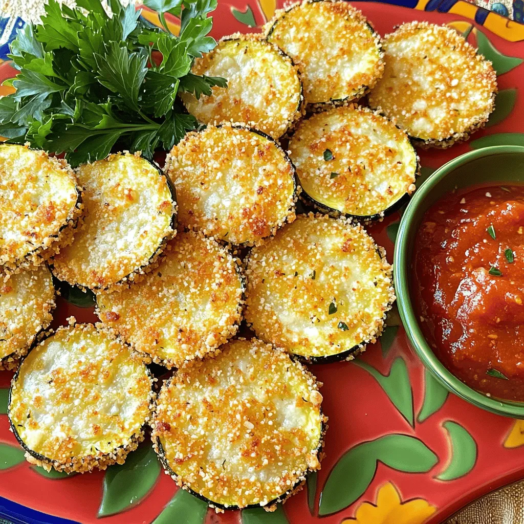 Um diese köstlichen Zucchini-Runden zuzubereiten, benötigen Sie einige wichtige Zutaten: - 2 mittelgroße Zucchini, in ¼-Zoll dicke Scheiben geschnitten - 1 Tasse geriebener Parmesan-Käse - 1 Tasse Paniermehl (idealerweise Panko für extra Knusprigkeit) - 1 Teelöffel Knoblauchpulver - 1 Teelöffel getrockneter Oregano - ½ Teelöffel Salz - ¼ Teelöffel schwarzer Pfeffer - 2 große Eier, verquirlt - Olivenölspray oder etwas Olivenöl zum Einfetten Wenn Sie den Geschmack erweitern möchten, fügen Sie gerne weitere Zutaten hinzu. Zum Beispiel: - Eine Prise Paprika für etwas Wärme - Frische Kräuter wie Thymian oder Rosmarin für mehr Aroma - Parmesan und Cheddar im Mix für einen reichhaltigen Geschmack Frische Zucchini sind der Schlüssel zu diesem Gericht. Achten Sie auf: - Feste Zucchini ohne Druckstellen oder Falten. - Eine leuchtend grüne Farbe, die Frische zeigt. - Kleinere Zucchini sind oft zarter und geschmackvoller. Wählen Sie die besten Zucchini, um die besten Ergebnisse zu erzielen und genießen Sie den vollen Geschmack in der [Full Recipe]. Heize deinen Ofen auf 220°C (425°F) vor. Ein heißer Ofen sorgt für Knusprigkeit. Lege ein Backblech mit Backpapier aus. Das macht die Reinigung einfach. In einer Rührschüssel vermenge den geriebenen Parmesan, das Paniermehl, Knoblauchpulver, Oregano, Salz und Pfeffer. Rühre alles gut um. Die Mischung sollte gleichmäßig verteilt sein. Diese Mischung gibt den Zucchini-Runden ihren tollen Geschmack. Richte eine Panierstation ein. Gib die verquirlten Eier in eine flache Schüssel. In eine andere Schüssel kommt die Käse-Paniermischung. Tauche jede Zucchini-Scheibe in das Ei. Lass überschüssiges Ei abtropfen. Wälze die Scheibe dann in der Käsemischung. Achte darauf, dass sie gleichmäßig bedeckt ist. Lege die panierten Scheiben auf das Backblech. Lass genügend Platz zwischen den Scheiben. Sprühe etwas Olivenöl darüber. So wird die Oberseite schön knusprig. Jetzt kannst du die Zucchini-Runden backen! Um die Zucchini-Runden knusprig zu machen, benutze Panko-Paniermehl. Panko hat eine grobe Textur, die für mehr Crunch sorgt. Sprühe etwas Olivenöl oben auf die Scheiben, bevor du sie backst. Das Öl hilft, die Oberfläche goldbraun und knusprig zu machen. Auch das Vorheizen des Ofens ist wichtig. Ein heißer Ofen macht den Unterschied. Backe die Zucchini-Runden bei 220°C (425°F). Dies ist die ideale Temperatur für knusprige Ergebnisse. Überwache die Zeit: 20 bis 25 Minuten reichen in der Regel aus. Wenn die Oberseite goldbraun aussieht, sind sie fertig. Lass die Runden nach dem Backen kurz abkühlen, damit sie knusprig bleiben. Ein häufiger Fehler ist, die Zucchini nicht gut abzutrocknen. Feuchtigkeit macht die Panade matschig. Tauche die Zucchini zuerst in das Ei und dann in die Paniermischung. Achte darauf, dass jede Scheibe gut bedeckt ist. Lass sie nicht zu nah beieinander auf dem Blech liegen. So kann die Luft zirkulieren und die Runden werden gleichmäßig knusprig. {{image_4}} Sie können verschiedene Käsesorten verwenden, um neue Geschmäcker zu testen. Mozzarella gibt eine tolle, schmelzende Textur. Feta bringt einen salzigen Kick. Auch Cheddar passt gut. Experimentieren Sie mit diesen Käsesorten, um Ihre perfekte Mischung zu finden. Kräuter und Gewürze machen viel aus. Sie können frisches Basilikum oder Petersilie hinzufügen. Auch italienische Gewürzmischungen sind lecker. Wenn Sie es schärfer mögen, probieren Sie etwas Cayennepfeffer. Passen Sie die Gewürze an Ihren Geschmack an und machen Sie das Rezept ganz persönlich. Wenn Sie eine vegane Option suchen, sind Chia- oder Leinsamen gut. Mischen Sie einen Esslöffel mit drei Esslöffeln Wasser und lassen Sie es quellen. Das funktioniert gut als Ei-Ersatz. Sie können auch ungesüßte Mandelmilch verwenden, um die Zucchini zu dippen. So bleibt das Rezept lecker und pflanzenbasiert. Für das vollständige Rezept besuchen Sie [Full Recipe]. Um die Baked Parmesan Zucchini Rounds frisch zu halten, lege sie in einen luftdichten Behälter. Stelle sicher, dass die Zucchini-Runden abgekühlt sind, bevor du sie lagerst. So bleibt die Knusprigkeit erhalten. Wenn du mehrere Portionen hast, kannst du sie auch mit Backpapier trennen, um ein Zusammenkleben zu verhindern. Wenn du die Zucchini-Runden wieder aufwärmen möchtest, benutze den Ofen. Heize ihn auf 180°C vor. Lege die Runden auf ein Backblech und backe sie 10 Minuten lang. So bleiben sie knusprig und lecker. Du kannst auch eine Pfanne benutzen, um sie bei mittlerer Hitze aufzuwärmen. Das gibt ihnen wieder etwas von ihrer ursprünglichen Textur. Im Kühlschrank halten sich die Zucchini-Runden etwa 3 bis 4 Tage. Wenn du sie länger aufbewahren möchtest, kannst du sie einfrieren. Lege sie nach dem Abkühlen in einen gefrierfesten Behälter oder eine Tüte. So bleiben sie bis zu 3 Monate frisch. Vergiss nicht, sie gut zu beschriften, damit du weißt, was drin ist. Zucchini ist ein sehr gesundes Gemüse. Es hat viel Wasser, was hilft, den Körper hydratisiert zu halten. Es enthält auch viele Vitamine wie Vitamin C und A. Diese Vitamine sind gut für die Haut und das Immunsystem. Zucchini hat wenig Kalorien, was sie ideal für Snacks macht. Außerdem ist sie reich an Ballaststoffen, die gut für die Verdauung sind. Wenn Sie Zucchini in Ihre Ernährung einbauen, können Sie sich fitter und gesünder fühlen. Ja, Sie können die Panade für viele andere Gemüsesorten verwenden! Zum Beispiel schmecken Auberginen, Blumenkohl und Karotten auch hervorragend knusprig gebacken. Die Technik bleibt gleich. Einfach die Gemüsestücke in Ei tauchen und dann in der Panade wälzen. Achten Sie darauf, die Garzeit anzupassen. Einige Gemüsesorten brauchen länger, um zart zu werden. Mit dieser Panade können Sie viele leckere Snacks zubereiten. Wenn Sie es schärfer mögen, können Sie Gewürze hinzufügen. Zum Beispiel können Sie Cayennepfeffer oder Paprika in die Panade geben. Auch ein wenig scharfer Senf im Ei kann helfen. Eine andere Methode ist, die Zucchini-Runden mit scharfer Sauce zu servieren. Experimentieren Sie mit verschiedenen Gewürzen, um den perfekten Geschmack zu finden. So können Sie Ihre Zucchini-Runden noch aufregender machen! Zusammenfassend haben wir die Hauptzutaten für die Baked Parmesan Zucchini Rounds besprochen. Ich habe dir gezeigt, wie du sie richtig zubereitest und lagern kannst. Auch Tipps zur perfekten Knusprigkeit und Variationen sind wichtig. Denke daran, frische Zucchini auszuwählen und kreativ mit Käsesorten und Gewürzen zu sein. Mit diesen Informationen kannst du gesunde Snacks genießen. Probiere es aus und genieße das Kochen!