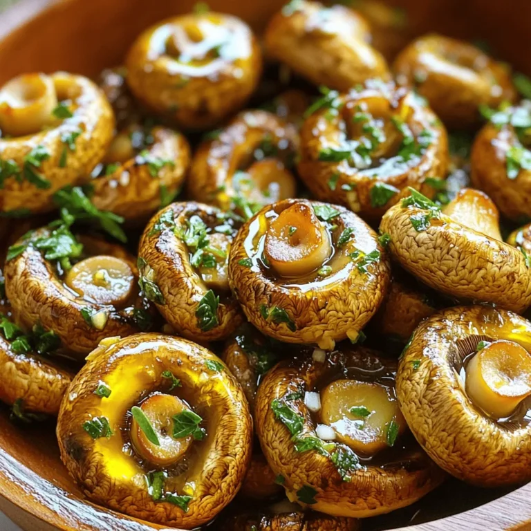Champignons sind die Hauptzutat in diesem Rezept. Sie haben eine zarte Textur und einen milden Geschmack. Ihre Fähigkeit, Aromen gut aufzunehmen, macht sie ideal für das Rösten mit Kräutern. Frische Kräuter sind ebenfalls wichtig. Sie bringen Farbe und Geschmack. Thymian und Rosmarin verleihen den Pilzen eine erdige Note. Frische Kräuter sind besser als getrocknete. Sie bieten mehr Aroma und Nährstoffe. Olivenöl ist ein zentraler Bestandteil des Rezepts. Es hat viele Vorteile. Es ist gesund und verstärkt den Geschmack der Zutaten. Zudem hilft es, die Pilze gleichmäßig zu rösten. Balsamico-Essig spielt eine besondere Rolle. Er fügt eine süß-saure Note hinzu. Das macht die Pilze noch schmackhafter. Wenn Sie den Essig verwenden, achten Sie auf die Menge. Ein Esslöffel reicht oft aus. Frische Petersilie ist die perfekte Garnierung. Sie bringt Farbe auf den Teller. Zudem hat sie einen frischen Geschmack, der die Röstaromen der Pilze ergänzt. Bestreuen Sie die Pilze vor dem Servieren mit der gehackten Petersilie. Dies sorgt für eine ansprechende Optik und einen zusätzlichen Geschmackskick. Zuerst reinigen Sie die Champignons. Entfernen Sie Schmutz mit einem feuchten Tuch. Schneiden Sie die Stiele, wenn nötig, um sie gleichmäßig zu machen. Jetzt hacken Sie den Knoblauch in feine Stücke. Nehmen Sie frische Kräuter wie Thymian und Rosmarin. Waschen Sie sie gut und hacken Sie sie fein. Diese Schritte sind wichtig für den Geschmack. In einer großen Schüssel kombinieren Sie das Olivenöl, den gehackten Knoblauch und die Kräuter. Fügen Sie Meersalz und schwarzen Pfeffer hinzu. Wenn Sie möchten, geben Sie auch Balsamico-Essig dazu. Mischen Sie alles gut. Achten Sie darauf, dass die Kräutermischung nicht zu dick oder zu dünn ist. Sie soll die Pilze gut umhüllen. Das sorgt für einen gleichmäßigen Geschmack. Heizen Sie Ihren Ofen auf 200°C vor. Verteilen Sie die Pilze auf einem Backblech. Achten Sie darauf, dass sie nicht übereinander liegen. Rösten Sie die Pilze für 20 bis 25 Minuten. Schütteln Sie das Blech nach 10 Minuten. So bräunen die Pilze gleichmäßig. Sie sind fertig, wenn sie zart sind. Nach dem Rösten garnieren Sie die Pilze mit frischer Petersilie. Genießen Sie diese köstlichen Knoblauch-Kräuter-Pilze! Für das vollständige Rezept, schauen Sie sich bitte die Full Recipe an. Bei der Auswahl der Pilze für geröstete Knoblauch-Kräuter-Pilze sind frische Champignons die beste Wahl. Sie haben einen zarten Geschmack und eine feste Textur. - Beliebte Sorten für das Rezept: - Champignons - Shiitake - Austernpilze Frische Pilze haben einen frischen, erdigen Duft. Achten Sie darauf, dass sie nicht trocken oder matschig sind. Vakuumierte Pilze sind oft weniger geschmackvoll. Sie können sie verwenden, aber frische sind immer besser. Um den Geschmack zu verbessern, experimentieren Sie mit zusätzlichen Gewürzen. - Fügen Sie zum Beispiel Paprika oder Chili hinzu, um etwas Schärfe zu bekommen. - Sie können auch mit anderen Kräutern wie Basilikum oder Oregano arbeiten. Das Wichtigste ist, die Balance zu finden. Zu viele Gewürze können den Pilzgeschmack überdecken. Beginnen Sie mit kleinen Mengen und passen Sie nach Ihrem Geschmack an. Ein häufiger Fehler ist, das Backblech zu überladen. Wenn die Pilze zu eng liegen, garen sie nicht gleichmäßig. - Legen Sie die Pilze in einer einzigen Schicht auf das Blech. Achten Sie auch auf die Garzeiten. - Zu hohe Temperaturen können die Pilze austrocknen. - Zu niedrige Temperaturen lassen sie matschig werden. Rösten Sie die Pilze bei 200°C für 20-25 Minuten. Schütteln Sie das Blech zur Hälfte der Garzeit, damit sie gleichmäßig bräunen. {{image_4}} Du kannst das Olivenöl in diesem Rezept durch ein anderes pflanzliches Öl ersetzen. Sonnenblumen- oder Rapsöl funktioniert gut. Du kannst auch etwas Avocadoöl verwenden. Diese Öle bringen einen eigenen Geschmack, der die Pilze ergänzt. Wenn du nach einer veganen Option suchst, achte darauf, dass alle Zutaten pflanzlich sind. Eine tolle Idee ist, die gerösteten Pilze mit anderen Gemüsesorten zu kombinieren. Karotten, Zucchini oder Paprika können einen schönen Farbkontrast bringen. Diese Mischung gibt deinen Pilzen mehr Textur und Geschmack. Schneide das Gemüse in gleichmäßige Stücke, damit alles gleichmäßig gart. Geröstete Knoblauch-Kräuter-Pilze passen gut zu vielen Beilagen. Serviere sie mit einem frischen Salat oder knusprigem Brot. Du kannst auch Reis oder Quinoa dazu reichen. Diese Beilagen machen die Mahlzeit sättigender. Für festliche Anlässe sind Dips eine tolle Ergänzung. Ein einfacher Joghurt-Dip mit frischen Kräutern passt gut dazu. Du kannst auch einen pikanten Hummus anbieten. Diese Dips bringen Abwechslung und machen das Essen noch schmackhafter. Um mehr Geschmack hinzuzufügen, kannst du Parmesan über die Pilze streuen, bevor du sie röstest. Der Käse schmilzt und gibt den Pilzen eine köstliche Kruste. Für eine nussige Note füge geröstete Nüsse hinzu. Walnüsse oder Pinienkerne harmonieren perfekt mit den Pilzen. Eine kreative Idee ist, die gerösteten Pilze in eine Pasta zu verwandeln. Mische die Pilze mit gekochter Pasta, etwas Olivenöl und frischen Kräutern. Diese Kombination ist einfach und sehr lecker. Du kannst auch etwas Zitronensaft für Frische hinzufügen. Für das vollständige Rezept, schau dir bitte [Full Recipe] an. Um die gerösteten Knoblauch-Kräuter-Pilze gut zu lagern, lassen Sie sie zuerst abkühlen. Legen Sie die Pilze dann in einen luftdichten Behälter. So bleiben sie frisch. Ich empfehle, die Pilze innerhalb von drei Tagen zu essen. Dann schmecken sie am besten. Für die Kühlschranklagerung sollten Sie die Pilze in den kältesten Teil des Kühlschranks stellen. Achten Sie darauf, dass der Behälter gut verschlossen ist. So vermeiden Sie, dass die Pilze andere Gerüche aufnehmen. Um die Pilze wieder zu genießen, nutzen Sie eine Pfanne. Erwärmen Sie sie bei mittlerer Hitze. Fügen Sie einen kleinen Schuss Olivenöl hinzu. So bleiben sie saftig und lecker. Vermeiden Sie es, die Pilze zu lange zu kochen. Wenn Sie sie überkochen, verlieren sie ihre zarte Textur. Erwärmen Sie sie nur, bis sie heiß sind. Die Haltbarkeit der gerösteten Pilze beträgt etwa drei Tage im Kühlschrank. Achten Sie darauf, sie gut zu verschließen. Erkennen Sie schlechte Reste? Schauen Sie nach einem unangenehmen Geruch oder einer matschigen Textur. Wenn die Pilze so aussehen oder riechen, werfen Sie sie weg. Es ist besser, auf Nummer sicher zu gehen. Die Zubereitung dauert insgesamt etwa 35 Minuten. Zerlegen wir das in zwei Teile. Die Vorbereitung dauert 10 Minuten. In dieser Zeit reinigen Sie die Champignons und schneiden den Knoblauch. Danach rösten die Pilze für 20 bis 25 Minuten im Ofen. Achten Sie darauf, das Blech während des Röstens zu schütteln. So bräunen die Pilze gleichmäßig. Ja, gefrorene Pilze sind eine Option. Sie haben jedoch Vor- und Nachteile. Gefrorene Pilze sind oft praktisch und kosten weniger. Sie haben auch eine längere Haltbarkeit. Der Nachteil ist, dass ihre Textur nach dem Auftauen anders ist. Sie können matschiger sein und weniger Geschmack haben. Wenn Sie gefrorene Pilze verwenden, tauen Sie sie zuerst auf und tupfen Sie sie trocken. So verbessern Sie die Konsistenz. Geröstete Pilze passen gut zu vielen Beilagen. Hier sind einige Empfehlungen: - *Pasta:* Servieren Sie sie mit frischer Pasta. - *Reis:* Ein würziger Reis ist eine tolle Wahl. - *Salate:* Geben Sie die Pilze in einen grünen Salat. - *Brot:* Knuspriges Brot ergänzt die Aromen. - *Fleisch:* Sie passen gut zu gegrilltem Hähnchen oder Rind. Sie können auch verschiedene Saucen ausprobieren. Eine einfache Knoblauchsoße bringt den Geschmack noch mehr zur Geltung. Zusammenfassend haben wir die Zutaten, die Zubereitung und die besten Tipps für geröstete Knoblauch-Kräuter-Pilze behandelt. Frische Champignons und Kräuter sind der Schlüssel. Olivenöl und Balsamico verleihen besonderen Geschmack. Experimentiere mit Gewürzen und vermeide häufige Fehler. Du kannst die Pilze leicht variieren oder anpassen. Achte auf die richtige Lagerung, um den Genuss zu verlängern. Geröstete Pilze sind vielseitig und lecker. Jetzt liegt es an dir, die perfekte Portion zu kreieren!