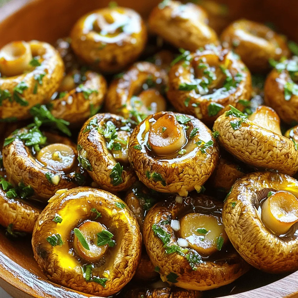Champignons sind die Hauptzutat in diesem Rezept. Sie haben eine zarte Textur und einen milden Geschmack. Ihre Fähigkeit, Aromen gut aufzunehmen, macht sie ideal für das Rösten mit Kräutern. Frische Kräuter sind ebenfalls wichtig. Sie bringen Farbe und Geschmack. Thymian und Rosmarin verleihen den Pilzen eine erdige Note. Frische Kräuter sind besser als getrocknete. Sie bieten mehr Aroma und Nährstoffe. Olivenöl ist ein zentraler Bestandteil des Rezepts. Es hat viele Vorteile. Es ist gesund und verstärkt den Geschmack der Zutaten. Zudem hilft es, die Pilze gleichmäßig zu rösten. Balsamico-Essig spielt eine besondere Rolle. Er fügt eine süß-saure Note hinzu. Das macht die Pilze noch schmackhafter. Wenn Sie den Essig verwenden, achten Sie auf die Menge. Ein Esslöffel reicht oft aus. Frische Petersilie ist die perfekte Garnierung. Sie bringt Farbe auf den Teller. Zudem hat sie einen frischen Geschmack, der die Röstaromen der Pilze ergänzt. Bestreuen Sie die Pilze vor dem Servieren mit der gehackten Petersilie. Dies sorgt für eine ansprechende Optik und einen zusätzlichen Geschmackskick. Zuerst reinigen Sie die Champignons. Entfernen Sie Schmutz mit einem feuchten Tuch. Schneiden Sie die Stiele, wenn nötig, um sie gleichmäßig zu machen. Jetzt hacken Sie den Knoblauch in feine Stücke. Nehmen Sie frische Kräuter wie Thymian und Rosmarin. Waschen Sie sie gut und hacken Sie sie fein. Diese Schritte sind wichtig für den Geschmack. In einer großen Schüssel kombinieren Sie das Olivenöl, den gehackten Knoblauch und die Kräuter. Fügen Sie Meersalz und schwarzen Pfeffer hinzu. Wenn Sie möchten, geben Sie auch Balsamico-Essig dazu. Mischen Sie alles gut. Achten Sie darauf, dass die Kräutermischung nicht zu dick oder zu dünn ist. Sie soll die Pilze gut umhüllen. Das sorgt für einen gleichmäßigen Geschmack. Heizen Sie Ihren Ofen auf 200°C vor. Verteilen Sie die Pilze auf einem Backblech. Achten Sie darauf, dass sie nicht übereinander liegen. Rösten Sie die Pilze für 20 bis 25 Minuten. Schütteln Sie das Blech nach 10 Minuten. So bräunen die Pilze gleichmäßig. Sie sind fertig, wenn sie zart sind. Nach dem Rösten garnieren Sie die Pilze mit frischer Petersilie. Genießen Sie diese köstlichen Knoblauch-Kräuter-Pilze! Für das vollständige Rezept, schauen Sie sich bitte die Full Recipe an. Bei der Auswahl der Pilze für geröstete Knoblauch-Kräuter-Pilze sind frische Champignons die beste Wahl. Sie haben einen zarten Geschmack und eine feste Textur. - Beliebte Sorten für das Rezept: - Champignons - Shiitake - Austernpilze Frische Pilze haben einen frischen, erdigen Duft. Achten Sie darauf, dass sie nicht trocken oder matschig sind. Vakuumierte Pilze sind oft weniger geschmackvoll. Sie können sie verwenden, aber frische sind immer besser. Um den Geschmack zu verbessern, experimentieren Sie mit zusätzlichen Gewürzen. - Fügen Sie zum Beispiel Paprika oder Chili hinzu, um etwas Schärfe zu bekommen. - Sie können auch mit anderen Kräutern wie Basilikum oder Oregano arbeiten. Das Wichtigste ist, die Balance zu finden. Zu viele Gewürze können den Pilzgeschmack überdecken. Beginnen Sie mit kleinen Mengen und passen Sie nach Ihrem Geschmack an. Ein häufiger Fehler ist, das Backblech zu überladen. Wenn die Pilze zu eng liegen, garen sie nicht gleichmäßig. - Legen Sie die Pilze in einer einzigen Schicht auf das Blech. Achten Sie auch auf die Garzeiten. - Zu hohe Temperaturen können die Pilze austrocknen. - Zu niedrige Temperaturen lassen sie matschig werden. Rösten Sie die Pilze bei 200°C für 20-25 Minuten. Schütteln Sie das Blech zur Hälfte der Garzeit, damit sie gleichmäßig bräunen. {{image_4}} Du kannst das Olivenöl in diesem Rezept durch ein anderes pflanzliches Öl ersetzen. Sonnenblumen- oder Rapsöl funktioniert gut. Du kannst auch etwas Avocadoöl verwenden. Diese Öle bringen einen eigenen Geschmack, der die Pilze ergänzt. Wenn du nach einer veganen Option suchst, achte darauf, dass alle Zutaten pflanzlich sind. Eine tolle Idee ist, die gerösteten Pilze mit anderen Gemüsesorten zu kombinieren. Karotten, Zucchini oder Paprika können einen schönen Farbkontrast bringen. Diese Mischung gibt deinen Pilzen mehr Textur und Geschmack. Schneide das Gemüse in gleichmäßige Stücke, damit alles gleichmäßig gart. Geröstete Knoblauch-Kräuter-Pilze passen gut zu vielen Beilagen. Serviere sie mit einem frischen Salat oder knusprigem Brot. Du kannst auch Reis oder Quinoa dazu reichen. Diese Beilagen machen die Mahlzeit sättigender. Für festliche Anlässe sind Dips eine tolle Ergänzung. Ein einfacher Joghurt-Dip mit frischen Kräutern passt gut dazu. Du kannst auch einen pikanten Hummus anbieten. Diese Dips bringen Abwechslung und machen das Essen noch schmackhafter. Um mehr Geschmack hinzuzufügen, kannst du Parmesan über die Pilze streuen, bevor du sie röstest. Der Käse schmilzt und gibt den Pilzen eine köstliche Kruste. Für eine nussige Note füge geröstete Nüsse hinzu. Walnüsse oder Pinienkerne harmonieren perfekt mit den Pilzen. Eine kreative Idee ist, die gerösteten Pilze in eine Pasta zu verwandeln. Mische die Pilze mit gekochter Pasta, etwas Olivenöl und frischen Kräutern. Diese Kombination ist einfach und sehr lecker. Du kannst auch etwas Zitronensaft für Frische hinzufügen. Für das vollständige Rezept, schau dir bitte [Full Recipe] an. Um die gerösteten Knoblauch-Kräuter-Pilze gut zu lagern, lassen Sie sie zuerst abkühlen. Legen Sie die Pilze dann in einen luftdichten Behälter. So bleiben sie frisch. Ich empfehle, die Pilze innerhalb von drei Tagen zu essen. Dann schmecken sie am besten. Für die Kühlschranklagerung sollten Sie die Pilze in den kältesten Teil des Kühlschranks stellen. Achten Sie darauf, dass der Behälter gut verschlossen ist. So vermeiden Sie, dass die Pilze andere Gerüche aufnehmen. Um die Pilze wieder zu genießen, nutzen Sie eine Pfanne. Erwärmen Sie sie bei mittlerer Hitze. Fügen Sie einen kleinen Schuss Olivenöl hinzu. So bleiben sie saftig und lecker. Vermeiden Sie es, die Pilze zu lange zu kochen. Wenn Sie sie überkochen, verlieren sie ihre zarte Textur. Erwärmen Sie sie nur, bis sie heiß sind. Die Haltbarkeit der gerösteten Pilze beträgt etwa drei Tage im Kühlschrank. Achten Sie darauf, sie gut zu verschließen. Erkennen Sie schlechte Reste? Schauen Sie nach einem unangenehmen Geruch oder einer matschigen Textur. Wenn die Pilze so aussehen oder riechen, werfen Sie sie weg. Es ist besser, auf Nummer sicher zu gehen. Die Zubereitung dauert insgesamt etwa 35 Minuten. Zerlegen wir das in zwei Teile. Die Vorbereitung dauert 10 Minuten. In dieser Zeit reinigen Sie die Champignons und schneiden den Knoblauch. Danach rösten die Pilze für 20 bis 25 Minuten im Ofen. Achten Sie darauf, das Blech während des Röstens zu schütteln. So bräunen die Pilze gleichmäßig. Ja, gefrorene Pilze sind eine Option. Sie haben jedoch Vor- und Nachteile. Gefrorene Pilze sind oft praktisch und kosten weniger. Sie haben auch eine längere Haltbarkeit. Der Nachteil ist, dass ihre Textur nach dem Auftauen anders ist. Sie können matschiger sein und weniger Geschmack haben. Wenn Sie gefrorene Pilze verwenden, tauen Sie sie zuerst auf und tupfen Sie sie trocken. So verbessern Sie die Konsistenz. Geröstete Pilze passen gut zu vielen Beilagen. Hier sind einige Empfehlungen: - *Pasta:* Servieren Sie sie mit frischer Pasta. - *Reis:* Ein würziger Reis ist eine tolle Wahl. - *Salate:* Geben Sie die Pilze in einen grünen Salat. - *Brot:* Knuspriges Brot ergänzt die Aromen. - *Fleisch:* Sie passen gut zu gegrilltem Hähnchen oder Rind. Sie können auch verschiedene Saucen ausprobieren. Eine einfache Knoblauchsoße bringt den Geschmack noch mehr zur Geltung. Zusammenfassend haben wir die Zutaten, die Zubereitung und die besten Tipps für geröstete Knoblauch-Kräuter-Pilze behandelt. Frische Champignons und Kräuter sind der Schlüssel. Olivenöl und Balsamico verleihen besonderen Geschmack. Experimentiere mit Gewürzen und vermeide häufige Fehler. Du kannst die Pilze leicht variieren oder anpassen. Achte auf die richtige Lagerung, um den Genuss zu verlängern. Geröstete Pilze sind vielseitig und lecker. Jetzt liegt es an dir, die perfekte Portion zu kreieren!