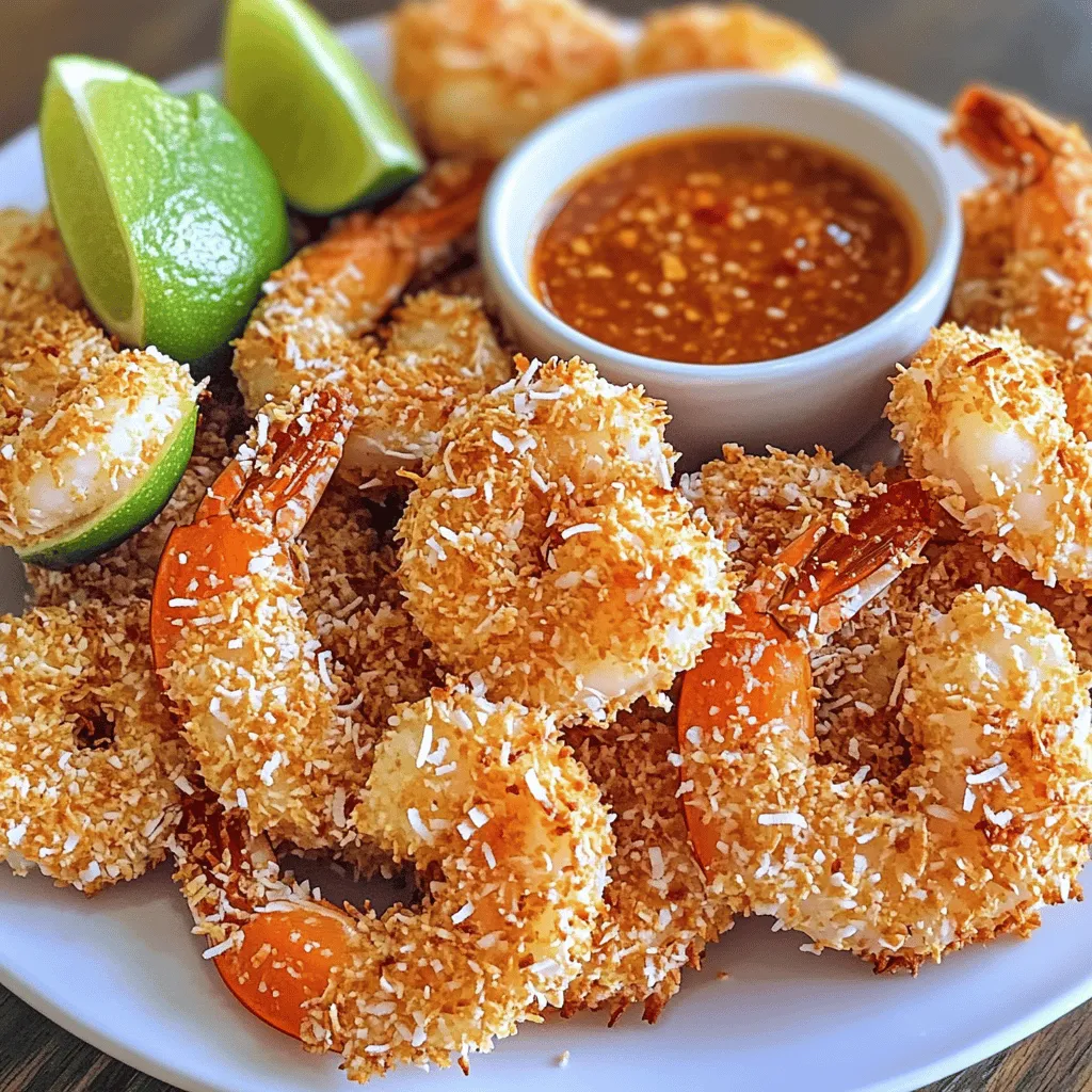 Für die perfekten Air Fryer Kokosgarnelen braucht man folgende Hauptzutaten: - 450 g große Garnelen, geschält und entdarmt - 240 ml ungesüßte Kokosraspeln - 240 ml Panko-Semmelbrösel - 65 g Allzweckmehl - 2 große Eier, verquirlt Die Gewürze machen das Gericht besonders. Hier sind die nötigen Gewürze: - 1 Teelöffel Knoblauchpulver - 1 Teelöffel Zwiebelpulver - 1/2 Teelöffel Paprika - Salz und Pfeffer nach Geschmack Zusätzlich benötigst du Kochspray zum Frittieren. Für die Zubereitung ist die Portionierung wichtig. Du kannst diese Garnelen für vier Personen machen. Bereite die Zutaten vor: 1. Mische die Mehlmischung in einer flachen Schüssel. 2. Verquirle die Eier in einer zweiten Schüssel. 3. Mische die Kokosraspeln und Panko in der dritten Schüssel. Diese einfache Vorbereitung macht den Kochprozess schnell und leicht. Du kannst die Garnelen direkt nach dem Panieren frittieren. Für mehr Details schau dir das Full Recipe an. Zuerst nehmen wir die großen Garnelen. Sie sollten geschält und entdarmt sein. Spülen Sie sie unter kaltem Wasser ab. Legen Sie die Garnelen in eine Schüssel und trocknen Sie sie mit einem Küchentuch. Trockene Garnelen nehmen die Panade besser auf. Nun kommen wir zur Panade. In einer flachen Schüssel mischen Sie das Allzweckmehl, Knoblauchpulver, Zwiebelpulver, Paprika, Salz und Pfeffer. In einer anderen Schüssel verquirlen Sie die Eier. In einer dritten Schüssel kommen die Kokosraspeln und Panko-Semmelbrösel. Mischen Sie diese gut. Heizen Sie den Airfryer auf 200 °C vor. Sprayen Sie den Korb leicht mit Kochspray. Wälzen Sie jede Garnele zuerst im Mehl, dann in den Eiern und schließlich in der Kokosmischung. Legen Sie die Garnelen in einer einzigen Schicht in den Korb. Frittieren Sie sie 7 bis 10 Minuten. Wenden Sie sie zur Hälfte, damit sie gleichmäßig bräunen. Nach dem Frittieren legen Sie die Garnelen auf Küchenpapier, um das überschüssige Öl zu entfernen. Für die vollständige Rezeptur, schauen Sie sich das Rezept für Crispy Air Fryer Coconut Shrimp an. Ein häufiger Fehler ist das Überfüllen des Airfryers. Wenn die Garnelen zu nah beieinander liegen, bekommen sie nicht die nötige Luftzirkulation. Das führt zu ungleichmäßigem Garen. Achte darauf, die Garnelen in einer einzigen Schicht zu platzieren. Ein anderer Fehler ist die falsche Panade. Verwende frische Kokosraspeln und Panko-Semmelbrösel. Diese geben den Garnelen die beste Textur. Wenn die Panade nicht gut haftet, drücke die Garnelen leicht an, bevor du sie frittierst. Die optimale Temperatur für knusprige Kokosgarnelen beträgt 200 °C. Gare sie für 7-10 Minuten. Die genaue Zeit hängt von der Größe der Garnelen ab. Wende die Garnelen nach der Hälfte der Zeit, um eine gleichmäßige Bräunung zu erreichen. Überprüfe die Garnelen gegen Ende der Garzeit. Sie sollten goldbraun und knusprig sein. Wenn du unsicher bist, nutze ein Küchenthermometer. Die Innentemperatur sollte mindestens 65 °C betragen. Wähle ein hochwertiges Kochspray ohne Zusatzstoffe. Es hilft, die Garnelen schön knusprig zu machen. Verwende Panko-Semmelbrösel. Diese sind grob und sorgen für eine tolle Textur. Du kannst auch andere Panaden ausprobieren. Maismehl oder gemahlene Mandeln sind gute Alternativen. Achte jedoch darauf, dass sie gut mit den Kokosraspeln harmonieren. Für einen zusätzlichen Geschmack kannst du auch etwas Gewürz in die Panade mischen, wie Knoblauchpulver oder Paprika. {{image_4}} Wenn du auf Gluten verzichten musst, gibt es einfache Lösungen für die Panade. Du kannst statt Panko-Semmelbröseln glutenfreie Paniermehl verwenden. Achte darauf, dass alle anderen Zutaten ebenfalls glutenfrei sind. Es gibt tolle Alternativen, wie gemahlene Mandeln oder Kokosmehl. Diese Optionen geben den Garnelen auch einen besonderen Geschmack. Du kannst kreativ mit der Panade umgehen. Mische Kokosraspeln mit Parmesan für einen herzhaften Twist. Eine andere Möglichkeit ist, die Kokosraspeln mit Gewürzen zu kombinieren. Beispielsweise Paprika, Kreuzkümmel oder Curry. Diese Kombination bringt neue Aromen in dein Gericht und macht es noch spannender. Dips sind wichtig, um die Garnelen noch besser zu genießen. Eine süße Chili-Sauce passt hervorragend. Wenn du etwas Frisches möchtest, probiere eine Limetten-Koriander-Sauce. Auch eine einfache Knoblauch-Mayonnaise ist lecker. Du kannst auch eine Mango-Salsa machen, die fruchtig und schmackhaft ist. Experimentiere mit verschiedenen Kombinationen, um deinen perfekten Dip zu finden. Wenn du Reste von den Kokosgarnelen hast, bewahre sie in einem luftdichten Behälter auf. Stelle sicher, dass sie vollständig abgekühlt sind, bevor du sie lagerst. So bleiben sie frisch. Du kannst sie im Kühlschrank für bis zu zwei Tage aufbewahren. Um die Garnelen aufzuwärmen, benutze den Airfryer. Stelle ihn auf 180 °C ein und erwärme die Garnelen für etwa 4 bis 5 Minuten. So bleiben sie knusprig. Du kannst auch eine Pfanne verwenden. Erhitze sie bei mittlerer Hitze für 3 bis 4 Minuten. Achte darauf, die Garnelen nicht zu lange zu erhitzen, sonst werden sie zäh. Wenn du die Garnelen länger aufbewahren möchtest, kannst du sie einfrieren. Lege die abgekühlten Garnelen in einen gefrierfesten Beutel. Entferne so viel Luft wie möglich, um Gefrierbrand zu vermeiden. Die Garnelen halten sich im Gefrierschrank bis zu 2 Monate. Zum Auftauen lege sie einfach über Nacht in den Kühlschrank. Um die besten Kokosgarnelen zu machen, folge meinem Rezept. Achte darauf, frische Garnelen zu verwenden. Wähle große Garnelen für mehr Biss. Halte die Panade einfach: Mehl, Eier und eine Mischung aus Kokos und Panko. Ein wichtiger Schritt ist das Vorheizen des Airfryers auf 200 °C. So werden die Garnelen gleichmäßig knusprig. Wende die Garnelen während des Frittierens für eine gleichmäßige Bräunung. Ja, du kannst auch andere Meeresfrüchte verwenden. Tintenfischringe oder Fischfilets sind tolle Alternativen. Die Zubereitung bleibt ähnlich, aber die Garzeit kann variieren. Achte darauf, dass die anderen Meeresfrüchte gut mariniert sind, um den Geschmack zu verbessern. Experimentiere ruhig mit verschiedenen Meeresfrüchten, um neue Aromen zu entdecken. Die Garnelen sind frisch zubereitet am besten. Du kannst sie im Kühlschrank für bis zu zwei Tage aufbewahren. Achte darauf, sie in einem luftdichten Behälter zu lagern. Wenn du sie länger aufbewahren möchtest, friere sie ein. Gefrorene Garnelen bleiben bis zu drei Monate gut. Zum Aufwärmen, nutze den Airfryer bei 180 °C für etwa fünf Minuten. So werden sie wieder knusprig. Egal, ob du die Garnelen frisch zubereitest oder Reste aufwärmst, sie bleiben lecker und saftig. Probiere das Rezept und genieße die knusprigen Kokosgarnelen! Wir haben die besten Tipps für Air Fryer Kokosgarnelen besprochen. Von den Zutaten über die Schritt-für-Schritt-Anleitung bis zu hilfreichen Tipps und Variationen. Achte darauf, gute Zutaten zu wählen und die Garnelen richtig vorzubereiten. Denke daran, dass der Air Fryer eine gesunde Option bietet. Mit den richtigen Tricks gelingt dir das perfekte Gericht. Experimentiere mit verschiedenen Dips und Panaden. So wird jede Partie einzigartig. Probiere es aus und genieße deine selbstgemachten Kokosgarnelen!