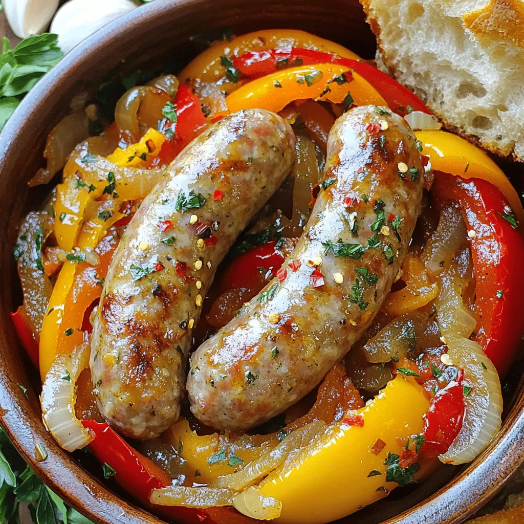 - 4 süße italienische Wurstwaren (oder scharf, nach Vorliebe) - 2 Esslöffel Olivenöl - 1 große Zwiebel, in Scheiben geschnitten - 2 Paprika (rot und gelb), in Streifen geschnitten - 3 Knoblauchzehen, fein gehackt - 1 Teelöffel getrockneter Oregano - 1 Teelöffel getrocknetes Basilikum - 1 Teelöffel rote Pfefferflocken (optional) - Salz und Pfeffer nach Geschmack - 1/4 Tasse Hühnerbrühe (oder Gemüsebrühe) - Frische Petersilie, gehackt - Krustiges italienisches Brot Ich liebe es, mit frischen Zutaten zu kochen. Diese Zutaten sind einfach, aber sie bringen viel Geschmack. Die italienische Wurst ist der Star dieses Gerichts. Sie gibt dem Gericht Kraft und Aroma. Du kannst süße oder scharfe Wurst verwenden, je nach deinem Geschmack. Olivenöl ist wichtig, um die Würste und das Gemüse anzubraten. Es gibt dem Gericht einen schönen, reichen Geschmack. Zwiebeln und Paprika fügen Süße und Farbe hinzu. Sie machen das Gericht lebendig und einladend. Die Gewürze sind der Schlüssel zu einem tollen Geschmack. Knoblauch bringt einen starken, köstlichen Geschmack. Oregano und Basilikum sind klassische italienische Kräuter. Sie erwecken Erinnerungen an Italien. Rote Pfefferflocken sind optional, aber sie geben einen kleinen Kick, wenn du es magst. Die Hühnerbrühe macht alles saftig. Sie hilft dabei, alle Aromen zu kombinieren. Am Ende garnierst du das Gericht mit frischer Petersilie. Sie sieht nicht nur schön aus, sondern schmeckt auch frisch. Vergiss nicht das krustige italienische Brot dazu! Es ist perfekt, um die köstliche Sauce aufzutunken. Dieses Gericht ist einfach und macht viel Freude. Du kannst das ganze Rezept in der [Full Recipe] finden. - Zutaten vorbereiten und schneiden: Beginnen Sie mit der Zwiebel und den Paprika. Schneiden Sie die Zwiebel in Scheiben. Schneiden Sie die Paprika in Streifen. - Pfanne und Utensilien bereitstellen: Nehmen Sie eine große Pfanne und stellen Sie sie auf den Herd. Halten Sie einen Holzlöffel bereit. - Olivenöl erhitzen: Geben Sie 2 Esslöffel Olivenöl in die Pfanne. Erhitzen Sie das Öl bei mittlerer Hitze. - Wurst rundum anbraten und beiseite stellen: Fügen Sie 4 Wurstwaren hinzu. Braten Sie sie 5-7 Minuten an, bis sie braun sind. Nehmen Sie die Wurst aus der Pfanne und stellen Sie sie beiseite. - Zwiebeln und Paprika anbraten: Geben Sie die geschnittenen Zwiebeln und Paprika in die Pfanne. Braten Sie das Gemüse 5 Minuten lang an. - Knoblauch und Gewürze hinzufügen: Fügen Sie 3 gehackte Knoblauchzehen, 1 Teelöffel Oregano, 1 Teelöffel Basilikum und rote Pfefferflocken hinzu. Braten Sie alles 1-2 Minuten weiter. - Hühnerbrühe einrühren: Gießen Sie 1/4 Tasse Hühnerbrühe in die Pfanne. Rühren Sie um, um den Boden zu lösen. - Wurst zurück in die Pfanne geben und abdecken: Legen Sie die Wurst zurück in die Pfanne. Decken Sie die Pfanne ab und lassen Sie alles 15 Minuten köcheln. - Gericht abschmecken und garnieren: Kosten Sie das Gericht und fügen Sie nach Geschmack Salz und Pfeffer hinzu. - Mit italienischem Brot servieren: Servieren Sie das Gericht in Schüsseln. Garnieren Sie es mit frischer Petersilie. Reichen Sie krustiges italienisches Brot dazu. Die Wahl der Wurst ist wichtig. Wählen Sie frische, hochwertige italienische Wurst. Achten Sie auf die Zutatenliste. Vermeiden Sie Wurst mit vielen Zusatzstoffen. Eine gute Wurst hat einen vollen Geschmack und bleibt saftig. Um die Wurst richtig zu braten, erhitzen Sie das Olivenöl in einer großen Pfanne. Braten Sie die Wurst bei mittlerer Hitze an. Drehen Sie die Wurst regelmäßig, damit sie gleichmäßig bräunt. Nach etwa 5-7 Minuten sollte sie schön goldbraun sein. Nehmen Sie die Wurst heraus und lassen Sie sie ruhen. Sie können das Gemüse ganz nach Ihrem Geschmack anpassen. Probieren Sie Zucchini, Auberginen oder Champignons dazu. Diese Gemüsesorten bringen auch neue Aromen. Schneiden Sie das Gemüse in gleich große Stücke, damit es gleichmäßig gart. Die besten Methoden zur Zubereitung sind braten oder grillen. Braten Sie das Gemüse in der gleichen Pfanne, in der Sie die Wurst zubereitet haben. So nehmen sie den Geschmack auf. Achten Sie darauf, das Gemüse nicht zu lange zu braten, damit es knackig bleibt. Variieren Sie die Gewürze und Kräuter für mehr Geschmack. Neben Oregano und Basilikum können Sie auch Thymian oder Rosmarin verwenden. Diese Kräuter passen gut zu Wurst und Paprika. Wenn Sie mehr Schärfe wünschen, fügen Sie rote Pfefferflocken hinzu. Auch frischer Chili kann eine gute Wahl sein. Beginnen Sie mit einer kleinen Menge und kosten Sie. So finden Sie die perfekte Schärfe für Ihr Gericht. Für das vollständige Rezept besuchen Sie bitte den [Full Recipe]. {{image_4}} Ich liebe es, mit verschiedenen Würsten zu experimentieren. Sie können Hühner- oder Putenwurst verwenden, wenn Sie eine leichtere Option suchen. Diese Varianten bleiben saftig und verringern die Kalorien. Wenn Sie vegan leben, gibt es tolle Alternativen. Einige Marken bieten pflanzliche Würste an, die gut gewürzt sind. Diese schmecken fast wie die echten Würste und passen gut in das Gericht. Saisonales Gemüse bringt frische Aromen. Probieren Sie Zucchini, Auberginen oder sogar Spargel. Diese Gemüsesorten verleihen dem Gericht eine neue Note. Auch andere Paprikasorten wie grüne oder orange Paprika können Sie verwenden. Jede Farbe hat ihren eigenen Geschmack und ihre eigene Süße. Mischen Sie verschiedene Sorten für mehr Vielfalt. Es gibt viele tolle Beilagen, die gut zu diesem Gericht passen. Ein einfacher Salat mit frischen Zutaten ist leicht und lecker. Auch Pasta oder Reis sind gute Optionen. Servieren Sie das Gericht mit verschiedenen Brotsorten. Ein knuspriges italienisches Brot ist perfekt zum Dippen. Es nimmt die köstliche Sauce gut auf und macht das Essen noch besser. Um Reste richtig zu lagern, lasse das Gericht zuerst abkühlen. Danach fülle die Reste in einen luftdichten Behälter. So bleiben die Aromen frisch. Du kannst das Gericht bis zu drei Tage im Kühlschrank aufbewahren. Wenn du die Reste länger halten möchtest, friere sie ein. Achte darauf, das Gericht gut abzudecken, um Gefrierbrand zu vermeiden. Zum Wiederaufwärmen empfehle ich, die Reste in einer Pfanne bei mittlerer Hitze zu erhitzen. Du kannst auch die Mikrowelle verwenden, aber achte darauf, das Gericht in kurzen Intervallen zu erhitzen. Füge etwas Brühe oder Wasser hinzu, um das Austrocknen zu vermeiden. Decke die Pfanne oder die Schüssel ab, um die Feuchtigkeit zu halten. Die Reste sind im Kühlschrank etwa drei Tage haltbar. Im Gefrierfach bleiben sie bis zu drei Monate gut. Achte auf Warnzeichen wie einen unangenehmen Geruch oder Verfärbungen. Wenn du unsicher bist, schmecke einen kleinen Bissen. Sicherheit ist wichtig, also im Zweifelsfall lieber wegwerfen. - Welche Beilagen passen am besten zu diesem Gericht? Die besten Beilagen sind: - Krustiges italienisches Brot - Reis oder Polenta - Frischer grüner Salat - Pasta mit leichter Sauce Diese Beilagen ergänzen die Wurst und Paprika perfekt. Brot hilft, die köstlichen Säfte aufzusaugen. Reis oder Polenta bieten eine zarte Basis für das Gericht. Ein frischer Salat bringt eine knackige Textur. Pasta mit einer leichten Sauce kann das Gericht abrunden. - Tipps zur Zubereitung von Wurst im Voraus Ja, du kannst die Wurst im Voraus zubereiten. Hier sind einige Tipps: - Brate die Wurst wie im Rezept. - Lass sie abkühlen, bevor du sie lagerst. - Bewahre sie in einem luftdichten Behälter im Kühlschrank auf. - Du kannst die Wurst bis zu drei Tage vor dem Servieren zubereiten. Wenn du bereit bist zu essen, erwärmst du die Wurst einfach in einer Pfanne. Das hilft, die Aromen frisch zu halten. - Nährstoffinformationen und mögliche gesundheitliche Aspekte Italienische Wurst und Paprika bieten einige gesundheitliche Vorteile: - Wurst enthält Protein, das gut für Muskeln ist. - Paprika ist reich an Vitaminen, besonders Vitamin C. - Das Gericht enthält gesunde Fette aus dem Olivenöl. Diese Kombination sorgt für eine nahrhafte Mahlzeit. Achte darauf, die Wurst in Maßen zu genießen. - Tipps zur Geschmacksteigerung und Varianten Um das Gericht schmackhafter zu machen, probiere diese Tipps: - Füge frische Kräuter wie Basilikum oder Thymian hinzu. - Verwende verschiedene Paprikasorten für mehr Farbe. - Experimentiere mit den Gewürzen, wie Kreuzkümmel oder Paprika. Diese kleinen Änderungen können große Unterschiede im Geschmack machen. Lass deiner Kreativität freien Lauf! Für das vollständige Rezept schau dir bitte die [Full Recipe] an. In dieser Anleitung haben wir die Zutaten für ein schmackhaftes Gericht besprochen. Wir haben die Zubereitungsschritte detailliert erklärt und nützliche Tipps gegeben. Mit den richtigen Gewürzen und frischem Gemüse wird Ihr Essen zum Genuss. Variationen ermöglichen, das Gericht an persönliche Vorlieben anzupassen. Reste können Sie einfach lagern und wieder aufwärmen. Nutzen Sie diese Informationen, um Ihre Kochkünste zu verbessern und Freude am Essen zu haben. Sie werden begeistert sein von den Aromen und der Vielfalt!
